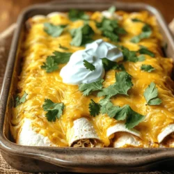 Um die besten Hähnchen-Enchiladas zu machen, brauchen wir einige wichtige Zutaten. Hier sind die Mengen, die du benötigst: - 2 Tassen gekochtes, zerrissenes Hähnchen - 1 Tasse Enchilada-Sauce (fertig gekauft oder selbstgemacht) - 1 Tasse geriebener Cheddar-Käse - 1 Teelöffel gemahlener Kreuzkümmel - 1 Teelöffel Knoblauchpulver - 1 Teelöffel Zwiebelpulver - 1 kleine Zwiebel, fein gehackt - 1 Esslöffel Olivenöl - 8 kleine Tortillas aus Mais oder Weizen - Frischer Koriander, gehackt (zur Garnitur) - Sauerrahm (zum Servieren) Für die Füllung sind das Hähnchen und die Gewürze wichtig. Du kannst jedes gekochte Hähnchen verwenden. Zerrisse es in kleine Stücke. Dann mische es mit der Enchilada-Sauce. Füge die Gewürze dazu. Der Kreuzkümmel gibt einen tollen Geschmack. Knoblauchpulver und Zwiebelpulver machen die Füllung noch besser. Vergiss nicht, die Zwiebel in der Pfanne zu braten. Diese Mischung macht deine Enchiladas super lecker. Die Garnitur macht das Gericht besonders. Frischer Koriander bringt Frische. Er sieht schön aus und schmeckt gut. Sauerrahm ist auch wichtig. Er ist cremig und kühl. So passt er perfekt zu den heißen Enchiladas. Du kannst auch Avocado oder Limette dazugeben. Diese Zutaten machen dein Gericht noch besser. Für die vollständigen Details zu den Zubereitungsschritten, schau dir das Full Recipe an. Heize deinen Ofen auf 190°C vor. Das ist wichtig, um die Enchiladas gleichmäßig zu backen. Nimm eine Pfanne und gib einen Esslöffel Olivenöl hinein. Erhitze das Öl bei mittlerer Hitze. Füge die fein gehackte Zwiebel hinzu. Brate sie für 3 bis 4 Minuten, bis sie glasig ist. Das gibt einen tollen Geschmack. In einer großen Schüssel mische das zerrissene Hähnchen, die Hälfte der Enchilada-Sauce, gemahlenen Kreuzkümmel, Knoblauchpulver, Zwiebelpulver und die Hälfte des Cheddar-Käses. Rühre alles gut um. Nimm eine Tortilla und lege eine große Menge der Füllung darauf. Rolle die Tortilla fest auf und lege sie mit der Nahtseite nach unten in eine gefettete Auflaufform. Wiederhole diesen Schritt mit allen Tortillas und der Füllung. Nachdem alle Enchiladas in der Form liegen, gieße die restliche Enchilada-Sauce gleichmäßig darüber. Streue den restlichen Cheddar-Käse darüber. Bedecke die Auflaufform mit Aluminiumfolie und backe die Enchiladas 20 Minuten. Entferne dann die Folie und backe sie weitere 10 Minuten, bis der Käse sprudelnd ist. Lass die Enchiladas einige Minuten abkühlen. Garniere sie mit frischem Koriander und serviere sie mit Sauerrahm. Für die genaue Zubereitung schaue dir das [Full Recipe] an. Ein häufiger Fehler ist, die Tortillas nicht zu erwärmen. Kalte Tortillas brechen leicht. Erwärmen Sie sie kurz in der Mikrowelle. Ein anderer Fehler ist, zu viel Füllung zu verwenden. Wenn die Tortillas überfüllt sind, lassen sie sich schwer rollen. Achten Sie darauf, die Füllung gleichmäßig zu verteilen. Vergessen Sie nicht, die Enchiladas vor dem Backen mit Sauce zu bedecken. Ohne Sauce trocknen sie aus. Um einen tollen Tex-Mex-Geschmack zu erzielen, verwenden Sie frische Kräuter. Koriander gibt den Enchiladas einen besonderen Kick. Fügen Sie Limettensaft zur Füllung hinzu. Dies bringt Frische und Tiefe. Experimentieren Sie mit verschiedenen Käsesorten. Pepper Jack Käse sorgt für einen würzigen Biss. Der Einsatz von geräuchertem Paprika kann ebenfalls ein Überraschungselement hinzufügen. Um die Enchiladas noch besser zu machen, können Sie verschiedene Füllungen ausprobieren. Fügen Sie schwarze Bohnen oder Mais hinzu, um mehr Textur zu bieten. Eine scharfe Salsa als Topping bringt zusätzliches Aroma. Servieren Sie sie mit einem cremigen Dip, wie Avocado-Creme. Das Rezept für die Enchiladas ist einfach und macht Spaß. Für die vollständige Anleitung, schauen Sie sich das [Full Recipe] an. {{image_4}} Für eine vegetarische Version der Enchiladas kann man einfach das Hähnchen weglassen. Stattdessen nehme ich schwarze Bohnen, Spinat oder Zucchini. Diese Zutaten fügen viel Geschmack hinzu. Sie sind nahrhaft und lecker. Sie können auch verschiedene Käsesorten verwenden, um mehr Tiefe zu schaffen. Die Füllungen für Enchiladas sind sehr vielseitig. Man kann Rindfleisch, Schweinefleisch oder sogar Meeresfrüchte verwenden. Wenn ich etwas Neues probiere, kombiniere ich oft Zutaten. Zum Beispiel, Hähnchen mit Ananas für eine süßliche Note. Gemüse wie Paprika und Mais geben einen tollen Crunch. Die Möglichkeiten sind endlos. Für glutenfreie Enchiladas kann man Mais-Tortillas verwenden. Diese sind leicht zu finden und sehr schmackhaft. Achte darauf, dass die Enchilada-Sauce ebenfalls glutenfrei ist. Viele Marken haben glutenfreie Optionen. So können alle, auch mit Glutenunverträglichkeit, diese köstlichen Enchiladas genießen. Um Ihre Hähnchen-Enchiladas frisch zu halten, lassen Sie sie zuerst abkühlen. Packen Sie die Enchiladas in einen luftdichten Behälter. Sie bleiben so bis zu drei Tage im Kühlschrank gut. Achten Sie darauf, die Sauce darauf zu lassen, damit sie nicht austrocknen. Für eine längere Lagerung können Sie die Enchiladas einfrieren. Wickeln Sie sie gut in Frischhaltefolie ein, und legen Sie sie in einen Gefrierbeutel. Sie bleiben bis zu drei Monate frisch. Beschriften Sie den Beutel mit dem Datum, damit Sie wissen, wie lange sie schon eingefroren sind. Zum Wiedererwärmen geben Sie die Enchiladas in eine Auflaufform. Fügen Sie etwas neue Enchilada-Sauce hinzu, um sie feucht zu halten. Decken Sie die Form mit Folie ab und backen Sie sie bei 180°C (350°F) für etwa 20 Minuten. Nehmen Sie die Folie ab und backen Sie sie weitere 10 Minuten, bis sie heiß sind. So bleiben sie lecker und saftig, genau wie frisch zubereitet. Für das vollständige Rezept besuchen Sie den [Full Recipe]. Hähnchen-Enchiladas bleiben im Kühlschrank etwa drei bis vier Tage frisch. Um die beste Qualität zu sichern, bewahren Sie sie in einem luftdichten Behälter auf. Wenn Sie sie länger aufbewahren möchten, frieren Sie die Enchiladas ein. Im Gefrierfach sind sie bis zu drei Monate haltbar. Achten Sie darauf, sie gut einzuwickeln, um Gefrierbrand zu vermeiden. Ja, das ist eine tolle Idee! Sie können die Enchiladas einen Tag im Voraus zubereiten. Bereiten Sie die Füllung vor und füllen Sie die Tortillas. Legen Sie alles in eine Auflaufform, aber backen Sie sie noch nicht. Decken Sie die Form mit Frischhaltefolie ab und stellen Sie sie in den Kühlschrank. Am nächsten Tag backen Sie die Enchiladas einfach, wenn Sie bereit sind, sie zu genießen. Zu Hähnchen-Enchiladas passen viele Beilagen. Hier sind einige Vorschläge: - Reis: Ein würziger mexikanischer Reis ist eine perfekte Ergänzung. - Bohnen: Schwarze Bohnen oder Refried Beans bieten eine schöne Kombination. - Salat: Ein frischer, grüner Salat sorgt für eine gute Balance. - Guacamole: Cremige Guacamole bringt zusätzlichen Geschmack. - Salsa: Frische Salsa erhöht den Genuss der Enchiladas. Für das vollständige Rezept, schauen Sie sich die [Full Recipe] an. In diesem Blogbeitrag habe ich die wesentlichen Zutaten für leckere Enchiladas behandelt. Ich habe Ihnen gezeigt, wie Sie sie zubereiten und garnieren. Außerdem teilte ich Tipps, um Fehler zu vermeiden und den perfekten Geschmack zu erreichen. Denken Sie daran, dass es viele Variationen gibt, die Ihre Enchiladas noch besser machen. Nutzen Sie die Aufbewahrungshinweise, um die Reste frisch zu halten. Mit diesen Informationen sind Sie bereit, köstliche Enchiladas zuzubereiten und zu genießen. Viel Spaß beim Kochen!