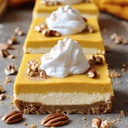 - Graham-Cracker-Brösel: Diese kleinen Brösel geben der Kruste einen tollen Crunch. Sie sind die Basis für den ganzen Riegel. - Frischkäse und Zucker: Diese Zutaten sorgen für die cremige Füllung. Frischkäse macht alles weich und köstlich. - Kürbispüree und Gewürze: Das Kürbispüree bringt den Herbst in jedes Stück. Die Gewürze wie Zimt und Kürbiskuchengewürz machen es besonders aromatisch. - Schlagsahne zum Servieren: Ein Klecks Schlagsahne macht die Riegel noch leckerer und sieht schön aus. - Gehackte Nüsse zur Garnierung: Pekannüsse oder Walnüsse geben einen nussigen Biss und eine schöne Textur. Sie sind eine tolle Ergänzung. Jede Zutat hat ihren eigenen Platz und trägt zu dem Gesamtgeschmack bei. Das Rezept ist einfach und macht Spaß. Wenn du mehr über die Zubereitung erfahren möchtest, schau dir das [Full Recipe] an. Heize zuerst den Ofen auf 175 °C vor. Nimm eine 20 cm quadratische Backform und lege sie mit Backpapier aus. Lass einen Überhang, um die Riegel später leicht herauszunehmen. In einer Schüssel vermische die Graham-Cracker-Brösel, die geschmolzene Butter, den braunen Zucker und den Zimt. Mische alles gut, bis die Textur krümelig ist. Drücke die Mischung gleichmäßig auf den Boden der Backform. Backe die Kruste für 10 Minuten und lasse sie dann abkühlen. In einer großen Schüssel schlage den weichen Frischkäse und den Zucker mit einem Handmixer. Mache das für 2-3 Minuten, bis es glatt und cremig ist. Füge nun das Kürbispüree, die Eier, das Vanilleextrakt, das Kürbiskuchengewürz und das Salz hinzu. Mische alles gut, bis die Füllung schön glatt ist. Gieße die Kürbis-Käsekuchenfüllung auf die abgekühlte Kruste. Verteile sie gleichmäßig. Backe die Riegel für 30-35 Minuten. Die Ränder sollten fest sein, die Mitte leicht wackelig. Nimm die Form aus dem Ofen und lasse sie 10 Minuten bei Raumtemperatur abkühlen. Stelle die Riegel dann in den Kühlschrank. Lass sie mindestens 2 Stunden kühlen, bevor du sie in Quadrate schneidest. Ziehe die Riegel mit dem Überhang des Backpapiers aus der Form. Schneide sie und serviere sie mit Schlagsahne und gehackten Nüssen, wenn du magst. Für das vollständige Rezept schaue bitte hier: [Full Recipe]. Um die perfekte Konsistenz für die Kürbisgewürz Käsekuchen Riegel zu erreichen, ist es wichtig, die Zutaten gut zu mischen. Verwende zimmerwarm Frischkäse. So wird die Masse gleichmäßig und cremig. Wenn der Frischkäse kalt ist, kann die Mischung klumpig werden. Achte darauf, das Kürbispüree gut abzutropfen, falls es zu feucht ist. Ein zu feuchter Teig kann die Riegel matschig machen. Die Präsentation macht viel aus. Schneide die Riegel gleichmäßig, um ein schönes Bild zu schaffen. Lege sie auf einen großen Teller oder ein Tablett. Für die Dekoration kannst du Schlagsahne darauf spritzen. Gehackte Pekannüsse oder Walnüsse geben einen tollen Crunch und sehen schön aus. Du kannst auch Karamellsauce oder Schokoladensauce darüber träufeln. Das bringt eine neue Geschmacksebene und sieht toll aus. Die Riegel lassen sich leicht anpassen. Du kannst die Gewürze ändern oder sogar Schokoladenstückchen hinzufügen. So bleibt das Rezept spannend und frisch. {{image_4}} Man kann die Kürbisgewürz Käsekuchen Riegel ganz einfach anpassen. Füge alternative Gewürze hinzu, um neue Aromen zu entdecken. Muskatnuss ergänzt den Zimt gut. Eine Prise Ingwer bringt frischen Schwung. Wenn du es schokoladig magst, mische Kakaopulver in die Füllung. Für die Saison kannst du andere Kürbisarten verwenden. Süßkartoffeln sind eine tolle Option. Sie geben einen anderen Geschmack und sind ebenfalls lecker. Probiere auch andere Fruchtpürees. Apfel- oder Birnenpüree macht die Riegel fruchtiger. Wenn du glutenfrei kochen möchtest, gibt es tolle Alternativen. Verwende glutenfreie Graham-Cracker. Diese gibt es in vielen Supermärkten. Sie schmecken fast wie die klassischen. Achte darauf, dass alle anderen Zutaten ebenfalls glutenfrei sind. Das gilt besonders für die Gewürze. Um die Riegel perfekt zu machen, folge den gleichen Schritten wie in der Full Recipe. Halte die Mischung gut zusammen. So bleiben die Riegel stabil und lecker. Um die Kürbisgewürz Käsekuchen Riegel frisch zu halten, bewahre sie im Kühlschrank auf. Lege die Riegel in einen luftdichten Behälter. So bleiben sie bis zu fünf Tage lecker. Wenn du die Riegel länger aufbewahren möchtest, kannst du sie einfrieren. Wickele jeden Riegel in Frischhaltefolie und lege sie in einen Gefrierbeutel. Diese Methode hält die Riegel bis zu drei Monate frisch. Falls du Reste hast, sei kreativ! Du kannst die Riegel in Stücke schneiden und sie als Topping für Eis verwenden. Sie passen auch gut in einen Schichtdessert mit Joghurt und Früchten. Ein weiteres Rezept wäre ein Kürbisgewürz-Trifle. Schichte die Riegel mit Schlagsahne und Karamell. Das bringt neuen Geschmack und macht die Reste spannend! Kürbisgewürz Käsekuchen Riegel sind im Kühlschrank gut haltbar. Sie bleiben frisch für etwa 5 bis 7 Tage. Bewahren Sie sie in einem luftdichten Behälter auf. So bleibt die feuchte Textur erhalten. Stellen Sie sicher, dass sie gut abgedeckt sind, um das Austrocknen zu vermeiden. Ja, das Einfrieren dieser Riegel ist eine tolle Option. Wickeln Sie die Riegel fest in Frischhaltefolie ein. Legen Sie sie dann in einen Gefrierbeutel. So bleiben sie bis zu 3 Monate frisch. Zum Auftauen lassen Sie sie einfach im Kühlschrank über Nacht. So behalten sie ihren Geschmack und ihre Konsistenz. Die Riegel schmecken hervorragend mit Schlagsahne. Ein Klecks darauf macht sie noch köstlicher. Gehackte Pekannüsse oder Walnüsse sind auch eine tolle Ergänzung. Sie sorgen für einen schönen Crunch. Servieren Sie die Riegel mit einer Tasse Kaffee oder Tee. Das passt perfekt zu den herbstlichen Aromen. Das Originalrezept ist nicht vegan oder glutenfrei. Aber Anpassungen sind leicht möglich. Für eine vegane Version verwenden Sie pflanzlichen Frischkäse und Eierersatz. Für glutenfreie Riegel nutzen Sie glutenfreie Graham-Cracker. So können viele Menschen die Riegel genießen. Achten Sie darauf, alle Zutaten zu überprüfen, um sicherzustellen, dass sie Ihren Bedürfnissen entsprechen. Kürbisgewürz Käsekuchen Riegel sind einfach zuzubereiten. Wir haben die Hauptzutaten wie Graham-Cracker-Brösel und Frischkäse besprochen. Die Schritt-für-Schritt-Anleitung macht das Backen leicht. Tipps sorgen für die beste Konsistenz und schöne Präsentation. Variationen erlauben es, den Geschmack anzupassen. Die Aufbewahrungshinweise helfen, die Riegel frisch zu halten. Zum Schluss sind diese Riegel eine köstliche Leckerei, die für jeden Anlass geeignet ist. Probier sie aus und beeindrucken deine Freunde!