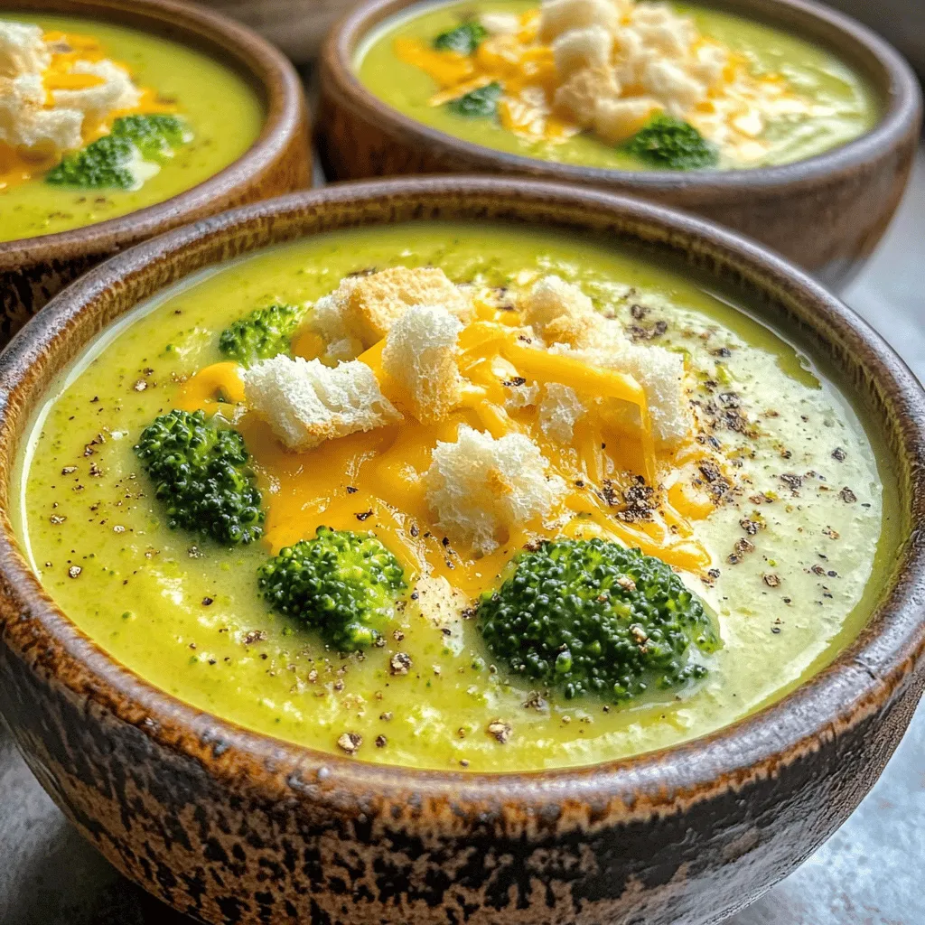 Für die perfekte Brokkoli-Käse-Suppe benötigst du: - 4 Tassen frische Brokkoliröschen - 1 mittelgroße Zwiebel, gehackt - 3 Knoblauchzehen, fein gehackt - 2 Esslöffel Butter - 4 Tassen Gemüsebrühe - 2 Tassen scharfer Cheddar-Käse, gerieben - 1 Tasse Schlagsahne (oder Halb-und-Halb für eine leichtere Variante) Diese Zutaten bilden die Basis deiner Suppe. Der Brokkoli bringt frische Aromen mit, während die Zwiebel und der Knoblauch für einen herzhaften Geschmack sorgen. Die Butter hilft, die Aromen zu verbinden, und die Gemüsebrühe gibt der Suppe Tiefe. Um noch mehr Geschmack hinzuzufügen, kannst du folgende Zutaten verwenden: - 1 Teelöffel Senfpulver - Salz und Pfeffer nach Geschmack - Croutons und extra Käse zum Garnieren Senfpulver gibt der Suppe einen netten Kick. Du kannst die Gewürze ganz nach deinem Geschmack anpassen. Croutons sind eine tolle Ergänzung, um etwas Knusprigkeit zu bieten. Extra Käse als Garnitur macht die Suppe noch reichhaltiger. Für das gesamte Rezept, schau dir die [Full Recipe] an. Zuerst hacken wir die Zwiebel und den Knoblauch. Nehmen Sie eine scharfe Klinge und schneiden Sie die Zwiebel klein. Der Knoblauch sollte auch fein gehackt werden. Diese beiden Zutaten geben der Suppe viel Geschmack. Als Nächstes bereiten wir die Brokkoliröschen vor. Nehmen Sie frischen Brokkoli und schneiden Sie ihn in kleine Stücke. Stellen Sie sicher, dass alle Röschen gleich groß sind. So garen sie gleichmäßig während des Kochens. Jetzt erhitzen wir einen großen Topf und schmelzen die Butter bei mittlerer Hitze. Fügen Sie die gehackte Zwiebel hinzu und braten Sie sie etwa fünf Minuten lang an. Sie sollte glasig werden. Geben Sie den Knoblauch dazu und braten Sie ihn für eine weitere Minute. Er wird dann duften und die Basis der Suppe bilden. Danach fügen wir die vorbereiteten Brokkoliröschen in den Topf. Gießen Sie die Gemüsebrühe darüber. Lassen Sie alles aufkochen. Reduzieren Sie dann die Hitze und lassen Sie es etwa 15 Minuten köcheln. Der Brokkoli sollte weich sein, aber noch schön grün. Jetzt kommt der spaßige Teil! Verwenden Sie einen Pürierstab, um die Suppe zu pürieren. Sie können sie ganz glatt oder mit kleinen Stücken mögen. Wenn Sie keinen Pürierstab haben, gießen Sie die Suppe portionsweise in einen Standmixer. Stellen Sie den Topf wieder auf niedrige Hitze. Fügen Sie die Schlagsahne, den geriebenen Cheddar und das Senfpulver hinzu. Rühren Sie alles gut um. Der Käse schmilzt und macht die Suppe cremig. Schmecken Sie die Suppe zum Schluss mit Salz und Pfeffer ab. Wenn Sie möchten, servieren Sie die Suppe heiß in Schalen. Garnieren Sie sie mit Croutons und extra Käse. Für das vollständige Rezept sehen Sie sich die Vollständige Rezeptanleitung an. Um die richtige Konsistenz für deine Brokkoli-Käse-Suppe zu erreichen, kannst du zwischen einem Pürierstab und einem Standmixer wählen. Der Pürierstab ist praktisch, da du ihn direkt im Topf verwenden kannst. So bleibt die Suppe warm. Der Standmixer kann die Suppe sehr glatt machen, aber du musst sie vorher umfüllen. Die Kochzeit ist auch wichtig. Lass die Suppe etwa 15 Minuten köcheln, bis der Brokkoli weich ist. So erhältst du eine cremige und leckere Basis. Um den Geschmack deiner Suppe zu verbessern, probiere verschiedene Gewürze aus. Senfpulver gibt einen tollen Kick. Du kannst auch etwas Paprika oder Kreuzkümmel hinzufügen. Diese Gewürze verleihen der Suppe Tiefe. Darüber hinaus kannst du mit Käsesorten experimentieren. Während scharfer Cheddar sehr beliebt ist, schmeckt die Suppe auch gut mit Gouda oder Gruyère. Jede Käsesorte bringt ihren eigenen Charakter mit. {{image_4}} Eine leichtere Version der Brokkoli Cheddar Suppe ist mit Halb-und-Halb. Diese Mischung reduziert die Kalorien, ohne den Geschmack zu verlieren. Für etwas mehr Abwechslung kannst du auch andere Gemüsesorten hinzufügen. Zum Beispiel Karotten oder Sellerie. Diese geben der Suppe mehr Farbe und Nährstoffe. Wenn du glutenfrei essen möchtest, ist es wichtig, glutenfreie Brühe zu verwenden. Diese Brühe hat keinen Weizen und passt gut zu der Suppe. Du kannst auch die Croutons auslassen. Das macht die Suppe leichter und hilft, sie glutenfrei zu halten. So kannst du die leckere Brokkoli Cheddar Suppe genießen, ohne dir Sorgen zu machen. Für das Rezept und mehr Details, schau dir das [Full Recipe] an. - Im Kühlschrank lagern: Lassen Sie die Suppe nach dem Kochen abkühlen. Gießen Sie sie dann in einen luftdichten Behälter. Sie bleibt im Kühlschrank bis zu 4 Tage frisch. - Im Gefrierschrank aufbewahren: Für längere Lagerung können Sie die Suppe einfrieren. Verwenden Sie dafür einen gefrierfesten Behälter. So bleibt die Suppe bis zu 3 Monate haltbar. Achten Sie darauf, etwas Platz im Behälter zu lassen, da die Suppe beim Gefrieren expandiert. - Wie lange ist die Suppe haltbar? Die Suppe ist im Kühlschrank bis zu 4 Tage gut. Im Gefrierschrank hält sie bis zu 3 Monate. Achten Sie darauf, sie gut zu verpacken. - Hinweise zur Wiedererwärmung: Zum Wiedererwärmen nehmen Sie die benötigte Menge aus dem Kühlschrank oder Gefrierschrank. Erwärmen Sie die Suppe langsam auf dem Herd. Rühren Sie sie gut um, um eine gleichmäßige Wärme zu gewährleisten. Fügen Sie eventuell etwas Brühe oder Wasser hinzu, wenn sie zu dick wird. Die Zubereitung der Brokkoli-Käse-Suppe dauert insgesamt 30 Minuten. Die Vorbereitungszeit beträgt etwa 15 Minuten. In diesen 15 Minuten schneiden Sie die Zwiebel, den Knoblauch und den Brokkoli. Danach kochen Sie die Suppe für 15 Minuten. Es ist also schnell und einfach! Ja, Sie können die Suppe im Voraus zubereiten. Kochen Sie die Suppe und lassen Sie sie abkühlen. Füllen Sie sie dann in einen Behälter und stellen Sie sie in den Kühlschrank. Sie können die Suppe auch für etwa drei Monate im Gefrierschrank aufbewahren. Zum Aufwärmen geben Sie die kalte Suppe einfach in einen Topf. Erhitzen Sie sie bei mittlerer Hitze und rühren Sie gut um. Ja, diese Suppe ist für Vegetarier geeignet. Verwenden Sie einfach Gemüsebrühe anstelle von Hühnerbrühe. Sie können auch die Schlagsahne gegen eine pflanzliche Alternative austauschen, um die Suppe vegan zu machen. Achten Sie darauf, die Käsewahl zu überprüfen, um sicherzustellen, dass sie vegetarisch ist. Die Brokkoli-Käse-Suppe ist einfach und lecker. Die Hauptzutaten wie Brokkoli, Zwiebel und Käse setzen den Grundstein. Du hast viele Möglichkeiten, den Geschmack anzupassen, zum Beispiel mit Gewürzen oder Garnierungen. In der Schritt-für-Schritt-Anleitung findest du hilfreiche Tipps für die perfekte Konsistenz. Diese Suppe lässt sich gut aufbewahren und bleibt lange frisch. Egal, ob du eine gesunde Variante oder eine glutenfreie Option suchst, diese Suppe passt immer. Probiere es aus und genieße eine warme, wohltuende Portion!