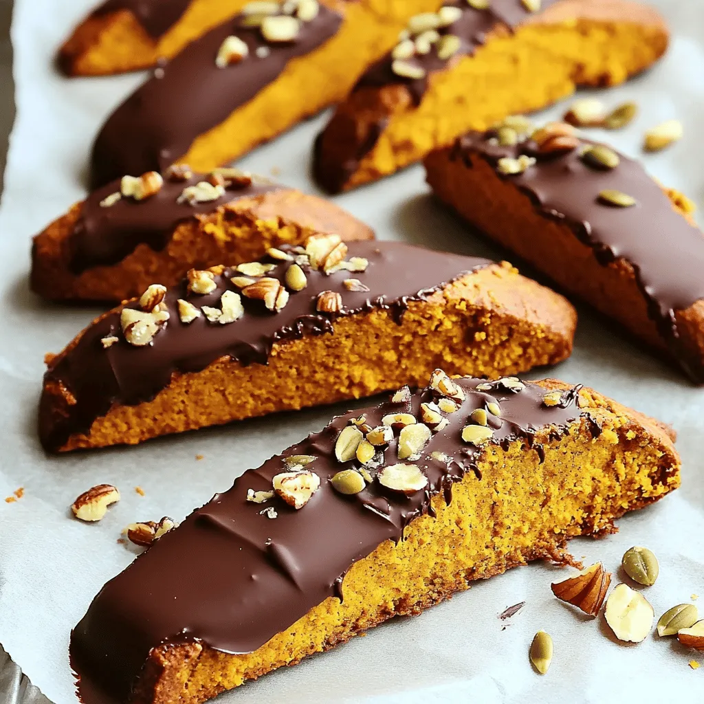 Um leckere schokoladendipierte Kürbis-Biscotti zu machen, brauchst du folgende Zutaten: - 1 Tasse Kürbispüree aus der Dose - 3/4 Tasse Zucker - 1/2 Tasse Pflanzenöl - 2 große Eier - 2 Teelöffel Vanilleextrakt - 2 1/2 Tassen Weizenmehl - 1 Teelöffel Backpulver - 1/2 Teelöffel Natron - 1 Teelöffel gemahlener Zimt - 1/2 Teelöffel gemahlene Muskatnuß - 1/4 Teelöffel gemahlener Ingwer - 1/2 Teelöffel Salz - 1 Tasse halbbitte Schokoladenstückchen - Optional: Gehackte Nüsse oder Kürbiskerne zum Bestreuen Diese Zutaten bringen die besten Aromen zusammen. Die Mischung von Kürbis und Gewürzen macht die Biscotti besonders. Du brauchst ein paar einfache Utensilien, um diese Biscotti zu backen. Hier ist eine Liste: - Große Schüssel - Kleine Schüssel - Backblech - Backpapier - Teigschaber - Gezacktes Messer - Mikrowellengeeignete Schüssel Stelle sicher, dass du alles bereit hast, bevor du anfängst. So bleibt der Prozess einfach und schnell. Manchmal hast du vielleicht nicht alle Zutaten zur Hand. Hier sind einige Alternativen: - Statt Kürbispüree kannst du Süßkartoffelpüree verwenden. - Verwende braunen Zucker anstelle von weißem Zucker für einen reicheren Geschmack. - Du kannst auch Kokosöl anstelle von Pflanzenöl nutzen. - Für eine glutenfreie Option nutze Mandelmehl oder glutenfreies Mehl. Diese Alternativen helfen dir, die Biscotti nach deinem Geschmack zu gestalten. Jeder Biss bleibt lecker! Zuerst heize deinen Ofen auf 175°C vor. Lege ein Backblech mit Backpapier aus. In einer großen Schüssel mischst du das Kürbispüree, Zucker, Pflanzenöl, Eier und Vanilleextrakt. Rühre alles gut, bis die Mischung glatt ist. In einer anderen Schüssel vermenge das Weizenmehl, Backpulver, Natron, Zimt, Muskatnuß, Ingwer und Salz. Füge die trockenen Zutaten nach und nach zur feuchten Mischung hinzu. Rühre vorsichtig, bis alles vermischt ist. Übermische den Teig nicht. Teile den Teig in zwei Hälften. Forme jede Hälfte zu einem Log, etwa 30 cm lang und 8 cm breit. Achte darauf, genug Platz zwischen den Logs zu lassen. Lege die Logs auf das Backblech. Backe die Logs 25-30 Minuten, bis sie goldbraun sind. Lass sie 15 Minuten abkühlen. Schneide die Logs diagonal in 2,5 cm dicke Scheiben. Lege die Schnittseiten nach unten auf das Backblech. Backe sie weitere 15-20 Minuten, bis sie knusprig sind. Lass die Biscotti auf einem Kuchengitter abkühlen. Schmelze in der Zwischenzeit die Schokoladenstückchen in der Mikrowelle. Tauche die Enden der Biscotti in die Schokolade und lasse sie auf Backpapier trocknen. Das ist die Full Recipe für diese köstlichen Leckereien! Ein häufiger Fehler beim Backen von Biscotti ist, den Teig zu lange zu mischen. Dadurch werden die Biscotti zäh. Mische die Zutaten nur, bis sie gerade so verbunden sind. Ein weiterer Fehler ist, die Biscotti nicht dick genug zu schneiden. Sie sollten etwa 2,5 cm dick sein, damit sie gut backen. Wenn du sie zu dünn schneidest, werden sie zu knusprig. Um perfekte Biscotti zu bekommen, achte auf die Backtemperatur. Heize deinen Ofen auf 175°C vor. Backe die Logs zuerst 25 bis 30 Minuten. Lass sie danach abkühlen, bevor du sie schneidest. So bleiben sie stabil und brechen nicht. Das zweite Backen macht sie schön knusprig. Lasse sie während der Abkühlzeit vollständig auf einem Kuchengitter auskühlen. Für den Schokoladendip ist die richtige Schmelztechnik wichtig. Nutze eine mikrowellengeeignete Schüssel und schmelze die Schokolade in 30-Sekunden-Intervallen. Rühre nach jedem Intervall gut um. So wird die Schokolade gleichmäßig geschmolzen und bleibt glatt. Tauche die Biscotti nur zur Hälfte in die Schokolade. Das sieht schön aus und gibt den Biscotti einen tollen Geschmack. Für einen zusätzlichen Crunch kannst du die Biscotti sofort nach dem Dippen mit gehackten Nüssen oder Kürbiskernen bestreuen. Für die vollständige Anleitung und weitere Tipps schaue dir das Full Recipe an. {{image_4}} Es gibt viele Wege, um deine Schokoladendipierten Kürbis-Biscotti noch besser zu machen. Du kannst zum Beispiel Nüsse oder Trockenfrüchte hinzufügen. Walnüsse oder Pekannüsse geben einen tollen Crunch. Trockenfrüchte wie Cranberries bringen eine süße Note. Experimentiere mit verschiedenen Gewürzen. Eine Prise Nelken oder Anis kann neue Geschmäcker schaffen. Falls du glutenfrei backen möchtest, nutze glutenfreies Mehl. Es gibt viele gute Mischungen. Diese ersetzen das Weizenmehl gut. Für eine vegane Version, ersetze die Eier durch Apfelmus oder Leinsamen. Das Kürbispüree sorgt für Feuchtigkeit. Verwende pflanzliche Schokolade für das Dippen. So bleibt dein Rezept tierfrei und lecker. Im Herbst kannst du mit saisonalen Aromen spielen. Füge zum Beispiel Zimt oder Muskatnuss hinzu, um die Herbststimmung zu verstärken. Probiere auch Kürbiskerne als Topping. Sie geben einen schönen Crunch und passen perfekt. Bastle deine Biscotti mit Apfelstücken für einen fruchtigen Twist. Diese Variationen machen die Biscotti einzigartig und passend zur Saison. Um die Schokoladendipierten Kürbis-Biscotti frisch zu halten, lege sie in einen luftdichten Behälter. Dies schützt sie vor Feuchtigkeit und verhindert, dass sie weich werden. Du kannst sie auch in einen Ziploc-Beutel geben. Achte darauf, die Luft gut herauszudrücken, bevor du den Beutel schließt. Im Kühlschrank halten die Biscotti bis zu zwei Wochen. Lege sie in einen Behälter mit Deckel. So bleiben sie knusprig. Wenn du sie länger aufbewahren möchtest, ist das Einfrieren eine gute Option. Um die Biscotti einzufrieren, lasse sie zuerst vollständig abkühlen. Schneide sie in Stücke und lege sie in einen Gefrierbeutel. Beschrifte den Beutel mit dem Datum. So weißt du, wie lange sie schon eingefroren sind. Sie halten bis zu drei Monate im Gefrierfach. Wenn du sie essen möchtest, lasse sie einfach bei Raumtemperatur auftauen. Selbstgemachte Biscotti sind sehr haltbar. Sie bleiben frisch, wenn du sie gut lagerst. In einem luftdichten Behälter halten sie bis zu drei Wochen. Du kannst sie auch einfrieren. So bleiben sie bis zu drei Monate frisch. Achte darauf, sie in einem gefrierfesten Beutel zu verstauen. Ja, du kannst frisches Kürbispüree verwenden. Es gibt einen tollen Geschmack und eine feuchte Textur. Stelle sicher, dass du das Kürbispüree gut abtropfen lässt. Zu viel Feuchtigkeit kann den Teig verändern. Verwende etwa eine Tasse frisches Püree, genau wie im Rezept. Wenn der Teig zu trocken ist, füge etwas mehr Öl oder Wasser hinzu. Mach das schrittweise, damit der Teig nicht zu nass wird. Mische die Zutaten sanft, bis der Teig die richtige Konsistenz hat. Ein feuchter Teig ist besser für die Biscotti. Achte darauf, den Teig nicht zu lange zu kneten, um die Biscotti knusprig zu halten. Die Zubereitung von schokoladendipierten Kürbis-Biscotti ist einfach und macht Spaß. Wir haben die Hauptzutaten und wichtige Utensilien besprochen, um den Teig perfekt zu mischen. Die Schritt-für-Schritt-Anleitung führt dich durch das Backen. Mit Tipps und Tricks vermeidest du häufige Fehler. Du kannst auch Variationen ausprobieren, um neue Aromen zu entdecken. Achte auf die richtige Lagerung, damit die Biscotti frisch bleiben. Probier es selbst aus und genieße die leckeren Ergebnisse!