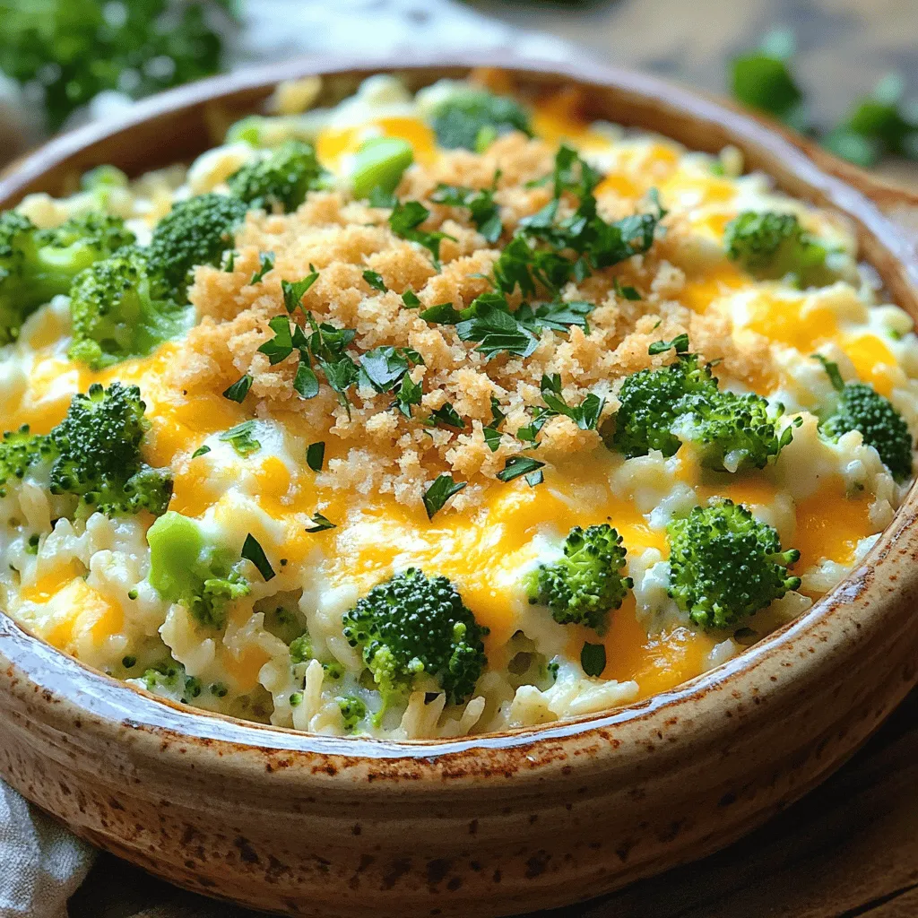 Für diesen leckeren Auflauf brauchen Sie einige Grundzutaten. Hier ist, was Sie benötigen: - 1 Tasse ungekochter Vollkornreis - 2 Tassen Gemüsebrühe - 3 Tassen frische Brokkoliröschen - 1 Tasse scharfer Cheddar-Käse, gerieben - 1 Tasse Frischkäse, weich - 1 Tasse Milch - 1 kleine Zwiebel, fein gehackt - 2 Knoblauchzehen, gehackt Diese Zutaten sorgen für einen tollen Geschmack und die richtige Konsistenz. Vollkornreis ist eine gesunde Basis. Brokkoli bringt Farbe und wichtige Nährstoffe. Käse macht den Auflauf schön cremig. Nun kommen die Gewürze und Extras, die den Auflauf besonders machen: - 1 Teelöffel Zwiebelpulver - 1 Teelöffel Knoblauchpulver - Salz und Pfeffer nach Geschmack - ½ Teelöffel Paprika (für einen rauchigen Geschmack) - 1 Tasse Semmelbrösel (optional, für die Oberseite) - 2 Esslöffel Olivenöl Die Gewürze fügen Tiefe hinzu. Paprika gibt eine schöne Note. Wenn Sie einen Crunch mögen, sind die Semmelbrösel perfekt. Wenn Sie gesündere Optionen möchten, probieren Sie diese: - Ersetzen Sie den Vollkornreis durch Quinoa oder Blumenkohlreis. - Verwenden Sie fettarme Milch und Käse. - Fügen Sie mehr Gemüse wie Spinat oder Karotten hinzu. Diese Alternativen sind lecker und nahrhaft. So bleibt der Auflauf leicht und frisch. Schauen Sie sich das vollständige Rezept an, um alle Schritte zu sehen! Zuerst nehme ich eine Tasse ungekochten Vollkornreis. Ich gebe den Reis in einen mittelgroßen Topf. Dann füge ich zwei Tassen Gemüsebrühe hinzu. Ich bringe das Ganze zum Kochen. Wenn es kocht, reduziere ich die Hitze. Ich decke den Topf ab und lasse den Reis 30 bis 35 Minuten köcheln. Der Reis ist fertig, wenn er zart ist und die Brühe aufgesogen ist. Während der Reis kocht, nehme ich eine Pfanne und erhitze zwei Esslöffel Olivenöl. Ich füge eine fein gehackte kleine Zwiebel und zwei gehackte Knoblauchzehen hinzu. Nach etwa fünf Minuten werden die Zwiebeln durchscheinend und duften gut. Jetzt gebe ich drei Tassen frische Brokkoliröschen in die Pfanne. Ich brate alles noch fünf bis sieben Minuten an. Der Brokkoli bleibt schön grün und wird zart. In einer großen Schüssel mische ich dann die gekochten Reis und die Brokkolimischung. Ich füge einen Becher Frischkäse und einen Becher Milch hinzu. Danach kommt die Hälfte des scharfen Cheddar-Käses, das Zwiebelpulver, das Knoblauchpulver, Paprika, Salz und Pfeffer dazu. Ich rühre alles gut um. Dann gebe ich die Mischung in eine gefettete Auflaufform. Ich streue den restlichen Cheddar-Käse oben drauf. Wenn ich möchte, kann ich auch Semmelbrösel darüber streuen. Jetzt backe ich das Ganze bei 175°C für 25 bis 30 Minuten. Der Käse sollte schmelzen und die Oberseite goldbraun sein. Wenn ich den Auflauf aus dem Ofen nehme, lasse ich ihn kurz abkühlen, bevor ich serviere. Für das vollständige Rezept, siehe [Full Recipe]. Um den perfekten Käsigen Brokkoli-Reis-Auflauf zu machen, achte auf die richtigen Zutaten. Verwende frische Brokkoliröschen für den besten Geschmack und die beste Farbe. Koche den Reis in Gemüsebrühe. Das gibt dem Reis mehr Aroma. Achte darauf, den Auflauf im vorgeheizten Ofen zu backen. Halte die Temperatur bei 175°C. So schmilzt der Käse gleichmäßig und wird goldbraun. Ein häufiger Fehler ist, den Reis nicht vor dem Mischen zu kochen. Das führt zu einem harten Auflauf. Achte auch darauf, die Zwiebeln und den Knoblauch nicht zu lange zu braten. Sie sollen weich, aber nicht braun sein. Wenn du die Semmelbrösel verwendest, achte darauf, sie nicht zu früh hinzuzufügen. Das macht die Oberseite nicht knusprig. Serviere den Auflauf heiß, damit der Käse schön schmilzt. Garniere ihn mit frischer Petersilie oder Schnittlauch. Das sieht toll aus und bringt frische Aromen. Du kannst auch einen einfachen Beilagensalat dazu machen. So hast du eine volle und gesunde Mahlzeit. Für das beste Ergebnis, nutze das [Full Recipe] für klare Anweisungen. {{image_4}} Wenn Sie eine vegetarische oder vegane Version des Auflaufs möchten, können Sie die Milch und den Frischkäse durch pflanzliche Alternativen ersetzen. Sojamilch oder Mandelmilch sind gute Optionen. Verwenden Sie vegane Frischkäse-Alternativen, um den gleichen cremigen Geschmack zu erhalten. Statt Cheddar-Käse können Sie einen veganen Käse verwenden, der gut schmilzt. Diese Anpassungen machen das Gericht lecker und voller Geschmack, ohne tierische Produkte. Der Käsige Brokkoli-Reis-Auflauf ist sehr anpassbar. Sie können verschiedene Käsesorten verwenden, um neue Geschmäcker zu entdecken. Probieren Sie Gouda oder Mozzarella für einen anderen Käsegeschmack. Feta-Käse kann eine salzige Note hinzufügen. Für einen würzigen Kick können Sie Pepper Jack oder Parmesan verwenden. Jeder Käse bringt eine eigene Textur und Aromen mit, die den Auflauf noch interessanter machen. Fühlen Sie sich frei, saisonales Gemüse in den Auflauf zu integrieren. Karotten, Blumenkohl oder Spinat sind tolle Ergänzungen. Diese Gemüsesorten fügen nicht nur Nährstoffe hinzu, sondern bringen auch Farbe. Wenn das Gemüse gut gekocht ist, bleibt es knackig und lecker. Diese Variationen machen den Auflauf nahrhafter und unterstützen eine bunte Ernährung. Probieren Sie die verschiedenen Kombinationen aus und finden Sie Ihre Lieblingsversion! Um den Käse-Brokkoli-Reis-Auflauf richtig zu kühlen, lassen Sie ihn zuerst auf Raumtemperatur abkühlen. Stellen Sie sicher, dass der Auflauf nicht mehr heiß ist, bevor Sie ihn in den Kühlschrank stellen. Verwenden Sie eine luftdichte Verpackung oder decken Sie die Auflaufform mit Frischhaltefolie ab. Auf diese Weise bleibt der Auflauf frisch und schmackhaft. Für die Aufbewahrung von Resten empfehle ich, einzelne Portionen in kleine Behälter zu füllen. So können Sie die Reste einfach portionieren und aufbewahren. Zum Aufwärmen können Sie die Portionen in der Mikrowelle erhitzen oder im Ofen bei 175°C (350°F) backen, bis sie heiß sind. Achten Sie darauf, den Auflauf mit etwas Wasser oder Brühe zu besprühen, um ein Austrocknen zu verhindern. Im Kühlschrank hält sich der Auflauf etwa 3 bis 4 Tage. Wenn Sie den Auflauf länger aufbewahren möchten, können Sie ihn auch einfrieren. Der Auflauf bleibt im Gefrierfach etwa 2 bis 3 Monate frisch. Achten Sie darauf, ihn gut zu verpacken, um Gefrierbrand zu vermeiden. Zum Auftauen lassen Sie den Auflauf über Nacht im Kühlschrank stehen, bevor Sie ihn aufwärmen. Die Zubereitungszeit für den Auflauf beträgt etwa 15 Minuten. Das Kochen des Reises dauert etwa 30 bis 35 Minuten. Zusätzlich backen wir den Auflauf für 25 bis 30 Minuten. Ingesamt benötigen Sie also etwa eine Stunde für das ganze Rezept. Diese Zeit lohnt sich, denn das Ergebnis ist köstlich! Ja, Sie können den Reis vorher kochen. Das spart Zeit, wenn Sie den Auflauf zubereiten. Gekochter Reis kann in einem luftdichten Behälter im Kühlschrank aufbewahrt werden. Achten Sie darauf, den Reis vollständig abkühlen zu lassen, bevor Sie ihn lagern. So bleibt er frisch und lecker für den Auflauf. Der Käsige Brokkoli-Reis-Auflauf passt gut zu vielen Beilagen. Hier sind einige Vorschläge: - Ein frischer grüner Salat - Gedünstetes Gemüse wie Karotten oder Zucchini - Ein einfaches Brötchen oder Baguette - Hähnchenbrust oder Fisch für eine proteinreiche Ergänzung Diese Beilagen machen Ihre Mahlzeit ausgewogen und noch schmackhafter! Der Käsige Brokkoli-Reis-Auflauf ist einfach zuzubereiten und lecker. Wir haben die Hauptzutaten und gesunde Alternativen besprochen. Die Schritt-für-Schritt-Anleitung macht das Kochen leicht. Tipps helfen, Fehler zu vermeiden und den besten Geschmack zu erzielen. Variationen erweitern das Rezept für jeden Geschmack. Richtiges Lagern sorgt dafür, dass du Reste lange genießen kannst. Jetzt bist du bereit, diesen einfachen Auflauf zu kochen, der der ganzen Familie schmeckt. Stärke dein Kochen und hab Spaß dabei!