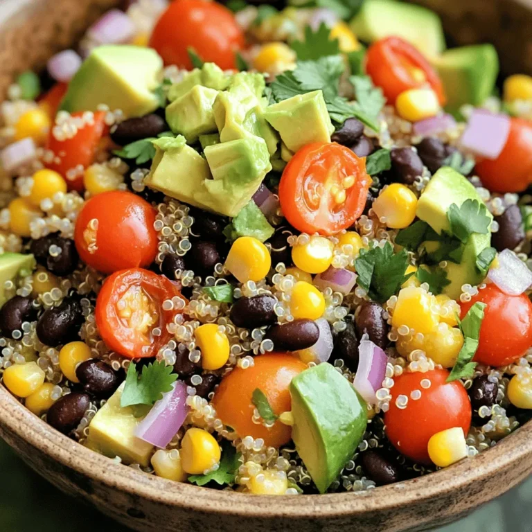 Für den köstlichen Southwest Quinoa Salad benötigst du: - 1 Tasse Quinoa, gründlich gewaschen - 2 Tassen Gemüsebrühe - 1 Dose (425 g) schwarze Bohnen, abgetropft und gespült - 1 Tasse Kirschtomaten, halbiert - 1 rote Paprika, gewürfelt - 1 Tasse Maiskörner (frisch oder gefroren) - 1 Avocado, gewürfelt - 1/2 rote Zwiebel, fein gehackt - 1/4 Tasse frischer Koriander, gehackt Diese Zutaten geben deinem Salat einen frischen und bunten Look. Die Quinoa ist die Basis. Sie ist voll von Nährstoffen. Schwarze Bohnen fügen Protein hinzu. Kirschtomaten und Paprika bringen Süße und Farbe. Avocado macht den Salat cremig. Für das Dressing brauchst du: - Saft von 2 Limetten - 3 Esslöffel Olivenöl - 1 Teelöffel Kreuzkümmel - 1 Teelöffel Chilipulver - Salz und Pfeffer nach Geschmack Diese Gewürze geben deinem Salat einen tollen Geschmack. Limettensaft bringt Frische. Olivenöl sorgt für eine schöne Textur. Kreuzkümmel und Chilipulver geben dem Gericht eine würzige Note. Der Southwest Quinoa Salad ist nicht nur lecker, sondern auch gesund. - Kalorien: Etwa 200 pro Portion - Protein: Ungefähr 8g pro Portion - Ballaststoffe: Rund 10g pro Portion Die Kombination aus Quinoa und Bohnen macht diesen Salat nahrhaft. Du bekommst viel Protein und Ballaststoffe. Das hilft dir, länger satt zu bleiben. Du kannst die Nährstoffe genießen, während du jeden Bissen schätzt. Für das vollständige Rezept schaue bitte auf die vorherige Beschreibung. Um die Quinoa richtig zu kochen, beginne ich mit 1 Tasse gewaschener Quinoa und 2 Tassen Gemüsebrühe. Ich gebe beides in einen mittelgroßen Topf und bringe es bei mittlerer Hitze zum Kochen. Wenn es kocht, senke ich die Hitze und decke den Topf ab. Ich lasse die Quinoa etwa 15 Minuten köcheln. Sie sollte dann fluffig sein und die Brühe aufgesogen haben. Danach nehme ich den Topf vom Herd und lasse die Quinoa abkühlen. Mit einer Gabel lockere ich sie auf, damit sie nicht klebrig wird. In einer großen Schüssel vermenge ich die schwarzen Bohnen, Kirschtomaten, rote Paprika, Mais, Avocado, rote Zwiebel und Koriander. Ich achte darauf, dass die Mengen gut ausbalanciert sind, sodass jeder Bissen frisch und bunt ist. Diese Zutaten bringen Geschmack und Textur in den Salat. Für das Dressing nehme ich eine kleine Schüssel. Dort mische ich den Saft von 2 Limetten, 3 Esslöffel Olivenöl, 1 Teelöffel Kreuzkümmel und 1 Teelöffel Chilipulver. Ich füge Salz und Pfeffer nach Geschmack hinzu. Das Dressing sollte gut gemischt werden, damit die Aromen sich vereinen. Sobald die Quinoa abgekühlt ist, gebe ich sie in die Schüssel mit dem Gemüse. Ich gieße das Dressing darüber und vermenge alles vorsichtig. Die Zutaten sollten gleichmäßig verteilt sein. Zum Schluss probiere ich den Salat und würze ihn nach Belieben. Man kann ihn sofort servieren oder für 30 Minuten im Kühlschrank lassen, damit die Aromen sich entfalten. Für das vollständige Rezept schaue bitte auf die [Full Recipe]. Um die Quinoa perfekt zu kochen, wasche sie zuerst gründlich. Dies entfernt Bitterstoffe. Verwende dann das richtige Verhältnis von Quinoa zu Brühe. Ich empfehle 1 Tasse Quinoa zu 2 Tassen Brühe. Bringe die Mischung zum Kochen, reduziere dann die Hitze und decke den Topf ab. Lass die Quinoa 15 Minuten köcheln. Nach dem Kochen, lass sie etwas abkühlen und lockere sie mit einer Gabel auf. So wird die Quinoa fluffig und lecker. Vermeide es, zu viel Flüssigkeit zu verwenden, denn dies macht die Quinoa matschig. Für mehr Geschmack kannst du Gewürze und Kräuter hinzufügen. Ich empfehle, frischen Koriander und Limettensaft zu verwenden. Du kannst auch einen Hauch von Kreuzkümmel und Chilipulver hinzufügen. Diese Gewürze passen perfekt in einen Southwest Quinoa Salad. Probiere auch, etwas Knoblauchpulver oder Paprika hinzuzufügen. Diese Zutaten machen den Salat noch interessanter. Experimentiere mit verschiedenen Kräutern, wie Petersilie oder frischem Basilikum, um deinen eigenen Twist zu finden. Die Präsentation ist wichtig. Serviere den Salat in einer großen Schüssel. Du kannst frische Korianderblätter und Limettenschnitze als Garnitur verwenden. Das sieht schön aus und bringt frische Farben. Eine weitere Idee ist, den Salat in kleinen Schalen zu portionieren. So wird jeder Gast glücklich. Du kannst auch Tortilla-Chips als Beilage anbieten. Diese geben einen tollen Crunch und passen gut zum Salat. {{image_4}} Möchten Sie mehr Protein in Ihren Southwest Quinoa Salad? Fügen Sie Hähnchenbrust, Tofu oder Garnelen hinzu. Diese Zutaten machen den Salat nahrhafter. Gekochtes Hähnchen passt gut zu den Aromen. Tofu bietet eine großartige vegane Option. Garnelen bringen einen frischen, maritimen Geschmack. Kochen Sie die Proteine separat und mischen Sie sie unter. Für vegetarische Varianten können Sie die Bohnen oder Linsen verwenden. Diese sind reich an Eiweiß und Ballaststoffen. Vegane Alternativen sind auch einfach. Verwenden Sie einfach das pflanzliche Dressing. So bleibt der Salat leicht und gesund. Sie können auch Nüsse oder Samen hinzufügen. Diese geben einen tollen Crunch und viele Nährstoffe. Saisonale Gemüse sind eine tolle Möglichkeit, den Salat frisch zu halten. Im Frühling sind Spargel und Radieschen perfekt. Im Sommer können Sie Zucchini und Gurken verwenden. Im Herbst passen Kürbis oder Süßkartoffeln gut. Im Winter sind rote Beete und Rosenkohl lecker. Diese Anpassungen machen den Salat vielfältig. Nutzen Sie frisches Gemüse, um die Aromen zu verbessern. Der Southwest Quinoa Salad bleibt frisch, wenn du ihn im Kühlschrank aufbewahrst. Er hält sich dort bis zu fünf Tage. Achte darauf, den Salat in einem luftdichten Behälter zu lagern. So bleibt er knackig und lecker. Wenn du ihn für ein Picknick oder eine Party machst, lass ihn einfach im Kühlschrank bis zum Servieren. Willst du den Salat länger aufbewahren? Dann kannst du ihn auch einfrieren. Teile den Salat in Portionen auf und packe ihn in gefriergeeignete Behälter. Achte darauf, etwas Platz im Behälter zu lassen, da sich der Salat beim Einfrieren ausdehnt. Zum Auftauen legst du den Behälter einfach über Nacht in den Kühlschrank. So bleibt der Salat bestmöglich frisch. Hast du Reste? Nutze sie kreativ! Du kannst den Salat zum Beispiel in einen Wrap füllen. Das gibt einen leckeren Snack. Oder mische die Reste in eine Suppe für mehr Geschmack und Nährstoffe. Auch als Füllung für Omeletts oder als Beilage zu gegrilltem Fleisch macht sich der Salat gut. Es gibt viele Wege, die Reste schmackhaft zu nutzen. Sie können den Southwest Quinoa Salad bis zu fünf Tage im Kühlschrank aufbewahren. Packen Sie ihn in einen luftdichten Behälter. So bleibt der Salat frisch. Achten Sie darauf, die Avocado erst kurz vor dem Servieren hinzuzufügen. So wird sie nicht braun. Wenn Sie den Salat länger aufbewahren möchten, können Sie ihn auch einfrieren. Die Textur verändert sich beim Auftauen, aber der Geschmack bleibt. Ja, Sie können die Quinoa bis zu drei Tage im Voraus kochen. Kochen Sie die Quinoa einfach mit Gemüsebrühe und lassen Sie sie abkühlen. Lagern Sie die gekochte Quinoa in einem luftdichten Behälter im Kühlschrank. So sparen Sie Zeit am Tag, an dem Sie den Salat zubereiten. Planen Sie auch, die anderen Zutaten vorzubereiten, um die Zubereitungszeit zu verkürzen. Der Southwest Quinoa Salad passt gut zu vielen Gerichten. Hier sind einige Vorschläge: - Gegrillte Hähnchenbrust für zusätzlichen Protein - Ein frischer grüner Salat mit Vinaigrette - Tortilla-Chips für einen knusprigen Snack - Guacamole oder Salsa als Dip Diese Beilagen ergänzen den Salat und machen die Mahlzeit noch leckerer. Zusammenfassend haben wir den Southwest Quinoa Salat von seinen Hauptzutaten bis zu den Lagerinformationen behandelt. Von Quinoa und schwarzen Bohnen bis zu Aromen und Tipps für die perfekte Konsistenz – die Zubereitung ist einfach und macht Spaß. Nutze die Variationen und Lagerempfehlungen, um kreativ zu sein. So bleibst du flexibler und kannst die Reste sinnvoll nutzen. Werde aktiv und kreiere deine eigene Version dieses gesunden Salats!