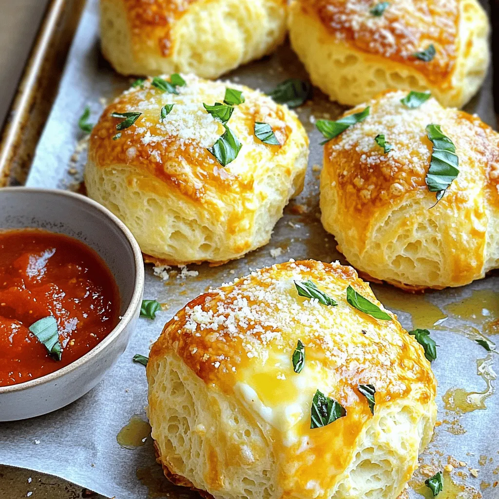 - 1 Dose (16,3 oz) Kühlschrank-Teig für Biscuit - 8 oz Mozzarella-Käse, in Würfel geschnitten - 1/4 Tasse geriebener Parmesan-Käse - 2 Esslöffel frisches Basilikum, gehackt - 1 Teelöffel Knoblauchpulver - 1 Teelöffel italienische Gewürzmischung - Marinara-Sauce zum Dippen Um die Gooey Mozzarella Biscuit Bombs zu machen, wählen Sie frische und hochwertige Zutaten. Die Basis ist der Kühlschrank-Teig. Er ist einfach und schnell zu verwenden. Mozzarella-Käse macht die Bomben besonders schmelzig. Parmesan-Käse gibt den extra Geschmack. Frisches Basilikum bringt Farbe und Frische. Knoblauchpulver und italienische Gewürzmischung fügen einen tollen Geschmack hinzu. Sie können auch Marinara-Sauce verwenden, um die Bomben zu dippen. Diese Sauce passt perfekt zu den warmen, gooey Bomben. Für die vollständige Anleitung, siehe das Full Recipe. - Ofen auf 190 °C vorheizen. - Backblech mit Backpapier auslegen. Zuerst heize ich den Ofen vor. 190 °C ist perfekt, um die Biscuitbomben goldbraun zu backen. Ich lege ein Backblech mit Backpapier aus. Das hilft, dass die Biscuitbomben nicht kleben bleiben. - Dose mit Biscuit-Teig öffnen. - Biscuits trennen und formen. Nun öffne ich die Dose mit dem Biscuit-Teig. Es gibt einen schönen Knall, wenn die Dose aufgeht! Ich trenne die Biscuits vorsichtig. Dann forme ich jeden Biscuit in einen etwa 10 cm großen Kreis. So passt die Füllung perfekt hinein. - Käse und Gewürze hinzufügen. - Biscuitbomben formen und im Ofen backen. Jetzt kommt der spaßige Teil! Ich lege einen Würfel Mozzarella-Käse in die Mitte jedes Biscuits. Dann streue ich etwas geriebenen Parmesan, gehacktes Basilikum, Knoblauchpulver und italienische Gewürze darüber. Ich falte die Ränder des Biscuits um den Käse und drücke sie gut zusammen. So bleibt der Käse beim Backen schön drin. Ich rolle die Biscuitbomben zu kleinen Kugeln und lege sie auf das Backblech. Jetzt bestreiche ich die Oberseiten mit geschmolzener Butter. Das gibt eine leckere, goldene Kruste. Ich backe sie dann 12 bis 15 Minuten lang, bis sie schön aufgegangen sind. Der Duft in der Küche ist einfach himmlisch! Das ist der Weg, wie ich die perfekten Gooey Mozzarella Biscuit Bombs mache. Wenn du das Rezept genau befolgst, wirst du große Freude beim Essen haben! - Die richtige Menge Käse verwenden: Zu viel Käse kann die Bomben aufplatzen lassen. Ich empfehle, einen Würfel Mozzarella pro Biscuit zu nutzen. So bleibt der Käse schön geschmolzen und die Bomben halten zusammen. - Ränder gut verschließen: Um sicherzustellen, dass der Käse nicht ausläuft, drücke die Ränder gut zusammen. Es hilft, die Biscuitbomben in eine runde Form zu bringen. Das macht das Backen einfacher und verhindert ein großes Chaos. - Vorbereitungen im Voraus treffen: Du kannst die Zutaten vorher abmessen. So geht es beim Kochen schneller. Bereite die Käsewürfel und die Gewürze vor, bevor du beginnst. - Multi-Tasking beim Backen: Während die Biscuitbomben im Ofen sind, kannst du die Marinara-Sauce aufwärmen. Das spart Zeit und du bist bereit, sie warm zu servieren. - Beilagen und Dips für den perfekten Genuss: Diese Biscuitbomben schmecken großartig mit Marinara-Sauce. Du kannst auch einen Knoblauch-Dip oder einen frischen Salat dazu reichen. Das macht das Essen noch spannender und leckerer. {{image_4}} Du kannst deine Gooey Mozzarella Biscuit Bombs anpassen, indem du neue Füllungen hinzufügst. Gemüse wie Paprika, Zwiebeln oder Spinat passen gut. Für eine herzhafte Note füge Wurst oder Speck hinzu. Experimentiere mit verschiedenen Käsesorten wie Cheddar oder Gouda, um den Geschmack zu verändern. Diese Variationen machen das Rezept noch spannender. Wenn du glutenfrei kochen möchtest, suche nach glutenfreiem Biscuit-Teig. Viele Marken bieten tolle Optionen an. Du kannst auch deinen eigenen Biscuit-Teig machen. Nutze einfach Mehl, Backpulver, Butter und Milch. Das gibt dir die Kontrolle über die Zutaten und den Geschmack. Für einen neuen Geschmack kannst du mediterrane Gewürze ausprobieren. Verwende Oregano, Thymian oder Rosmarin, um das Aroma zu verändern. Wenn du es scharf magst, füge Jalapeños oder Chili hinzu. Diese Optionen bringen Schwung in deine Biscuitbomben. Nach dem Genießen der Gooey Mozzarella Biscuit Bombs bleiben oft Reste übrig. Diese Reste solltest du im Kühlschrank lagern. Verwende einen luftdichten Behälter, um die Frische zu bewahren. So bleiben die Bomben für bis zu drei Tage lecker. Vermeide es, sie einfach auf einem Teller stehen zu lassen. Das macht sie schnell trocken und hart. Ein guter Tipp: Wenn du die Biscuitbomben aufwärmen möchtest, lege sie einfach auf ein Backblech. Heize den Ofen auf 180 °C und backe sie für 5-7 Minuten. So werden sie wieder knusprig. Wenn du noch mehr Biscuitbomben hast, kannst du sie auch einfrieren. Lass sie zuerst ganz abkühlen. Lege sie dann in einen gefrierfesten Behälter oder in Gefrierbeutel. Du kannst sie bis zu drei Monate im Gefrierfach aufbewahren. Um die Biscuitbomben aufzutauen, nimm sie aus dem Gefrierfach und lasse sie über Nacht im Kühlschrank. Wenn du es eilig hast, kannst du sie auch in der Mikrowelle auftauen. Nach dem Auftauen einfach im Ofen aufwärmen, um sie wieder knusprig zu machen. Wie lange sind diese leckeren Bomben haltbar? Im Kühlschrank bleiben sie etwa drei Tage frisch. Wenn du sie einfrierst, verlängert sich die Haltbarkeit auf etwa drei Monate. Achte darauf, die Biscuitbomben auf Veränderungen zu prüfen. Wenn sie unangenehm riechen oder eine komische Farbe haben, solltest du sie wegwerfen. Sicherheit geht vor! Das Rezept ergibt acht Portionen. Jede Portion besteht aus einer Biscuitbombe. Sie sind perfekt als Snack oder Vorspeise. Wenn Sie eine größere Gruppe haben, können Sie die Menge leicht verdoppeln. Das macht die Biscuitbomben zu einer großartigen Wahl für Partys. Ja, Sie können die Biscuitbomben im Voraus vorbereiten. Machen Sie die Kugeln und lagern Sie sie im Kühlschrank. Sie können sie bis zu 24 Stunden vorher machen. Wenn Sie bereit sind, backen Sie sie einfach im Ofen. So sparen Sie Zeit, wenn Gäste kommen. Sie können Marinara-Sauce als Dip verwenden. Diese Sauce passt gut zu den Käsebomben. Auch Knoblauchbutter oder Pesto sind tolle Optionen. Wenn Sie etwas Schärferes mögen, probieren Sie scharfe Salsa oder BBQ-Sauce. Diese Dips heben den Geschmack der Biscuitbomben hervor. Ein tolles Rezept für Gooey Mozzarella Biscuit Bombs finden Sie in dem Full Recipe. Dort gibt es viele nützliche Tipps. Auch im Internet gibt es viele Variationen. Suchen Sie nach Rezepten, die frische Zutaten und einfache Anleitungen bieten. So können Sie Ihre eigene Version kreieren. Zusammengefasst kannst du mit diesem Rezept leckere Gooey Mozzarella Biscuit Bombs selbst machen. Du brauchst Kühlschrank-Teig, Mozzarella und Gewürze. Die Anleitung zeigt dir die Schritte, um perfekte Biscuitbomben zu backen. Mit unseren Tipps wird die Zubereitung noch einfacher. Experimentiere mit Füllungen und Dips, um den Geschmack zu variieren. Viel Spaß beim Ausprobieren und Genießen deiner Biscuitbomben! Sie sind eine tolle Snack-Idee für jede Gelegenheit.