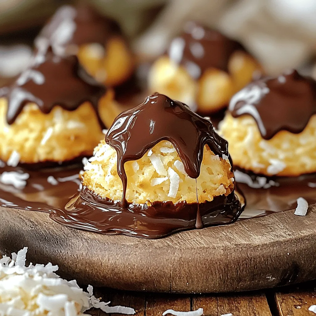 Für die perfekten Schokoladenüberzogenen Kokosmakronen brauchst du folgende Zutaten: - 2 ¾ Tassen ungesüßte Kokosraspeln - ⅔ Tasse gesüßte Kondensmilch - 1 Teelöffel Vanilleextrakt - ¼ Teelöffel Mandelaroma - 2 große Eiweiß - ½ Teelöffel Salz - 1 Tasse Zartbitter-Schokoladenstückchen - 1 Esslöffel Kokosöl (zum Schmelzen der Schokolade) Diese Zutaten bieten die richtige Balance aus Süße und Geschmack. Die ungesüßten Kokosraspeln sind wichtig. Sie geben den Makronen Textur und einen intensiven Kokosgeschmack. Die Menge der Zutaten ist entscheidend. Die angegebenen Mengen ergeben etwa 12 bis 15 Makronen. Es ist gut, frische und hochwertige Zutaten zu wählen. Hochwertige Schokolade macht einen großen Unterschied. Sie sorgt für einen schönen Glanz und einen reichen Geschmack. Achte darauf, dass die Kondensmilch gesüßt ist. Sie gibt den Makronen die nötige Süße. Um die Makronen zuzubereiten, benötigst du einige einfache Küchengeräte: - Eine große Schüssel - Eine separate Schüssel für die Eiweiße - Ein elektrischer Mixer - Ein Backblech - Backpapier - Einen kleinen Keksausstecher oder deine Hände Mit diesen Geräten kannst du die Makronen leicht herstellen. Der Mixer hilft, die Eiweiße gut zu schlagen. Das Backblech sorgt dafür, dass die Makronen gleichmäßig backen. Bereite alles vor, bevor du beginnst. So wird der Prozess einfacher und schneller. Für das vollständige Rezept, schau dir die Anleitung zu den Schokoladenüberzogenen Kokosmakronen an! Heizen Sie Ihren Ofen auf 160°C vor. Dies sorgt für gleichmäßiges Backen. Legen Sie ein Backblech mit Backpapier aus. Das verhindert, dass die Makronen kleben bleiben. Nehmen Sie eine große Schüssel. Geben Sie die 2 ¾ Tassen ungesüßte Kokosraspeln hinein. Fügen Sie ⅔ Tasse gesüßte Kondensmilch, 1 Teelöffel Vanilleextrakt und ¼ Teelöffel Mandelaroma hinzu. Mischen Sie alles gut. Die Kokosraspeln müssen gleichmäßig feucht sein. In einer separaten Schüssel schlagen Sie 2 große Eiweiß mit ½ Teelöffel Salz. Schlagen Sie sie, bis weiche Spitzen entstehen. Dies dauert etwa 3-4 Minuten. Hebe die geschlagenen Eiweiße vorsichtig unter die Kokosmischung. Achten Sie darauf, die Luft nicht herauszuschlagen. Verwenden Sie einen kleinen Keksausstecher oder Ihre Hände. Formen Sie kleine Häufchen der Mischung. Platzieren Sie diese auf dem Backblech. Lassen Sie genügend Abstand zwischen den Makronen. Backen Sie die Makronen 20-25 Minuten lang oder bis sie goldbraun sind. Lassen Sie sie 10 Minuten auf dem Blech abkühlen, bevor Sie sie auf ein Kuchengitter setzen. Ein häufiger Fehler ist das Übermixen der Eiweiße. Wenn Sie die Eiweiße schlagen, hören Sie auf, sobald sich weiche Spitzen bilden. Zu viel Luft kann die Konsistenz ruinieren. Ein weiterer Fehler ist das Verpassen des Abstands zwischen den Makronen auf dem Blech. Geben Sie jedem Häufchen Platz, damit sie nicht zusammenkleben. Die Backzeit ist auch wichtig. Überprüfen Sie die Makronen regelmäßig, um sicherzustellen, dass sie nicht verbrennen. Die richtige Konsistenz ist der Schlüssel. Die Mischung sollte fest, aber nicht trocken sein. Achten Sie darauf, die Kokosraspeln gut mit der Kondensmilch zu vermengen. Der Vanilleextrakt und das Mandelaroma helfen, den Geschmack zu verbessern. Wenn die Mischung zu trocken erscheint, fügen Sie etwas mehr Kondensmilch hinzu. Verwenden Sie frische Zutaten für das beste Ergebnis. Um Ihre Makronen schön zu dekorieren, nutzen Sie die geschmolzene Schokolade. Tauchen Sie die Unterseiten der Makronen in die Schokolade und lassen Sie sie auf einem Kuchengitter abtropfen. Für einen besonderen Akzent träufeln Sie die restliche Schokolade über die Makronen. Streuen Sie ein wenig Kokosraspeln darüber, um die Optik zu verbessern. Ein einfacher Trick für mehr Farbe sind bunte Streusel. Diese machen Ihre Makronen noch einladender. {{image_4}} Wenn du eine vegane oder glutenfreie Version von Schokoladenüberzogenen Kokosmakronen machen möchtest, gibt es einfache Anpassungen. Du kannst die gesüßte Kondensmilch durch eine pflanzliche Alternative ersetzen. Kokosnusscreme ist eine großartige Wahl. Sie gibt der Mischung eine tolle Textur. Achte darauf, dass deine Kokosraspeln glutenfrei sind. So kannst du sicherstellen, dass jeder sie genießen kann. Möchtest du deinen Kokosmakronen einen besonderen Twist geben? Füge etwas Zimt hinzu! Ein halber Teelöffel kann den Geschmack wunderbar vertiefen. Du kannst auch geröstete Nüsse wie Mandeln oder Haselnüsse in die Mischung geben. Das sorgt für einen knackigen Biss. Für eine fruchtige Note kannst du getrocknete Ananas oder Mango klein schneiden und dazugeben. Diese Zutaten machen deine Makronen noch interessanter. Die Möglichkeiten sind endlos! Wenn du Schokolade liebst, probiere eine Mischung aus Zartbitter- und Milchschokolade. Du kannst die Schokoladenglasur auch mit einer Prise Meersalz bestreuen. Das bringt die Süße hervor. Für einen tropischen Flair, füge etwas Limettenschale in die Kokosmischung. Diese kleinen Änderungen machen die Makronen einzigartig und lecker. Du kannst sie nach deinem Geschmack anpassen und immer wieder neu erfinden. Um die Schokoladenüberzogenen Kokosmakronen frisch zu halten, lagere sie in einem luftdichten Behälter. Ein Glasbehälter oder eine Plastikdose funktioniert gut. Achte darauf, dass die Makronen nicht zusammenkleben. Lege ein Stück Backpapier zwischen die Schichten. So bleiben sie knusprig und weich. Im Kühlschrank halten die Makronen etwa eine Woche. Stelle sicher, dass sie gut verpackt sind. Im Gefrierschrank bleiben sie bis zu drei Monate frisch. Wickel die Makronen einzeln in Frischhaltefolie und lege sie in einen Gefrierbeutel. So vermeidest du Gefrierbrand. Um Austrocknung zu verhindern, lagere die Makronen nicht in der Nähe von Wärmequellen. Halte sie von direkter Sonneneinstrahlung fern. Wenn du sie aufbewahrst, fülle den Behälter nicht zu voll. Das lässt genug Luft zirkulieren. So bleiben die Makronen lecker und saftig. Um die Makronen weniger süß zu machen, wählen Sie ungesüßte Kokosraspeln. Verwenden Sie dann weniger gesüßte Kondensmilch. Alternativ können Sie auch eine Mischung aus gesüßter und ungesüßter Kondensmilch verwenden. So finden Sie das perfekte Gleichgewicht. Ja, Sie können die Zartbitterschokolade durch Milchschokolade oder weiße Schokolade ersetzen. Dies gibt den Makronen ein anderes Geschmacksprofil. Achten Sie darauf, die Schokolade nach Ihren Vorlieben zu wählen. Es gibt viele leckere Optionen. Fertige Kokosmakronen finden Sie in den meisten Supermärkten oder Online-Shops. Schauen Sie in der Konditorei- oder Süßwarenabteilung nach. Lokale Bäckereien bieten oft auch frische Makronen an. Achten Sie auf die Zutaten, um die beste Qualität zu wählen. Kekse sind meist flach und knusprig, während Makronen weicher sind und meist mehr Eiweiß enthalten. Makronen bestehen oft aus Kokos oder Mandeln und haben eine zähe Textur. Das macht sie einzigartig und lecker. Die Makronen bleiben in einem luftdichten Behälter etwa eine Woche frisch. Im Kühlschrank halten sie sich länger, bis zu zwei Wochen. Für längere Lagerung können Sie sie auch einfrieren. So haben Sie immer einen süßen Snack bereit. Du hast nun alle wichtigen Schritte zur Zubereitung von schokoladenüberzogenen Kokosmakronen. Wir haben die besten Zutaten und Küchengeräte besprochen. Schritt-für-Schritt-Anleitungen helfen dir, jeden Fehler zu vermeiden. Variationen wie vegane Optionen erweitern deine Möglichkeiten. Die Lagerhinweise sichern die Frische deiner Makronen. Probiere die Tipps aus, um deine eigenen perfekten Makronen zu kreieren. Mit jedem Biss wirst du die Mühe wirklich schätzen. Viel Spaß beim Backen!