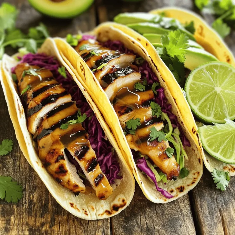 Für die Hauptzutaten brauche ich: - 450 g Haut- und knochenloses Hähnchenschenkel - 60 ml Honig - 60 ml frischer Limettensaft - 2 Knoblauchzehen, fein gehackt Diese Zutaten bilden die Basis für die Tacos. Das Hähnchen wird saftig und geschmackvoll. Honig und Limettensaft geben eine süße und frische Note. Knoblauch sorgt für einen aromatischen Kick. Um das Hähnchen zu würzen, benutze ich: - 1 Teelöffel Chilipulver - 1/2 Teelöffel Kreuzkümmel - Salz und Pfeffer nach Geschmack Die Gewürze sind wichtig für den Geschmack. Chilipulver bringt etwas Schärfe. Kreuzkümmel gibt einen warmen, erdigen Geschmack. Eine gute Marinade macht das Hähnchen zart und lecker. Für die Tacos verwende ich: - 8 kleine Maistortillas - 1 Tasse rote Kohl, fein geschnitten - 1 Avocado, in Scheiben geschnitten - Frischer Koriander zum Garnieren - Limettenspalten zum Servieren Die Beilagen machen die Tacos bunt und knackig. Roter Kohl fügt eine schöne Farbe hinzu. Avocado bringt Cremigkeit. Frischer Koriander gibt einen frischen Geschmack. Limettenspalten runden das Gericht ab. Um die vollständige Anleitung zu sehen, schaue dir das Full Recipe an. Zuerst musst du die Marinade vorbereiten. Nimm eine Schüssel und mische: - 60 ml Honig - 60 ml frischer Limettensaft - 2 Knoblauchzehen, fein gehackt - 1 Teelöffel Chilipulver - 1/2 Teelöffel Kreuzkümmel - Salz und Pfeffer nach Geschmack Rühre alles gut um. Danach lege die Hähnchenschenkel in die Marinade. Stelle sicher, dass sie gut bedeckt sind. Decke die Schüssel ab und stelle sie für mindestens 30 Minuten in den Kühlschrank. Du kannst sie auch bis zu 2 Stunden marinieren, um mehr Geschmack zu erzielen. Heize den Grill oder eine Grillpfanne auf mittelhohe Hitze vor. Nimm die Hähnchenschenkel aus der Marinade. Entsorge die Marinade. Lege das Hähnchen auf den Grill. Grille es für 5-7 Minuten auf jeder Seite. Das Hähnchen sollte vollständig durchgegart sein. Die Innentemperatur sollte 75°C erreichen. Nach dem Grillen lasse das Hähnchen einige Minuten ruhen. Schneide es dann in Streifen. Erwärme die Maistortillas in einer trockenen Pfanne. Mach dies auf mittlerer Hitze für etwa 30 Sekunden auf jeder Seite. Jetzt ist es Zeit, die Tacos zusammenzustellen. Lege einige Streifen gegrilltes Hähnchen auf jede Tortilla. Toppe sie mit: - 1 Tasse roten Kohl, fein geschnitten - 1 Avocado, in Scheiben geschnitten Garnieren kannst du mit frischem Koriander. Serviere die Tacos mit Limettenspalten, um zusätzlichen Schwung zu verleihen. Um die besten Honig-Limetten-Hühnchen-Tacos zu machen, ist der Grill wichtig. Ich empfehle, einen Holzkohlegrill oder einen Gasgrill zu verwenden. Holzkohle gibt einen tollen Rauchgeschmack. Achte darauf, den Grill auf mittelhohe Hitze vorzuheizen. So wird das Hähnchen gleichmäßig gar. Wenn du eine Grillpfanne benutzt, stelle sicher, dass sie gut erhitzt ist, bevor du das Hähnchen hinzufügst. Ein häufiger Fehler ist, das Hähnchen zu früh zu wenden. Lass das Hähnchen fünf bis sieben Minuten auf jeder Seite grillen. So erhält es schöne Grillstreifen und bleibt saftig. Überprüfe auch die Innentemperatur. Sie sollte 75°C betragen, um sicherzustellen, dass das Hähnchen gut durch ist. Lass das Hähnchen nach dem Grillen ruhen. Dies hilft, die Säfte zu halten. Die Marinade ist der Schlüssel zu diesem Rezept. Du kannst die Gewürze nach deinem Geschmack anpassen. Füge etwas mehr Chilipulver hinzu, wenn du es würziger magst. Oder probiere frische Kräuter wie Thymian oder Oregano aus. Du kannst auch den Limettensaft durch Zitronensaft ersetzen. Das gibt einen anderen, aber leckeren Geschmack. Denke daran, die anderen Zutaten wie Koriander und Avocado auch nach deinem Geschmack zu wählen. Für das vollständige Rezept, schau dir die Anleitung unter Full Recipe an. {{image_4}} Wenn Sie nach einer vegetarischen Option suchen, probieren Sie Tofu oder Tempeh. Marinieren Sie diese wie das Hähnchen. Nutzen Sie die gleiche Mischung aus Honig und Limettensaft. Grillen Sie den Tofu, bis er goldbraun ist. So bleiben die Aromen erhalten. Sie können auch schwarze Bohnen oder Kichererbsen für mehr Textur und Geschmack hinzufügen. Die Möglichkeiten für Toppings sind endlos. Fügen Sie frischen Salat, geriebenen Käse oder Salsa hinzu. Sliced Jalapeños bringen einen schönen Kick. Für mehr Frische können Sie auch Mango- oder Ananasstücke verwenden. Diese Früchte passen gut zu Honig und Limette. Sie verleihen den Tacos eine süße Note. Experimentieren Sie mit verschiedenen Kombinationen. Saucen können den Geschmack Ihrer Tacos verbessern. Versuchen Sie eine scharfe Salsa oder eine cremige Avocado-Sauce. Eine Limetten-Joghurt-Sauce bringt Frische. Sie können auch eine Erdnuss- oder Erdnussbuttersauce ausprobieren. Diese Saucen bieten einen interessanten Kontrast zu den süßen Aromen. Scheuen Sie sich nicht, kreativ zu sein! Wenn du noch Reste von den Honig-Limetten-Hühnchen-Tacos hast, bewahre sie richtig auf. Lege die Tacos in einen luftdichten Behälter. So bleiben sie frisch und lecker. Du kannst auch die Füllung und die Tortillas getrennt aufbewahren. Dadurch bleiben die Tortillas knusprig. Lagere die Reste im Kühlschrank. Dort halten sie bis zu drei Tage. Um die Reste zu erwärmen, nutze eine Pfanne. Erhitze die Tacos bei mittlerer Hitze. Dies sorgt dafür, dass die Tortillas wieder warm und weich werden. Für die Füllung kannst du die Mikrowelle verwenden. Stelle die Füllung in eine Schüssel und decke sie ab. Erwärme sie in kurzen Intervallen, bis sie heiß ist. So schmecken die Tacos fast wie frisch zubereitet. Die Zutaten der Tacos haben unterschiedliche Haltbarkeiten. Hähnchen sollte immer frisch sein. Im Kühlschrank bleibt es zwei bis drei Tage gut. Rote Kohl und Avocado sind auch schnell verderblich. Lagere den Kohl im Kühlschrank und verwende ihn innerhalb einer Woche. Avocado reift schnell. Wenn du sie nicht sofort nutzt, lagere sie im Kühlschrank, um die Frische zu verlängern. Limettensaft bleibt einige Tage frisch, wenn du ihn kühl und dunkel aufbewahrst. Um Honig-Limetten-Hühnchen-Tacos zu machen, marinieren Sie zuerst das Hähnchen. Mischen Sie Honig, frischen Limettensaft, gehackten Knoblauch, Chilipulver, Kreuzkümmel, Salz und Pfeffer in einer Schüssel. Geben Sie die Hähnchenschenkel in die Marinade und lassen Sie sie mindestens 30 Minuten ziehen. Grillen Sie das Hähnchen dann für 5-7 Minuten auf jeder Seite, bis es durchgegart ist. Schneiden Sie das Hähnchen in Streifen und füllen Sie die Maistortillas. Toppen Sie die Tacos mit rotem Kohl, Avocado und frischem Koriander. Zu Honig-Limetten-Hühnchen-Tacos passen viele Beilagen gut. Sie können einen frischen Salat mit Limettendressing machen. Guacamole ist auch eine tolle Wahl. Ein einfacher Reis mit Kräutern ergänzt die Aromen. Salsa, besonders eine fruchtige, bringt frische und Schärfe. Tortilla-Chips sind eine knusprige Ergänzung. Ja, Sie können die Marinade im Voraus machen. Mischen Sie alle Zutaten für die Marinade und bewahren Sie sie in einem Behälter im Kühlschrank auf. So spart man Zeit, wenn man die Tacos zubereitet. Sie können die Marinade bis zu zwei Tage im Voraus zubereiten. Denken Sie daran, das Hähnchen kurz vor dem Grillen darin zu marinieren. Das sorgt für frischen Geschmack. Du hast nun alles über Honig-Limetten-Hühnchen-Tacos gelernt. Wir haben die Zutaten, die Zubereitung und viele Tipps durchgesprochen. Du kannst verschiedene Variationen ausprobieren und die Reste gut aufbewahren. Denk daran, beim Grillen vorsichtig zu sein und Spaß beim Experimentieren zu haben. Diese Tacos sind einfach köstlich und vielseitig. Also ran an den Grill!