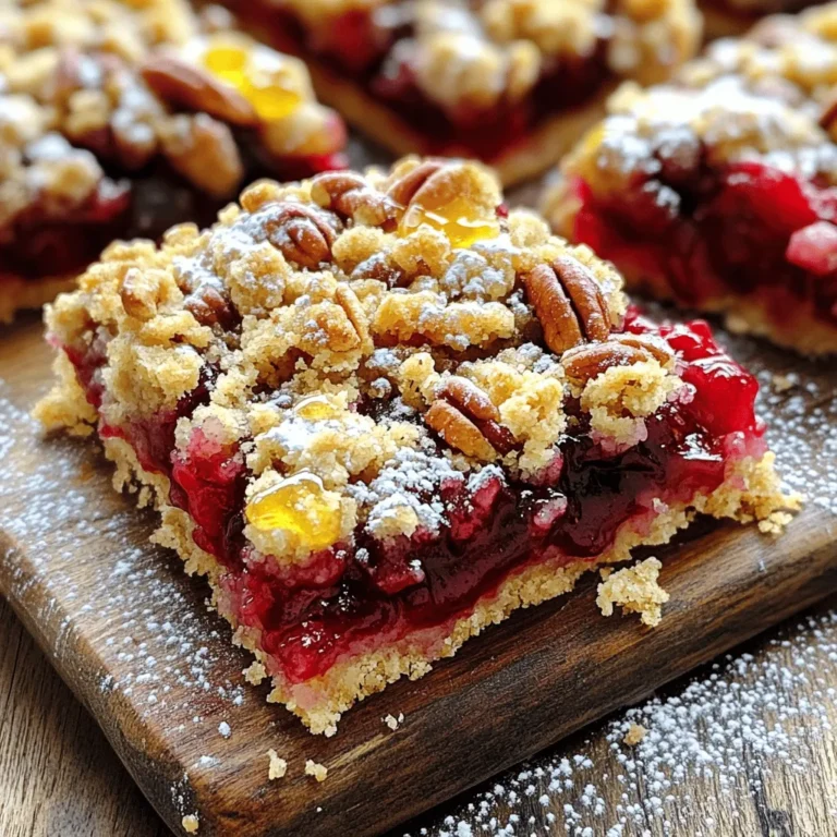 Um leckere Kirschen-Pekannüsse-Crumble-Riegel zu machen, brauchen wir folgende Zutaten: - 2 Tassen frische oder gefrorene Kirschen, entsteint und halbiert - 1 Tasse Pekannüsse, grob gehackt - 1 Tasse Haferflocken - 1 Tasse Allzweckmehl - 1/2 Tasse brauner Zucker - 1/2 Tasse Kristallzucker - 1/2 Tasse ungesalzene Butter, geschmolzen - 1 Teelöffel Vanilleextrakt - 1/2 Teelöffel Backpulver - 1/4 Teelöffel Salz Diese Zutaten sind einfach zu finden und machen die Riegel so besonders. Die Kirschen geben einen fruchtigen Geschmack, während die Pekannüsse für den Crunch sorgen. Wenn du keine Pekannüsse magst, kannst du Walnüsse oder Mandeln verwenden. Für eine glutenfreie Option kann glutenfreies Mehl verwendet werden. Frische Beeren sind auch eine tolle Wahl, wenn du Kirschen nicht magst. Du kannst Erdbeeren oder Himbeeren ausprobieren. Die Nährwerte variieren, je nach den verwendeten Zutaten. Hier sind die groben Werte pro Riegel, basierend auf 16 Portionen: - Kalorien: Ca. 200 kcal - Fett: 10 g - Kohlenhydrate: 27 g - Eiweiß: 3 g - Ballaststoffe: 2 g Diese Riegel sind eine köstliche und nahrhafte Snack-Option. Du kannst die Vollwertigkeit erhöhen, indem du mehr Nüsse oder Haferflocken hinzufügst. Für das komplette Rezept schau dir die [Full Recipe] an. Um die Kirschen vorzubereiten, nehme ich frische oder gefrorene Kirschen. Ich entsteine sie und halbiere sie. Dann vermische ich die Kirschen mit zwei Esslöffeln Kristallzucker und einer Prise Salz. Diese Mischung lasse ich ziehen. So entfalten die Kirschen ihren süßen Geschmack und werden saftiger. Für die Crumble-Mischung nehme ich eine große Schüssel. Dort mische ich Haferflocken, Allzweckmehl, braunen Zucker, den restlichen Kristallzucker, Backpulver und Salz gründlich. Dann gieße ich die geschmolzene Butter und den Vanilleextrakt darüber. Mit einer Gabel oder meinen Fingern vermenge ich alles, bis die Mischung wie grobe Krümel aussieht. Schließlich füge ich die gehackten Pekannüsse hinzu und rühre alles gut um. Ich heize den Ofen auf 175°C (350°F) vor. In eine vorbereitete Auflaufform drücke ich zwei Drittel der Crumble-Mischung gleichmäßig auf den Boden. Dann verteile ich die marinierten Kirschen gleichmäßig darüber. Zum Schluss streue ich die restliche Crumble-Mischung über die Kirschen. Ich backe die Form 30-35 Minuten lang im Ofen. Die Oberseite sollte goldbraun und die Kirschen sprudelnd sein. Nach dem Backen lasse ich die Riegel vollständig in der Form abkühlen, bevor ich sie in Stücke schneide. Diese Schritte machen die Cherry Pecan Crumble Bars zu einer saftigen und einfachen Leckerei. Für die genauen Mengen und alle Details sehe dir das Full Recipe an. Um die perfekte Konsistenz der Cherry Pecan Crumble Bars zu erreichen, ist es wichtig, die Mischung gut zu vermengen. Achte darauf, dass die Butter gleichmäßig in die trockenen Zutaten eingearbeitet wird. Verwende eine Gabel oder deine Finger, um grobe Krümel zu formen. Diese Krümel sorgen für eine knusprige Oberseite und eine saftige Unterlage. Lass die Riegel nach dem Backen vollständig abkühlen. So können sie fest werden und lassen sich leicht schneiden. Ein häufiger Fehler beim Backen ist, die Kirschen nicht ausreichend zu marinieren. Wenn du sie mit Zucker und einer Prise Salz vermischst, gibst du ihnen Zeit, ihren Saft freizusetzen. Dadurch wird der Geschmack intensiver. Ein weiterer Fehler ist, die Riegel zu früh aus dem Ofen zu nehmen. Achte darauf, dass die Oberseite goldbraun ist und die Kirschen sprudeln. So bleiben die Riegel saftig und lecker. Für eine ansprechende Präsentation serviere die Kirschen-Pekannüsse-Crumble-Riegel warm oder bei Raumtemperatur. Du kannst sie mit etwas Honig oder Ahornsirup beträufeln. Das sorgt für zusätzlichen Geschmack. Garniere jeden Riegel mit gehackten Pekannüssen und einer Prise Puderzucker. Das sieht nicht nur schön aus, sondern schmeckt auch köstlich. Wenn du mehr Abwechslung möchtest, versuche verschiedene Früchte oder Nüsse. {{image_4}} Wenn Sie Abwechslung suchen, probieren Sie andere Früchte. Äpfel oder Birnen sind großartige Alternativen. Sie geben den Riegeln eine süße und saftige Note. Auch Himbeeren oder Blaubeeren funktionieren gut. Diese Früchte bringen eine frische Säure mit. Experimentieren Sie mit verschiedenen Obstsorten, um neue Geschmäcker zu entdecken. Für vegane Optionen ersetzen Sie die Butter durch Kokosöl. Verwenden Sie eine pflanzliche Alternative zu Kristallzucker. Wenn Sie glutenfrei essen, nutzen Sie glutenfreies Mehl. So bleibt der Geschmack gleich gut, während Sie auf Ihre Ernährung achten. Diese Anpassungen machen die Riegel für jeden zugänglich. Fügen Sie Zimt oder Muskatnuss hinzu, um den Riegeln mehr Tiefe zu geben. Diese Gewürze passen gut zu Kirschen und Pekannüssen. Sie können auch eine Prise Ingwer versuchen. Es sorgt für einen interessanten Twist. Experimentieren Sie mit diesen Gewürzen, um Ihren perfekten Riegel zu finden. Um die Frische der Kirschen-Pekannüsse-Crumble-Riegel zu bewahren, lagern Sie sie in einem luftdichten Behälter. Stellen Sie sicher, dass der Behälter kühl und trocken ist. Vermeiden Sie direkte Sonneneinstrahlung. Wenn möglich, verwenden Sie ein Glasgefäß, das die Feuchtigkeit fernhält. Im Kühlschrank bleiben die Riegel etwa eine Woche frisch. Wickeln Sie sie gut ein oder legen Sie sie in einen luftdichten Behälter. Im Gefrierfach halten sie bis zu drei Monate. Schneiden Sie die Riegel vor dem Einfrieren in Portionen. So können Sie die gewünschte Menge einfach entnehmen. Um die Riegel wieder warm und lecker zu machen, heizen Sie den Ofen auf 175°C vor. Legen Sie die Riegel auf ein Blech und backen Sie sie für 10 bis 15 Minuten. Sie können auch die Mikrowelle verwenden. Erhitzen Sie jeweils 15 Sekunden, bis sie warm sind. Dies bewahrt die zarte Textur und den köstlichen Geschmack. Für das vollständige Rezept besuchen Sie [Full Recipe]. Die Riegel bleiben frisch, wenn Sie sie richtig lagern. In einem luftdichten Behälter halten sie sich bis zu fünf Tage bei Raumtemperatur. Wenn Sie sie im Kühlschrank aufbewahren, können sie bis zu zwei Wochen halten. Für längere Lagerung können Sie die Riegel tiefgefrieren. Sie bleiben bis zu drei Monate gefroren frisch. Lassen Sie sie einfach bei Raumtemperatur auftauen, wenn Sie sie genießen möchten. Ja, Sie können die Pekannüsse ganz einfach ersetzen. Mandeln oder Walnüsse sind gute Alternativen. Beide Nüsse geben den Riegeln einen leckeren Geschmack. Wenn Sie Erdnüsse mögen, probieren Sie diese auch aus. Achten Sie darauf, die Nüsse grob zu hacken, damit sie gut in die Mischung passen. Dies sorgt für eine tolle Textur in jedem Bissen. Um die Riegel glutenfrei zu machen, ersetzen Sie das Allzweckmehl durch eine glutenfreie Mehlmischung. Achten Sie darauf, dass die Mischung für Backwaren geeignet ist. Auch viele Haferflocken sind nicht glutenfrei, also wählen Sie zertifizierte glutenfreie Haferflocken. So bleibt der Geschmack gleich, und Sie können die Riegel ohne Sorge genießen. In diesem Artikel haben wir die Zutaten für Kirschen-Pekannüsse-Crumble-Riegel betrachtet. Ich habe Ihnen auch gezeigt, wie Sie diese Riegel Schritt für Schritt zubereiten können. Wir haben wertvolle Tipps gegeben, um die perfekte Konsistenz zu erreichen und häufige Fehler zu vermeiden. Variationen und Lagerhinweise helfen Ihnen, die Riegel länger frisch zu halten. Nutzen Sie diese Informationen, um Ihre eigenen leckeren Crumble-Riegel zu kreieren. Genießen Sie das Backen und Experimentieren in der Küche!