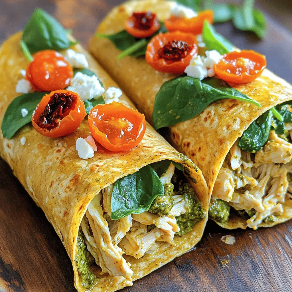 - Hühnchenbrustfilet - Basilikum-Pesto - Vollkorn-Tortillas Die Basis für meine Pesto-Hühnchen-Wraps sind frisches Hühnchenbrustfilet und aromatisches Basilikum-Pesto. Du kannst das Hühnchen vorher kochen oder grillen, je nach Vorliebe. Die Vollkorn-Tortillas geben den Wraps eine gesunde Note und eine tolle Textur. - Babyspinat - Kirschtomaten - Feta-Käse, getrocknete Tomaten Für den perfekten Biss füge Babyspinat und halbierte Kirschtomaten hinzu. Der Spinat bringt Frische, während die Tomaten einen süßen Kick geben. Feta-Käse und getrocknete Tomaten runden den Geschmack ab und machen die Wraps reichhaltig und sättigend. - Olivenöl - Salz und Pfeffer Olivenöl verleiht den Wraps einen feinen Geschmack. Verwende Salz und Pfeffer, um die Füllung leicht zu würzen. Diese Gewürze heben die Aromen hervor und machen das Essen noch schmackhafter. Für die vollständige Zubereitung und weitere Details, schau dir das [Full Recipe](#) an! Zuerst vermenge ich das zerrupfte Hühnchen mit dem Basilikum-Pesto. Ich gebe das Hühnchen in eine große Schüssel. Dann füge ich die Pesto-Soße hinzu. Ich rühre alles gut um. So wird das Hühnchen gleichmäßig mit Pesto überzogen. Jetzt kommt der nächste Schritt: das Zusammensetzen der Füllung. Ich lege eine Tortilla auf die Arbeitsfläche. In die Mitte gebe ich eine großzügige Menge der Hühnchen-Pesto-Mischung. Dann lege ich eine Handvoll Babyspinat darauf. Einige halbierte Kirschtomaten und ein wenig Feta-Käse kommen dazu. Ich füge auch getrocknete Tomaten hinzu. Diese geben extra Geschmack. Jetzt falte ich die Tortilla richtig. Ich klappe die Seiten der Tortilla ein. Dann rolle ich die Tortilla von unten auf. Es ist wichtig, die Füllung fest zu umschließen. So bleibt alles drin. Ich wiederhole diesen Schritt mit den anderen Tortillas. Hier sind ein paar Tipps zum perfekten Rollen: Achte darauf, dass die Füllung nicht zu viel ist. Das macht das Rollen leichter. Wenn die Tortilla reißt, ist es okay. Du kannst sie trotzdem genießen. Jetzt brate ich die Wraps in der Pfanne. Ich erhitze Olivenöl bei mittlerer Hitze. Wenn das Öl heiß ist, lege ich die Wraps mit der Nahtseite nach unten in die Pfanne. Ich brate sie für etwa 2-3 Minuten auf jeder Seite. So werden sie goldbraun und knusprig. Hier sind ein paar Tipps zur Erreichung der optimalen Knusprigkeit: Achte darauf, die Hitze nicht zu hoch zu stellen. So verbrennt die Tortilla nicht. Wenn die Wraps fertig sind, nehme ich sie aus der Pfanne. Ich lasse sie kurz abkühlen. Dann schneide ich sie in der Mitte durch. Für die vollständige Rezeptanleitung schau dir das [Full Recipe] an. Um die besten Pesto-Hühnchen-Wraps zu machen, sind frische Kräuter wichtig. Ich empfehle, frisches Basilikum zu verwenden. Es bringt einen tollen Geschmack. Das macht dein Pesto noch besser. Die Menge und Qualität des Pestos ist ebenfalls entscheidend. Verwende ein gutes, frisches Pesto. So schmecken deine Wraps viel besser. Die Präsentation macht viel aus. Richte die Wraps auf einem schönen Teller an. Du kannst sie mit frischen Kräutern garnieren. Das sieht toll aus! Serviere dazu einen Dip aus Joghurt und frischen Kräutern. Das passt perfekt zu den Wraps. Du kannst auch Carrot Sticks oder Gurkenscheiben als Beilage anbieten. Die Frische ergänzt die Wraps gut. Ein häufiger Fehler ist, dass die Wraps weich werden. Um das zu vermeiden, brate sie gut in der Pfanne. Achte darauf, dass das Öl heiß ist, bevor du die Wraps hineinlegst. Wenn die Füllung zu viel Flüssigkeit hat, kannst du sie abtropfen lassen. Das hält die Wraps knackig. Wenn du diese Tipps befolgst, wird dein Gericht immer gelingen. {{image_4}} Wenn du eine vegetarische Variante der Pesto-Hühnchen-Wraps möchtest, probiere es mit gebratenem Gemüse. Du kannst Zucchini, Paprika oder Auberginen verwenden. Diese Gemüsesorten geben viel Geschmack. Eine andere Option sind Kichererbsen. Sie bieten Proteine und eine tolle Textur. Ersetze das Hühnchen einfach durch deine gewählte Zutat. Du kannst auch andere Proteinquellen verwenden. Tofu ist eine gute Wahl für Vegetarier. Es nimmt den Geschmack von Pesto gut auf. Du kannst auch gegrillten Fisch wie Lachs oder Thunfisch probieren. Achte darauf, die Gewürze anzupassen. Zu viel Salz kann den feinen Geschmack überdecken. Experimentiere mit Kräutern oder Zitrone für mehr Frische. Es gibt viele Tortillavarianten, die du nutzen kannst. Weizentortillas sind klassisch, aber Vollkorn-Tortillas sind gesünder. Du kannst auch Mais-Tortillas für einen glutenfreien Wrap wählen. Für glutenfreie Optionen gibt es spezielle Tortillas. Achte beim Kauf auf die Inhaltsstoffe, um sicherzugehen, dass sie wirklich glutenfrei sind. Um deine Pesto-Hühnchen-Wraps frisch zu halten, lege sie in einen luftdichten Behälter. Du kannst sie auch in Frischhaltefolie wickeln. So bleibt der Geschmack erhalten. Lagere die Wraps im Kühlschrank. Wenn du sie länger aufbewahren möchtest, friere sie ein. Das hilft, die Frische zu bewahren. Im Kühlschrank bleiben die Wraps etwa drei Tage frisch. Achte darauf, sie gut verpackt zu halten. Wenn du sie im Gefrierfach lagerst, sind sie bis zu drei Monate haltbar. Um Verderb zu vermeiden, schau regelmäßig nach, ob sie noch gut aussehen und riechen. Wenn du Schimmel oder einen schlechten Geruch bemerkst, wirf sie weg. Um die Wraps aufzuwärmen, benutze eine Pfanne bei mittlerer Hitze. Lege die Wraps hinein und brate sie etwa zwei Minuten auf jeder Seite. So werden sie wieder knusprig. Du kannst auch einen Toaster verwenden. Das gibt den Wraps eine tolle Textur. Achte darauf, sie nicht zu lange zu erhitzen, sonst werden sie hart. Um Pesto-Hühnchen-Wraps vegan zu machen, kann man das Hühnchen ersetzen. Verwende stattdessen zerrupften Tofu oder Tempeh. Diese Optionen bieten eine ähnliche Textur. Du kannst auch Kichererbsen verwenden, um mehr Protein hinzuzufügen. Für das Pesto gibt es viele vegane Rezepte. Nutze anstelle von Käse Nüsse oder Hefeflocken. Diese geben einen nussigen Geschmack. Zu Pesto-Hühnchen-Wraps passen viele Beilagen. Du kannst einen frischen Salat machen. Ein einfacher grüner Salat mit Vinaigrette ist eine gute Wahl. Auch gegrilltes Gemüse ergänzt die Wraps sehr gut. Wenn du etwas Warmes willst, probiere Ofenkartoffeln. Sie sind knusprig und lecker. Eine cremige Suppe kann auch gut als Beilage dienen. Wenn du die Wraps würziger machen willst, füge mehr Gewürze hinzu. Chili-Flocken oder Paprika bringen Schärfe. Du kannst auch frische Kräuter wie Thymian oder Oregano verwenden. Diese geben dem Wrap einen intensiveren Geschmack. Ein Spritzer Zitrone kann ebenfalls helfen, die Aromen zu heben. Probiere es aus und finde deine perfekte Mischung! Diese Anleitung zeigt dir, wie du Pesto-Hühnchen-Wraps perfekt zubereitest. Von den Zutaten bis zur Lagerung findest du alles, was du brauchst. Nutze frische Kräuter und achte auf die Füllmenge. Variiere mit verschiedenen Tortillas oder Proteinquellen für neuen Geschmack. Lagere die Wraps richtig, damit sie frisch bleiben. Mit diesen Tipps wirst du leckere Wraps genießen. Lass deiner Kreativität freien Lauf und begeistere deine Familie und Freunde!