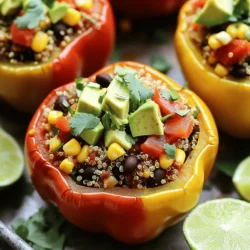 - 4 große Paprika (jede Farbe) - 1 Tasse Quinoa - 1 Dose schwarze Bohnen Um die perfekte Füllung für deine veganen gefüllten Paprika zu machen, brauchst du frische Zutaten. Wähle große, reife Paprika aus. Du kannst jede Farbe verwenden, die dir gefällt. Sie bringen Farbe und Geschmack auf den Tisch. Quinoa ist nährstoffreich und eine tolle Basis. Sie wird leicht und fluffig, wenn du sie in Gemüsebrühe kochst. Die schwarzen Bohnen fügen Protein hinzu und machen die Füllung herzhaft. - 1 Teelöffel geräucherter Paprika - 1 Teelöffel Kreuzkümmel - 1 Teelöffel Knoblauchpulver Die richtigen Gewürze machen den Unterschied. Geräucherter Paprika gibt einen tiefen, rauchigen Geschmack. Kreuzkümmel bringt eine erdige Note. Knoblauchpulver gibt einen schönen, warmen Geschmack. Diese Gewürze zusammen machen die Füllung spannend und lecker. - 1/4 Tasse frischer Koriander - 1 Avocado, gewürfelt - Limettenspalten Um die gefüllten Paprika zu vervollständigen, kannst du frischen Koriander hinzufügen. Er bringt Frische. Die gewürfelte Avocado macht das Gericht cremig und reichhaltig. Limettenspalten sind perfekt, um einen spritzigen Kick zu geben. Diese Toppings machen die gefüllten Paprika noch köstlicher. Für das vollständige Rezept, schau dir die [Full Recipe] an! Zuerst nehmen Sie die großen Paprika. Schneiden Sie den oberen Teil ab und entfernen Sie die Kerne. Achten Sie darauf, die inneren Wände gut zu säubern. Stellen Sie die Paprika aufrecht in eine Auflaufform. So bleibt die Füllung gut drin, während sie backt. Nehmen Sie einen mittelgroßen Topf und bringen Sie die Gemüsebrühe zum Kochen. Fügen Sie die abgespülte Quinoa hinzu. Reduzieren Sie die Hitze auf niedrig und decken Sie den Topf ab. Lassen Sie die Quinoa etwa 15 Minuten köcheln. Die Quinoa ist fertig, wenn sie die ganze Flüssigkeit aufgenommen hat. In einer großen Schüssel kombinieren Sie die gekochte Quinoa, schwarze Bohnen, Mais und gewürfelte Tomaten. Fügen Sie die Gewürze hinzu: geräucherter Paprika, Kreuzkümmel, Knoblauchpulver sowie Salz und Pfeffer. Mischen Sie alles gut. Füllen Sie dann jede Paprika großzügig mit der Quinoa-Mischung. Drücken Sie die Füllung leicht an, damit sie gut sitzt. Heizen Sie den Ofen auf 190 °C vor. Decken Sie die Auflaufform mit Aluminiumfolie ab. Backen Sie die gefüllten Paprika für 25 bis 30 Minuten. Sie sind fertig, wenn die Paprika zart sind. Nehmen Sie die Folie ab und backen Sie für weitere 10 Minuten. So erhalten Sie eine leicht angebratene Oberfläche. Jetzt sind die veganen gefüllten Paprika bereit, um serviert zu werden. Für das vollständige Rezept schauen Sie sich die [Full Recipe] an. Um die besten Paprika zu wählen, achte auf einige Dinge: - Die Paprika sollte fest und leicht glänzend sein. - Keine Flecken oder Druckstellen sind ein gutes Zeichen. - Du kannst jede Farbvariante wählen: rot, gelb oder grün. Jede hat ihren eigenen Geschmack. Du kannst den Geschmack deiner gefüllten Paprika ganz einfach anpassen: - Variiere die Gewürze nach deinem Geschmack. Füge mehr Kreuzkümmel oder Chili hinzu. - Du kannst auch anderes Gemüse oder Nüsse in die Füllung geben. Zucchini, Karotten oder Walnüsse passen gut dazu. Wenn du Zeit sparen willst, bereite die Füllung im Voraus vor: - Koche die Quinoa und mische sie mit den Bohnen und dem Gemüse. - Lagere die Füllung in einem Behälter im Kühlschrank. - Du kannst die gefüllten Paprika auch einfrieren. Lass sie nach dem Backen abkühlen und lege sie in einen Gefrierbeutel. - Um sie später zu genießen, backe sie einfach im Ofen auf. Für das vollständige Rezept schaue dir die Anleitung für die veganen gefüllten Paprika an. {{image_4}} Für die Füllung der veganen gefüllten Paprika können Sie verschiedene Getreidearten verwenden. Brauner Reis ist eine großartige Option. Er gibt der Füllung eine schöne Textur. Couscous ist eine weitere tolle Wahl, da er schnell kocht und leicht zu verarbeiten ist. Sie können auch Linsen anstelle von Bohnen verwenden. Linsen sind nahrhaft und bringen einen tollen Geschmack. Sie sind auch reich an Eiweiß. Experimentieren Sie mit diesen Alternativen, um neue Geschmäcker zu entdecken. Vegane Käsealternativen sind eine gute Ergänzung. Sie können pflanzlichen Käse verwenden, um die Füllung cremiger zu machen. Käse eignet sich gut im Inneren der Paprika oder als Topping. Ein schmelzender Käse auf der Oberseite kann das Gericht sehr ansprechend machen. Es gibt viele Optionen auf pflanzlicher Basis. So können Sie die perfekte Wahl für Ihre gefüllten Paprika treffen. Gewürze sind wichtig für den Geschmack. Experimentieren Sie mit italienischen Gewürzen wie Oregano und Basilikum. Mexikanische Gewürze wie Kreuzkümmel und Chili können auch eine schöne Note hinzufügen. Frische Kräuter sind ebenfalls hilfreich. Koriander und Petersilie können Ihrer Füllung einen frischen Geschmack verleihen. Diese kleinen Änderungen können große Wirkung zeigen und Ihre gefüllten Paprika noch köstlicher machen. Um gefüllte Paprika frisch zu halten, lege sie in einen luftdichten Behälter. So bleibt die Feuchtigkeit erhalten. Stelle den Behälter in den Kühlschrank. Die optimalen Lagerbedingungen sind kühl und dunkel. Gefüllte Paprika halten sich im Kühlschrank etwa 3 bis 5 Tage. Nach dieser Zeit kann der Geschmack nachlassen. Achte auf Anzeichen von Verderb, wie einen unangenehmen Geruch oder eine schleimige Textur. Um gefüllte Paprika einzufrieren, folge diesen Schritten: 1. Lasse die Paprika nach dem Kochen abkühlen. 2. Verpacke sie in frischer Folie oder einem Gefrierbeutel. 3. Beschrifte den Beutel mit dem Datum. So bleiben die gefüllten Paprika bis zu 3 Monate frisch. Um gefüllte Paprika aufzuwärmen, nimm sie aus dem Gefrierfach und lasse sie im Kühlschrank auftauen. Danach kannst du sie im Ofen oder in der Mikrowelle aufwärmen. Stelle sicher, dass sie gleichmäßig heiß sind, bevor du sie servierst. Frische gefüllte Paprika schmecken am besten. Sie haben eine knackige Textur und intensiven Geschmack. Lagerung kann jedoch praktisch sein, besonders für Meal Prep. Aufbewahrte gefüllte Paprika können weicher werden. Der Geschmack kann weniger frisch sein. Trotzdem bleibt die Füllung nahrhaft und lecker. Die Vorbereitungszeit für vegane gefüllte Paprika beträgt etwa 15 Minuten. Die Gesamtzeit, einschließlich Backen, liegt bei etwa einer Stunde. Dies macht es einfach, ein gesundes und leckeres Gericht in kurzer Zeit zu zaubern. Ja, du kannst die gefüllten Paprika im Voraus zubereiten. Bereite die Füllung einige Stunden vorher oder sogar einen Tag zuvor zu. Bewahre die Füllung im Kühlschrank auf, bis du bereit bist, sie zu verwenden. Du kannst auch die gefüllten Paprika ganz formen und dann im Kühlschrank lagern. So sparst du Zeit am Tag des Servierens. Zu gefüllten Paprika passen viele Beilagen gut. Hier sind einige Vorschläge: - Ein frischer grüner Salat mit einem leichten Dressing. - Reis oder Quinoa als Beilage. - Ein einfaches Brot, wie Baguette oder Ciabatta, um die Aromen aufzusaugen. - Getränke wie frischer Limettensaft oder ein leichtes Citruswasser ergänzen das Gericht gut. Wenn du die gefüllten Paprika nach dem Full Recipe zubereitest, wirst du sicher viele Komplimente erhalten! Vegane gefüllte Paprika sind ein tolles und gesundes Gericht. Wir haben die Hauptzutaten wie Quinoa und schwarze Bohnen betrachtet. Die richtige Zubereitung ist einfach und macht viel Spaß. Tipps zu Variationen und Lagerung helfen, das Gericht noch besser zu gestalten. Am Ende sind diese gefüllten Paprika nicht nur lecker, sondern auch vielseitig. Experimentiere mit verschiedenen Zutaten und entdecke neue Geschmackskombinationen. So wird jede Mahlzeit zum Genuss. Probier es aus und lass dich überraschen!