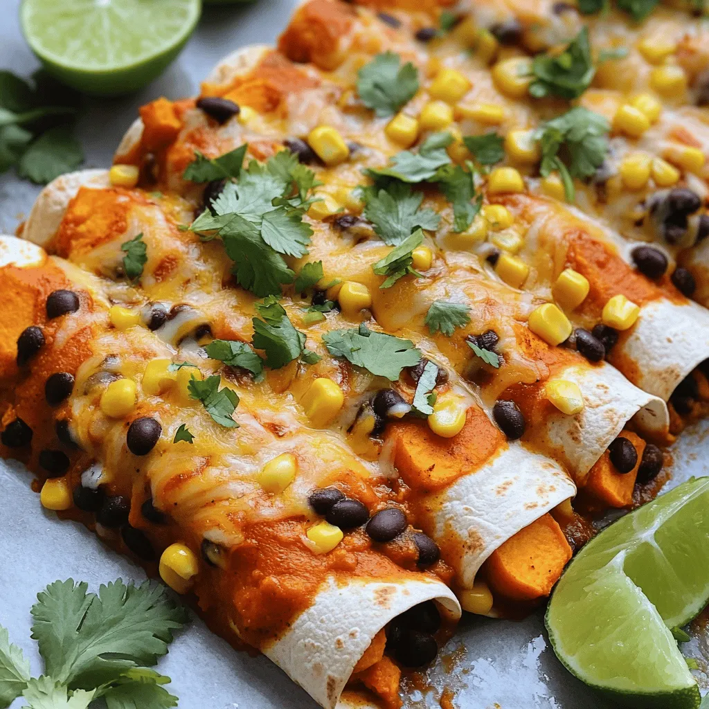 - 2 mittelgroße Süßkartoffeln, geschält und gewürfelt - 1 Dose (425 g) schwarze Bohnen, abgespült und abgetropft - 1 Tasse Maiskörner (frisch oder gefroren) - 1 Teelöffel gemahlener Kreuzkümmel - 1 Teelöffel Chili-Pulver - 1/2 Teelöffel geräuchertes Paprikapulver - Salz und Pfeffer nach Geschmack - 8-10 Maistortillas - 2 Tassen Enchiladasauce (fertig gekauft oder selbstgemacht) - 1 Tasse geriebener Käse (Cheddar, Monterey Jack oder vegane Käsealternative) - Frischer Koriander, gehackt (zum Garnieren) - Limettenviertel (zum Servieren) Süßkartoffeln bringen Süße und eine cremige Textur. Schwarze Bohnen sind nahrhaft und fügen einen herzhaften Geschmack hinzu. Mais gibt einen knackigen Biss. Gewürze wie Kreuzkümmel und Chili-Pulver verleihen den Enchiladas Wärme und Tiefe. Der Käse macht sie köstlich und zieht beim Servieren schön. Für die Enchiladasauce kannst du eine fertige Sauce wählen oder deine eigene machen. Eine selbstgemachte Sauce gibt mehr Kontrolle über die Zutaten. Du kannst Tomaten, Zwiebeln und Gewürze einfach pürieren, um eine frische Sauce zu erhalten. Wenn es um Tortillas geht, empfehle ich Maistortillas. Sie halten die Füllung gut und haben einen tollen Geschmack. Achte darauf, dass sie frisch sind. Das gibt den Enchiladas die nötige Flexibilität beim Rollen. Wenn du mehr über die Zubereitung erfahren möchtest, schau dir das [Full Recipe] an. Um die Süßkartoffeln zu kochen, bringe zuerst Wasser in einem mittelgroßen Topf zum Kochen. Füge dann die gewürfelten Süßkartoffeln hinzu. Koche sie 10 bis 15 Minuten lang, bis sie weich sind. Du kannst sie mit einer Gabel testen. Sie sollten leicht zerdrückt werden können. Wenn sie fertig sind, gieße das Wasser ab und zerdrücke die Süßkartoffeln leicht. Diese Basis sorgt für einen süßen und cremigen Geschmack in den Enchiladas. Nimm eine große Schüssel und füge die zerdrückten Süßkartoffeln hinzu. Jetzt kommt der aufregende Teil! Gib die schwarzen Bohnen, den Mais, Kreuzkümmel, Chili-Pulver, geräuchertes Paprikapulver, Salz und Pfeffer dazu. Mische alles gründlich. Es ist wichtig, dass die Gewürze gut verteilt sind, damit jeder Bissen lecker schmeckt. Diese Mischung ist nahrhaft und voller Geschmack. Jetzt ist es Zeit, die Tortillas vorzubereiten. Nimm eine Maistortilla und lege sie flach auf einen Teller. Füge etwa 2 bis 3 Esslöffel der Süßkartoffel-Mischung in die Mitte. Rolle die Tortilla fest auf. Achte darauf, dass die Füllung nicht herausfällt. Lege die gerollte Tortilla mit der Naht nach unten in eine gefettete Auflaufform. Wiederhole diesen Vorgang mit den restlichen Tortillas und der Füllung. Heize deinen Ofen auf 190°C vor. Gieße eine dünne Schicht der Enchiladasauce auf den Boden der Auflaufform. Das verhindert, dass die Tortillas ankleben. Nachdem alle Enchiladas in der Form liegen, gieße die restliche Sauce gleichmäßig darüber. Streue den geriebenen Käse darüber. Decke die Form mit Folie ab, um ein Verbrennen des Käses zu vermeiden. Backe die Enchiladas 20 Minuten lang. Entferne dann die Folie und backe sie für weitere 10 bis 15 Minuten. Der Käse sollte schön geschmolzen und blubbernd sein. Lass die Enchiladas nach dem Backen kurz abkühlen, bevor du sie servierst. Um die besten Enchiladas zu machen, vermeide einige häufige Fehler. - Zu viel Füllung: Wenn du die Tortillas überfüllst, reißen sie. - Nicht genug Sauce: Eine gute Schicht Sauce verhindert das Ankleben. - Unter- oder Überbacken: Achte auf die Backzeiten für die perfekte Käsekruste. Du kannst die Füllung leicht anpassen. - Gemüse: Füge Spinat, Paprika oder Zucchini hinzu. - Proteine: Schwarze Bohnen können mit Quinoa oder Hähnchen ersetzt werden. - Käse: Experimentiere mit verschiedenen Käsesorten oder lasse ihn ganz weg für eine vegane Option. Serviere die Enchiladas sofort nach dem Backen. - Garnierung: Frischer Koriander und Limettenviertel machen das Gericht lebendig. - Beilagen: Eine frische Guacamole oder ein einfacher Salat passen gut dazu. Für das gesamte Rezept schau dir die [Full Recipe] an. {{image_4}} Für eine vegane Version der Enchiladas kannst du den Käse einfach weglassen oder durch eine pflanzliche Alternative ersetzen. Es gibt viele leckere vegane Käseprodukte. Du kannst auch Cashew-Creme verwenden. Diese ist cremig und passt gut zu den Enchiladas. Achte darauf, dass auch die Enchiladasauce vegan ist. Viele Marken bieten bereits vegane Optionen an. Du kannst auch eine eigene Sauce aus Tomaten und Gewürzen machen. Um mehr Vielfalt in deine Enchiladas zu bringen, kannst du verschiedene Gemüse hinzufügen. Zucchini, Paprika und Spinat sind gute Optionen. Diese Gemüsesorten bringen Farbe und zusätzliche Nährstoffe. Du kannst sie einfach klein schneiden und in die Füllung mischen. So wird jede Enchilada anders und spannend. Experimentiere mit den Gemüsesorten, die dir am besten schmecken. Die Sauce macht einen großen Unterschied im Geschmack. Du kannst mit verschiedenen Saucen experimentieren. Eine scharfe Salsa kann den Enchiladas einen Kick geben. Für eine mildere Option kannst du eine cremige Avocado-Sauce verwenden. Auch eine mole-soße ist eine tolle Wahl. Sie hat viele Aromen und passt perfekt zu dieser Füllung. Nutze die [Full Recipe] als Basis und spiele mit den Saucen. Um deine übrig gebliebenen Enchiladas aufzubewahren, verwende einen luftdichten Behälter. Sorge dafür, dass die Enchiladas vollständig abgekühlt sind, bevor du sie verpackst. So bleiben sie frisch. Sie halten sich im Kühlschrank etwa drei bis vier Tage. Wenn du sie wieder aufwärmst, benutze die Mikrowelle oder den Ofen. So bleiben sie lecker und warm. Das Einfrieren ist eine tolle Methode, um die Enchiladas länger haltbar zu machen. Wickele jede Enchilada einzeln in Frischhaltefolie. Lege sie dann in einen gefrierfesten Beutel. Achte darauf, die Luft herauszudrücken, bevor du ihn zuschließt. So bleiben die Enchiladas bis zu drei Monate frisch. Zum Wiederaufwärmen, tau die Enchiladas zuerst im Kühlschrank auf. Danach kannst du sie im Ofen bei 180°C für 20 Minuten erwärmen. Um Lebensmittelverschwendung zu vermeiden, achte auf die Haltbarkeit. Wenn du die Enchiladas im Kühlschrank aufbewahrst, iss sie innerhalb von vier Tagen. Wenn du sie einfrierst, schau, dass du sie innerhalb von drei Monaten isst. Der Geschmack bleibt so am besten erhalten. Regelmäßige Kontrollen helfen, alte Lebensmittel rechtzeitig zu verbrauchen. Enchiladas sind im Kühlschrank etwa 3 bis 5 Tage haltbar. Lagere sie in einem luftdichten Behälter. So bleiben sie frisch und lecker. Wenn du die Enchiladas länger aufbewahren möchtest, friere sie ein. Das Einfrieren kann die Haltbarkeit auf bis zu 3 Monate verlängern. Achte darauf, sie gut einzupacken, um Gefrierbrand zu vermeiden. Ja, du kannst die Enchiladas im Voraus zubereiten. Bereite die Füllung und die Tortillas wie im Rezept beschrieben vor. Dann lege sie in die Auflaufform, aber backe sie nicht sofort. Decke die Form mit Folie ab und stelle sie in den Kühlschrank. So kannst du sie bis zu 24 Stunden im Voraus zubereiten. Wenn du bereit bist zu essen, backe die Enchiladas einfach, bis sie heiß sind. Zu Enchiladas passen viele Beilagen gut. Du kannst eine frische Guacamole oder einen scharfen Salsa-Dip servieren. Ein einfacher grüner Salat mit Limettendressing ergänzt die Enchiladas perfekt. Auch Reis oder Bohnen sind tolle Ergänzungen. Diese Beilagen machen deine Mahlzeit noch vollständiger und leckerer. Zusammengefasst haben wir über die Hauptzutaten und die Schritt-für-Schritt-Anleitung für Sweet Potato and Black Bean Enchiladas gesprochen. Ich habe Tipps zur perfekten Zubereitung gegeben und Variationen sowie Lagerungshinweise geteilt. Enchiladas sind vielseitig und einfach anzupassen. Ob klassisch oder vegan, sie bieten Geschmack und Fülle. Nutze die Tipps, um deine Enchiladas zu perfektionieren. Lass die Fotos deiner Kreationen nicht fehlen!