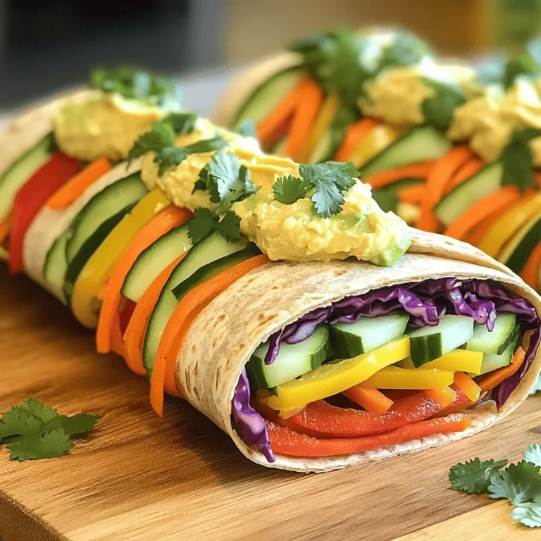 Für die Regenbogen Gemüse Wraps benötigst du frische, bunte Zutaten. Hier sind die Hauptzutaten: - 4 große Vollkorn-Tortillas - 1 Tasse rote Paprika, dünn geschnitten - 1 Tasse gelbe Paprika, dünn geschnitten - 1 Tasse Gurke, julienniert - 1 Tasse Karotte, gerieben - 1 Tasse lila Kohl, zerkleinert - 1 Avocado, in Scheiben geschnitten - 1 Tasse Hummus (jede Geschmacksrichtung) - 1 Esslöffel Zitronensaft - Salz und Pfeffer nach Geschmack - Frische Koriander- oder Petersilienblätter, zur Garnitur Wähle frisches und biologisches Gemüse, wenn möglich. Dies verbessert den Geschmack. Du kannst auch glutenfreie Tortillas nutzen, wenn du Gluten vermeiden möchtest. Für Hummus empfehle ich die Sorten mit weniger Zusatzstoffen. Die verschiedenen Gemüsesorten in diesen Wraps bieten viele Vorteile: - Rote und gelbe Paprika: Voll von Vitamin C, gut für das Immunsystem. - Gurke: Hydratisierend und kalorienarm, perfekt für Snacks. - Karotte: Reich an Beta-Carotin, wichtig für die Augen. - Lila Kohl: Hoher Ballaststoffgehalt, unterstützt die Verdauung. - Avocado: Enthält gesunde Fette, die das Herz schützen. Diese Zutaten bieten nicht nur Geschmack, sondern auch viele Nährstoffe. So genießt du gesunde und leckere Regenbogen Gemüse Wraps. Du findest das vollständige Rezept weiter oben. Zuerst schneidest du das Gemüse. Nimm die rote und gelbe Paprika und schneide sie in dünne Streifen. Dann juliennisiere die Gurke. Reibe die Karotte. Zerkleinere den lila Kohl. Achte darauf, dass alles gleichmäßig geschnitten ist. So sieht es schön aus und schmeckt besser. Lege das Gemüse in eine große Schüssel. Halte es bereit für die Wraps. Jetzt ist es Zeit für den Hummus und die Avocado. Nimm eine kleine Schüssel. Vermenge die Avocadoscheiben mit dem Zitronensaft. Das verhindert, dass sie braun werden. Füge eine Prise Salz und Pfeffer hinzu. So schmecken die Avocados frisch und lecker. Du kannst jeden Hummus-Geschmack verwenden, den du magst. Das gibt den Wraps einen tollen Kick. Jetzt kommt der spaßige Teil! Lege eine Tortilla flach auf die Arbeitsfläche. Verteile eine großzügige Schicht Hummus auf der Tortilla, aber lasse einen Zoll am Rand frei. Beginne nun, das Gemüse in einem Regenbogenmuster zu schichten. Lege zuerst die roten Paprikastreifen, dann die gelben Paprika, Gurke, Karotte, lila Kohl und schließlich die Avocadoscheiben. Würze das Gemüse leicht mit Salz und Pfeffer. Um den Wrap zu formen, beginne am Rand, der dir am nächsten ist. Falte ihn über die Füllung. Drücke leicht nach unten und rolle den Wrap von dir weg. Tucke die Seiten hinein, um die Füllung zu sichern. Wenn du den Wrap fertig gerollt hast, schneide ihn mit einem scharfen Messer in der Mitte durch. Wiederhole das mit den anderen Tortillas. Du kannst die Wraps sofort servieren oder in Pergamentpapier wickeln, um sie frisch zu halten. Für das vollständige Rezept schaue bitte in die vorherige Sektion. Wählen Sie die richtigen Tortillas für Ihre Regenbogen Gemüse Wraps. Ich empfehle Vollkorn-Tortillas. Sie sind gesund und geben den Wraps einen nussigen Geschmack. Achten Sie darauf, dass die Tortillas frisch sind. Das macht den Wrap einfacher zu rollen. Sie können auch Reis- oder Mais-Tortillas probieren, wenn Sie glutenfrei leben. Eine schöne Präsentation macht den Unterschied. Schneiden Sie die Wraps in der Mitte, um die bunten Schichten zu zeigen. Legen Sie die Hälften auf einen großen Teller. Fügen Sie frische Kräuter wie Koriander oder Petersilie hinzu. Das bringt Farbe und macht den Wrap lebendiger. Sie können auch kleine Portionen Hummus daneben setzen. Das sieht toll aus und schmeckt klasse. Dips bringen zusätzlichen Geschmack. Hummus ist eine großartige Wahl. Er ist gesund und passt gut zu Gemüse. Sie können auch Guacamole oder einen milden Joghurt-Dip verwenden. Diese Dips sind einfach zuzubereiten. Sie machen die Wraps noch schmackhafter. Probieren Sie, etwas Zitronensaft in den Dip zu geben. Das bringt frische Aromen. Für den Extra-Kick können Sie auch scharfe Saucen anbieten. {{image_4}} Regenbogen Gemüse Wraps sind von Natur aus vegan. Sie enthalten kein Fleisch oder Milchprodukte. Um die Wraps noch bunter zu gestalten, füge dein Lieblingsgemüse hinzu. Zum Beispiel, probiere Zucchini, Spinat oder Mangold. Diese Zutaten bringen nicht nur Farbe, sondern auch Nährstoffe. Du kannst die Wraps auch mit einer pflanzlichen Sauce oder Dressing variieren. Cremige Avocado oder selbst gemachter veganer Joghurt passen gut dazu. Wenn du mehr Protein willst, gibt es viele gute Optionen. Kichererbsen sind einfach und lecker. Du kannst sie pürieren und als Aufstrich verwenden. Tofu ist eine weitere großartige Wahl. Brate ihn leicht an und schneide ihn in Würfel. Auch gekochte Linsen oder schwarze Bohnen sind nahrhaft. Diese Zutaten machen die Wraps sättigender und liefern dir Energie für den Tag. Für Menschen mit Glutenunverträglichkeit gibt es einfache Lösungen. Du kannst glutenfreie Tortillas verwenden. Diese sind in vielen Geschäften erhältlich. Alternativ kannst du auch große Blätter von Salat verwenden, um die Füllung zu umwickeln. Romana- oder Eisbergsalat sind perfekt dafür. Sie sind knackig und frisch. Egal für welche Option du dich entscheidest, die Regenbogen Gemüse Wraps bleiben bunt und lecker. Für das vollständige Rezept kannst du auf den Link zur Full Recipe klicken. Um die Wraps frisch zu halten, lege ich sie in Pergamentpapier. Das hilft, die Feuchtigkeit zu bewahren und die Tortillas weich zu halten. Du kannst sie auch in eine luftdichte Box legen. Vermeide Plastikfolie, da sie die Wraps matschig machen kann. Halte sie im Kühlschrank, um die Frische zu erhalten. Im Kühlschrank bleiben die Wraps etwa 2 bis 3 Tage frisch. Ich empfehle, sie in den ersten zwei Tagen zu essen. So schmecken sie am besten. Achte darauf, sie in einem geschlossenen Behälter zu lagern. So bleiben sie knackig und lecker. Für längere Aufbewahrung friere die Wraps ein. Wickel jeden Wrap in Frischhaltefolie und lege sie in einen Gefrierbeutel. So bleiben sie bis zu einem Monat frisch. Wenn du sie essen möchtest, lasse sie über Nacht im Kühlschrank auftauen. Danach sind sie bereit zum Genießen! Du kannst die Wraps auch leicht in der Mikrowelle erwärmen. Sie schmecken dann fast wie frisch gemacht. Sie können die Wraps ganz nach Ihrem Geschmack anpassen. Magst du scharfe Aromen? Füge etwas Jalapeño hinzu. Vielleicht liebst du Kräuter? Frische Minze oder Basilikum passen toll. Du kannst auch verschiedene Hummus-Sorten verwenden. Probiere zum Beispiel Rote-Bete-Hummus oder Knoblauch-Hummus. Fast jedes Gemüse kann in Wraps verwendet werden. Hier sind einige tolle Optionen: - Zucchini, dünn geschnitten - Spinat oder Rucola - Brokkoli, gedämpft und klein geschnitten - Süßkartoffeln, gekocht und püriert - Radieschen für einen knackigen Biss Experimentiere mit verschiedenen Gemüse, um deinen perfekten Wrap zu finden. Ja, Regenbogen Gemüse Wraps sind sehr gesund! Sie sind voll mit Vitaminen und Mineralstoffen. Das bunte Gemüse bietet Antioxidantien, die gut für das Herz sind. Vollkorn-Tortillas liefern Ballaststoffe, die die Verdauung fördern. Hummus gibt zusätzlich gesunde Fette und Proteine. Genieße die Regenbogen Gemüse Wraps als nahrhafte Mahlzeit oder Snack. Du kannst das Rezept und alle Zutaten in der [Full Recipe] finden. Regenbogen Gemüse Wraps bieten viele gesunde Vorteile und lassen sich leicht zubereiten. Die richtigen Zutaten und Tipps helfen, leckere und ansprechende Wraps zu kreieren. Denke an Variationen, die zu deinem Geschmack passen, und bewahre sie richtig auf. Mit diesen Ideen kannst du kreativ werden und deine eigenen Wraps machen. So machst du gesunde Ernährung einfach und lecker. Probiere es aus und genieße deinen bunten Snack!