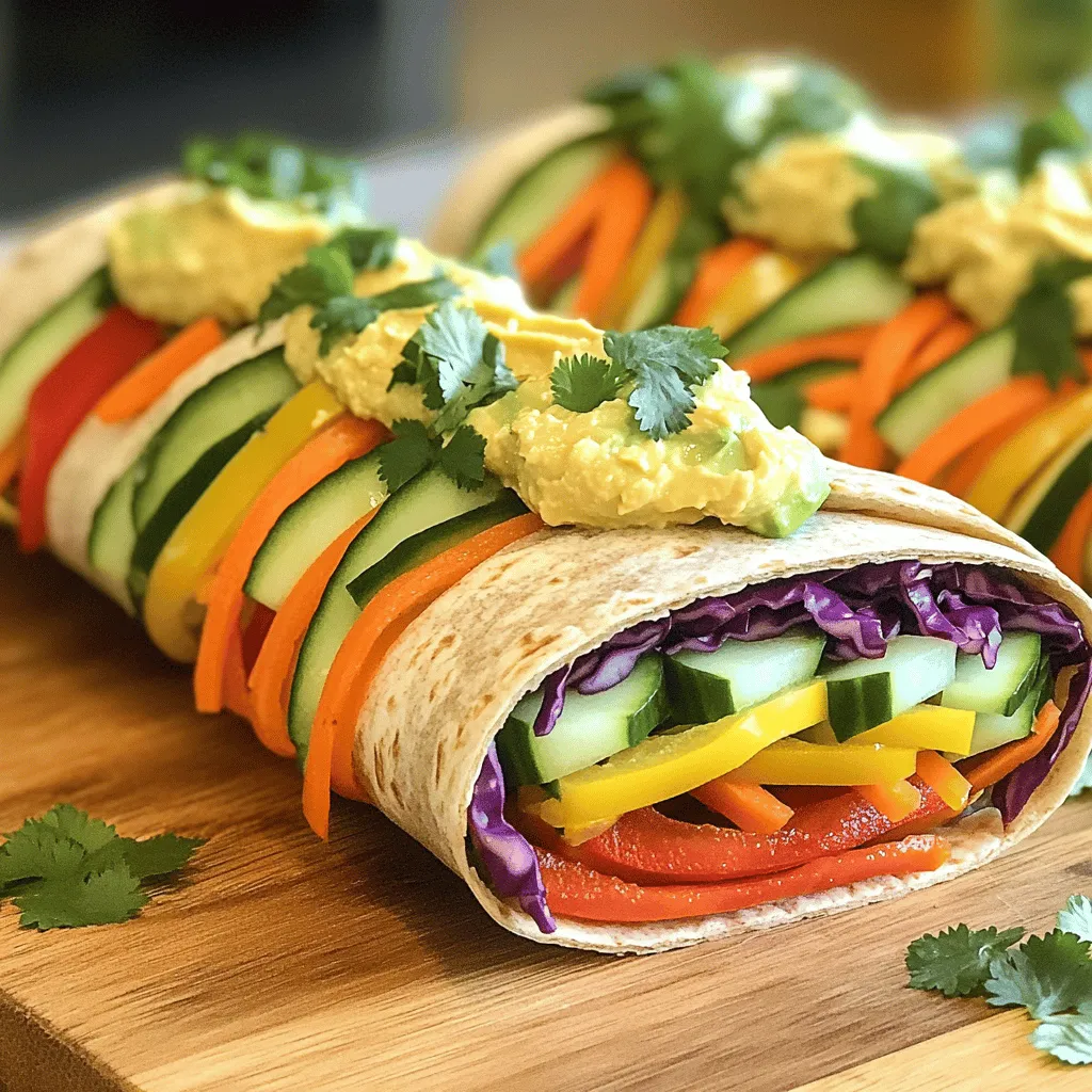 Für die Regenbogen Gemüse Wraps benötigst du frische, bunte Zutaten. Hier sind die Hauptzutaten: - 4 große Vollkorn-Tortillas - 1 Tasse rote Paprika, dünn geschnitten - 1 Tasse gelbe Paprika, dünn geschnitten - 1 Tasse Gurke, julienniert - 1 Tasse Karotte, gerieben - 1 Tasse lila Kohl, zerkleinert - 1 Avocado, in Scheiben geschnitten - 1 Tasse Hummus (jede Geschmacksrichtung) - 1 Esslöffel Zitronensaft - Salz und Pfeffer nach Geschmack - Frische Koriander- oder Petersilienblätter, zur Garnitur Wähle frisches und biologisches Gemüse, wenn möglich. Dies verbessert den Geschmack. Du kannst auch glutenfreie Tortillas nutzen, wenn du Gluten vermeiden möchtest. Für Hummus empfehle ich die Sorten mit weniger Zusatzstoffen. Die verschiedenen Gemüsesorten in diesen Wraps bieten viele Vorteile: - Rote und gelbe Paprika: Voll von Vitamin C, gut für das Immunsystem. - Gurke: Hydratisierend und kalorienarm, perfekt für Snacks. - Karotte: Reich an Beta-Carotin, wichtig für die Augen. - Lila Kohl: Hoher Ballaststoffgehalt, unterstützt die Verdauung. - Avocado: Enthält gesunde Fette, die das Herz schützen. Diese Zutaten bieten nicht nur Geschmack, sondern auch viele Nährstoffe. So genießt du gesunde und leckere Regenbogen Gemüse Wraps. Du findest das vollständige Rezept weiter oben. Zuerst schneidest du das Gemüse. Nimm die rote und gelbe Paprika und schneide sie in dünne Streifen. Dann juliennisiere die Gurke. Reibe die Karotte. Zerkleinere den lila Kohl. Achte darauf, dass alles gleichmäßig geschnitten ist. So sieht es schön aus und schmeckt besser. Lege das Gemüse in eine große Schüssel. Halte es bereit für die Wraps. Jetzt ist es Zeit für den Hummus und die Avocado. Nimm eine kleine Schüssel. Vermenge die Avocadoscheiben mit dem Zitronensaft. Das verhindert, dass sie braun werden. Füge eine Prise Salz und Pfeffer hinzu. So schmecken die Avocados frisch und lecker. Du kannst jeden Hummus-Geschmack verwenden, den du magst. Das gibt den Wraps einen tollen Kick. Jetzt kommt der spaßige Teil! Lege eine Tortilla flach auf die Arbeitsfläche. Verteile eine großzügige Schicht Hummus auf der Tortilla, aber lasse einen Zoll am Rand frei. Beginne nun, das Gemüse in einem Regenbogenmuster zu schichten. Lege zuerst die roten Paprikastreifen, dann die gelben Paprika, Gurke, Karotte, lila Kohl und schließlich die Avocadoscheiben. Würze das Gemüse leicht mit Salz und Pfeffer. Um den Wrap zu formen, beginne am Rand, der dir am nächsten ist. Falte ihn über die Füllung. Drücke leicht nach unten und rolle den Wrap von dir weg. Tucke die Seiten hinein, um die Füllung zu sichern. Wenn du den Wrap fertig gerollt hast, schneide ihn mit einem scharfen Messer in der Mitte durch. Wiederhole das mit den anderen Tortillas. Du kannst die Wraps sofort servieren oder in Pergamentpapier wickeln, um sie frisch zu halten. Für das vollständige Rezept schaue bitte in die vorherige Sektion. Wählen Sie die richtigen Tortillas für Ihre Regenbogen Gemüse Wraps. Ich empfehle Vollkorn-Tortillas. Sie sind gesund und geben den Wraps einen nussigen Geschmack. Achten Sie darauf, dass die Tortillas frisch sind. Das macht den Wrap einfacher zu rollen. Sie können auch Reis- oder Mais-Tortillas probieren, wenn Sie glutenfrei leben. Eine schöne Präsentation macht den Unterschied. Schneiden Sie die Wraps in der Mitte, um die bunten Schichten zu zeigen. Legen Sie die Hälften auf einen großen Teller. Fügen Sie frische Kräuter wie Koriander oder Petersilie hinzu. Das bringt Farbe und macht den Wrap lebendiger. Sie können auch kleine Portionen Hummus daneben setzen. Das sieht toll aus und schmeckt klasse. Dips bringen zusätzlichen Geschmack. Hummus ist eine großartige Wahl. Er ist gesund und passt gut zu Gemüse. Sie können auch Guacamole oder einen milden Joghurt-Dip verwenden. Diese Dips sind einfach zuzubereiten. Sie machen die Wraps noch schmackhafter. Probieren Sie, etwas Zitronensaft in den Dip zu geben. Das bringt frische Aromen. Für den Extra-Kick können Sie auch scharfe Saucen anbieten. {{image_4}} Regenbogen Gemüse Wraps sind von Natur aus vegan. Sie enthalten kein Fleisch oder Milchprodukte. Um die Wraps noch bunter zu gestalten, füge dein Lieblingsgemüse hinzu. Zum Beispiel, probiere Zucchini, Spinat oder Mangold. Diese Zutaten bringen nicht nur Farbe, sondern auch Nährstoffe. Du kannst die Wraps auch mit einer pflanzlichen Sauce oder Dressing variieren. Cremige Avocado oder selbst gemachter veganer Joghurt passen gut dazu. Wenn du mehr Protein willst, gibt es viele gute Optionen. Kichererbsen sind einfach und lecker. Du kannst sie pürieren und als Aufstrich verwenden. Tofu ist eine weitere großartige Wahl. Brate ihn leicht an und schneide ihn in Würfel. Auch gekochte Linsen oder schwarze Bohnen sind nahrhaft. Diese Zutaten machen die Wraps sättigender und liefern dir Energie für den Tag. Für Menschen mit Glutenunverträglichkeit gibt es einfache Lösungen. Du kannst glutenfreie Tortillas verwenden. Diese sind in vielen Geschäften erhältlich. Alternativ kannst du auch große Blätter von Salat verwenden, um die Füllung zu umwickeln. Romana- oder Eisbergsalat sind perfekt dafür. Sie sind knackig und frisch. Egal für welche Option du dich entscheidest, die Regenbogen Gemüse Wraps bleiben bunt und lecker. Für das vollständige Rezept kannst du auf den Link zur Full Recipe klicken. Um die Wraps frisch zu halten, lege ich sie in Pergamentpapier. Das hilft, die Feuchtigkeit zu bewahren und die Tortillas weich zu halten. Du kannst sie auch in eine luftdichte Box legen. Vermeide Plastikfolie, da sie die Wraps matschig machen kann. Halte sie im Kühlschrank, um die Frische zu erhalten. Im Kühlschrank bleiben die Wraps etwa 2 bis 3 Tage frisch. Ich empfehle, sie in den ersten zwei Tagen zu essen. So schmecken sie am besten. Achte darauf, sie in einem geschlossenen Behälter zu lagern. So bleiben sie knackig und lecker. Für längere Aufbewahrung friere die Wraps ein. Wickel jeden Wrap in Frischhaltefolie und lege sie in einen Gefrierbeutel. So bleiben sie bis zu einem Monat frisch. Wenn du sie essen möchtest, lasse sie über Nacht im Kühlschrank auftauen. Danach sind sie bereit zum Genießen! Du kannst die Wraps auch leicht in der Mikrowelle erwärmen. Sie schmecken dann fast wie frisch gemacht. Sie können die Wraps ganz nach Ihrem Geschmack anpassen. Magst du scharfe Aromen? Füge etwas Jalapeño hinzu. Vielleicht liebst du Kräuter? Frische Minze oder Basilikum passen toll. Du kannst auch verschiedene Hummus-Sorten verwenden. Probiere zum Beispiel Rote-Bete-Hummus oder Knoblauch-Hummus. Fast jedes Gemüse kann in Wraps verwendet werden. Hier sind einige tolle Optionen: - Zucchini, dünn geschnitten - Spinat oder Rucola - Brokkoli, gedämpft und klein geschnitten - Süßkartoffeln, gekocht und püriert - Radieschen für einen knackigen Biss Experimentiere mit verschiedenen Gemüse, um deinen perfekten Wrap zu finden. Ja, Regenbogen Gemüse Wraps sind sehr gesund! Sie sind voll mit Vitaminen und Mineralstoffen. Das bunte Gemüse bietet Antioxidantien, die gut für das Herz sind. Vollkorn-Tortillas liefern Ballaststoffe, die die Verdauung fördern. Hummus gibt zusätzlich gesunde Fette und Proteine. Genieße die Regenbogen Gemüse Wraps als nahrhafte Mahlzeit oder Snack. Du kannst das Rezept und alle Zutaten in der [Full Recipe] finden. Regenbogen Gemüse Wraps bieten viele gesunde Vorteile und lassen sich leicht zubereiten. Die richtigen Zutaten und Tipps helfen, leckere und ansprechende Wraps zu kreieren. Denke an Variationen, die zu deinem Geschmack passen, und bewahre sie richtig auf. Mit diesen Ideen kannst du kreativ werden und deine eigenen Wraps machen. So machst du gesunde Ernährung einfach und lecker. Probiere es aus und genieße deinen bunten Snack!