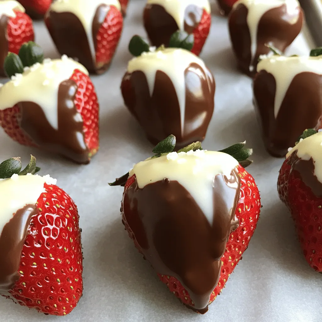 - 450 g frische Erdbeeren - 225 g Zartbitterschokolade - 115 g weiße Schokolade (optional) - 1 Teelöffel Kokosöl (optional) - Meersalz oder gehackte Nüsse (zum Topping, optional) Ich liebe es, frische Erdbeeren in Schokolade zu tauchen. Die Hauptzutaten sind einfach. Du brauchst 450 g frische Erdbeeren. Achte darauf, sie gut zu waschen und zu trocknen. Feuchtigkeit kann die Schokolade abperlen lassen. Die Schokolade ist der Star dieses Rezepts. Verwende 225 g Zartbitterschokolade mit mindestens 70 % Kakao. Diese Schokolade gibt einen reichen Geschmack. Wenn du etwas Kreatives möchtest, füge 115 g weiße Schokolade hinzu. Sie ist perfekt für die Verzierung. Zusätzlich kannst du einen Teelöffel Kokosöl verwenden. Das macht die Schokolade glatt und glänzend. Du kannst auch Meersalz oder gehackte Nüsse als Topping nutzen. Diese Zutaten geben deiner Kreation das gewisse Extra. Für das vollständige Rezept schau dir bitte die [Full Recipe] an. Um die Erdbeeren richtig vorzubereiten, wasche sie gründlich. Danach trockne sie vorsichtig mit einem Papiertuch ab. Achte darauf, dass sie nicht feucht sind. Wenn die Erdbeeren feucht bleiben, bleibt die Schokolade nicht haften. Es ist wichtig, dass du jeden Stiel greifst, um die Erdbeeren zu halten. So kannst du sie gut eintauchen und sauber arbeiten. Für die Zartbitterschokolade benutze die Mikrowelle. Gib die gehackte Schokolade in eine mikrowellengeeignete Schüssel. Erhitze sie in 20-Sekunden-Intervallen. Rühre die Schokolade zwischendurch um, bis sie glatt ist. Wenn du eine geschmeidige Textur möchtest, füge einen Teelöffel Kokosöl hinzu. Das macht die Schokolade noch besser zum Eintauchen. Halte jede Erdbeere am Stiel und tauche sie in die geschmolzene Schokolade. Achte darauf, dass sie gleichmäßig bedeckt ist. Lass die überschüssige Schokolade abtropfen. Lege die Erdbeeren auf ein mit Backpapier ausgelegtes Blech. Lass Abstand zwischen den Erdbeeren, damit sie nicht zusammenkleben. Wenn du weiße Schokolade zur Dekoration nutzen möchtest, schmelze sie wie die dunkle Schokolade. Verwende eine Gabel oder einen Spritzbeutel, um kreativ zu sein. Du kannst die Erdbeeren auch mit Meersalz oder Nüssen bestreuen, bevor die Schokolade fest wird. - Temperatur der Schokolade: Die Schokolade sollte warm, aber nicht heiß sein. Ideal ist eine Temperatur zwischen 30 und 32 Grad Celsius. So bleibt die Schokolade geschmeidig und lässt sich gut auftragen. - Vermeidung von Feuchtigkeit: Feuchtigkeit ist der Feind beim Dipping. Stelle sicher, dass die Erdbeeren ganz trocken sind. Tupfe sie mit einem Papiertuch ab, bevor du sie in die Schokolade tauchst. - Vorschläge für kreative Toppings: Du kannst die Schokolade mit vielen Dingen dekorieren. Zum Beispiel mit gehackten Nüssen, bunten Streuseln oder Kokosraspeln. Sei kreativ und mische verschiedene Toppings. - Tipps zur Verwendung von Spritzbeuteln: Ein Spritzbeutel ist perfekt für feine Dekoration. Fülle den Beutel mit geschmolzener weißer Schokolade. Drücke vorsichtig, um schöne Muster auf die Erdbeeren zu zaubern. - Was tun, wenn die Schokolade nicht haftet?: Wenn die Schokolade nicht haftet, könnte es an der Feuchtigkeit liegen. Stelle sicher, dass die Erdbeeren trocken sind. Erwärme auch die Schokolade nochmal leicht, um sie geschmeidiger zu machen. - Ratschläge bei Abplatzen der Schokolade: Abplatzen kann passieren, wenn die Schokolade zu dick ist oder die Erdbeeren zu kalt sind. Achte darauf, die Schokolade gleichmäßig dünn aufzutragen. Lass die Erdbeeren vor dem Dipping etwas Raumtemperatur erreichen. {{image_4}} Bei Schokoladenüberzogenen Erdbeeren spielen die Schokoladenarten eine große Rolle. Ich liebe Zartbitterschokolade. Sie hat einen tiefen, reichen Geschmack. Milchschokolade ist süßer und cremiger. Beide Optionen sind köstlich, aber sie bieten unterschiedliche Erlebnisse. - Zartbitterschokolade: Sie hat oft 70 % Kakao oder mehr. Die Bitterkeit passt perfekt zu süßen Erdbeeren. - Milchschokolade: Sie ist milder und süßer. Sie ist ideal für Fans von süßem Geschmack. Es gibt auch andere Schokoladensorten, die du ausprobieren kannst. Weiße Schokolade ist eine beliebte Wahl. Sie hat einen süßen, cremigen Geschmack, der gut zu Erdbeeren passt. Vegane Schokolade ist eine tolle Option für Veganer. Sie wird aus Pflanzenfetten hergestellt und ist oft genauso lecker. Jetzt kommen wir zu den Toppings. Diese machen deine Erdbeeren noch interessanter. Du kannst kreativ sein und verschiedene Zutaten verwenden. - Schokoladensplitter: Füge gehackte Nüsse oder bunte Streusel hinzu. - Kokosflocken: Diese geben einen tropischen Touch. - Karamellsoße: Ein wenig Karamell macht die Erdbeeren dekadent. Du kannst auch andere Früchte kombinieren. Bananen oder Ananasstücke passen gut. Diese Kombinationen bringen neue Aromen in dein Dessert. Wenn du gesunde Alternativen suchst, sind dunkle Schokoladen eine hervorragende Wahl. Sie enthalten mehr Kakao und weniger Zucker. Dunkle Schokolade hat auch Antioxidantien. - Verwendung von dunkler Schokolade: Wähle mindestens 70 % Kakao für den besten Geschmack und die besten Vorteile. - Zuckerfreie Optionen: Es gibt zuckerfreie Schokoladen, die süß und lecker sind. Diese sind perfekt für Menschen, die ihren Zuckerkonsum reduzieren möchten. Mit diesen Variationen kannst du deine Schokoladenüberzogenen Erdbeeren nach deinem Geschmack anpassen. Probiere verschiedene Kombinationen aus und finde deine Lieblingsversion! Möchtest du das Rezept? Hier ist der Link zum [Full Recipe]. Um Schokoladenüberzogene Erdbeeren frisch zu halten, lagere sie im Kühlschrank. Lege sie in einen luftdichten Behälter. So bleibt die Schokolade knusprig und die Erdbeeren saftig. Vermeide es, sie mit anderen Lebensmitteln zu mischen. Dies kann den Geschmack beeinflussen. Hier sind einige Tipps für die Lagerung: - Verwende Backpapier: Lege die Erdbeeren auf Backpapier, bevor du sie in den Behälter legst. Das verhindert, dass sie zusammenkleben. - Kühle sie schnell: Stelle sicher, dass die Erdbeeren nach dem Dippen schnell in den Kühlschrank kommen. So härtet die Schokolade besser aus. Schokoladenüberzogene Erdbeeren sind am besten, wenn sie frisch sind. Sie halten sich bis zu 24 Stunden im Kühlschrank. Nach dieser Zeit können sie weich werden. Die Erdbeeren verlieren ihre frische und die Schokolade kann schmelzen. Wenn du die Erdbeeren länger aufbewahren möchtest, kannst du sie gefrieren. Wickele jede Erdbeere in Frischhaltefolie. Lege sie in einen Gefrierbeutel und entferne die Luft. So bleiben sie bis zu einem Monat frisch. Beachte jedoch, dass die Textur nach dem Auftauen anders sein kann. Die Schokolade kann brüchig werden und die Erdbeeren können matschig wirken. Also genieße sie frisch oder teile sie mit Freunden! Schokoladenüberzogene Erdbeeren halten etwa 24 Stunden im Kühlschrank. Lagere sie in einem luftdichten Behälter. Feuchtigkeit und Wärme können die Haltbarkeit verringern. Achte darauf, dass sie nicht in Kontakt mit Wasser kommen. Für die beste Frische genieße sie am selben Tag. Ja, du kannst die Schokolade im Voraus schmelzen. Schmelze sie wie beschrieben in der Mikrowelle. Lass die Schokolade dann abkühlen, bevor du sie lagerst. Verwende einen luftdichten Behälter. Du kannst die Schokolade später erneut erwärmen, wenn du bereit bist. Rühre sie gut durch, um eine glatte Konsistenz zu erhalten. Fertige Schokoladenüberzogene Erdbeeren bekommst du in vielen Geschäften. Besuche lokale Feinkostläden oder Supermärkte. Auch Online-Shops bieten sie oft an. Beliebte Marken haben oft diese Treats im Angebot. Achte auf die Qualität der Schokolade und der Erdbeeren. Ja, sie enthalten gesunde Nährstoffe. Erdbeeren sind reich an Vitaminen und Antioxidantien. Sie sind gut für das Herz und die Haut. Dunkle Schokolade hat auch gesundheitliche Vorteile. Sie enthält Flavonoide, die entzündungshemmend wirken. In Maßen genossen, sind sie eine schmackhafte Leckerei. Schokoladenüberzogene Erdbeeren sind perfekt für viele Anlässe. Sie sind ideal für Partys und Geburtstagsfeiern. Auch als Dessert für romantische Dinner sind sie beliebt. Nutze sie für Hochzeiten oder Valentinstag. Ihre Schönheit und der Geschmack machen sie zu einem Hit. Erdbeeren in Schokolade sind einfach und lecker. Wir haben die Hauptzutaten und fügt tolle Tipps hinzu. Mit der Schritt-für-Schritt-Anleitung gelingen sie dir leicht. Variationen bieten dir viel Spielraum für Kreativität. Achte auf die Lagerung, damit die Erdbeeren frisch bleiben. Schokoladenüberzogene Erdbeeren sind perfekt für Feste oder einfach für dich. Genieß das Zusammenspiel von Geschmack und Frische!