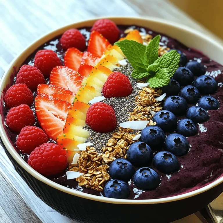 - Gefrorenes Açaí-Püree - Reife Banane - Mandelmilch oder Alternative Die Hauptzutaten sind einfach zu finden. Gefrorenes Açaí-Püree ist der Star der Schale. Es gibt ihm seinen einzigartigen, fruchtigen Geschmack. Du kannst es in vielen Geschäften kaufen. Achte darauf, dass es ungesüßt ist. Reife Bananen geben der Mischung eine süße und cremige Textur. Mandelmilch oder eine andere Milch macht die Mischung flüssiger. Du kannst auch Hafermilch oder Kokosmilch nutzen, je nach deinem Geschmack. - Granola und gemischte Beeren - Chiasamen und Kokosflocken - Dekoration mit Minzblättern Beläge machen deine Açaí-Schale bunt und lecker. Granola sorgt für einen knusprigen Biss. Die Beeren bringen frische und Farbe. Du kannst Erdbeeren, Heidelbeeren oder Himbeeren nehmen. Chiasamen sind eine tolle Ergänzung für die Nährstoffe. Sie sind klein, aber stark in der Wirkung! Kokosflocken bringen einen tropischen Geschmack. Minzblätter sind das i-Tüpfelchen. Sie machen die Schale noch schöner und frischer. Für das volle Rezept, schau dir die Regenbogen Glück Açaí Schalen an. Zuerst nimmst du den Mixer für die Açaí-Mischung. Gib das gefrorene Açaí-Püree, die Banane und die Mandelmilch in den Mixer. Mixe alles gut, bis die Mischung glatt ist. Wenn die Mischung zu dick ist, füge mehr Milch hinzu. Achte darauf, die Seiten des Mixbehälters abzukratzen, falls nötig. So erreichst du die perfekte Konsistenz für deine Açaí-Basis. Jetzt gieß die Açaí-Mischung vorsichtig in eine Schüssel. Beginne mit dem Granola und schichte die Toppings schön auf einer Seite. Arrangiere die Beeren kunstvoll neben dem Granola. Dies schafft eine bunte und ansprechende Präsentation. Streue die Chiasamen und Kokosflocken in einer Linie über die Schüssel. So heben sich die Farben der Früchte schön ab. Um die optische Präsentation zu verbessern, füge einen Zweig frischer Minze hinzu. Dies gibt deiner Schale einen frischen Look. Serviere die Açaí-Schale sofort mit einem Löffel. Genieße die Schönheit und die Nährstoffe deiner selbstgemachten Açaí-Schale. Die Açaí-Schale schmeckt am besten frisch zubereitet. Um die perfekte Konsistenz deiner Açaí-Schale zu erreichen, ist die Flüssigkeitsmenge wichtig. Beginne mit der angegebenen Menge Mandelmilch. Du kannst sie nach Bedarf anpassen. Wenn die Mischung zu dick ist, füge etwas mehr Milch hinzu. Mische alles gut, bis es cremig wird. Vermeide Klumpen, indem du zwischendurch anhältst und die Seiten des Mixbehälters abkratzt. Die Toppings bringen Farbe und Geschmack in deine Açaí-Schale. Probiere leckere und gesunde Alternativen. Nüsse, Samen oder Kokosraspeln sind toll. Für eine saisonale Note nutze frische Beeren. Erdbeeren im Sommer oder Äpfel im Herbst passen super. Variiere deine Toppings, um neue Geschmäcker zu entdecken. Wähle nährstoffreiche Zutaten für deine Açaí-Schale. Achte darauf, frische Früchte und hochwertige Nüsse zu verwenden. Bei Süßungsmitteln kannst du Honig oder Agavendicksaft nutzen. Diese sind natürliche Alternativen zu Zucker. Experimentiere mit der Menge, um die Süße nach deinem Geschmack zu treffen. Für das vollständige Rezept schau dir die Regenbogen Glück Açaí Schalen an! {{image_4}} Açaí-Bowls sind nicht nur lecker, sondern auch sehr anpassbar. Eine meiner liebsten Variationen ist die Tropical-Açaí-Schale mit Mangos. Hierbei verwende ich gefrorenes Açaí-Püree, Banane und Mandelmilch. Ich füge frische Mangostücke hinzu und dekoriere mit Kokosflocken. Der Geschmack erinnert an Urlaub! Eine weitere tolle Option ist die Schokolade-Açaí-Schale mit Kakao-Pulver. Ich mische das gefrorene Açaí-Püree mit einer Banane und einer kleinen Menge Kakao. Dadurch erhält die Schale einen schokoladigen Geschmack. Ich dekoriere sie mit Erdbeeren und Nüssen. So wird sie zu einem echten Genuss! Wenn du mehr Protein möchtest, füge proteinreiche Ergänzungen hinzu. Das kann ein Löffel Erdnussbutter oder ein Esslöffel Chiasamen sein. Diese Zutaten geben der Schale einen nussigen Geschmack und steigern den Nährwert. Du kannst auch Avocado verwenden. Sie macht die Schale schön cremig. Für Kinder sind süße Açaí-Schalen perfekt. Ich mache oft eine Schale mit bunten Zutaten. Verwende zum Beispiel gefrorene Beeren, die die Kinder lieben. Du kannst auch Honig oder Ahornsirup für mehr Süße hinzufügen. Die bunten Schalen sind nicht nur lecker, sondern auch ein echter Hingucker. Lass die Kinder beim Dekorieren helfen. Es macht Spaß und regt ihre Kreativität an! Die Açaí-Mischung solltest du im Kühlschrank lagern. So bleibt sie frisch. Du kannst sie auch einfrieren. Fülle die Mischung in einen luftdichten Behälter. So bleibt der Geschmack erhalten. Im Kühlschrank hält die Mischung etwa zwei Tage. Wenn du sie einfrierst, kann sie bis zu einem Monat halten. Um die Frische der Früchte zu bewahren, lagere sie im Kühlschrank. Beeren sollten in einem offenen Behälter liegen. So bleibt die Luft zirkulieren. Granola bewahre in einem trockenen, luftdichten Behälter auf. So bleibt es knusprig und lecker. Toppings wie Kokosflocken sollten ebenfalls gut verschlossen werden. Reste der Açaí-Mischung kannst du in Smoothies nutzen. Einfach im Mixer pürieren. Überreife Bananen sind perfekt für Açaí-Bowls. Sie geben der Mischung eine süße Note. Du kannst sie auch in Pancakes oder Muffins verwenden. So sparst du Zutaten und schaffst leckere Snacks. Açaí ist eine kleine, dunkelviolette Beere. Sie kommt aus dem Amazonasgebiet. Diese Beere hat viele Nährstoffe. Açaí ist reich an Antioxidantien. Diese helfen, den Körper zu schützen. Açaí enthält auch gesunde Fette. Diese Fette sind gut für das Herz. Außerdem hat Açaí Ballaststoffe, die gut für die Verdauung sind. Eine selbstgemachte Açaí-Schale hat etwa 250 bis 400 Kalorien. Die genauen Kalorien hängen von den Zutaten ab. Wenn du Granola und viele Früchte hinzufügst, steigen die Kalorien. Ein einfaches Rezept wie das Regenbogen Glück Açaí Schalen hat weniger Kalorien, wenn du die Menge der Toppings anpasst. Achte darauf, die Zutaten zu wählen, die dir am besten passen. Ja, du kannst Açaí-Schalen im Voraus zubereiten. Mache die Açaí-Mischung und lagere sie im Kühlschrank. Du kannst die Mischung auch einfrieren. So bleibt sie frisch. Bereite die Toppings erst kurz vor dem Essen vor. So sind sie knusprig und frisch. Diese Tipps helfen dir, deine Açaí-Schalen schnell zu genießen! Açaí-Schalen sind einfach zuzubereiten und vielseitig. Wir haben die wichtigsten Zutaten, die besten Tipps und kreative Variationen besprochen. Mit diesen einfachen Schritten kannst du gesunde Açaí-Schalen selbst machen. Erkunde die Möglichkeiten und finde deine Lieblingskombination. Denke daran, frische Zutaten zu wählen und kreativ zu sein. So machst du jede Schale zu etwas Besonderem. Viel Spaß beim Ausprobieren und Teilen deiner leckeren Kreationen!
