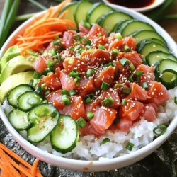Für die Spicy Tuna Sushi Bowls brauchst du einige wichtige Zutaten. Hier sind sie: - 1 Tasse Sushi-Reis - 1 ½ Tassen Wasser - 1 Esslöffel Reisessig - 1 Esslöffel Zucker - ¼ Teelöffel Salz - 225 g sushi-tauglicher Thunfisch, gewürfelt - 2 Esslöffel Mayonnaise (am besten Kewpie) - 1 Esslöffel Sriracha (nach Geschmack anpassen) - 1 Gurke, dünn geschnitten - 1 Avocado, in Scheiben geschnitten - 1 Möhre, in feine Streifen geschnitten - 2 Frühlingszwiebeln, dünn geschnitten - Sesamsamen zur Garnierung - Nori-Blätter, in Streifen geschnitten (optional) - Sojasauce zum Beträufeln Diese Zutaten machen das Gericht frisch und lecker. Sushi-Reis ist der Grundbaustein. Er gibt die richtige Textur. Frischer Thunfisch bringt den Geschmack. Mayonnaise und Sriracha sorgen für die Schärfe. Du kannst die Sushi Bowls nach deinem Geschmack anpassen. Hier sind einige Optionen: - Radieschen für einen knusprigen Biss - Avocado für Cremigkeit - Nori für einen Umami-Geschmack - Frische Kräuter wie Koriander oder Minze Mit diesen Garnierungen machst du die Bowls noch bunter. Sie bringen auch mehr Geschmack. Du kannst kreativ sein und deine Lieblingszutaten hinzufügen. Frische Zutaten sind der Schlüssel zum Erfolg. Achte auf Folgendes: - Der Thunfisch sollte rot und glänzend sein. Er darf keinen fischigen Geruch haben. - Wähle knackige Gemüse. Sie sollten frisch und ohne Flecken sein. - Achte auf die Relevanz der Saison. Saisonales Gemüse ist oft frischer und günstiger. - Kaufe Sushi-Reis in einem asiatischen Markt. Er hat oft die beste Qualität. Wenn du frische Zutaten wählst, schmecken deine Sushi Bowls besser. Sie sehen auch toll aus! Um den perfekten Sushi-Reis zu machen, spüle zuerst 1 Tasse Sushi-Reis unter kaltem Wasser ab. So entfernst du überschüssige Stärke. Das Wasser sollte klar sein. Danach vermenge den Reis mit 1 ½ Tassen Wasser in einem mittleren Topf. Bringe das Wasser zum Kochen. Reduziere dann die Hitze, decke den Topf ab und lasse den Reis 18 bis 20 Minuten köcheln. Der Reis muss zart sein. Nach dem Kochen nimm den Topf vom Herd und lasse den Reis 10 Minuten abgedeckt ruhen. In einer kleinen Schüssel vermische 1 Esslöffel Reisessig, 1 Esslöffel Zucker und ¼ Teelöffel Salz. Rühre gut um, bis sich alles auflöst. Gib die Mischung vorsichtig unter den Reis und lasse ihn etwas abkühlen. Jetzt kommt der spannende Teil. In einer separaten Schüssel nimm 225 g sushi-tauglichen Thunfisch und schneide ihn in kleine Würfel. Füge 2 Esslöffel Mayonnaise und 1 Esslöffel Sriracha hinzu. Rühre alles gut um, bis der Thunfisch gleichmäßig bedeckt ist. Du kannst die Menge Sriracha anpassen, um die Schärfe nach deinem Geschmack zu verändern. Diese Mischung gibt dem Gericht den besonderen Kick. Für die Schalen verteile zuerst den Sushi-Reis gleichmäßig auf deine Servierschalen. Danach kommt die scharfe Thunfischmischung oben drauf. Jetzt kannst du kreativ werden! Füge dünn geschnittene Gurke, Avocado und Karottenstreifen hinzu. Dünn geschnittene Frühlingszwiebeln geben einen frischen Geschmack. Streue zum Schluss Sesamsamen darüber. Wenn du magst, lege Nori-Streifen um den Rand der Schalen und beträufle mit Sojasauce. Diese einfache Zubereitung macht deine Spicy Tuna Sushi Bowls nicht nur lecker, sondern auch schön anzusehen. Für die komplette Anleitung, schau dir das Full Recipe an. Ein häufiger Fehler ist das Waschen des Reis. Wenn Sie den Sushi-Reis nicht gründlich abspülen, bleibt er klebrig. Das Ergebnis ist ein schlechter Reis. Achten Sie darauf, das Wasser so lange zu wechseln, bis es klar bleibt. Ein weiterer Fehler ist das Überkochen des Reises. Kochen Sie ihn immer bei niedriger Hitze und decken Sie ihn ab. Die Schärfe von Sriracha kann stark variieren. Beginnen Sie mit einem Esslöffel und probieren Sie die Mischung. Wenn Sie es schärfer mögen, fügen Sie mehr hinzu. Denken Sie daran, dass die Schärfe beim Mischen mit der Mayonnaise abnimmt. Seien Sie vorsichtig, wenn Sie den Thunfisch würzen. Um mehr Geschmack zu erhalten, können Sie frische Kräuter hinzufügen. Koriander oder Schnittlauch passen gut. Auch ein Spritzer Limettensaft kann das Gericht aufpeppen. Für einen zusätzlichen Crunch verwenden Sie geröstete Nori-Streifen oder knusprige Zwiebelringe. Dies gibt Ihrer Schüssel Textur und mehr Tiefe. {{image_4}} Es gibt viele Gemüse, die du verwenden kannst. Probiere Paprika, Radieschen oder Zucchini. Diese Gemüse bringen Farbe und Knusprigkeit. Du kannst sie frisch verwenden oder leicht anbraten. So bekommst du verschiedene Texturen und Geschmäcker in deine Schalen. Wenn du keinen Fisch magst, gibt es Alternativen. Gegrillter Tofu ist eine tolle Wahl. Er nimmt den Geschmack der Gewürze gut auf. Auch gebratene Garnelen oder Hähnchenwürfel passen gut. Vegane Alternativen sind ebenfalls möglich. Verwende zum Beispiel Avocado und Gemüse anstelle von Fisch. Für glutenfreie Sushi-Schalen kannst du Tamari anstelle von Sojasauce nutzen. Diese Variante ist lecker und gesund. Vegane Optionen sind einfach umzusetzen. Tausche Fisch gegen Tofu oder Glasnudeln aus. Achte darauf, auch die Mayonnaise zu ersetzen. Es gibt viele vegane Mayonnaise-Marken, die gut schmecken. So bleibt dein Gericht frisch und lecker. Denke daran, dass du mit verschiedenen Zutaten experimentieren kannst. Es gibt viele Wege, um deine Sushi-Schalen anzupassen. Du kannst nach Lust und Laune kombinieren. Wenn du mehr über die Zubereitung erfahren möchtest, schau dir das Full Recipe an. Es ist wichtig, die Reste deiner Spicy Tuna Sushi Bowls gut aufzubewahren. Ich empfehle, die Schalen in luftdichten Behältern zu lagern. So bleiben die frischen Zutaten länger frisch. Lagere den Reis separat vom Belag. So vermeidest du, dass der Reis matschig wird. Die Reste können bis zu zwei Tage im Kühlschrank bleiben. Die Haltbarkeit der Zutaten variiert. Hier sind einige allgemeine Richtlinien: - Sushi-Reis: Ungekocht hält er sich mehrere Monate. Gekochter Reis bleibt bis zu 3 Tage frisch. - Thunfisch: Frischer Thunfisch sollte innerhalb von 1-2 Tagen verbraucht werden. In der Tiefkühltruhe kann er jedoch bis zu 3 Monate halten. - Gemüse: Gurken und Avocados bleiben 1-2 Tage frisch, wenn sie in den Schalen sind. Wenn du den Reis wiedererwärmen möchtest, gehe vorsichtig vor. Mikrowelle ihn in kurzen Intervallen. Befeuchte den Reis leicht mit Wasser. So bleibt er fluffig und trocken. Du kannst auch einen Dampfgarer verwenden, um den Reis schonend zu erwärmen. Achte darauf, die Temperatur niedrig zu halten, damit der Reis nicht zu trocken wird. Ja, du kannst Sushi-Reis im Voraus zubereiten. Koche den Reis und lasse ihn abkühlen. Dann bewahre ihn in einem luftdichten Behälter im Kühlschrank auf. So bleibt der Reis frisch für bis zu zwei Tage. Wenn du ihn verwenden möchtest, erwärme ihn leicht in der Mikrowelle. Achte darauf, ihn nicht zu lange zu erhitzen, damit er nicht trocken wird. Sushi-tauglicher Thunfisch ist in vielen Supermärkten und Fischmärkten erhältlich. Suche nach frisch gefangenem Thunfisch, der als „sushi-tauglich“ oder „sashimi-Qualität“ gekennzeichnet ist. Du kannst auch in asiatischen Lebensmittelgeschäften nachsehen. Sprich mit dem Fischhändler und frage nach der Frische und Herkunft. Dies stellt sicher, dass dein Thunfisch sicher und lecker ist. Wenn du Sriracha nicht magst, gibt es gute Alternativen. Du kannst andere scharfe Saucen wie Sambal Oelek oder Chilisoße verwenden. Auch eine Mischung aus scharfer Paprika und etwas Zitronensaft kann gut funktionieren. Für weniger Schärfe verwende einfach mehr Mayonnaise. So bleibt das Gericht cremig und lecker. Für das vollständige Rezept schau dir bitte die Anleitung an. Um Spicy Tuna Sushi Bowls zuzubereiten, braucht man frische Zutaten, scharfen Thunfisch und Reis. In dieser Anleitung habe ich wichtige Tipps gegeben, um häufige Fehler zu vermeiden und die Schalen schmackhaft zu gestalten. Variationen wie Gemüse und Optionen für Nicht-Fischesser bieten viel Flexibilität. Achten Sie auch auf die richtige Lagerung der Reste, damit nichts verschwendet wird. Kochen kann Spaß machen und lecker sein! Entdecken Sie eigene Ideen und genießen Sie die Zubereitung Ihrer perfekten Sushi-Schalen.