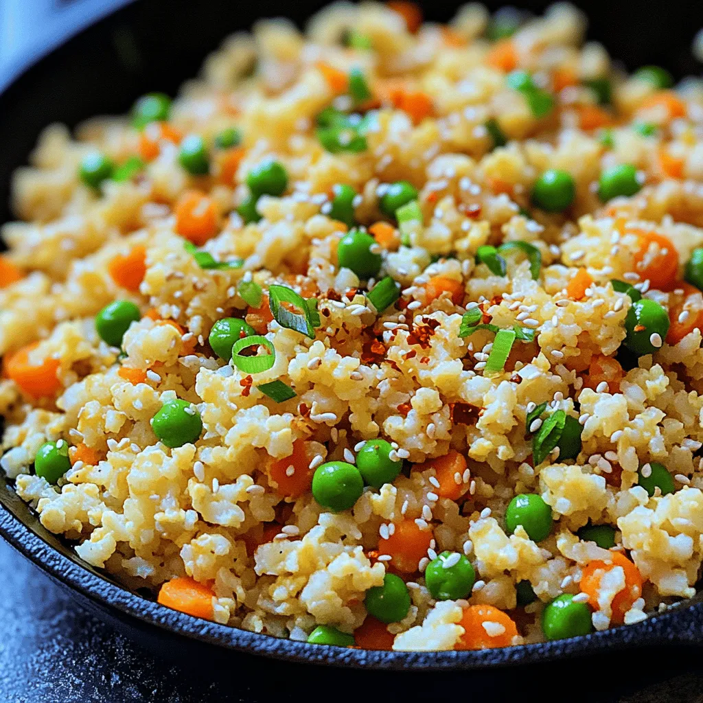 Für Blumenkohl gebratener Reis brauchen Sie frische und einfache Zutaten. Hier sind die Hauptzutaten: - 1 mittelgroßer Blumenkohl, gerieben oder zerkleinert zu reiskorngroßen Stückchen - 2 Esslöffel Kokosöl - 2 Knoblauchzehen, fein gehackt - 1 kleine Zwiebel, gewürfelt - 1 Tasse gemischtes Gemüse (Karotten, Erbsen und Mais) - 2 Frühlingszwiebeln, gehackt - 2 große Eier, verquirlt - 3 Esslöffel Sojasauce (oder Tamari für glutenfrei) - 1 Esslöffel Sesamöl - Salz und Pfeffer nach Geschmack Diese Zutaten geben Ihrem Gericht viel Geschmack und Textur. Die Wahl der Gewürze ist wichtig. Sie bringen das Aroma zutage. Hier sind die Schlüsselgewürze und Öle: - Kokosöl: Ideal für ein leicht süßliches Aroma. - Sesamöl: Gibt einen nussigen Geschmack. - Sojasauce: Fügt Tiefe und Umami hinzu. - Salz und Pfeffer: Grundlegende Gewürze, um den Geschmack zu verstärken. Diese Öle und Gewürze sind einfach zu finden und machen einen großen Unterschied. Möchten Sie Ihr Gericht interessanter machen? Hier sind einige optionale Zutaten: - 1 Teelöffel Chiliflocken für eine scharfe Note. - Zusätzliche Gemüsesorten wie Paprika oder Brokkoli. - Geröstete Nüsse oder Samen zur Textur. Diese Zutaten sind nicht zwingend, aber sie können das Gericht aufpeppen. Sie machen es einzigartig und reichhaltig. Nutzen Sie, was Sie mögen! Um Blumenkohlreis zu machen, beginne mit einem mittelgroßen Blumenkohl. Entferne die Blätter und schneide ihn in Viertel. Du kannst eine Reibe oder eine Küchenmaschine verwenden, um ihn zu zerkleinern. Ziel ist, kleine Stücke zu erhalten, die etwa die Größe von Reiskörnern haben. Stelle den geriebenen Blumenkohl beiseite. So hast du die perfekte Basis für dein Gericht. Erhitze in einer großen Pfanne oder einem Wok zwei Esslöffel Kokosöl bei mittlerer Hitze. Füge zwei fein gehackte Knoblauchzehen und eine gewürfelte kleine Zwiebel hinzu. Brate sie für zwei bis drei Minuten an, bis sie duften und die Zwiebel weich ist. Dann kommt eine Tasse gemischtes Gemüse dazu. Dazu gehören Karotten, Erbsen und Mais. Gar das Gemüse für weitere drei bis vier Minuten, bis es zart ist. Schiebe die Gemüsemischung an eine Seite der Pfanne. Auf die leere Seite gieße zwei verquirlte Eier. Rühre die Eier, bis sie vollständig durchgekocht sind. Mische sie dann mit dem Gemüse. Jetzt ist es Zeit, alles zusammenzubringen. Gib den Blumenkohlreis in die Pfanne. Füge drei Esslöffel Sojasauce und einen Esslöffel Sesamöl hinzu. Vermenge alles gut und lasse es für fünf bis sieben Minuten kochen. Der Blumenkohl sollte zart, aber noch leicht knackig sein. Schmecke das Gericht mit Salz, Pfeffer und optionalen Chiliflocken ab. Füge die gehackten Frühlingszwiebeln kurz vor dem Servieren hinzu. Sie geben dem Gericht einen frischen Geschmack. Jetzt kannst du dein leckeres Blumenkohl gebratener Reis genießen! Für die vollständige Anleitung, schau dir das [Full Recipe] an. Um perfekten Blumenkohlreis zu machen, achte auf die Größe der Stücke. Reibe den Blumenkohl, bis die Stücke so groß wie Reiskörner sind. Wenn die Stücke zu groß sind, wird der Reis matschig. Trockne den Blumenkohl vor dem Kochen. Lege ihn auf ein Küchentuch, um überschüssige Feuchtigkeit zu entfernen. Das hilft, die richtige Konsistenz zu erhalten. Möchtest du mehr Geschmack? Füge frische Kräuter hinzu. Koriander oder Petersilie geben einen frischen Kick. Du kannst auch verschiedene Gemüsesorten verwenden. Paprika, Zucchini oder Brokkoli passen gut. Für mehr Protein, probiere Tofu oder Hühnchen. Diese Optionen verbessern den Nährwert und machen das Gericht spannender. Wenn du keine Sojasauce magst, probiere Tamari oder Kokosaminos. Diese sind glutenfrei und weniger salzig. Für das Öl kannst du Olivenöl oder Avocadoöl verwenden. Diese Öle fügen Geschmack und gesunde Fette hinzu. Für eine scharfe Note, nutze scharfe Sauce oder Sriracha. Experimentiere mit verschiedenen Zutaten, um deinen eigenen Stil zu finden. {{image_4}} Für eine vegane Version von Blumenkohl gebratenem Reis lasse die Eier einfach weg. Nutze stattdessen mehr Gemüse, um den Geschmack zu verbessern. Füge zum Beispiel Pilze oder Zucchini hinzu. Diese geben dem Gericht eine feuchte Textur. Verwende auch Tofu für zusätzliches Protein. Tofu lässt sich gut anbraten und nimmt die Aromen der anderen Zutaten auf. So hast du ein leckeres und nährstoffreiches Gericht. Um Blumenkohl gebratenen Reis mit Hähnchen oder Garnelen zuzubereiten, wähle frisches oder tiefgefrorenes Fleisch. Schneide das Hähnchen oder die Garnelen in kleine Stücke. Brate sie zuerst in der Pfanne, bis sie gar sind. Dann nimm sie heraus und stelle sie beiseite. Mische sie später mit dem Blumenkohlreis. So hast du eine reichhaltige Mahlzeit, die voller Proteine steckt. Die Kombination von Aromen macht dieses Gericht sehr schmackhaft. Du kannst Blumenkohl gebratenen Reis nach deinem Geschmack würzen. Zum Beispiel kannst du Ingwer, Kreuzkümmel oder Koriander hinzufügen. Diese Gewürze geben dem Gericht einen besonderen Kick. Experimentiere auch mit verschiedenen Soßen. Zum Beispiel passt eine Erdnusssoße sehr gut dazu. Für einen scharfen Kick füge einige Chiliflocken hinzu. Diese Variationen machen das Gericht spannend und immer wieder neu. Es gibt unendlich viele Möglichkeiten, deinen Blumenkohl gebratenen Reis zu genießen. Für das vollständige Rezept schau dir den Abschnitt "Vegan Blumenkohl Gebratener Reis" an. Hier findest du alle Schritte und Tipps, um dieses Gericht perfekt zuzubereiten. Wenn Sie Blumenkohl gebratener Reis machen, bleiben oft Reste übrig. Diese Reste können Sie einfach aufbewahren. Lassen Sie den Reis zuerst auf Raumtemperatur abkühlen. Danach füllen Sie ihn in einen luftdichten Behälter. So bleiben die Aromen frisch. Sie können die Reste im Kühlschrank bis zu drei Tage lagern. Zum Aufwärmen geben Sie einfach die Reste in eine Pfanne. Fügen Sie ein wenig Öl hinzu und braten Sie alles für einige Minuten. So wird der Reis wieder warm und lecker. Feuchtigkeit kann den Blumenkohlreis matschig machen. Achten Sie darauf, dass der Blumenkohl gut trocken ist, bevor Sie ihn zubereiten. Wenn Sie den Blumenkohl reiben, lassen Sie ihn etwas ruhen. So kann überschüssige Feuchtigkeit verdampfen. Während des Kochens ist es wichtig, dass Sie die Hitze hoch halten. So gart der Reis schnell, ohne Wasser zu verlieren. Ein guter Trick ist, den Reis nicht zu lange zu kochen. So bleibt er knackig und frisch. Im Kühlschrank hält sich Blumenkohl gebratener Reis bis zu drei Tage. Wenn Sie ihn länger aufbewahren möchten, können Sie ihn einfrieren. Füllen Sie den Reis in Gefrierbeutel. Drücken Sie die Luft heraus, bevor Sie die Beutel schließen. So bleibt der Reis bis zu drei Monate frisch. Zum Auftauen legen Sie den gefrorenen Reis einfach in den Kühlschrank über Nacht. Am nächsten Tag können Sie ihn in der Pfanne aufwärmen. Damit bleibt der Geschmack erhalten und Sie genießen jedes Mal eine köstliche Mahlzeit. Um Blumenkohlreis zu machen, nimm einen mittelgroßen Blumenkohl. Schneide die Blätter ab und teile ihn in Viertel. Benutze eine Reibe oder eine Küchenmaschine. Zerkleinere den Blumenkohl, bis die Stücke die Größe von Reiskörnern haben. Das dauert nur ein paar Minuten. Achte darauf, die Stücke gleichmäßig zu machen. So garen sie gleichmäßig. Ja, Blumenkohl gebratener Reis ist sehr gesund. Er hat weniger Kohlenhydrate als normaler Reis. Blumenkohl ist reich an Vitaminen und Ballaststoffen. Er kann dir helfen, dich länger satt zu fühlen. Außerdem ist das Gericht sehr vielseitig. Du kannst viele Gemüsesorten hinzufügen. Das macht es noch gesünder. Ja, du kannst Blumenkohl gebratener Reis im Voraus machen. Bereite ihn einfach nach dem Rezept vor. Lass ihn dann abkühlen und bewahre ihn in einem luftdichten Behälter auf. Du kannst ihn bis zu vier Tage im Kühlschrank lagern. Wenn du ihn aufwärmen möchtest, mache es in einer Pfanne oder Mikrowelle. So bleibt der Geschmack frisch. Du findest die vollständige Anleitung in der [Full Recipe]. Blumenkohl gebratener Reis ist einfach und lecker. Wir haben die Hauptzutaten und Gewürze besprochen. Die Schritt-für-Schritt-Anleitung macht die Zubereitung leicht. Tipps helfen, das Gericht perfekt zu machen. Variationen zeigen, wie vielseitig Blumenkohl Reis ist. Reste können einfach aufbewahrt werden. Jetzt liegt es an dir, diese Ideen auszuprobieren. Genieße die gesunden Mahlzeiten und experimentiere mit neuen Geschmäckern!