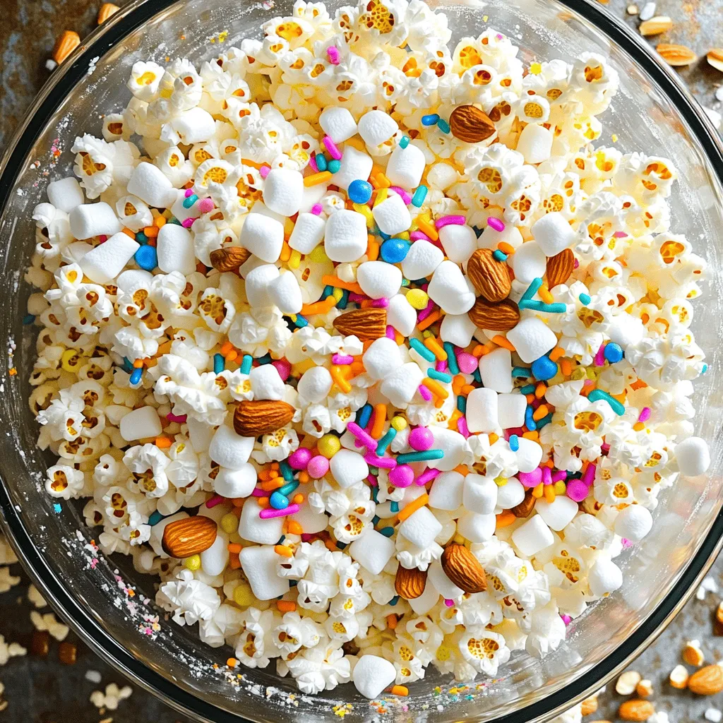 - 8 Tassen frisch gepopptes Popcorn (ungewürzt und ungesalzen) - 1 Tasse weiße Schokoladenstückchen - 1 Tasse trockener Geburtstag Kuchen Mix Diese Zutaten sind der Schlüssel zu einem leckeren Geburtstag Kuchen Popcorn Snack Mix. Das Popcorn gibt eine knusprige Basis, die perfekt zu den süßen Schokoladenstückchen passt. Der Geburtstag Kuchen Mix bringt den festlichen Geschmack, den wir alle lieben. - 1/2 Tasse Regenbogenstreusel - 1 Tasse Mini-Marshmallows - 1/2 Tasse geröstete Mandeln oder Pekannüsse (optional) Die bunten Regenbogenstreusel machen die Mischung lebendig. Mini-Marshmallows fügen eine süße, weiche Textur hinzu. Wenn Sie es knusprig mögen, sind geröstete Mandeln oder Pekannüsse eine tolle Ergänzung. Diese Zutaten sind nicht nur lecker, sondern auch schön anzusehen. - 1/4 Teelöffel Mandelessenz (optional) - Eine Prise Salz Ein Hauch Mandelessenz bringt einen zusätzlichen Geschmack von Kuchen. Eine Prise Salz hebt die Süße hervor und balanciert die Aromen. Diese kleinen Details machen einen großen Unterschied in diesem Snack Mix. Für das vollständige Rezept schauen Sie sich bitte die [Full Recipe] an. Popcorn ist der erste Schritt. Poppen Sie das Popcorn gemäß den Anweisungen auf der Verpackung. Achten Sie darauf, alle Körner zu verwenden. Geben Sie das fertige Popcorn in eine große Schüssel und lassen Sie es abkühlen. Dies verhindert, dass die Schokolade schmilzt. Jetzt kommt die weiße Schokolade. Nehmen Sie eine mikrowellengeeignete Schüssel. Geben Sie die Schokoladenstückchen hinein. Schmelzen Sie die Schokolade in 30-Sekunden-Intervallen. Rühren Sie zwischendurch um, bis die Schokolade schön glatt ist. Sobald die Schokolade geschmolzen ist, bereiten Sie die Mischung vor. Streuen Sie den trockenen Geburtstag Kuchen Mix über das Popcorn. Fügen Sie eine Prise Salz hinzu. Wenn Sie Mandelessenz verwenden, träufeln Sie dies jetzt über die Mischung. Rühren Sie vorsichtig, um das Popcorn gleichmäßig zu bedecken. Jetzt kombinieren Sie alles. Gießen Sie die geschmolzene weiße Schokolade über das beschichtete Popcorn. Verwenden Sie einen Spatel, um das Popcorn vorsichtig zu falten. Achten Sie darauf, dass die Schokolade gleichmäßig verteilt ist. Fügen Sie jetzt die spaßigen Zutaten hinzu. Falten Sie die Regenbogenstreusel, Mini-Marshmallows und eventuell Nüsse unter die Mischung. Mischen Sie gut, aber zerbrechen Sie das Popcorn nicht. Verteilen Sie die Mischung gleichmäßig auf ein Backblech. Lassen Sie es bei Raumtemperatur etwa 30 Minuten aushärten. Sobald die Schokolade fest ist, brechen Sie die Mischung in Stücke. Geben Sie sie in eine große Schüssel oder einzelne Serviertüten für einen lustigen Snack! Welche Popcornkernmarke zu verwenden ist: Ich empfehle, hochwertige Marken zu wählen, um besten Geschmack zu bekommen. Marken wie Orville Redenbacher oder Jolly Time sind oft zuverlässig. Diese Sorten bieten knackiges Popcorn, das gut aufgeht. Vermeidung von verbranntem Popcorn: Um verbranntes Popcorn zu vermeiden, stellen Sie den Herd auf mittlere Hitze ein. Rühren Sie während des Poppens regelmäßig um. Wenn das Popping langsamer wird, nehmen Sie den Topf sofort vom Herd. So bleibt Ihr Popcorn frisch und lecker. Tipps zum Verhindern von Klumpen in der Schokolade: Schmelzen Sie die Schokolade langsam. Verwenden Sie eine mikrowellengeeignete Schüssel und schmelzen Sie in kurzen Intervallen. Rühren Sie die Schokolade gut um, um Klumpen zu vermeiden. So bleibt die Schokolade glatt und cremig. Mikrowellen-Einstellungen für die besten Ergebnisse: Die beste Einstellung ist 30 Sekunden bei niedriger Leistung. Rühren Sie nach jedem Intervall, damit die Schokolade gleichmäßig schmilzt. Diese Methode hilft, Überhitzung zu verhindern und sorgt für perfekte Ergebnisse. Wie viel extra Zucker hinzufügen: Für einen süßeren Snack können Sie etwa einen Esslöffel Zucker hinzufügen. Mischen Sie den Zucker gut unter das Popcorn und die Schokolade. So bleibt die Mischung lecker und nicht zu süß. Alternativen zur weißen Schokolade: Wenn Sie keine weiße Schokolade mögen, probieren Sie Zartbitterschokolade oder Milchschokolade. Diese Sorten geben dem Snack eine andere Geschmacksnote. Seien Sie kreativ und finden Sie Ihre Lieblingskombination! {{image_4}} Eine einfache Art, den Geburtstag Kuchen Popcorn Snack Mix zu verbessern, ist die Verwendung von Lebensmittelfarbe. Mit ein paar Tropfen können Sie das Popcorn bunt machen. Dies macht den Snack noch festlicher. Sie können auch verschiedene Kuchengeschmacksrichtungen verwenden. Schokolade und Vanille sind zwei beliebte Optionen. Wenn Sie Schokoladengeschmack mögen, probieren Sie einen Schokoladenkuchenmix. Für einen klassischen Geschmack verwenden Sie Vanille. Für Menschen mit Glutenunverträglichkeit ist es wichtig, eine glutenfreie Kuchenmischung zu verwenden. So können alle den Snack genießen. Achten Sie darauf, die Packung zu überprüfen. Wenn Sie Nüsse vermeiden müssen, lassen Sie sie einfach weg. Sie können auch Samen verwenden. Sonnenblumenkerne sind eine gute Wahl. Diese sind knusprig und lecker. Sie können den Snack Mix noch interessanter machen. Fügen Sie andere Snacks wie Brezeln hinzu. Diese geben einen salzigen Crunch. Auch Kekse können gut dazu passen. Kombinieren Sie den Mix mit anderen Süßigkeiten. Gummibärchen oder Schokoladenstückchen sind tolle Ergänzungen. Sie bringen zusätzliche Süße und Vielfalt in den Mix. Um den Geburtstag Kuchen Popcorn Snack Mix frisch zu halten, nutze luftdichte Behälter. Diese Behälter schützen vor Feuchtigkeit und Luft. Fülle den Snack Mix in den Behälter, wenn die Mischung abgekühlt ist. So bleibt der Mix knusprig und lecker. Du kannst den Snack Mix bis zu zwei Wochen aufbewahren. Nach dieser Zeit kann er weich oder weniger lecker werden. Die Lagerung im Kühlschrank hat Vor- und Nachteile. Kühlung kann die Haltbarkeit verlängern. Jedoch kann die Mischung bei Kälte weich werden. Der Snack Mix kann an der Kälte feucht werden. Dies kann den Crunch beeinflussen. Daher ist die Lagerung bei Raumtemperatur oft besser. Halte den Mix an einem kühlen, trockenen Ort. Du kannst übrig gebliebenen Snack Mix gut wiederverwenden. Nutze ihn als täglichen Snack oder für Partys. Fülle kleine Tüten für ein einfaches Mitnehmen. Du kannst auch den Mix als Topping für Eis oder Joghurt verwenden. Das gibt jedem Dessert einen besonderen Geschmack. Experimentiere mit neuen Ideen für deinen Snack Mix! Der Geburtstag Kuchen Popcorn Snack Mix bleibt bei Raumtemperatur etwa eine Woche frisch. Lagern Sie ihn in einem luftdichten Behälter. Wenn Sie ihn im Kühlschrank aufbewahren, bleibt er zwei Wochen gut. Die Kälte kann die Schokolade festhalten, aber das Popcorn kann etwas weich werden. Ja, Sie können andere Schokoladensorten verwenden. Milchschokolade ist süß und cremig. Zartbitterschokolade hat einen reicheren Geschmack. Beide Optionen passen gut zu den anderen Zutaten. Experimentieren Sie ruhig und finden Sie Ihren Favoriten! Ja, der Snack kann glutenfrei sein. Verwenden Sie eine glutenfreie Kuchenmischung. Achten Sie darauf, dass die Schokoladenstückchen und andere Zutaten auch glutenfrei sind. So können alle mitessen, ohne Sorgen zu haben. Wenn Sie mehr machen möchten, können Sie die Mengen leicht anpassen. Verdoppeln Sie einfach alle Zutaten für eine größere Menge. Wenn Sie weniger wollen, halbieren Sie das Rezept. So können Sie die Snacks an Ihre Gäste anpassen. Popcorn kann auseinanderfallen, wenn es zu stark gerührt wird. Seien Sie vorsichtig beim Mischen der Zutaten. Auch zu viel Feuchtigkeit kann das Popcorn weich machen. Stellen Sie sicher, dass das Popcorn gut abgekühlt ist, bevor Sie die Schokolade hinzufügen. Zusammenfassend haben wir das Rezept für einen leckeren Geburtstag Kuchen Popcorn Snack Mix besprochen. Du hast gelernt, welche Haupt- und optionale Zutaten du verwenden kannst. Ich habe dir auch Schritt-für-Schritt-Anweisungen gegeben, wie du diesen Snack zubereiten kannst. Denke daran, dass du Variationen und Anpassungen vornehmen kannst, um ihn nach deinem Geschmack zu gestalten. Lagere deinen Mix richtig, damit er frisch bleibt. Viel Spaß beim Ausprobieren und Genießen!