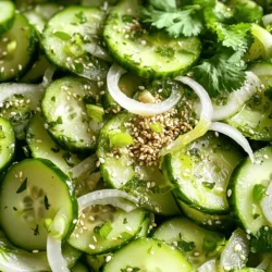Für einen frischen Salat braucht man einfache Zutaten. Hier sind die Hauptzutaten: - 2 große Gurken, dünn geschnitten - 60 ml Sesamöl - 2 Esslöffel frischer Ingwer, gerieben - 30 ml Reisessig - 15 ml Sojasauce (oder Tamari für glutenfrei) - 1 Teelöffel Zucker oder Honig (optional) - 2 Frühlingszwiebeln, in feine Ringe geschnitten - 1 Esslöffel Sesamsamen (geröstet für zusätzlichen Geschmack) - Salz und Pfeffer nach Geschmack Diese Zutaten machen den Salat frisch und knackig. Die Gurken geben den Hauptgeschmack. Das Sesamöl bringt ein nussiges Aroma. Ingwer fügt eine scharfe Note hinzu, die den Salat belebt. Das Dressing ist einfach, aber sehr wichtig. Für eine gute Mischung brauchst du: - 60 ml Sesamöl - 30 ml Reisessig - 15 ml Sojasauce - 1 Teelöffel Zucker oder Honig (optional) Diese Zutaten sorgen für ein ausgewogenes Dressing. Der Reisessig bringt Säure, während das Sesamöl für Tiefe sorgt. Der Zucker oder Honig kann die Schärfe des Ingwers ausgleichen. Ein paar Utensilien helfen dir beim Zubereiten. Hier sind einige empfohlene Dinge: - Ein scharfes Messer oder Mandoline-Schneider zum Schneiden der Gurken - Eine große Rührschüssel für die Gurken - Eine kleine Schüssel für das Dressing - Ein Esslöffel und ein Teelöffel zum Messen - Ein Schneebesen oder Löffel zum Rühren Mit diesen Utensilien gelingt der Salat schnell und einfach. Das richtige Zubehör macht die Vorbereitung leichter und macht den Prozess Spaß. Wenn du alles bereit hast, kannst du direkt mit dem Kochen beginnen. Für das komplette Rezept, schaue dir [Full Recipe] an. Zuerst schneide die Gurken. Du kannst einen Mandoline-Schneider nutzen oder ein scharfes Messer. Schneide sie dünn, so werden sie knusprig. Lege die geschnittenen Gurken in eine große Schüssel. Die Gurken sind die Hauptzutat. Sie geben dem Salat Frische und Knackigkeit. Jetzt kommt das Dressing. Nimm eine separate Schüssel. Vermische darin das Sesamöl, den frisch geriebenen Ingwer und den Reisessig. Füge die Sojasauce und den optionalen Zucker hinzu. Rühre gut um, bis alles eine homogene Sauce bildet. Dieses Dressing hat einen tollen Geschmack. Es verbindet sich super mit den Gurken. Gieße das Dressing über die Gurken. Wende die Gurken vorsichtig, damit sie gleichmäßig bedeckt sind. Füge die geschnittenen Frühlingszwiebeln und die gerösteten Sesamsamen hinzu. Mische alles gut durch. Schmecke mit Salz und Pfeffer ab. Lass den Salat für etwa 15-20 Minuten im Kühlschrank marinieren. So entfalten sich die Aromen. Vor dem Servieren, mische den Salat nochmals sanft. Garniere ihn mit frischen Koriander- oder Minzblättern für einen tollen Look. Für mehr Details schaue dir das Full Recipe an. Die Gurken sind der Star dieses Salats. Du möchtest sicherstellen, dass sie frisch und knackig sind. Schneide die Gurken dünn, um den besten Geschmack zu erzielen. Eine Mandoline ist dafür perfekt. Wenn du kein solches Gerät hast, benutze ein scharfes Messer. Achte darauf, die Gurken gleichmäßig zu schneiden. Dadurch können sie besser die Aromen des Dressings aufnehmen. Das Dressing kann leicht angepasst werden. Du kannst mehr oder weniger Ingwer hinzufügen, je nach deinem Geschmack. Auch die Sojasauce kannst du variieren. Probiere Tamari für eine glutenfreie Version. Wenn du es süßer magst, füge mehr Zucker oder Honig hinzu. Ein Spritzer Limettensaft gibt dem Dressing eine frische Note. Experimentiere mit verschiedenen Zutaten, um deine perfekte Mischung zu finden. Die Marinierzeit ist wichtig. Lass den Salat mindestens 15 bis 20 Minuten im Kühlschrank stehen. So können sich die Aromen gut vermischen. Wenn du mehr Zeit hast, lasse ihn sogar länger. Ein paar Stunden im Kühlschrank machen den Salat noch besser. Achte darauf, den Salat kurz vor dem Servieren umzurühren. So bleiben die Gurken knackig und frisch. Für das komplette Rezept schau auf die Seite mit dem Full Recipe. {{image_4}} Dieser Sesam-Ingwer Gurkensalat ist von Natur aus vegan. Die Zutaten sind frisch und gesund. Wenn Sie eine vegane Option möchten, verwenden Sie Tamari statt Sojasauce. So bleibt der Salat glutenfrei. Fügen Sie auch mehr Gemüse hinzu, um den Nährstoffgehalt zu steigern. Um mehr Crunch zu bekommen, können Sie verschiedene Zutaten hinzufügen. Überlegen Sie, Karotten in feine Streifen zu schneiden. Auch Radieschen bringen eine knackige Textur. Sie können auch geröstete Nüsse oder Samen verwenden. Diese geben dem Salat nicht nur Crunch, sondern auch Geschmack. Der Sesam-Ingwer Gurkensalat ist sehr flexibel. Sie können andere Gemüsesorten verwenden, um neue Aromen zu entdecken. Paprika oder Zucchini passen gut zu diesem Rezept. Auch geschnittene Avocado kann eine cremige Note hinzufügen. Experimentieren Sie mit verschiedenen Farben und Texturen für mehr Spaß im Salat. Um den Sesam-Ingwer Gurkensalat frisch zu halten, lagere ihn im Kühlschrank. Verwende einen luftdichten Behälter. Das schützt vor Gerüchen und hält die Gurken knackig. Stelle sicher, dass der Salat nicht zu lange bei Raumtemperatur steht. Zu viel Wärme lässt ihn schnell welken. Der Salat bleibt im Kühlschrank für etwa 2 bis 3 Tage frisch. Nach dieser Zeit verlieren die Gurken ihre Knackigkeit. Das Dressing kann die Gurken weich machen. Daher ist es besser, den Salat frisch zu genießen. Um den Salat wieder frisch zu machen, füge etwas neues Dressing hinzu. Mische die Zutaten sanft, um die Gurken nicht zu zerdrücken. Wenn der Salat matschig ist, kannst du frische, geschnittene Gurken hinzufügen. Das bringt den Crunch zurück. So bleibt der Geschmack lebendig und lecker. Für das vollständige Rezept, schau dir den Abschnitt "Full Recipe" an. Ja, du kannst andere Öle verwenden. Olivenöl passt gut dazu. Erdnussöl bringt einen tollen Geschmack. Jedes Öl hat seinen eigenen Charakter. Probiere verschiedene Öle aus, um deinen Favoriten zu finden. Achte darauf, dass das Öl gut zu den anderen Zutaten passt. Um den Salat würziger zu machen, füge mehr Ingwer hinzu. Frische Chili oder Chiliöl gibt auch einen guten Kick. Du kannst auch etwas Knoblauch für mehr Tiefe hinzufügen. Mische die Zutaten gut, damit die Aromen sich verbinden. Taste den Salat, bis die Schärfe für dich stimmt. Der Salat passt gut zu gegrilltem Fleisch oder Fisch. Er ist auch lecker zu Reisgerichten oder Frühlingsrollen. Wenn du vegetarisch isst, kombiniere ihn mit Tofu oder Gemüsepfannen. Dieser Salat bringt Frische zu jedem Gericht. Du kannst auch Brot oder Brötchen dazu servieren. Für die vollständige Zubereitung, siehe die Full Recipe. In diesem Blogbeitrag haben wir die Hauptzutaten für einen Sesam-Ingwer Gurkensalat erkundet. Außerdem habe ich die Zubereitung des Dressings und die besten Techniken zum Vorbereiten der Gurken erklärt. Variationen und Lagerungsinformationen runden das Thema ab. Ein frischer Salat kann einfach und lecker sein. Experimentiere mit verschiedenen Zutaten und genieße die Vielfalt!