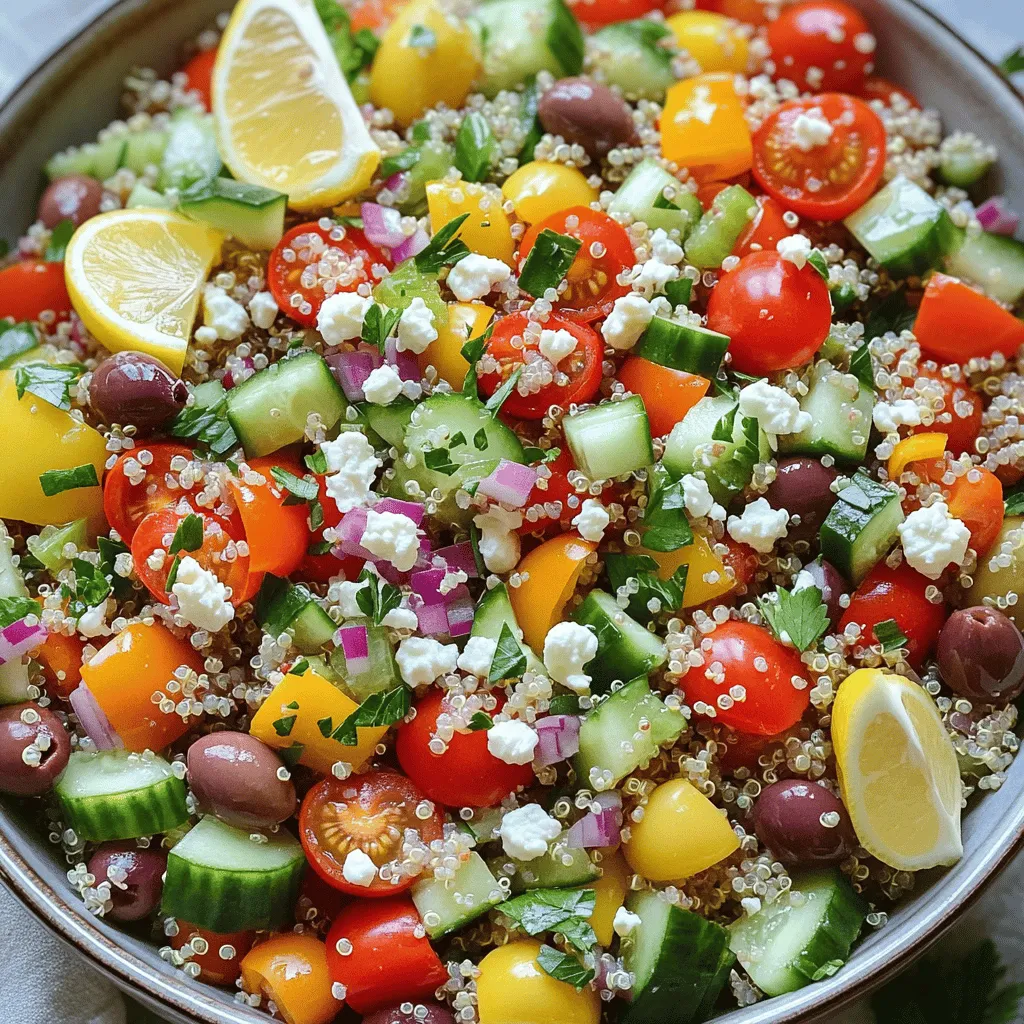 Für den Mediterranen Quinoa-Salat brauchst du einige frische Zutaten. Hier ist eine Liste der Hauptzutaten: - 1 Tasse Quinoa, gründlich gespült - 2 Tassen Wasser - 1 Salatgurke, gewürfelt - 1 Tasse Kirschtomaten, halbiert - 1 Paprika (nach Wahl), gewürfelt - 1/2 rote Zwiebel, fein gehackt - 1/2 Tasse Kalamata-Oliven, entsteint und halbiert - 1/4 Tasse frische Petersilie, gehackt Diese Zutaten bringen Farbe und Geschmack in deinen Salat. Quinoa ist die Basis. Sie ist gesund und hat viele Nährstoffe. Die Gurke und die Tomaten sorgen für Frische. Oliven und Feta (optional) geben den salzigen Kick. Du kannst deinen Salat ganz nach deinem Geschmack anpassen. Hier sind einige weitere Zutaten, die gut passen: - 1/2 Tasse Feta-Käse, zerbröselt (optional) - 1/4 Tasse Olivenöl - 2 Esslöffel Zitronensaft - 1 Teelöffel getrockneter Oregano - Salz und Pfeffer nach Geschmack Feta-Käse macht den Salat cremig. Olivenöl und Zitronensaft verleihen ihm eine tolle Note. Oregano gibt mehr Aroma. Das Dressing ist einfach und schnell gemacht. Die Nährwerte der Zutaten sind wichtig. Quinoa hat viel Protein und Ballaststoffe. Eine Tasse gekochte Quinoa hat etwa: - 222 Kalorien - 8 g Protein - 39 g Kohlenhydrate - 5 g Ballaststoffe Gurken und Tomaten sind kalorienarm und hydratisierend. Oliven bringen gesunde Fette. Feta-Käse hat mehr Kalorien, aber auch tollen Geschmack. Dieser Salat ist eine gesunde Wahl für eine Mahlzeit oder Beilage. Für das vollständige Rezept besuche bitte den Abschnitt "Full Recipe". Um die Quinoa perfekt zuzubereiten, beginne mit 1 Tasse Quinoa. Spüle sie gut unter fließendem Wasser. Das entfernt Bitterstoffe. Nimm dann einen mittelgroßen Topf und füge 2 Tassen Wasser hinzu. Vermenge die gespülte Quinoa mit dem Wasser. Bringe das Wasser bei hoher Hitze zum Kochen. Wenn das Wasser sprudelt, reduziere die Hitze auf niedrig. Decke den Topf ab und lasse die Quinoa etwa 15 Minuten köcheln. Sie sollte locker und das Wasser vollständig absorbiert sein. Nimm den Topf vom Herd und lasse ihn 5 Minuten zugedeckt stehen. Lockere die Quinoa danach mit einer Gabel auf und stelle sie zum Abkühlen beiseite. In einer großen Schüssel mische die abgekühlte Quinoa mit frischen Zutaten. Schneide 1 Salatgurke in Würfel und halbiere 1 Tasse Kirschtomaten. Füge auch eine gewürfelte Paprika nach Wahl hinzu. Hacke 1/2 rote Zwiebel fein. Gib 1/2 Tasse entsteinte Kalamata-Oliven hinzu und streue 1/4 Tasse gehackte Petersilie darüber. Diese Zutaten bringen Farbe und Geschmack in den Salat. Vermenge alles gut miteinander. Das Dressing ist einfach und lecker. In einer kleinen Schüssel vermenge 1/4 Tasse Olivenöl mit 2 Esslöffeln Zitronensaft. Füge 1 Teelöffel getrockneten Oregano hinzu. Würze das Dressing mit Salz und Pfeffer. Verquirle alles gut. Gieße das Dressing über den Quinoa-Salat. Mische die Zutaten gründlich, damit sich die Aromen gut verteilen. Wenn du magst, füge 1/2 Tasse zerbröselten Feta-Käse hinzu. Hebe ihn vorsichtig unter den Salat. Lass den Salat für mindestens 30 Minuten im Kühlschrank ziehen. So entfalten sich die Aromen besser. Für die vollständige Anleitung, schau dir das Rezept [Full Recipe] an. Um den Quinoa-Salat wirklich lecker zu machen, ist die richtige Würze wichtig. Beginne mit frischem Zitronensaft. Dieser bringt Frische und einen Hauch von Säure. Füge dann getrockneten Oregano hinzu. Er ergänzt die mediterranen Aromen gut. Probiere auch, etwas mehr Salz und Pfeffer aufzutragen. Schmecke den Salat ab, um die Balance zu finden. Die Quinoa sollte gründlich gespült werden. Dies entfernt Bitterstoffe und verbessert den Geschmack. Koche die Quinoa in der richtigen Menge Wasser. Ein Teil Quinoa braucht zwei Teile Wasser. Nach dem Kochen lass sie abgedeckt ruhen. Dies macht die Quinoa locker und fluffig. Verwende eine Gabel, um sie aufzulockern und gleichmäßig zu verteilen. Serviere den Salat in einer großen Schüssel. Das sieht schön aus und macht ihn einladend. Garniere ihn mit frischen Petersilienstängeln. Zitronenschnitzen an der Seite geben eine tolle Farbe. Du kannst auch etwas Feta-Käse oben drauf streuen. Das gibt einen cremigen Kontrast und schmeckt köstlich. Für das beste Ergebnis, lass den Salat vor dem Servieren im Kühlschrank ziehen. So vermischen sich die Aromen gut. Du findest die komplette Anleitung in dem Full Recipe. {{image_4}} Sie können den mediterranen Quinoa-Salat leicht anpassen. Für eine vegane Variante lassen Sie den Feta-Käse weg. Stattdessen können Sie Avocado hinzufügen. Sie gibt eine cremige Textur. Außerdem passt etwas gerösteter Tofu gut. So bleibt der Salat nahrhaft und sättigend. Nutzen Sie saisonale Zutaten, um den Salat frisch und spannend zu halten. Im Frühling können Sie Spargel hinzufügen. Im Sommer sind Zucchini und Radieschen toll. Im Herbst probieren Sie geröstete Kürbiswürfel. Im Winter geben Sie gebratete Rote Bete und Walnüsse dazu. Jede Saison bringt neue Aromen und Farben. Um mehr Protein hinzuzufügen, gibt es viele Möglichkeiten. Kichererbsen sind eine großartige Wahl. Sie sind nahrhaft und passen gut zum Salat. Auch schwarze Bohnen können Sie verwenden. Für Fleischliebhaber sind gegrillte Hähnchenstücke eine Option. Diese Variationen machen den Salat sättigender und voller Geschmack. Für das vollständige Rezept, schauen Sie sich die Full Recipe an. Um deinen Mediterranen Quinoa-Salat frisch zu halten, lagere ihn in einem luftdichten Behälter. Dieser Behälter schützt den Salat vor Luft und Feuchtigkeit. Stelle den Behälter in den Kühlschrank. So bleibt der Salat knackig und lecker. Achte darauf, die Zutaten frisch zu wählen. Wenn du die Gurke, Tomaten und Paprika kaufst, wähle feste und farbenfrohe Stücke aus. Lagere die Gemüse separat, wenn du sie nicht sofort verwendest. So bleiben sie länger frisch. Du kannst die Oliven und den Feta-Käse ebenfalls getrennt halten. Kombiniere alles kurz vor dem Servieren, um die besten Aromen zu genießen. Der Mediterrane Quinoa-Salat hält sich im Kühlschrank etwa drei bis fünf Tage. Nach dieser Zeit können die Zutaten weich werden und den Geschmack verlieren. Wenn du ihn länger aufbewahren möchtest, friere die Quinoa separat ein. So kannst du sie später wieder verwenden. Dies ist eine gute Idee, um Reste zu nutzen und den Salat frisch zu genießen. Ja, der Mediterrane Quinoa-Salat ist sehr gesund. Quinoa ist ein tolles Protein. Es enthält alle neun essentiellen Aminosäuren. Außerdem ist es glutenfrei und reich an Ballaststoffen. Die frischen Zutaten wie Gurken, Tomaten und Paprika bringen viele Vitamine. Olivenöl liefert gesunde Fette, die gut für das Herz sind. Mit Feta-Käse erhalten Sie auch Calcium. Dies alles macht den Salat zu einer nahrhaften Wahl. Ja, Sie können den Salat im Voraus zubereiten. Dies macht ihn zu einer großartigen Option für Mahlzeiten. Bereiten Sie ihn bis zu zwei Tage im Voraus zu. Lagern Sie den Salat im Kühlschrank. Die Aromen werden sich mit der Zeit noch verbessern. Denken Sie daran, das Dressing erst kurz vor dem Servieren hinzuzufügen. So bleibt der Salat frisch und knackig. Zu diesem Salat passen viele Getränke. Ein frischer, trockener Weißwein ist eine gute Wahl. Auch Mineralwasser mit Zitrone passt gut. Wenn Sie etwas Süßes möchten, probieren Sie einen fruchtigen Eistee. Für eine alkoholfreie Option ist ein frischer Limonade eine tolle Idee. Diese Getränke ergänzen die Aromen des Salats perfekt. Der Mediterrane Quinoa-Salat bietet eine perfekte Mischung aus frischen Zutaten und Nährstoffen. Ich habe dir gezeigt, wie du die Hauptzutaten auswählst und die Zubereitung einfach machst. Außerdem gibt es Tipps, um den Salat nach deinem Geschmack anzupassen. Du kannst ihn variieren und richtig lagern, damit er frisch bleibt. Denke daran: Dieser Salat ist nicht nur gesund, sondern auch sehr vielseitig. Genieße die leckeren Variationen und teile ihn mit Freunden!