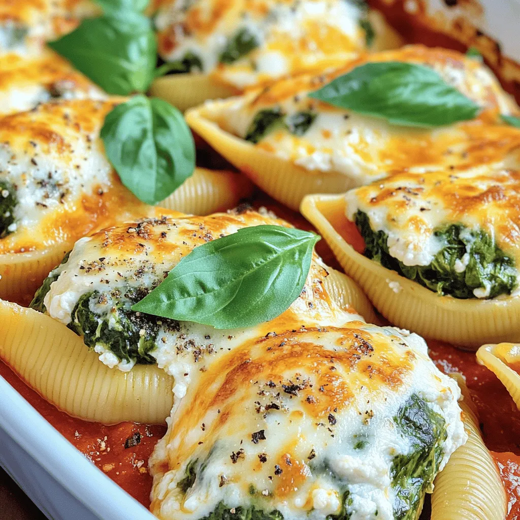 Hier sind die Zutaten, die du für Spinach Ricotta Stuffed Shells benötigst: - Jumbo-Pasta-Muscheln - Ricotta-Käse - Frischer Spinat - Geriebener Mozzarella-Käse - Geriebener Parmesan-Käse - Knoblauch - Italienische Gewürzmischung - Rote Pfefferflocken - Marinara-Sauce - Salz und Pfeffer - Frische Basilikumblätter zum Garnieren Diese Zutaten machen das Gericht besonders. Jumbo-Pasta-Muscheln sind groß genug, um die Füllung perfekt zu halten. Ricotta-Käse gibt eine cremige Textur. Frischer Spinat bringt Farbe und Nährstoffe. Mozzarella und Parmesan sorgen für einen tollen Geschmack und eine schöne Kruste. Knoblauch gibt dem Gericht ein gutes Aroma. Die italienische Gewürzmischung und rote Pfefferflocken bringen etwas Würze ins Spiel. Marinara-Sauce rundet das Gericht ab und hält die Muscheln saftig. Ich empfehle, frische Zutaten zu verwenden. Das macht einen großen Unterschied im Geschmack. Du kannst die Muscheln mit frischem Basilikum garnieren. Das sieht schön aus und schmeckt frisch. Für das vollständige Rezept kannst du die [Full Recipe] anschauen. So wirst du Schritt für Schritt durch die Zubereitung geführt. Koche die Jumbo-Pasta-Muscheln in einem großen Topf mit Salzwasser. Achte darauf, sie al dente zu kochen, damit sie nicht zerfallen. Nach dem Kochen, gieße die Muscheln ab und lasse sie für einige Minuten auskühlen. Dies hilft, dass sie nicht aneinander kleben. In einer großen Schüssel vermischst du den Ricotta-Käse, den grob gehackten Spinat und die Hälfte des Mozzarella-Käses. Füge dann den geriebenen Parmesan-Käse und den fein gehackten Knoblauch hinzu. Mische auch die italienische Gewürzmischung und die roten Pfefferflocken, wenn du etwas Schärfe magst. Schmecke die Füllung mit Salz und Pfeffer ab. Diese Mischung sollte gut gewürzt und cremig sein. Jetzt füllst du jede gekochte Muschel vorsichtig mit der Ricotta-Spinat-Mischung. Du kannst einen Löffel oder eine Spritztüte benutzen, um es einfacher zu machen. Lege eine dünne Schicht Marinara-Sauce auf den Boden einer Auflaufform. Setze die gefüllten Muscheln mit der Öffnung nach oben hinein. Bedecke sie dann mit der restlichen Marinara-Sauce und streue den restlichen Mozzarella-Käse darüber. Decke die Form mit Aluminiumfolie ab und backe sie bei 190°C für 25 Minuten. Nimm die Folie ab und backe weiter, bis der Käse goldbraun ist. Lass die Muscheln kurz abkühlen, bevor du sie servierst. Diese Spinats-Ricotta gefüllten Muscheln sind ein Genuss! Für das vollständige Rezept, schau dir [Full Recipe] an. Wie kann ich die Aromen verstärken? Um die Aromen zu verstärken, füge mehr frischen Spinat und Knoblauch hinzu. Frische Kräuter wie Basilikum oder Oregano bringen mehr Geschmack. Eine Prise Zitronensaft kann die Füllung erhellen und den Geschmack verstärken. Empfohlene Beilagen Eine einfache grüne Salatbeilage passt gut dazu. Gegrilltes Gemüse oder frisch gebackenes Brot ergänzen die Muscheln. Auch ein leichter Weißwein rundet das Gericht perfekt ab. Wie vermeide ich matschige Muscheln? Koche die Muscheln nur al dente. Das hilft, ihre Form zu behalten. Achte darauf, sie nicht zu lange in Wasser zu lassen. Nach dem Kochen sollten sie gut abtropfen und abkühlen. Tipps zum richtigen Würzen Verwende frische Kräuter und Gewürze, um den Geschmack zu heben. Eine kleine Menge Salz in die Füllung kann viel bewirken. Probiere die Füllung vor dem Füllen der Muscheln, um sicher zu sein, dass sie gut schmeckt. Wie kann ich sie schön anrichten? Verteile die gefüllten Muscheln gleichmäßig auf einem schönen Teller. Garniere sie mit frischen Basilikumblättern für Farbe und Geschmack. Ein Spritzer Olivenöl oder Balsamico kann die Präsentation verbessern. Möchtest du mehr über Spinats-Ricotta gefüllte Muscheln erfahren? Sieh dir das [Full Recipe] an, um alle Details zu bekommen. {{image_4}} Für eine bunte Note kannst du verschiedene Gemüsesorten in die Füllung geben. Probiere Zucchini, Paprika oder sogar Artischocken. Diese Zutaten machen das Gericht nahrhafter und bunter. Du kannst auch andere Käsearten verwenden. Feta oder Ziegenkäse geben der Füllung einen besonderen Geschmack. Diese Alternativen machen die Muscheln noch interessanter. Wenn du Fleisch magst, füge etwas Hackfleisch zur Füllung hinzu. Rinder- oder Hühnerhack sind gute Optionen. Brate das Fleisch vorher an, um den Geschmack zu intensivieren. Probiere auch eine Fleischsauce anstelle von Marinara. Eine Bolognese-Sauce passt perfekt und macht das Gericht reichhaltiger. Für eine glutenfreie Version kannst du glutenfreie Pasta verwenden. Viele Marken bieten leckere Alternativen, die gut schmecken. Achte darauf, dass die glutenfreien Muscheln die gleiche Kochzeit haben wie die normalen. So bleiben sie al dente und behalten die Form. Für mehr Details und eine umfassende Anleitung, schaue dir das Full Recipe an. Um die Spinats-Ricotta gefüllten Muscheln frisch zu halten, lege sie in einen luftdichten Behälter. Stelle sicher, dass der Behälter gut verschlossen ist, um die Feuchtigkeit zu bewahren. Diese Muscheln bleiben im Kühlschrank für etwa drei bis vier Tage genießbar. Wenn du Reste hast, empfehle ich, sie innerhalb dieser Zeit zu essen, um den besten Geschmack zu genießen. Wenn du die gefüllten Muscheln länger aufbewahren möchtest, kannst du sie auch einfrieren. Lege die ungebackenen Muscheln in eine gefriergeeignete Form. Trenne die Schichten mit Frischhaltefolie, damit sie nicht zusammenkleben. Du kannst die Muscheln bis zu drei Monate lang einfrieren. Zum Auftauen, nimm sie einfach einen Tag vorher aus dem Gefrierschrank und lasse sie im Kühlschrank auftauen. Backe sie dann wie im Rezept beschrieben. Die Haltbarkeit der gefüllten Muscheln hängt von der Lagerung ab. Im Kühlschrank sind sie drei bis vier Tage haltbar. Im Gefrierschrank bleiben sie bis zu drei Monate frisch. Achte darauf, die Muscheln vor dem Essen gut zu prüfen. Wenn sie seltsam riechen oder ihre Farbe verändern, ist es besser, sie nicht zu essen. So kannst du sicherstellen, dass deine Mahlzeit immer köstlich und sicher ist. Du kannst die gefüllten Muscheln im Kühlschrank bis zu drei Tage aufbewahren. Stelle sicher, dass du sie in einem luftdichten Behälter lagerst. Bei längerer Lagerung empfehle ich das Einfrieren. Im Gefrierschrank halten sie bis zu drei Monate. Achte darauf, sie gut einzupacken, um Gefrierbrand zu vermeiden. Ja, das ist eine tolle Idee! Du kannst die Muscheln bereits einen Tag vorher füllen und im Kühlschrank lagern. Decke sie mit Folie ab, damit sie frisch bleiben. Wenn du bereit zum Backen bist, nehme sie einfach heraus, füge die Marinara-Sauce hinzu und backe sie wie im Rezept beschrieben. So sparst du Zeit und kannst sofort genießen. Wenn du keinen Ricotta hast, gibt es einige Alternativen. Du kannst Hüttenkäse verwenden, der eine ähnliche Konsistenz hat. Eine andere Option ist Frischkäse, der ebenfalls gut passt. Wenn du eine pflanzliche Option suchst, probiere Mandel- oder Cashewkäse. Diese Käseoptionen geben dir einen tollen Geschmack. In diesem Artikel haben wir die zarten Spinats-Ricotta gefüllten Muscheln behandelt. Ihr lernt die Zutaten, Tipps zur Zubereitung und Variationen kennen. Denkt daran, dass gute Vorbereitung wichtig ist. Vermeidet matschige Muscheln, und experimentiert mit Füllungen. Lagert Reste richtig, um die Frische zu bewahren. Diese leckeren Muscheln sind ein Hit beim Essen! Schmeckt sie selbst und überrascht eure Freunde und Familie mit eurer Kochkunst.