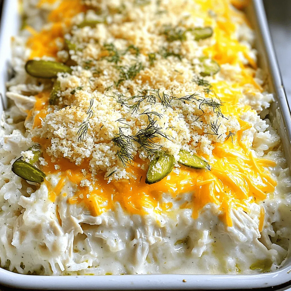 Um diesen leckeren Auflauf zu machen, brauchst du die folgenden Zutaten: - 2 Tassen gekochtes Hähnchenfleisch, zerrupft - 1 Tasse Dillgurken, grob gehackt - 1 Tasse Ranch-Dressing - 1 Tasse geriebener Cheddar-Käse - 1 Tasse gekochter Reis (Jasmin oder Basmati eignen sich gut) - 1/2 Tasse saure Sahne - 1 Teelöffel Knoblauchpulver - 1/2 Teelöffel Zwiebelpulver - 1/2 Teelöffel schwarzer Pfeffer - 1/4 Teelöffel Salz - 1 Tasse Panko-Butterbrösel - 1 Esslöffel Olivenöl - Frischer Dill zur Garnitur (optional) Jede Zutat hat eine wichtige Rolle in diesem Gericht. Das Hähnchen sorgt für Protein. Es ist die Hauptzutat und gibt dem Auflauf seinen herzhaften Geschmack. Die Dillgurken bringen Frische und einen würzigen Kick. Sie machen jeden Bissen spannend. Ranch-Dressing fügt eine cremige Textur hinzu. Es vereint die Aromen und macht den Auflauf köstlich. Der Cheddar-Käse sorgt für eine schöne, schmelzende Schicht oben. Er gibt dem Gericht Tiefe und reichhaltigen Geschmack. Reis macht den Auflauf sättigend. Er bindet alles zusammen und sorgt für Fülle. Saure Sahne bringt eine leichte Säure mit. Sie balanciert die anderen Zutaten gut aus. Die Gewürze wie Knoblauchpulver und Zwiebelpulver verstärken den Geschmack. Sie geben dem Auflauf mehr Tiefe. Panko-Butterbrösel machen die Oberseite knusprig. Dies sorgt für einen tollen Kontrast zur cremigen Füllung. Das Olivenöl hilft, die Brösel zu bräunen und macht sie goldig. Eine Portion dieses Auflaufs hat etwa: - Kalorien: 350 - Fett: 18 g - Kohlenhydrate: 30 g - Protein: 20 g Diese Werte können leicht variieren. Sie hängen von den genauen Zutaten ab. Es ist jedoch ein nahrhaftes Gericht, das dich gut sättigt. Wenn du mehr Details und das vollständige Rezept möchtest, schau dir den Full Recipe an. Zuerst sammeln wir alle Zutaten. Sie brauchen: - 2 Tassen gekochtes Hähnchenfleisch, zerrupft - 1 Tasse Dillgurken, grob gehackt - 1 Tasse Ranch-Dressing - 1 Tasse geriebener Cheddar-Käse - 1 Tasse gekochter Reis - 1/2 Tasse saure Sahne - 1 Teelöffel Knoblauchpulver - 1/2 Teelöffel Zwiebelpulver - 1/2 Teelöffel schwarzer Pfeffer - 1/4 Teelöffel Salz - 1 Tasse Panko-Butterbrösel - 1 Esslöffel Olivenöl - Frischer Dill zur Garnitur (optional) Sobald alles bereit ist, heizen Sie Ihren Ofen auf 175 °C (350 °F) vor. Dies ist wichtig, um die ideale Backtemperatur zu erreichen. In einer großen Rührschüssel vermischen Sie das zerrupfte Hähnchen, die Dillgurken, das Ranch-Dressing, den geriebenen Cheddar-Käse, den gekochten Reis, die saure Sahne, das Knoblauchpulver, das Zwiebelpulver, den schwarzen Pfeffer und das Salz. Mischen Sie alles gut, bis eine homogene Masse entsteht. Übertragen Sie die Mischung in eine gefettete Auflaufform. Eine Form von 23x33 cm eignet sich gut dafür. Verteilen Sie die Mischung gleichmäßig. In einer anderen Schüssel vermengen Sie die Panko-Butterbrösel mit dem Olivenöl. Streuen Sie diese Mischung gleichmäßig über den Auflauf. Backen Sie den Auflauf im vorgeheizten Ofen. Die Backzeit beträgt 30 bis 35 Minuten. Der Auflauf ist fertig, wenn die Oberseite goldbraun ist und das Gericht sprudelt. Lassen Sie den Auflauf nach dem Backen etwa 5 bis 10 Minuten abkühlen. Garnieren Sie ihn nach Wunsch mit frischem Dill. So wird er noch schmackhafter. Sie können das gesamte Rezept in voller Länge in der [Full Recipe] finden. Um den Essiggurken-Ranch-Hähnchenauflauf perfekt zuzubereiten, gibt es einige wichtige Punkte. Zuerst sollten Sie frisches Hähnchen verwenden. Gekochtes Hähnchen kann an Geschmack verlieren. Achten Sie darauf, die Dillgurken gut abzutropfen. Zu viel Flüssigkeit macht den Auflauf matschig. Wenn Sie die Zutaten in einer großen Schüssel vermengen, verwenden Sie einen Löffel oder einen Spatel. So behalten Sie die Textur. Mischen Sie alles gut, bis es gleichmäßig aussieht. Das macht einen großen Unterschied im Geschmack. Ein häufiger Fehler ist, die Backzeit zu ignorieren. Jeder Ofen ist anders, und die Backzeit kann variieren. Achten Sie darauf, den Auflauf regelmäßig zu überprüfen. Wenn die Oberseite goldbraun ist, ist der Auflauf fertig. Lassen Sie ihn nach dem Backen etwas abkühlen. So bleibt er beim Servieren zusammen. Ein weiterer Fehler ist, den Auflauf nicht genug zu würzen. Verwenden Sie alle Gewürze in der Liste. Diese geben dem Gericht den besonderen Kick. Die Präsentation ist wichtig. Verwenden Sie eine große, flache Schüssel, um den Auflauf zu servieren. Streuen Sie etwas frischen Dill oben drauf. Das sieht schön aus und gibt zusätzlichen Geschmack. Wenn Sie den Auflauf in Portionen schneiden, verwenden Sie ein scharfes Messer. So bleibt die Form gut. Servieren Sie den Auflauf mit frischem Brot oder einem einfachen Salat dazu. Diese Beilagen passen gut und machen das Gericht noch besser. Für mehr Details zur Zubereitung, schauen Sie sich das [Full Recipe] an. {{image_4}} Wenn Sie kein Hähnchen essen möchten, gibt es viele Alternativen. Sie können zum Beispiel Tofu oder Kichererbsen verwenden. Diese Zutaten bieten eine tolle Textur und nehmen die Aromen gut auf. Schneiden Sie den Tofu in kleine Stücke und braten Sie ihn leicht an. So wird er knusprig und lecker. Kichererbsen können direkt in die Mischung gegeben werden. Sie bringen einen nussigen Geschmack mit. Ranch-Dressing ist klassisch, aber nicht die einzige Wahl. Probieren Sie griechischen Joghurt für eine leichtere Option. Es macht den Auflauf cremig und gesund. Ein Caesar-Dressing kann dem Gericht eine würzige Note geben. Für einen fruchtigen Twist verwenden Sie ein Honig-Senf-Dressing. Es sorgt für eine süße und herzhafte Mischung. Wenn Sie es lieber scharf mögen, fügen Sie Jalapeños hinzu. Diese kleinen grünen Paprika bringen viel Würze. Schneiden Sie sie klein und mischen Sie sie in die Auflaufmasse. Sie können auch eingelegte Jalapeños verwenden, um einen zusätzlichen Kick zu bekommen. Diese Variante passt gut zu dem cremigen Geschmack des Auflaufs. Probieren Sie es aus und genießen Sie den scharfen Genuss! Um den Essiggurken-Ranch-Hähnchenauflauf frisch zu halten, lassen Sie ihn zuerst abkühlen. Decken Sie dann die Auflaufform mit Frischhaltefolie oder einem Deckel ab. Sie können ihn bis zu drei Tage im Kühlschrank lagern. Wenn Sie ihn in Portionen aufteilen, verwenden Sie luftdichte Behälter. So bleibt er länger frisch und lecker. Wenn Sie den Auflauf länger aufbewahren möchten, können Sie ihn einfrieren. Lassen Sie ihn vorher vollständig abkühlen. Wickeln Sie den Auflauf gut in Frischhaltefolie ein und dann in Aluminiumfolie. So schützt er sich vor Frostbrand. Sie können ihn bis zu drei Monate im Gefrierfach lagern. Achten Sie darauf, das Datum auf die Verpackung zu schreiben, damit Sie wissen, wann Sie ihn eingefroren haben. Um den Auflauf wieder zu erwärmen, heizen Sie den Ofen auf 175 °C (350 °F) vor. Nehmen Sie den Auflauf aus dem Kühlschrank oder Gefrierfach. Wenn er gefroren ist, lassen Sie ihn zuerst im Kühlschrank auftauen. Decken Sie die Form mit Aluminiumfolie ab, damit der Auflauf nicht austrocknet. Backen Sie ihn für 20–30 Minuten oder bis er heiß und sprudelnd ist. Wenn Sie ihn frisch aus dem Kühlschrank erwärmen, brauchen Sie vielleicht nur 15–20 Minuten. Überprüfen Sie die Temperatur, bevor Sie ihn servieren. Die Zubereitung dauert etwa 15 Minuten. Das Backen im Ofen benötigt 30 bis 35 Minuten. Daher ist die gesamte Zeit von Start bis Tisch ungefähr 45 Minuten. Wenn du alles vorbereitet hast, geht es schnell! Ja, du kannst den Auflauf im Voraus machen. Bereite ihn bis zur Backzeit vor und stelle ihn dann im Kühlschrank ab. Backe ihn einfach, wenn du bereit bist zu essen. So sparst du Zeit und stressige Momente in der Küche. Zu diesem Auflauf passen viele Beilagen. Hier sind einige Ideen: - Ein frischer grüner Salat - Knoblauchbrot oder Baguette - Gemüse wie grüne Bohnen oder Brokkoli - Reis oder Quinoa für mehr Füllung Diese Beilagen ergänzen den Auflauf perfekt und machen das Essen noch leckerer! Dieser Artikel hat die wichtigsten Zutaten und Schritte für den Essiggurken-Ranch-Hähnchenauflauf behandelt. Wir haben die Nährwerte, Zubereitung und Aufbewahrung angesehen. Vergiss nicht, die Tipps zu beachten, um Fehler zu vermeiden. Du kannst das Gericht auch variieren, je nach deinem Geschmack. Mit diesen Informationen bist du nun bereit, diesen Auflauf zu machen. Viel Spaß beim Kochen!