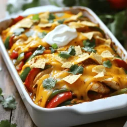 - 2 Hähnchenbrustfilets ohne Haut und Knochen, dünn geschnitten - 1 rote Paprika, in Streifen geschnitten - 1 grüne Paprika, in Streifen geschnitten - 1 gelbe Zwiebel, in Streifen geschnitten - 2 Esslöffel Olivenöl - 2 Esslöffel Fajita-Gewürzmischung Die Hauptzutaten sind entscheidend für den Geschmack. Hähnchen gibt es in vielen Varianten, aber frische Brustfilets sind ideal. Sie bleiben saftig und zart. Die bunten Paprika bringen Farbe und Süße ins Spiel. Die Zwiebel gibt einen tollen Geschmack. - 1 Tasse geriebener Cheddar-Käse - 1 Tasse Salsa - 8 kleine Weizentortillas Cheddar-Käse sorgt für eine cremige Schicht. Salsa fügt eine würzige Note hinzu. Kleine Weizentortillas sind perfekt, um das Gericht abzurunden. - Frischer Koriander - Sauerrahm oder griechischer Joghurt Frischer Koriander gibt einen tollen frischen Kick. Sauerrahm oder griechischer Joghurt machen das Gericht noch reichhaltiger. Es ist wichtig, diese Garnierungen zu verwenden. Sie heben die Aromen hervor. Wenn du mehr Details über die Zubereitung wissen möchtest, schaue dir das Full Recipe an. Zuerst schneiden Sie die Hähnchenbrustfilets in dünne Stücke. Danach nehmen Sie eine rote und eine grüne Paprika sowie eine gelbe Zwiebel. Schneiden Sie die Paprika in Streifen und die Zwiebel ebenfalls. Das bringt Farbe und Geschmack. In einer großen Schüssel mischen Sie dann das Hähnchen, das Gemüse, zwei Esslöffel Olivenöl und zwei Esslöffel Fajita-Gewürzmischung. Rühren Sie alles gut um, bis es gleichmäßig vermischt ist. Jetzt kommt der spaßige Teil! Geben Sie die Hähnchen-Gemüsemischung in eine Backform. Verteilen Sie die Mischung gleichmäßig auf dem Boden. Danach gießen Sie eine Tasse Salsa über die Mischung. Stellen Sie sicher, dass alles gut bedeckt ist. Dann bestreuen Sie das Gericht mit einer Tasse geriebenem Cheddar-Käse. Zum Schluss reißen Sie acht kleine Weizentortillas in Stücke und streuen diese über das Ganze. Diese Stücke werden beim Backen knusprig. Heizen Sie Ihren Ofen auf 190°C vor. Decken Sie die Backform mit Aluminiumfolie ab. Backen Sie das Gericht für 25 Minuten. Nach 25 Minuten nehmen Sie die Folie ab. Backen Sie das Gericht noch einmal für 10 bis 15 Minuten. Achten Sie darauf, dass der Käse sprudelnd und goldbraun ist. Nehmen Sie das Gericht aus dem Ofen und lassen Sie es kurz abkühlen. So bleibt es perfekt. Die komplette Anleitung finden Sie im Full Recipe. Wie man das Hähnchen zart hält: Um das Hähnchen zart zu halten, mariniere es vor dem Kochen. Verwende Olivenöl, Zitronensaft und Gewürze. Lass es mindestens 30 Minuten ziehen. So wird das Fleisch saftig und aromatisch. Anpassen der Gewürzmischung: Du kannst die Fajita-Gewürzmischung anpassen. Füge mehr Chili hinzu, um es schärfer zu machen. Möchtest du es milder? Reduziere die Menge oder verwende süße Paprika. Experimentiere mit verschiedenen Kräutern für neuen Geschmack. Überbacken des Käses: Achte darauf, den Käse nicht zu lange zu backen. Wenn du ihn zu lange im Ofen lässt, wird er hart. Nach dem Entfernen der Folie, backe nur bis er goldbraun ist. So bleibt er schön schmelzend. Die richtige Backform wählen: Wähle eine Backform, die groß genug ist. Ein 9x13 Zoll Gericht ist ideal. Wenn die Form zu klein ist, quillt das Gericht über. Das will man vermeiden, um eine saubere Küche zu behalten. Beilagen zum Fajita-Bake: Serviere das Fajita-Bake mit frischem Salat oder Reis. Salsa und Guacamole bringen zusätzliche Frische. Ein bisschen Sauerrahm rundet das Ganze ab und sorgt für Cremigkeit. Möglichkeiten zur Anreicherung der Aromen: Um die Aromen zu verstärken, füge frische Kräuter wie Koriander hinzu. Limettensaft bringt einen spritzigen Kick. Du kannst auch Avocado-Würfel oder Jalapeños für mehr Geschmack verwenden. {{image_4}} Für eine vegetarische Version des Chicken Fajita Bake kannst du Tofu oder Bohnen verwenden. Tofu hat eine tolle Textur und nimmt gut Gewürze auf. Schneide ihn in kleine Stücke und mariniere ihn wie das Hähnchen. Bohnen sind proteinreich und passen perfekt. Du kannst schwarze Bohnen oder Pintobohnen nutzen. Bei Gemüse hast du viele Optionen. Ersetze die Hähnchenbrust mit Zucchini, Auberginen oder Pilzen. Diese Gemüse geben deinem Gericht mehr Geschmack und Farbe. Ich liebe es, mit Gewürzen zu experimentieren. Du kannst verschiedene Gewürzmischungen verwenden, um neue Aromen zu entdecken. Eine Taco-Gewürzmischung gibt einen anderen Geschmack. Für mehr Schärfe füge Cayennepfeffer oder frische Jalapeños hinzu. Wenn du es milder magst, lass die scharfen Gewürze einfach weg. Finde die perfekte Balance, die dir gefällt. Für eine glutenfreie Option sind Mais-Tortillas ideal. Sie sind leicht und haben einen tollen Geschmack. Du kannst auch Low-Carb-Optionen ausprobieren, wie Blumenkohl-Tortillas. Diese sind gesund und passen gut zu deinem Fajita Bake. Jedes dieser Alternativen gibt deinem Gericht einen neuen Twist. Probiere sie aus und finde deine Favoriten! Um das Fajita-Bake frisch zu halten, lagere es in einem luftdichten Behälter. So bleibt der Geschmack erhalten. Die beste Temperatur für die Lagerung ist der Kühlschrank. Dort kann es bis zu vier Tage halten. Stelle sicher, dass es nach dem Abkühlen im Kühlschrank ist. So vermeidest du Bakterienbildung. Du kannst dein Fajita-Bake in der Mikrowelle oder im Ofen aufwärmen. Wenn du die Mikrowelle nutzt, stelle die Leistung auf mittel. Erwärme es in 1-Minuten-Intervallen. Überprüfe die Temperatur, um sicherzustellen, dass es gleichmäßig warm ist. Wenn du den Ofen nutzt, heize ihn auf 180 Grad vor. Lege das Fajita-Bake in eine ofenfeste Form. Decke es mit Folie ab, damit es nicht austrocknet. Erwärme es etwa 15 bis 20 Minuten, bis es durchgehend heiß ist. Um das Fajita-Bake einzufrieren, lasse es zuerst vollständig abkühlen. Fülle es dann in einen luftdichten Gefrierbehälter. Achte darauf, so viel Luft wie möglich zu entfernen. So bleibt es länger frisch. Du kannst es bis zu drei Monate im Gefrierschrank aufbewahren. Wenn du bereit bist, es zu essen, lasse es im Kühlschrank auftauen. Danach kannst du es im Ofen oder in der Mikrowelle aufwärmen. So schmeckt es fast wie frisch zubereitet. Die Vorbereitungszeit beträgt etwa 15 Minuten. Die Gesamtzeit bis zum Servieren ist 50 Minuten. Sie können einfach die Hähnchenbrust und das Gemüse schneiden, während der Ofen vorheizt. Das macht die Zubereitung schnell und einfach. Ja, du kannst das Rezept im Voraus zubereiten. Mische die Hähnchen- und Gemüsezutaten und lege sie in die Backform. Decke die Form mit Folie ab und stelle sie in den Kühlschrank. Du kannst es am nächsten Tag direkt backen. Dies spart Zeit, wenn du Gäste erwartest. Zu diesem Gericht passen viele Beilagen gut. Ein frischer grüner Salat ist eine tolle Wahl. Guacamole und Salsa sind ebenfalls perfekt. Sie bringen frische Aromen und machen das Essen noch besser. Du kannst auch Tortilla-Chips für einen knusprigen Snack servieren. Zusammenfassend haben wir die besten Zutaten und Schritte für ein schmackhaftes Fajita-Bake behandelt. Beginne mit frischem Hähnchen und knackigem Gemüse, würze es gut und backe es perfekt. Achte auf die Tipps, um Fehler zu vermeiden. Variationen wie die vegetarische Option bieten Abwechslung. Lagere und wärme die Reste richtig, um den Geschmack zu bewahren. Damit wirst du sicher viele Gäste begeistern!