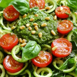 Um einen leckeren Pesto Zoodle Salat zu machen, brauchst du frische und einfache Zutaten. Hier ist die Liste der Zutaten, die du verwenden solltest: - 2 mittelgroße Zucchini, spiralisiert - 1 Tasse Kirschtomaten, halbiert - 1 Tasse frische Spinatblätter - 1/2 Tasse hausgemachtes oder fertiges Basilikumpesto - 1/4 Tasse Pinienkerne, geröstet - 1/4 Tasse geriebener Parmesan (optional) - Salz und Pfeffer nach Geschmack - Frische Basilikumblätter zum Garnieren Mit diesen Zutaten kannst du einen bunten und gesunden Salat zubereiten. Die Zucchini sind die Hauptzutat. Sie geben dem Salat eine knackige Textur. Die Kirschtomaten bringen Süße und Frische. Spinatblätter fügen einen tollen Geschmack hinzu und sind gesund. Das Basilikumpesto ist der Star dieses Gerichts. Es gibt dem Salat ein reichhaltiges Aroma. Du kannst es selbst machen oder im Laden kaufen. Die Pinienkerne sorgen für einen nussigen Crunch. Parmesan ist optional, aber er macht das Gericht noch köstlicher. Das Würzen mit Salz und Pfeffer ist wichtig, um die Aromen zu verstärken. Frische Basilikumblätter geben einen schönen Farbtupfer und extra Geschmack. Wenn du die Zutaten hast, bist du bereit, mit dem Kochen zu beginnen. Du kannst das vollständige Rezept für alle Schritte und Tipps finden. Um Zoodles zu machen, benutze ich einen Spiralschneider. Es ist einfach und macht Spaß. Wenn du keinen hast, kannst du einen Gemüseschäler verwenden. Damit schneidest du lange, dünne Ribbons. Diese sind auch lecker und sehen toll aus. Die Pinienkerne rösten wir in einer kleinen Pfanne. Stelle die Pfanne auf mittlere Hitze. Rühre die Kerne oft um. Nach drei bis vier Minuten sind sie goldbraun und duftet gut. Danach stelle sie beiseite und lasse sie abkühlen. Jetzt kommt der spaßige Teil. Gib die Zoodles, die halbierten Kirschtomaten und die frischen Spinatblätter in eine große Schüssel. Mische alles gut. So verteilen sich die Farben und Aromen gleichmäßig. Jetzt ist es Zeit für das Pesto. Beträufle die Zoodle-Mischung damit. Rühre vorsichtig um, bis alles gut bedeckt ist. Jetzt schmecke mit Salz und Pfeffer ab. So wird der Salat perfekt gewürzt. Bestreue den Salat mit den gerösteten Pinienkernen. Wenn du magst, füge geriebenen Parmesan hinzu. Das gibt einen tollen Geschmack. Mische leicht, damit alles gut zusammenkommt. Übertrage den Salat auf eine große Servierplatte oder in Einzelportionen. Garniere mit frischen Basilikumblättern. Das sieht schön aus und schmeckt frisch. So wird der Pesto Zoodle Salat richtig einladend. Du kannst das gesamte Rezept in der [Full Recipe] finden. Zoodles können matschig werden, wenn sie zu lange gekocht werden. Um dies zu vermeiden, verwenden Sie frische Zucchini. Spiralisiert sie erst kurz vor dem Servieren. So bleiben sie knackig. Wenn Sie keinen Spiralschneider haben, nutzen Sie einen Gemüseschäler. Damit schneiden Sie dünne Ribbons, die ebenfalls gut funktionieren. Alternativen zu Zoodles sind Karotten oder Süßkartoffeln. Diese Gemüsesorten bieten einen anderen Geschmack und eine andere Textur. Probieren Sie auch die Kombination aus verschiedenen Zoodles für mehr Farbe und Geschmack. Pesto ist sehr vielseitig. Sie können verschiedene Zutaten verwenden, um neue Geschmäcker zu entdecken. Statt Basilikum probieren Sie Rucola oder Petersilie. Auch verschiedene Nüsse wie Walnüsse oder Mandeln bringen Abwechslung. Sie können auch Parmesan durch Hefeflocken ersetzen, wenn Sie es vegan möchten. Eine weitere Idee ist, geröstete Paprika oder sonnengetrocknete Tomaten hinzuzufügen. Diese Zutaten verleihen dem Pesto eine neue Tiefe. Experimentieren Sie mit den Zutaten und finden Sie Ihre Lieblingskombination. Für Beilagen passen knuspriges Brot oder ein frischer grüner Salat gut dazu. Ein Glas Weißwein oder spritziger Limonade rundet das Essen ab. Servieren Sie den Salat in einer großen Schüssel oder auf einem schönen Teller. Das Auge isst mit, also achten Sie auf die Präsentation. Bei besonderen Anlässen können Sie den Salat in Gläsern anrichten. Das sieht nicht nur toll aus, sondern ist auch praktisch. Fügen Sie zusätzliche Dekorationen wie frische Kräuter hinzu, um das Gericht zu verfeinern. {{image_4}} Um den Pesto Zoodle Salat noch aufregender zu gestalten, können Sie zusätzliche Zutaten hinzufügen. Hühnchen oder Garnelen sind tolle Optionen für mehr Protein. Einfach die Hühnchenbrust grillen oder die Garnelen anbraten und dann in den Salat mischen. Für Vegetarier sind Kichererbsen eine perfekte Wahl. Sie geben dem Salat nicht nur mehr Struktur, sondern auch einen angenehmen, nussigen Geschmack. Einfach eine Tasse Kichererbsen hinzufügen und gut vermengen. Das Dressing kann einen großen Unterschied machen. Probieren Sie ein griechisches Joghurt-Pesto. Es ist cremig und leicht. Mischen Sie einfach griechisches Joghurt mit dem Basilikumpesto. Diese Kombination ist frisch und gesund. Eine andere leckere Option ist das Zitronen-Balsamico-Dressing. Der Zitronensaft bringt Frische und den Balsamico sorgt für eine süß-säuerliche Note. Diese Kombination passt hervorragend zu den Zoodles und hebt die Aromen hervor. Nutzen Sie saisonales Gemüse für mehr Geschmack. Im Frühling können Sie Spargel und Erbsen hinzufügen. Im Sommer sind Paprika und Gurken großartig. Herbstgemüse wie Kürbis oder Rote Bete bringen eine schöne Farbe und Süße. Die Auswahl frischer Kräuter kann ebenfalls den Unterschied machen. Im Frühling bietet sich Schnittlauch an, während im Sommer frischer Basilikum perfekt ist. Im Winter können Sie Petersilie oder Thymian verwenden. Diese saisonalen Anpassungen machen den Salat abwechslungsreich und interessant. Für das vollständige Rezept schauen Sie sich den [Full Recipe] an. Um den Pesto Zoodle Salat frisch zu halten, lege ihn in einen luftdichten Behälter. Fülle den Behälter bis zum Rand, um Luft zu vermeiden. So bleibt der Salat für zwei bis drei Tage frisch. Die Zoodles sollten nicht zu lange im Pesto liegen, da sie matschig werden können. Ich empfehle, das Pesto erst kurz vor dem Servieren hinzuzufügen. Achte darauf, die Kirschtomaten und Spinatblätter getrennt zu lagern, wenn du sie nicht sofort verwendest. So bleiben sie knackig und frisch. Verwende frische Zutaten, um den besten Geschmack zu erzielen. Wenn du Zoodles vorbereiten und aufbewahren möchtest, kannst du sie einfrieren. Zucchini-Nudeln lassen sich einfach einfrieren. Verwende einen Gefrierbeutel oder einen luftdichten Behälter. Vor dem Einfrieren solltest du die Zoodles gut abtrocknen, um überschüssige Feuchtigkeit zu entfernen. Nach dem Auftauen kannst du die Zoodles in einer Pfanne kurz anbraten. So bleiben sie knackig. Verwende sie in Suppen oder als Beilage. Das gibt dir viele Möglichkeiten, sie kreativ zu nutzen. Der Pesto Zoodle Salat hält sich im Kühlschrank etwa zwei bis drei Tage. Achte darauf, nach Anzeichen von Frische zu schauen. Wenn die Zoodles weich oder matschig sind, ist es Zeit, sie wegzuwerfen. Auch die Kirschtomaten sollten fest und prall sein. Bei matschigen oder schimmeligen Tomaten solltest du vorsichtig sein. Verwende frische Zutaten, um die beste Qualität zu sichern. Wenn du keinen Spiralschneider hast, gibt es tolle Alternativen. Du kannst einen Gemüseschäler nutzen, um dünne Ribbons zu machen. Einfach die Zucchini schälen und die Ribbons in Streifen schneiden. Eine Mandoline ist auch eine gute Option. Diese Geräte helfen dir, gleichmäßige Zucchini-Nudeln zu erstellen. Ja, du kannst diesen Salat vegan machen. Ersetze das Basilikumpesto durch ein veganes Pesto. Achte darauf, dass der Parmesan weggelassen wird oder durch einen veganen Käse ersetzt wird. So bleibt der Geschmack frisch und lecker, ohne tierische Produkte. Die besten Zucchini sind frisch und fest. Suche nach mittelgroßen Zucchini, die eine glatte Haut haben. Avoid Zucchini mit weichen Stellen oder dunklen Flecken. Diese Sorten geben dir die besten Ergebnisse für Zoodles. Ja, du kannst den Salat im Voraus zubereiten. Bereite die Zoodles und das Gemüse vor, aber füge das Pesto erst kurz vor dem Servieren hinzu. So bleibt alles frisch und knackig. Lagere die Zoodles in einem luftdichten Behälter im Kühlschrank. Pesto Zoodle Salat ist leicht und nahrhaft. Eine Portion enthält etwa 150 Kalorien. Sie hat viele Vitamine aus dem Gemüse und gesunde Fette aus dem Pesto. Du kannst die Nährwerte anpassen, indem du die Mengen der Zutaten variierst. Zusammengefasst haben wir eine einfache und leckere Zubereitung für Pesto Zoodle Salat. Du hast gelernt, wie du Zucchini-Nudeln machst, die Zutaten mischst und das Gericht anrichtest. Denke daran, Variationen auszuprobieren und den Salat frisch zu lagern. Ein gesunder und schmackhafter Salat kann einfach und schnell sein. Probiere es aus und überrasche deine Freunde und Familie!