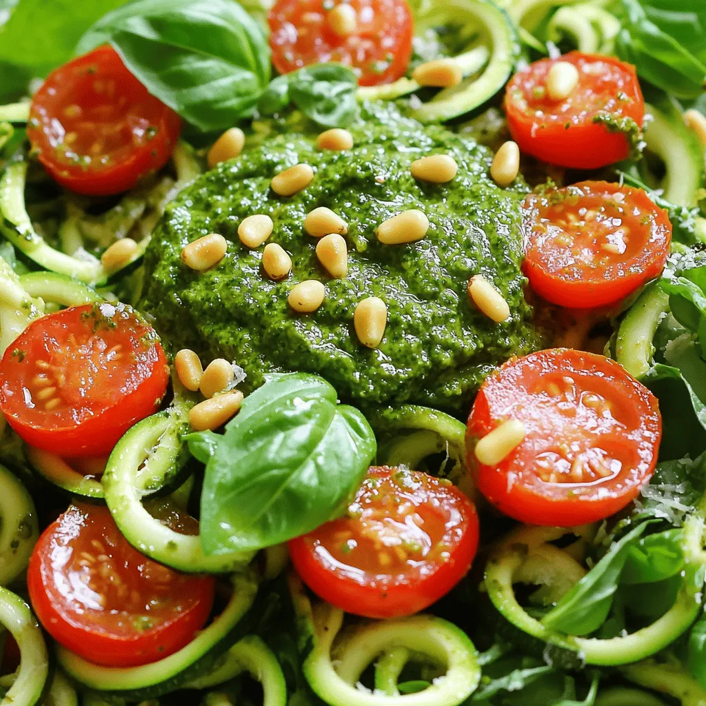 Um einen leckeren Pesto Zoodle Salat zu machen, brauchst du frische und einfache Zutaten. Hier ist die Liste der Zutaten, die du verwenden solltest: - 2 mittelgroße Zucchini, spiralisiert - 1 Tasse Kirschtomaten, halbiert - 1 Tasse frische Spinatblätter - 1/2 Tasse hausgemachtes oder fertiges Basilikumpesto - 1/4 Tasse Pinienkerne, geröstet - 1/4 Tasse geriebener Parmesan (optional) - Salz und Pfeffer nach Geschmack - Frische Basilikumblätter zum Garnieren Mit diesen Zutaten kannst du einen bunten und gesunden Salat zubereiten. Die Zucchini sind die Hauptzutat. Sie geben dem Salat eine knackige Textur. Die Kirschtomaten bringen Süße und Frische. Spinatblätter fügen einen tollen Geschmack hinzu und sind gesund. Das Basilikumpesto ist der Star dieses Gerichts. Es gibt dem Salat ein reichhaltiges Aroma. Du kannst es selbst machen oder im Laden kaufen. Die Pinienkerne sorgen für einen nussigen Crunch. Parmesan ist optional, aber er macht das Gericht noch köstlicher. Das Würzen mit Salz und Pfeffer ist wichtig, um die Aromen zu verstärken. Frische Basilikumblätter geben einen schönen Farbtupfer und extra Geschmack. Wenn du die Zutaten hast, bist du bereit, mit dem Kochen zu beginnen. Du kannst das vollständige Rezept für alle Schritte und Tipps finden. Um Zoodles zu machen, benutze ich einen Spiralschneider. Es ist einfach und macht Spaß. Wenn du keinen hast, kannst du einen Gemüseschäler verwenden. Damit schneidest du lange, dünne Ribbons. Diese sind auch lecker und sehen toll aus. Die Pinienkerne rösten wir in einer kleinen Pfanne. Stelle die Pfanne auf mittlere Hitze. Rühre die Kerne oft um. Nach drei bis vier Minuten sind sie goldbraun und duftet gut. Danach stelle sie beiseite und lasse sie abkühlen. Jetzt kommt der spaßige Teil. Gib die Zoodles, die halbierten Kirschtomaten und die frischen Spinatblätter in eine große Schüssel. Mische alles gut. So verteilen sich die Farben und Aromen gleichmäßig. Jetzt ist es Zeit für das Pesto. Beträufle die Zoodle-Mischung damit. Rühre vorsichtig um, bis alles gut bedeckt ist. Jetzt schmecke mit Salz und Pfeffer ab. So wird der Salat perfekt gewürzt. Bestreue den Salat mit den gerösteten Pinienkernen. Wenn du magst, füge geriebenen Parmesan hinzu. Das gibt einen tollen Geschmack. Mische leicht, damit alles gut zusammenkommt. Übertrage den Salat auf eine große Servierplatte oder in Einzelportionen. Garniere mit frischen Basilikumblättern. Das sieht schön aus und schmeckt frisch. So wird der Pesto Zoodle Salat richtig einladend. Du kannst das gesamte Rezept in der [Full Recipe] finden. Zoodles können matschig werden, wenn sie zu lange gekocht werden. Um dies zu vermeiden, verwenden Sie frische Zucchini. Spiralisiert sie erst kurz vor dem Servieren. So bleiben sie knackig. Wenn Sie keinen Spiralschneider haben, nutzen Sie einen Gemüseschäler. Damit schneiden Sie dünne Ribbons, die ebenfalls gut funktionieren. Alternativen zu Zoodles sind Karotten oder Süßkartoffeln. Diese Gemüsesorten bieten einen anderen Geschmack und eine andere Textur. Probieren Sie auch die Kombination aus verschiedenen Zoodles für mehr Farbe und Geschmack. Pesto ist sehr vielseitig. Sie können verschiedene Zutaten verwenden, um neue Geschmäcker zu entdecken. Statt Basilikum probieren Sie Rucola oder Petersilie. Auch verschiedene Nüsse wie Walnüsse oder Mandeln bringen Abwechslung. Sie können auch Parmesan durch Hefeflocken ersetzen, wenn Sie es vegan möchten. Eine weitere Idee ist, geröstete Paprika oder sonnengetrocknete Tomaten hinzuzufügen. Diese Zutaten verleihen dem Pesto eine neue Tiefe. Experimentieren Sie mit den Zutaten und finden Sie Ihre Lieblingskombination. Für Beilagen passen knuspriges Brot oder ein frischer grüner Salat gut dazu. Ein Glas Weißwein oder spritziger Limonade rundet das Essen ab. Servieren Sie den Salat in einer großen Schüssel oder auf einem schönen Teller. Das Auge isst mit, also achten Sie auf die Präsentation. Bei besonderen Anlässen können Sie den Salat in Gläsern anrichten. Das sieht nicht nur toll aus, sondern ist auch praktisch. Fügen Sie zusätzliche Dekorationen wie frische Kräuter hinzu, um das Gericht zu verfeinern. {{image_4}} Um den Pesto Zoodle Salat noch aufregender zu gestalten, können Sie zusätzliche Zutaten hinzufügen. Hühnchen oder Garnelen sind tolle Optionen für mehr Protein. Einfach die Hühnchenbrust grillen oder die Garnelen anbraten und dann in den Salat mischen. Für Vegetarier sind Kichererbsen eine perfekte Wahl. Sie geben dem Salat nicht nur mehr Struktur, sondern auch einen angenehmen, nussigen Geschmack. Einfach eine Tasse Kichererbsen hinzufügen und gut vermengen. Das Dressing kann einen großen Unterschied machen. Probieren Sie ein griechisches Joghurt-Pesto. Es ist cremig und leicht. Mischen Sie einfach griechisches Joghurt mit dem Basilikumpesto. Diese Kombination ist frisch und gesund. Eine andere leckere Option ist das Zitronen-Balsamico-Dressing. Der Zitronensaft bringt Frische und den Balsamico sorgt für eine süß-säuerliche Note. Diese Kombination passt hervorragend zu den Zoodles und hebt die Aromen hervor. Nutzen Sie saisonales Gemüse für mehr Geschmack. Im Frühling können Sie Spargel und Erbsen hinzufügen. Im Sommer sind Paprika und Gurken großartig. Herbstgemüse wie Kürbis oder Rote Bete bringen eine schöne Farbe und Süße. Die Auswahl frischer Kräuter kann ebenfalls den Unterschied machen. Im Frühling bietet sich Schnittlauch an, während im Sommer frischer Basilikum perfekt ist. Im Winter können Sie Petersilie oder Thymian verwenden. Diese saisonalen Anpassungen machen den Salat abwechslungsreich und interessant. Für das vollständige Rezept schauen Sie sich den [Full Recipe] an. Um den Pesto Zoodle Salat frisch zu halten, lege ihn in einen luftdichten Behälter. Fülle den Behälter bis zum Rand, um Luft zu vermeiden. So bleibt der Salat für zwei bis drei Tage frisch. Die Zoodles sollten nicht zu lange im Pesto liegen, da sie matschig werden können. Ich empfehle, das Pesto erst kurz vor dem Servieren hinzuzufügen. Achte darauf, die Kirschtomaten und Spinatblätter getrennt zu lagern, wenn du sie nicht sofort verwendest. So bleiben sie knackig und frisch. Verwende frische Zutaten, um den besten Geschmack zu erzielen. Wenn du Zoodles vorbereiten und aufbewahren möchtest, kannst du sie einfrieren. Zucchini-Nudeln lassen sich einfach einfrieren. Verwende einen Gefrierbeutel oder einen luftdichten Behälter. Vor dem Einfrieren solltest du die Zoodles gut abtrocknen, um überschüssige Feuchtigkeit zu entfernen. Nach dem Auftauen kannst du die Zoodles in einer Pfanne kurz anbraten. So bleiben sie knackig. Verwende sie in Suppen oder als Beilage. Das gibt dir viele Möglichkeiten, sie kreativ zu nutzen. Der Pesto Zoodle Salat hält sich im Kühlschrank etwa zwei bis drei Tage. Achte darauf, nach Anzeichen von Frische zu schauen. Wenn die Zoodles weich oder matschig sind, ist es Zeit, sie wegzuwerfen. Auch die Kirschtomaten sollten fest und prall sein. Bei matschigen oder schimmeligen Tomaten solltest du vorsichtig sein. Verwende frische Zutaten, um die beste Qualität zu sichern. Wenn du keinen Spiralschneider hast, gibt es tolle Alternativen. Du kannst einen Gemüseschäler nutzen, um dünne Ribbons zu machen. Einfach die Zucchini schälen und die Ribbons in Streifen schneiden. Eine Mandoline ist auch eine gute Option. Diese Geräte helfen dir, gleichmäßige Zucchini-Nudeln zu erstellen. Ja, du kannst diesen Salat vegan machen. Ersetze das Basilikumpesto durch ein veganes Pesto. Achte darauf, dass der Parmesan weggelassen wird oder durch einen veganen Käse ersetzt wird. So bleibt der Geschmack frisch und lecker, ohne tierische Produkte. Die besten Zucchini sind frisch und fest. Suche nach mittelgroßen Zucchini, die eine glatte Haut haben. Avoid Zucchini mit weichen Stellen oder dunklen Flecken. Diese Sorten geben dir die besten Ergebnisse für Zoodles. Ja, du kannst den Salat im Voraus zubereiten. Bereite die Zoodles und das Gemüse vor, aber füge das Pesto erst kurz vor dem Servieren hinzu. So bleibt alles frisch und knackig. Lagere die Zoodles in einem luftdichten Behälter im Kühlschrank. Pesto Zoodle Salat ist leicht und nahrhaft. Eine Portion enthält etwa 150 Kalorien. Sie hat viele Vitamine aus dem Gemüse und gesunde Fette aus dem Pesto. Du kannst die Nährwerte anpassen, indem du die Mengen der Zutaten variierst. Zusammengefasst haben wir eine einfache und leckere Zubereitung für Pesto Zoodle Salat. Du hast gelernt, wie du Zucchini-Nudeln machst, die Zutaten mischst und das Gericht anrichtest. Denke daran, Variationen auszuprobieren und den Salat frisch zu lagern. Ein gesunder und schmackhafter Salat kann einfach und schnell sein. Probiere es aus und überrasche deine Freunde und Familie!