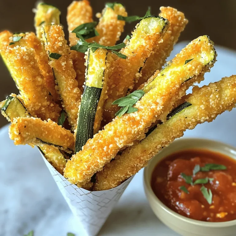 - Zucchinis und ihre Bedeutung Zucchinis sind die Hauptzutat in diesem Rezept. Sie sind knackig und leicht. Zucchinis haben wenig Kalorien und viele Nährstoffe. Sie sind eine tolle Alternative zu Kartoffeln. Zudem bringen sie Farbe auf deinen Teller. - Auswahl des Parmesan-Käses Parmesan ist der perfekte Käse für dieses Gericht. Er hat einen starken Geschmack. Frisch geriebener Parmesan gibt den besten Geschmack. Du kannst auch einen anderen Hartkäse verwenden, aber Parmesan passt am besten. - Bedeutung der Gewürze und Panade Gewürze machen das Essen spannend. Knoblauchpulver und Zwiebelpulver geben Aroma. Die italienische Kräutermischung bringt frische Noten. Die Panade aus Semmelbröseln macht die Zucchini knusprig. Für das vollständige Rezept schau dir die [Full Recipe] an. Heize den Ofen auf 220°C (425°F) vor. Lege ein Backblech mit Backpapier aus. Diese Vorbereitung sorgt dafür, dass die Pommes gleichmäßig und knusprig backen. Jetzt ist es Zeit, die Zucchini zu schneiden. Nimm zwei mittelgroße Zucchinis und schneide sie in dünne Streifen. Die Streifen sollten etwa ½ cm breit sein, damit sie wie Pommes aussehen. Jetzt bereiten wir die Panade vor. In einer flachen Schüssel mischst du die Semmelbrösel, den frisch geriebenen Parmesan, Knoblauchpulver, Zwiebelpulver und italienische Kräuter. Vergiss nicht, Salz und Pfeffer hinzuzufügen. In einer anderen Schüssel schlägst du die Eier auf und verquirlst sie gut, bis sie schaumig sind. Diese Mischung hilft der Panade, gut an den Zucchini zu haften. Tauche die Zucchini-Streifen zuerst in die Eier. Achte darauf, dass sie vollständig bedeckt sind. Danach wälze die Streifen in der Semmelbrösel-Mischung. Drücke sanft, damit die Panade gut haftet. Lege die panierten Zucchini-Pommes auf das Backblech in einer einzigen Schicht. Sprühe die Oberseite leicht mit Olivenöl-Spray ein. Das sorgt für extra Knusprigkeit. Jetzt kommt der spannende Teil: das Backen. Schiebe das Blech in den vorgeheizten Ofen. Backe die Pommes für 20-25 Minuten, bis sie goldbraun und knusprig sind. Wende die Pommes etwa zur Halbzeit. So bräunen sie gleichmäßig. Nach dem Backen lasse die Pommes ein paar Minuten abkühlen, bevor du sie servierst. Für das vollständige Rezept, schau dir bitte den Abschnitt über die Zutaten an. - Verwende Olivenöl-Spray, um die Zucchini-Pommes gleichmäßig zu benetzen. Dies hilft, sie knusprig zu machen. - Backe die Pommes auf einem Blech mit Backpapier. Das sorgt für eine bessere Luftzirkulation. - Wende die Pommes während des Backens. Dadurch werden sie von allen Seiten gleichmäßig knusprig. - Füge etwas Paprikapulver oder Cayennepfeffer hinzu, um den Pommes eine scharfe Note zu geben. - Probiere auch die Zugabe von Parmesan mit Kräutern. Das bringt neuen Geschmack. - Du kannst die Panade mit Mandeln oder Haferflocken variieren. Das gibt einen neuen Crunch. - Ein guter Dip macht alles besser. Serviere die Pommes mit marinara Sauce oder Joghurt-Dip. - Richte die Pommes auf einem schönen Teller an. Verwende ein paar frische Kräuter zur Dekoration. - Für einen tollen Effekt kannst du die Pommes in einem Papphalter servieren. Das sieht lustig aus und macht Spaß. Für das vollständige Rezept, schau dir die [Full Recipe] an. {{image_4}} Wenn du keinen Parmesan magst oder einfach etwas Neues ausprobieren möchtest, gibt es viele Alternativen. - Pecorino: Dieser Käse hat einen salzigen und kräftigen Geschmack. - Grana Padano: Ein milderer, aber ebenso leckerer Käse. - Nährhefe: Für eine vegane Variante kannst du Nährhefe nutzen. Sie gibt einen käsigen Geschmack ohne Milchprodukte. Zucchini sind toll, aber du kannst auch andere Gemüsesorten testen. - Auberginen: Sie haben eine weiche Textur und nehmen Gewürze gut auf. - Karotten: Diese sind süßer und knuspriger. - Süßkartoffeln: Kombiniere sie mit Zucchini für einen bunten Mix. Du kannst die italienische Kräutermischung anpassen, um andere Aromen zu entdecken. - Paprika: Fügt eine süße Note hinzu. - Curry-Pulver: Für einen exotischen Geschmack. - Knoblauch und Zwiebel: Verwende frische oder getrocknete Varianten für mehr Tiefe. Experimentiere mit verschiedenen Zutaten. Koche die leckeren Zucchini Pommes nach dem [Full Recipe]. Um die Parmesan Zucchini Fries frisch zu halten, lagere sie im Kühlschrank. Lege die Pommes in einen luftdichten Behälter. So bleiben sie bis zu drei Tage gut. Wenn du sie länger aufbewahren willst, friere sie ein. Lege die Zucchini Fries in eine gefriergeeignete Tüte. Drücke die Luft heraus, bevor du sie verschließt. So bleiben sie bis zu drei Monate haltbar. Wenn es Zeit ist, die Pommes wieder aufzuwärmen, hast du zwei gute Optionen: den Backofen oder die Mikrowelle. Der Backofen sorgt dafür, dass sie knusprig bleiben. Heize den Ofen auf 190°C (375°F) vor und lege die Pommes auf ein Backblech. Backe sie für etwa 10 Minuten. Die Mikrowelle ist schneller, macht die Pommes aber weicher. Wenn du sie in der Mikrowelle aufwärmst, lege ein Papiertuch unter die Pommes. So wird die Feuchtigkeit besser aufgenommen. Wenn du die perfekte Krustigkeit willst, ist der Ofen die beste Wahl. Die Zucchini Pommes halten sich gut im Kühlschrank. Du kannst sie dort bis zu drei Tage aufbewahren. Stelle sicher, dass du sie in einem luftdichten Behälter lagerst. Wenn du Reste hast, die du nicht sofort essen kannst, wirf sie nicht weg. Du kannst sie nach ein paar Tagen auch noch genießen, solange sie frisch riechen und gut aussehen. Ja, du kannst die Zucchini Pommes frittieren. Beim Frittieren werden sie oft noch knuspriger. Der große Unterschied ist, dass die Pommes beim Backen weniger Öl aufnehmen. Wenn du die Pommes frittierst, erwärmst du Öl in einer Pfanne. Tauche die Pommes dann vorsichtig hinein, bis sie goldbraun sind. Dies kann jedoch mehr Fett hinzufügen, was für einige weniger gesund ist. Es gibt viele einfache Wege, die Zucchini Pommes würziger zu machen. Du kannst zusätzliche Gewürze wie Paprika, Kreuzkümmel oder Chili hinzufügen. Diese geben den Pommes mehr Geschmack. Auch das Hinzufügen von frischen Kräutern wie Oregano oder Basilikum kann helfen. Eine weitere Idee ist, scharfe Saucen wie Sriracha oder Tabasco zu verwenden. So bekommst du einen scharfen Kick, den du lieben wirst. Zucchini-Pommes sind einfach und köstlich. Sie brauchen nur einige frische Zutaten und Gewürze. Die Schritt-für-Schritt-Anleitung macht das Rezept leicht nachkochbar. Vergessen Sie nicht die Tipps für die perfekte Knusprigkeit! Variieren Sie mit verschiedenen Gemüsen oder Käsen, um Neues zu entdecken. Die Aufbewahrung ist ebenfalls einfach. Befolgen Sie die Hinweise, um die Pommes frisch zu halten. Mit den richtigen Dips wird jede Portion zum Hit. Probieren Sie die Variationen aus und passen Sie sie an Ihren Geschmack an!