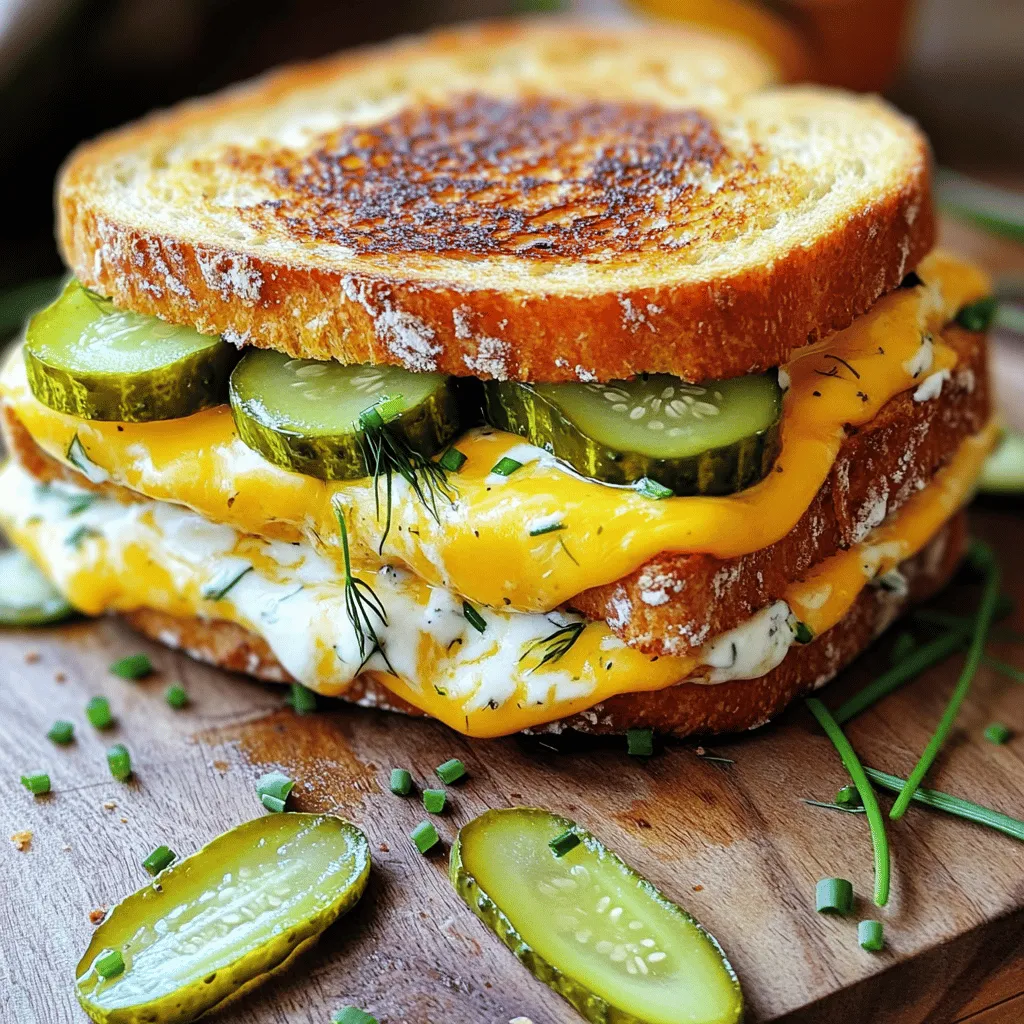 Die Zutaten sind einfach und machen das Sandwich köstlich. Hier ist, was Sie brauchen: - Sauerteigbrot - Ungesalzene Butter - Scharfer Cheddar-Käse - Mozzarella-Käse - Ranch-Dressing - Dillgurken Diese Hauptzutaten sind die Basis für den perfekten Pickle Ranch gegrillten Käse. Sauerteigbrot gibt einen tollen Geschmack. Die ungesalzene Butter sorgt für eine knusprige Textur. Scharfer Cheddar und Mozzarella machen das Sandwich reichhaltig und schmelzend. Ranch-Dressing bringt eine cremige Note. Dillgurken fügen einen tollen Crunch hinzu. - Frischer Schnittlauch - Salz und Pfeffer Frischer Schnittlauch bringt frische Aromen. Salz und Pfeffer helfen, die Geschmäcker zu heben. Diese optionalen Zutaten sind nicht nötig, aber sie machen das Gericht noch besser. Wenn Sie mehr Geschmack möchten, fügen Sie sie hinzu. Sie finden die vollständige Rezeptur in der [Full Recipe]. 1. Erhitze eine Pfanne bei mittlerer Hitze. 2. Verteile die Butter gleichmäßig auf einer Seite jeder Scheibe Sauerteigbrot. 1. Mische den geriebenen Cheddar- und Mozzarella-Käse in einer Schüssel. 2. Bestreiche die unbutterte Seite einer Scheibe Brot mit Ranch-Dressing. 1. Füge eine Schicht der Käsemischung auf das Ranch-Dressing hinzu. 2. Lege die geschnittenen Dillgurken auf den Käse und streue frischen Schnittlauch darüber. 3. Decke die Gurken mit der restlichen Käsemischung ab. 4. Lege die zweite Scheibe Brot darauf, mit der Butterseite nach außen. 5. Lege das Sandwich in die heiße Pfanne. Brate es etwa 4-5 Minuten, bis die Unterseite goldbraun ist. 6. Wende das Sandwich vorsichtig und grille die andere Seite weitere 4-5 Minuten, bis der Käse geschmolzen ist. 7. Nimm das Sandwich aus der Pfanne und lasse es eine Minute ruhen, bevor du es schneidest. Dieses Rezept ist einfach und macht Spaß! Du wirst den tollen Geschmack lieben. Für das vollständige Rezept schau dir die [Full Recipe] an. Um den perfekten gegrillten Käse zu machen, brauchst du die richtige Temperatur. Stelle deine Pfanne auf mittlere Hitze. Zu hohe Hitze verbrennt das Brot, bevor der Käse schmilzt. Wenn du einen Deckel verwendest, hilft das dem Käse, gleichmäßig zu schmelzen. Der Dampf kann das Sandwich auch schöner machen. Misch verschiedene Käsesorten für mehr Geschmack. Du kannst Cheddar, Mozzarella oder sogar Gouda nutzen. Wenn du vegan sein willst, probiere veganen Käse oder Cashewkäse. Diese sind leckere Alternativen und schmelzen gut. Serviere deinen Pickle Ranch gegrillten Käse mit Beilagen. Eine gute Idee sind frische Salate oder süße Pommes. Für die Präsentation lege das Sandwich auf ein Holzbrett. Füge extra Gurken und Schnittlauch dazu. Eine kleine Schüssel mit Ranch-Dressing zum Dippen macht das Gericht noch besser. {{image_4}} Gurken sind der Star in diesem Rezept. Sie geben einen tollen Geschmack. - Gewürzgurken: Diese sind süß und schmackhaft. Sie passen gut zu Käse. - Eingelegte Jalapeños: Für einen scharfen Kick sind diese perfekt. Sie bringen Wärme ins Sandwich. Ranch-Dressing ist super, aber du kannst auch kreativ sein. - Ranch-Dressing anpassen: Füge frische Kräuter hinzu. Das macht es frischer. - Andere Dressings ausprobieren: Du kannst auch Honig-Senf oder BBQ-Sauce verwenden. Jedes Dressing gibt einen neuen Geschmack. Das Brot ist wichtig für das Sandwich. Es hilft, die Füllung zu halten. - Vollkornbrot: Dieses Brot ist nahrhaft und hat einen tollen Geschmack. Es passt gut zu den Käsen. - Glutenfreies Brot: Wenn du Gluten vermeidest, ist dies eine gute Wahl. Es schmeckt auch lecker. Jede Option macht das Rezept einzigartig. Probiere verschiedene Kombinationen aus und finde deinen Favoriten! Um dein Pickle Ranch gegrillter Käse Sandwich frisch zu halten, solltest du einige Tipps beachten. - Kühlschranklagerung: Bewahre das Sandwich in einem luftdichten Behälter auf. Es bleibt so für 2-3 Tage frisch. Du kannst es auch in Frischhaltefolie einwickeln, um es vor dem Austrocknen zu schützen. - Einfrieren: Wenn du das Sandwich länger aufbewahren möchtest, kannst du es einfrieren. Wickel es gut in Frischhaltefolie und lege es in einen Gefrierbeutel. So bleibt es bis zu einem Monat haltbar. Wenn du das Sandwich später genießen möchtest, gibt es zwei einfache Methoden. - Mikrowelle: Dies ist schnell, aber das Sandwich kann weich werden. Erwärme es in der Mikrowelle für etwa 30-60 Sekunden. - Pfanne: Dies ist die beste Methode, um die Knusprigkeit zu erhalten. Erhitze eine Pfanne bei mittlerer Hitze. Lege das Sandwich hinein und brate es für 2-3 Minuten pro Seite. Wie lange bleibt dein Pickle Ranch gegrillter Käse frisch? - Frisch: Im Kühlschrank bleibt es für 2-3 Tage genießbar. - Eingefroren: Im Gefrierfach kann es bis zu einem Monat aufbewahrt werden. Achte darauf, es gut verpackt zu halten. Um das Sandwich vegan zu machen, müssen Sie einige Zutaten anpassen. Verwenden Sie veganes Brot, das ohne Eier oder Milch hergestellt wird. Für den Käse können Sie eine vegane Käsealternative wählen. Es gibt viele Marken, die schmelzenden veganen Käse anbieten. Ersetzen Sie die Butter durch pflanzliche Margarine. Achten Sie darauf, ein veganes Ranch-Dressing zu wählen oder machen Sie es selbst. Kombinieren Sie pflanzliche Joghurtalternativen mit Gewürzen und Kräutern für einen tollen Geschmack. Ja, Sie können das Sandwich auch im Ofen zubereiten. Heizen Sie den Backofen auf 180 Grad Celsius vor. Bereiten Sie das Sandwich wie gewohnt vor und legen Sie es auf ein Backblech. Decken Sie das Sandwich mit Aluminiumfolie ab, damit es gleichmäßig gart. Backen Sie es etwa 10 Minuten lang. Entfernen Sie die Folie und backen Sie es weitere 5 Minuten, bis der Käse schmilzt und das Brot goldbraun wird. Diese Methode sorgt für ein gleichmäßiges Garen. Zu Pickle Ranch Gegrilltem Käse passen viele tolle Beilagen. Hier sind einige Vorschläge: - Eine knusprige Salatbeilage mit grünen Blättern - Kartoffelchips für einen knusprigen Crunch - Eine kleine Schüssel mit extra Ranch-Dressing zum Dippen - Eingelegte Gurken für zusätzlichen Geschmack - Eine frische Tomatensuppe, die perfekt zum Sandwich passt Diese Beilagen runden das Gericht ab und machen es noch leckerer. In diesem Artikel habe ich die Zutaten und Schritte für Pickle Ranch Gegrillter Käse erklärt. Du hast gelernt, welche Haupt- und optionale Zutaten nötig sind. Ich habe auch Tipps zur Grilltechnik und Variationen des Rezepts gegeben. Denke daran, das Sandwich nach deinem Geschmack anzupassen. Kreativität macht das Kochen spannend. Experimentiere mit verschiedenen Zutaten und genieße jedes Stück!