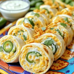 Für diese leckeren Pinwheels brauche ich einige Hauptzutaten. Diese Zutaten machen den Geschmack aus. Hier sind die wichtigsten: - 225g Frischkäse, weich - 1 Tasse scharfen Cheddar, gerieben - 125g Jalapeños, fein gehackt (frisch oder eingelegt) - 60 ml grüne Zwiebeln, fein geschnitten - 1 Teelöffel Knoblauchpulver - 1 Teelöffel Zwiebelpulver - 4 große Tortillas aus Weizenmehl Diese Zutaten sorgen für die perfekte Mischung aus Cremigkeit und Schärfe. Um den Pinwheels mehr Textur zu geben, füge ich manchmal einige zusätzliche Zutaten hinzu. Hier sind sie: - 125g knusprige Zwiebelringe (optional, für zusätzlichen Crunch) Die Zwiebelringe sorgen für einen tollen Biss und machen die Pinwheels noch spannender. Die Auswahl der Zutaten ist sehr wichtig. Frischkäse gibt den Pinwheels eine weiche Basis. Scharfer Cheddar bringt Tiefe und Geschmack. Jalapeños fügen die nötige Schärfe hinzu. Grüne Zwiebeln bringen ein frisches Element. Die Gewürze, wie Knoblauch- und Zwiebelpulver, verstärken die Aromen. Wenn du die optionalen Zwiebelringe hinzufügst, erhältst du einen knusprigen Kontrast. All diese Zutaten zusammen ergeben ein köstliches Erlebnis für den Gaumen. Wenn du mehr über die Zubereitung erfahren möchtest, schaue dir die [Full Recipe](#) an! Um die Füllung zuzubereiten, nimm eine große Rührschüssel. Gib den weichen Frischkäse hinein und füge den geriebenen Cheddar hinzu. Jetzt kommen die gehackten Jalapeños und die geschnittenen grünen Zwiebeln dazu. Mische alles gut. Achte darauf, dass sich die Zutaten gleichmäßig verteilen. Füge dann den Knoblauch- und Zwiebelpulver hinzu. Rühre weiter, bis die Mischung glatt ist. Diese Füllung wird dein Hauptgeschmacksträger. Lege eine Tortilla auf die Arbeitsfläche. Nimm eine großzügige Menge der Füllung und verteile sie gleichmäßig auf der Tortilla. Lass an den Rändern etwa 1,25 cm frei. Das hilft beim Aufrollen. Wenn du magst, streue einige knusprige Zwiebelringe auf die Füllung. Jetzt rollst du die Tortilla vorsichtig auf. Beginne an einer Seite und drücke fest, damit die Füllung nicht herausfällt. Wiederhole diesen Schritt für alle Tortillas. Wickle jede aufgerollte Tortilla in Frischhaltefolie. Lege sie für mindestens 30 Minuten in den Kühlschrank. Das Kühlen hilft, dass die Pinwheels fest bleiben. Nach dem Kühlen nimm die Folie ab und schneide jede Rolle in 2,5 cm große Pinwheels. Arrangiere die Pinwheels auf einer Servierplatte. Garniere sie mit frisch gehacktem Koriander. Du kannst die Pinwheels jetzt servieren oder im Voraus zubereiten, um Zeit zu sparen. Denke daran: Ein guter Dip macht sie noch besser! Für die vollständige Zubereitung, schau dir das [Full Recipe] an. Um die Füllung für Ihre Jalapeño Popper Pinwheels perfekt zu machen, verwenden Sie frische Zutaten. Der weiche Frischkäse und der scharfe Cheddar sorgen für einen tollen Geschmack. Fügen Sie die gehackten Jalapeños hinzu, um den gewünschten Schärfegrad zu erreichen. Experimentieren Sie mit der Menge je nach Vorliebe. Knoblauchpulver und Zwiebelpulver bringen zusätzlichen Geschmack und Tiefe. Mischen Sie alles gut, damit die Aromen sich verbinden. Wenn Sie die Pinwheels für eine Feier anrichten, können Sie kreativ sein. Nutzen Sie einen bunten Teller oder eine schöne Plattenanordnung. Garnieren Sie die Pinwheels mit frischem Koriander für einen Farbtupfer. Servieren Sie sie mit Dip, um den Snack noch köstlicher zu machen. Ranch-Dressing oder eine scharfe Sauce sind perfekte Begleiter. So machen Sie Ihre Pinwheels zu einem echten Hingucker. Ein häufiger Fehler ist, die Tortillas nicht richtig zu kühlen. Dies kann dazu führen, dass die Pinwheels auseinanderfallen. Wickeln Sie die Tortillas gut in Folie, bevor Sie sie kühlen. Ein weiterer Fehler ist, die Füllung überzuladen. Lassen Sie einen Rand, damit Sie die Tortillas gut aufrollen können. Achten Sie auch darauf, die Pinwheels gleichmäßig zu schneiden. So sehen sie ansprechend aus, wenn Sie sie servieren. {{image_4}} Wenn Sie eine vegetarische Version der Jalapeño Popper Pinwheels machen möchten, können Sie den Käse verwenden. Tauschen Sie den scharfen Cheddar gegen milden Käse aus. Fügen Sie mehr Gemüse hinzu, wie Paprika oder Spinat. Diese Optionen machen die Pinwheels frisch und bunt. Um den Geschmack zu variieren, können Sie verschiedene Gewürze ausprobieren. Fügen Sie etwas geräucherten Paprika für einen rauchigen Geschmack hinzu. Auch Kreuzkümmel oder Chili-Pulver bringen mehr Würze. Wenn Sie es extra cremig mögen, kann etwas Sour Cream helfen. Experimentieren Sie mit diesen Zutaten, um Ihre perfekte Mischung zu finden. Wenn Sie glutenfrei essen, können Sie Tortillas aus Mais verwenden. Diese sind leicht erhältlich und passen gut zu den Füllungen. Achten Sie darauf, dass alle anderen Zutaten ebenfalls glutenfrei sind. Dies ist wichtig für eine sichere Mahlzeit. So genießen auch die glutenempfindlichen Personen die Pinwheels. Für das vollständige Rezept besuchen Sie die [Full Recipe]. Die Jalapeño Popper Pinwheels schmecken am besten, wenn Sie sie frisch zubereiten. Um die Frische zu bewahren, wickeln Sie die Pinwheels fest in Frischhaltefolie ein. So bleibt die Füllung weich und die Tortilla bleibt nicht trocken. Lagern Sie die eingewickelten Pinwheels in einem luftdichten Behälter. Das schützt sie vor Luft und Feuchtigkeit. Im Kühlschrank halten sich die Pinwheels etwa 3 bis 5 Tage. Achten Sie darauf, die Pinwheels regelmäßig zu überprüfen. Wenn sie einen seltsamen Geruch oder eine veränderte Textur haben, sollten Sie sie nicht mehr essen. Am besten genießen Sie sie frisch, aber sie sind auch nach ein paar Tagen noch lecker. Falls Sie die Pinwheels länger aufbewahren möchten, können Sie sie einfrieren. Wickeln Sie jede Rolle fest in Frischhaltefolie. Legen Sie die Rollen dann in einen Gefrierbeutel oder einen luftdichten Behälter. So halten sie sich bis zu 2 Monate. Um sie aufzutauen, nehmen Sie die Pinwheels einfach aus dem Gefrierfach und lassen Sie sie über Nacht im Kühlschrank auftauen. Danach können Sie sie in Scheiben schneiden und genießen. Das Rezept für Jalapeño Popper Pinwheels ergibt etwa 16 Pinwheels. Jede Portion ist perfekt für Snacks oder als Teil eines Buffets. Wenn du mehr Gäste hast, kannst du die Menge einfach verdoppeln. Ja, du kannst Jalapeños ersetzen. Verwende zum Beispiel grüne Paprika für weniger Schärfe. Wenn du es schärfer magst, probiere Serrano-Chilis. Achte darauf, die Menge nach deinem Geschmack anzupassen. Du kannst die Pinwheels bis zu zwei Tage im Voraus zubereiten. Wickele sie gut in Frischhaltefolie und stelle sie in den Kühlschrank. So bleiben sie frisch und lecker. Jalapeño Popper Pinwheels sind einfach zu machen und sehr lecker. Wir haben die Hauptzutaten, die Schritt-für-Schritt-Anleitung und viele nützliche Tipps behandelt. Variationen, wie vegetarische Optionen und glutenfreie Alternativen, zeigen, dass jeder genießen kann. Richtig lagern sorgt dafür, dass die Pinwheels frisch bleiben. Denken Sie daran, häufige Fehler zu vermeiden und experimentieren Sie mit Gewürzen. So schaffen Sie einen Snack, der bei jedem Fest begeistert. Viel Spaß beim Nachmachen!