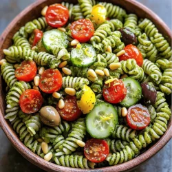 - 340 g Fusilli-Nudeln - 1 Tasse frische Basilikumblätter - 1/2 Tasse geröstete Pinienkerne - 1/2 Tasse geriebener Parmesan - 3 Knoblauchzehen - 1/2 Tasse natives Olivenöl extra - 1 Tasse Kirschtomaten, halbiert - 1 Tasse Gurke, gewürfelt - 1/4 Tasse Kalamata-Oliven, entsteint - Salz und Pfeffer nach Geschmack - Schale und Saft von 1 Zitrone Bei der Zubereitung eines Pesto Pasta Salads sind die Zutaten entscheidend. Die Fusilli-Nudeln bringen eine schöne Form und Textur. Die frischen Basilikumblätter geben dem Gericht einen klaren, aromatischen Geschmack. Geröstete Pinienkerne fügen eine nussige Note hinzu. Die weiteren Zutaten, wie der geriebene Parmesan und der Knoblauch, sind wichtig für das Pesto. Sie sorgen für die richtige Tiefe und Reichhaltigkeit. Natives Olivenöl extra ist ein Muss. Es macht das Pesto cremig und vollmundig. Für das Gemüse und die Gewürze wählen wir frische Kirschtomaten und knusprige Gurken. Sie bringen Knackigkeit in den Salat. Kalamata-Oliven verleihen eine salzige Note, die den Geschmack verstärkt. Zitronenschale und -saft bringen Frische und Balance. Wenn du nach dem vollständigen Rezept suchst, kannst du es hier finden: [Full Recipe]. Zuerst bereiten Sie einen großen Topf mit Wasser vor. Fügen Sie viel Salz hinzu, um den Geschmack der Nudeln zu verbessern. Bringen Sie das Wasser zum Kochen. Geben Sie dann 340 g Fusilli-Nudeln in das kochende Wasser. Kochen Sie sie al dente, das heißt, sie sollten weich, aber noch bissfest sein. Nach dem Kochen gießen Sie die Nudeln ab. Spülen Sie sie mit kaltem Wasser ab, um den Garprozess zu stoppen. Für das Pesto verwenden Sie eine Küchenmaschine. Geben Sie die frischen Basilikumblätter, gerösteten Pinienkerne, geriebenen Parmesan und die Knoblauchzehen in die Maschine. Pulsieren Sie die Mischung, bis alles fein gehackt ist. Während die Maschine läuft, fügen Sie langsam 1/2 Tasse natives Olivenöl extra hinzu. Dies macht das Pesto schön cremig. Schmecken Sie es mit Salz und Pfeffer ab. Falls das Pesto zu dick ist, können Sie mehr Olivenöl hinzufügen, um die Konsistenz zu verbessern. In einer großen Rührschüssel kombinieren Sie die abgekühlten Nudeln mit dem Pesto. Fügen Sie dann 1 Tasse halbierte Kirschtomaten, 1 Tasse gewürfelte Gurke und 1/4 Tasse Kalamata-Oliven hinzu. Mischen Sie alles vorsichtig, bis die Nudeln gleichmäßig mit dem Pesto überzogen sind. Um das Gericht zu verfeinern, geben Sie die Schale und den Saft von 1 Zitrone dazu. Dies bringt einen frischen Geschmack, der das Gericht hebt. Mischen Sie alles gut durch. Lassen Sie den Salat dann für mindestens 30 Minuten im Kühlschrank ruhen, damit die Aromen sich verbinden. Für das vollständige Rezept schauen Sie bitte hier: [Full Recipe]. Um die beste Konsistenz für dein Pesto zu erreichen, kannst du Olivenöl anpassen. Wenn dein Pesto zu dick ist, füge langsam mehr Olivenöl hinzu. Das sorgt für eine cremige Textur. Du kannst auch leichtere oder intensivere Zutaten verwenden. Zum Beispiel sind frische Kräuter wie Petersilie oder Rucola tolle Alternativen. Sie geben deinem Pesto einen neuen Geschmack. Bereite den Salat einen Tag vorher vor. So können sich die Aromen besser entfalten. Das macht den Geschmack noch intensiver. Pesto Pasta Salad ist ideal für Partys und Zusammenkünfte. Du kannst ihn im Kühlschrank lagern und dann einfach servieren. Das spart Zeit und sorgt für weniger Stress. Präsentiere den Salat ansprechend. Verwende frische Basilikumblätter und ganze Kirschtomaten zur Garnierung. Das sieht nicht nur schön aus, sondern macht den Salat auch frischer. Zu diesem Gericht passen tolle Beilagen. Zum Beispiel ein leichter grüner Salat oder frisch gebackenes Brot. Auch ein spritziger Weißwein kann gut dazu harmonieren. {{image_4}} Wenn Sie eine vegetarische oder vegane Variante des Pesto Pasta Salads wünschen, können Sie den Käse leicht ersetzen. Anstelle von Parmesan nutzen Sie Hefeflocken. Diese geben einen tollen, käsigen Geschmack ohne tierische Produkte. Für zusätzliche pflanzliche Proteine fügen Sie Kichererbsen oder Linsen hinzu. Diese Zutaten machen den Salat nahrhafter und sättigender. Um Ihren Pesto Pasta Salad noch bunter und gesünder zu machen, können Sie saisonales Gemüse hinzufügen. Paprika oder Zucchini sind perfekte Ergänzungen. Sie bringen Farbe und einen frischen Geschmack. Auch andere Nüsse oder Samen wie Mandeln oder Sonnenblumenkerne passen gut hinein. Diese Zutaten geben dem Salat einen knackigen Biss und mehr Textur. Das Pesto selbst kann auch variieren. Probieren Sie verschiedene Kräuter wie Petersilie oder Rucola. Diese Kräuter verleihen dem Pesto einen neuen Geschmack. Auch die Nüsse können variieren. Walnüsse oder Mandeln sind großartige Alternativen zu Pinienkernen. Diese Variationen bringen Abwechslung und neue Aromen in Ihr Gericht. Legen Sie den Pesto Pasta Salad in einen luftdichten Behälter. So bleibt der Salat frisch. Sie können ihn bis zu drei Tage im Kühlschrank aufbewahren. Achten Sie darauf, den Salat vor dem Schließen gut durchzumischen. So bleiben die Aromen lebendig und frisch. Einfrieren ist eine großartige Option für Reste. Teilen Sie den Salat in Portionen auf. Verwenden Sie gefrierfeste Beutel oder Behälter. Achten Sie darauf, die Luft herauszudrücken. So vermeiden Sie Gefrierbrand. Der Salat kann bis zu zwei Monate eingefroren werden. Zum Auftauen legen Sie ihn einfach in den Kühlschrank. Lassen Sie ihn über Nacht auftauen. Mischen Sie ihn vor dem Servieren gut durch. Vor dem Servieren empfehle ich, den Salat kurz auf Zimmertemperatur kommen zu lassen. Das bringt die Aromen wieder zur Geltung. Mischen Sie den Salat erneut, um alle Zutaten gleichmäßig zu verteilen. Wenn nötig, fügen Sie einen Spritzer frisches Olivenöl oder Zitronensaft hinzu. Dies gibt dem Salat zusätzlichen Geschmack. Achten Sie darauf, dass der Salat frisch schmeckt und die Farben lebendig bleiben. Reste vom Pesto Pasta Salad halten sich gut im Kühlschrank. Sie bleiben frisch für etwa 3 bis 5 Tage. Achte darauf, den Salat in einem luftdichten Behälter zu lagern. So bleibt der Geschmack stark und die Zutaten bleiben knackig. Wenn du ihn länger aufbewahren möchtest, friere ihn ein. So kannst du ihn bis zu einem Monat genießen! Ja, du kannst verschiedene Nudelsorten nutzen. Penne, farbige Fusilli oder sogar Spaghetti sind tolle Optionen. Achte darauf, dass die Nudeln al dente sind, damit sie nicht matschig werden. Auch glutenfreie Nudeln sind möglich. Probiere einfach, was dir schmeckt! Definitiv! Pesto Pasta Salad ist ein Hit auf Partys. Er sieht bunt aus und schmeckt frisch. Du kannst ihn gut vorbereiten und kalt servieren. Für mehr Abwechslung kannst du zusätzliche Beilagen anbieten, wie frisches Brot oder einen grünen Salat. Deine Gäste werden begeistert sein! Ja, das Rezept ist flexibel. Wenn du mehr brauchst, verdopple einfach die Zutaten. Die Kochzeit für die Nudeln bleibt gleich. Wenn du weniger machen möchtest, halbiere die Mengen. Die Zubereitung bleibt einfach, egal wie viel du machst! Zu Pesto Pasta Salad passen viele Beilagen. Ein frischer grüner Salat oder gegrilltes Gemüse sind tolle Optionen. Auch Baguette mit Knoblauchbutter ist lecker. Du kannst auch einen leichten Dessertsalat servieren, um das Essen abzurunden. Für das vollständige Rezept, schau hier: [Pasta Salat Delight mit Pesto](#). Dort findest du alle Details, um diesen leckeren Salat zuzubereiten. Dieser Pesto Pasta Salad ist einfach zuzubereiten und eine wahre Freude. Mit Fusilli-Nudeln, frischem Basilikum und würzigen Zutaten bringen Sie Farbe und Geschmack auf den Tisch. Nutzen Sie die Tipps, um das Pesto perfekt zu machen und variieren Sie mit Ihrem Lieblingsgemüse. Lagern Sie Reste richtig, um die Aromen zu erhalten. Dieser Salat ist ideal für Partys oder ein schnelles Mittagessen. Kochen Sie ihn und genießen Sie jeden Bissen!