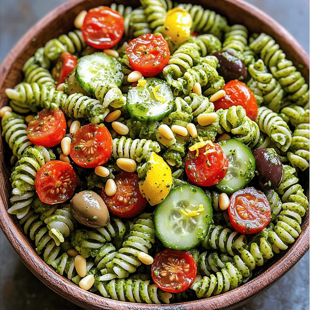 - 340 g Fusilli-Nudeln - 1 Tasse frische Basilikumblätter - 1/2 Tasse geröstete Pinienkerne - 1/2 Tasse geriebener Parmesan - 3 Knoblauchzehen - 1/2 Tasse natives Olivenöl extra - 1 Tasse Kirschtomaten, halbiert - 1 Tasse Gurke, gewürfelt - 1/4 Tasse Kalamata-Oliven, entsteint - Salz und Pfeffer nach Geschmack - Schale und Saft von 1 Zitrone Bei der Zubereitung eines Pesto Pasta Salads sind die Zutaten entscheidend. Die Fusilli-Nudeln bringen eine schöne Form und Textur. Die frischen Basilikumblätter geben dem Gericht einen klaren, aromatischen Geschmack. Geröstete Pinienkerne fügen eine nussige Note hinzu. Die weiteren Zutaten, wie der geriebene Parmesan und der Knoblauch, sind wichtig für das Pesto. Sie sorgen für die richtige Tiefe und Reichhaltigkeit. Natives Olivenöl extra ist ein Muss. Es macht das Pesto cremig und vollmundig. Für das Gemüse und die Gewürze wählen wir frische Kirschtomaten und knusprige Gurken. Sie bringen Knackigkeit in den Salat. Kalamata-Oliven verleihen eine salzige Note, die den Geschmack verstärkt. Zitronenschale und -saft bringen Frische und Balance. Wenn du nach dem vollständigen Rezept suchst, kannst du es hier finden: [Full Recipe]. Zuerst bereiten Sie einen großen Topf mit Wasser vor. Fügen Sie viel Salz hinzu, um den Geschmack der Nudeln zu verbessern. Bringen Sie das Wasser zum Kochen. Geben Sie dann 340 g Fusilli-Nudeln in das kochende Wasser. Kochen Sie sie al dente, das heißt, sie sollten weich, aber noch bissfest sein. Nach dem Kochen gießen Sie die Nudeln ab. Spülen Sie sie mit kaltem Wasser ab, um den Garprozess zu stoppen. Für das Pesto verwenden Sie eine Küchenmaschine. Geben Sie die frischen Basilikumblätter, gerösteten Pinienkerne, geriebenen Parmesan und die Knoblauchzehen in die Maschine. Pulsieren Sie die Mischung, bis alles fein gehackt ist. Während die Maschine läuft, fügen Sie langsam 1/2 Tasse natives Olivenöl extra hinzu. Dies macht das Pesto schön cremig. Schmecken Sie es mit Salz und Pfeffer ab. Falls das Pesto zu dick ist, können Sie mehr Olivenöl hinzufügen, um die Konsistenz zu verbessern. In einer großen Rührschüssel kombinieren Sie die abgekühlten Nudeln mit dem Pesto. Fügen Sie dann 1 Tasse halbierte Kirschtomaten, 1 Tasse gewürfelte Gurke und 1/4 Tasse Kalamata-Oliven hinzu. Mischen Sie alles vorsichtig, bis die Nudeln gleichmäßig mit dem Pesto überzogen sind. Um das Gericht zu verfeinern, geben Sie die Schale und den Saft von 1 Zitrone dazu. Dies bringt einen frischen Geschmack, der das Gericht hebt. Mischen Sie alles gut durch. Lassen Sie den Salat dann für mindestens 30 Minuten im Kühlschrank ruhen, damit die Aromen sich verbinden. Für das vollständige Rezept schauen Sie bitte hier: [Full Recipe]. Um die beste Konsistenz für dein Pesto zu erreichen, kannst du Olivenöl anpassen. Wenn dein Pesto zu dick ist, füge langsam mehr Olivenöl hinzu. Das sorgt für eine cremige Textur. Du kannst auch leichtere oder intensivere Zutaten verwenden. Zum Beispiel sind frische Kräuter wie Petersilie oder Rucola tolle Alternativen. Sie geben deinem Pesto einen neuen Geschmack. Bereite den Salat einen Tag vorher vor. So können sich die Aromen besser entfalten. Das macht den Geschmack noch intensiver. Pesto Pasta Salad ist ideal für Partys und Zusammenkünfte. Du kannst ihn im Kühlschrank lagern und dann einfach servieren. Das spart Zeit und sorgt für weniger Stress. Präsentiere den Salat ansprechend. Verwende frische Basilikumblätter und ganze Kirschtomaten zur Garnierung. Das sieht nicht nur schön aus, sondern macht den Salat auch frischer. Zu diesem Gericht passen tolle Beilagen. Zum Beispiel ein leichter grüner Salat oder frisch gebackenes Brot. Auch ein spritziger Weißwein kann gut dazu harmonieren. {{image_4}} Wenn Sie eine vegetarische oder vegane Variante des Pesto Pasta Salads wünschen, können Sie den Käse leicht ersetzen. Anstelle von Parmesan nutzen Sie Hefeflocken. Diese geben einen tollen, käsigen Geschmack ohne tierische Produkte. Für zusätzliche pflanzliche Proteine fügen Sie Kichererbsen oder Linsen hinzu. Diese Zutaten machen den Salat nahrhafter und sättigender. Um Ihren Pesto Pasta Salad noch bunter und gesünder zu machen, können Sie saisonales Gemüse hinzufügen. Paprika oder Zucchini sind perfekte Ergänzungen. Sie bringen Farbe und einen frischen Geschmack. Auch andere Nüsse oder Samen wie Mandeln oder Sonnenblumenkerne passen gut hinein. Diese Zutaten geben dem Salat einen knackigen Biss und mehr Textur. Das Pesto selbst kann auch variieren. Probieren Sie verschiedene Kräuter wie Petersilie oder Rucola. Diese Kräuter verleihen dem Pesto einen neuen Geschmack. Auch die Nüsse können variieren. Walnüsse oder Mandeln sind großartige Alternativen zu Pinienkernen. Diese Variationen bringen Abwechslung und neue Aromen in Ihr Gericht. Legen Sie den Pesto Pasta Salad in einen luftdichten Behälter. So bleibt der Salat frisch. Sie können ihn bis zu drei Tage im Kühlschrank aufbewahren. Achten Sie darauf, den Salat vor dem Schließen gut durchzumischen. So bleiben die Aromen lebendig und frisch. Einfrieren ist eine großartige Option für Reste. Teilen Sie den Salat in Portionen auf. Verwenden Sie gefrierfeste Beutel oder Behälter. Achten Sie darauf, die Luft herauszudrücken. So vermeiden Sie Gefrierbrand. Der Salat kann bis zu zwei Monate eingefroren werden. Zum Auftauen legen Sie ihn einfach in den Kühlschrank. Lassen Sie ihn über Nacht auftauen. Mischen Sie ihn vor dem Servieren gut durch. Vor dem Servieren empfehle ich, den Salat kurz auf Zimmertemperatur kommen zu lassen. Das bringt die Aromen wieder zur Geltung. Mischen Sie den Salat erneut, um alle Zutaten gleichmäßig zu verteilen. Wenn nötig, fügen Sie einen Spritzer frisches Olivenöl oder Zitronensaft hinzu. Dies gibt dem Salat zusätzlichen Geschmack. Achten Sie darauf, dass der Salat frisch schmeckt und die Farben lebendig bleiben. Reste vom Pesto Pasta Salad halten sich gut im Kühlschrank. Sie bleiben frisch für etwa 3 bis 5 Tage. Achte darauf, den Salat in einem luftdichten Behälter zu lagern. So bleibt der Geschmack stark und die Zutaten bleiben knackig. Wenn du ihn länger aufbewahren möchtest, friere ihn ein. So kannst du ihn bis zu einem Monat genießen! Ja, du kannst verschiedene Nudelsorten nutzen. Penne, farbige Fusilli oder sogar Spaghetti sind tolle Optionen. Achte darauf, dass die Nudeln al dente sind, damit sie nicht matschig werden. Auch glutenfreie Nudeln sind möglich. Probiere einfach, was dir schmeckt! Definitiv! Pesto Pasta Salad ist ein Hit auf Partys. Er sieht bunt aus und schmeckt frisch. Du kannst ihn gut vorbereiten und kalt servieren. Für mehr Abwechslung kannst du zusätzliche Beilagen anbieten, wie frisches Brot oder einen grünen Salat. Deine Gäste werden begeistert sein! Ja, das Rezept ist flexibel. Wenn du mehr brauchst, verdopple einfach die Zutaten. Die Kochzeit für die Nudeln bleibt gleich. Wenn du weniger machen möchtest, halbiere die Mengen. Die Zubereitung bleibt einfach, egal wie viel du machst! Zu Pesto Pasta Salad passen viele Beilagen. Ein frischer grüner Salat oder gegrilltes Gemüse sind tolle Optionen. Auch Baguette mit Knoblauchbutter ist lecker. Du kannst auch einen leichten Dessertsalat servieren, um das Essen abzurunden. Für das vollständige Rezept, schau hier: [Pasta Salat Delight mit Pesto](#). Dort findest du alle Details, um diesen leckeren Salat zuzubereiten. Dieser Pesto Pasta Salad ist einfach zuzubereiten und eine wahre Freude. Mit Fusilli-Nudeln, frischem Basilikum und würzigen Zutaten bringen Sie Farbe und Geschmack auf den Tisch. Nutzen Sie die Tipps, um das Pesto perfekt zu machen und variieren Sie mit Ihrem Lieblingsgemüse. Lagern Sie Reste richtig, um die Aromen zu erhalten. Dieser Salat ist ideal für Partys oder ein schnelles Mittagessen. Kochen Sie ihn und genießen Sie jeden Bissen!
