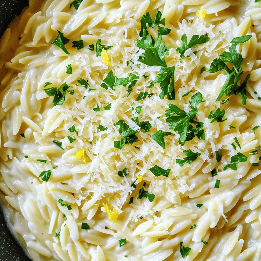 Für cremigen Knoblauch Parmesan Orzo brauchst du folgende Zutaten: - 1 Tasse Orzo-Pasta - 3 Tassen Gemüsebrühe - 2 Esslöffel Butter - 4 Knoblauchzehen, fein gehackt - 1 Tasse Schlagsahne - 1 Tasse frisch geriebener Parmesan-Käse - 1/2 Teelöffel schwarzer Pfeffer - 1/4 Teelöffel Salz (nach Geschmack) - 1/4 Tasse frische Petersilie, gehackt (zum Garnieren) - Zest einer Zitrone (für Frische) Diese Zutaten sorgen für einen tollen Geschmack und eine cremige Textur. Wenn du spezielle diätetische Anforderungen hast, gibt es Alternativen: - Verwende glutenfreie Orzo-Pasta, um das Gericht glutenfrei zu machen. - Statt Butter kannst du Olivenöl nutzen, um es vegan zu halten. - Ersetze Schlagsahne durch Kokoscreme für eine pflanzliche Option. - Nutze Hefeflocken anstelle von Parmesan für einen Käsegeschmack ohne Milchprodukte. Diese Alternativen helfen dir, das Rezept anzupassen, ohne den Geschmack zu verlieren. Wähle frische und hochwertige Zutaten für das beste Ergebnis: - Achte auf frischen Knoblauch. Er bringt den besten Geschmack. - Nutze frisch geriebenen Parmesan. Der Geschmack ist viel besser als aus der Packung. - Finde eine gute Gemüsebrühe. Eine hausgemachte Brühe hat oft mehr Geschmack. - Wähle frische Kräuter. Petersilie sollte hellgrün und knackig sein. Mit diesen Tipps wird dein cremiger Knoblauch Parmesan Orzo noch köstlicher. Wenn du die genauen Schritte zur Zubereitung suchst, schau dir das Full Recipe an! Um die Orzo-Pasta zuzubereiten, beginne damit, die Gemüsebrühe in einem mittelgroßen Topf zum Kochen zu bringen. Gib dann die Orzo-Pasta hinzu. Koche die Pasta nach der Packungsanleitung. Das dauert etwa 8-10 Minuten, bis die Pasta al dente ist. Nach dem Kochen, lass die Orzo abtropfen. Achte darauf, etwa 1/2 Tasse von der Brühe aufzuheben. Jetzt bereiten wir die cremige Sauce vor. Schmelze die Butter in demselben Topf bei mittlerer Hitze. Füge die fein gehackten Knoblauchzehen hinzu und dünste sie für 1-2 Minuten. Der Knoblauch sollte duften, aber nicht anbrennen. Reduziere die Hitze und gieße die Schlagsahne dazu. Rühre gut um. Füge nach und nach die reservierte Brühe hinzu, bis du die gewünschte Cremigkeit erreichst. Gib dann den geriebenen Parmesan, den schwarzen Pfeffer und das Salz dazu. Rühre weiter, bis der Käse schmilzt und die Sauce schön cremig wird. Jetzt kommt der letzte Schritt. Füge die gekochte Orzo zur cremigen Sauce hinzu. Mische alles sanft, damit sich die Zutaten gut verbinden. Wenn die Mischung zu dick ist, gib etwas mehr Brühe oder Sahne hinzu. Zum Schluss füge die Zitronenzesten hinzu und vermenge alles gut. Sofort servieren und mit frischer Petersilie garnieren. Dieses Gericht ist ein echter Genuss! Du findest das vollständige Rezept in der Sammlung. Um die perfekte Sauce zu erzielen, achte auf die Sahne. Verwende frische Schlagsahne. Sie gibt der Sauce die beste Konsistenz. Wenn die Sauce zu dick wird, füge mehr Brühe hinzu. Rühre langsam, damit alles gut vermischt wird. Die Zitrone bringt Frische. Gib sie zuletzt hinzu, um den Geschmack zu erhalten. Ein häufiger Fehler ist das Überkochen des Knoblauchs. Achte darauf, dass er nur leicht bräunt. So bleibt sein Geschmack mild und lecker. Ein weiterer Fehler ist, die Orzo-Pasta zu lange zu kochen. Sie sollte al dente sein. Das macht die Textur besser. Wenn die Sauce klumpig wird, rühre mehr. Nutze die reservierte Brühe, um alles geschmeidig zu halten. Koche die Orzo in Gemüsebrühe. So nimmt sie zusätzlichen Geschmack auf. Achte darauf, die Brühe vor dem Kochen zum Kochen zu bringen. Das hilft, die Pasta gleichmäßig zu garen. Verwende einen großen Topf, damit die Orzo genug Platz hat. Nach dem Kochen, lasse sie gut abtropfen. Behalte etwas Brühe für die Sauce. So bleibt das Gericht schön cremig. Für das vollständige Rezept, siehe [Full Recipe]. {{image_4}} Um Cremiger Knoblauch Parmesan Orzo noch interessanter zu machen, kannst du einige Zutaten hinzufügen. Hier sind einige Ideen: - Spinat: Frischer Spinat gibt Farbe und Nährstoffe. Füge ihn einfach während der letzten Minuten des Kochens hinzu. - Pilze: Gebratene Champignons bringen einen herzhaften Geschmack. Brate sie in der Butter an, bevor du den Knoblauch hinzufügst. - Tomaten: Kirschtomaten bringen Frische. Halbiere sie und füge sie kurz vor dem Servieren hinzu. Wenn du eine vegetarische oder vegane Version machen willst, ist das einfach. Ersetze die Schlagsahne durch eine pflanzliche Alternative, wie Kokoscreme oder Sojasahne. Verwende dann einen veganen Käse, um den gleichen tollen Geschmack zu erreichen. Du kannst auch die Butter durch Olivenöl ersetzen. Beilagen können dein Gericht aufpeppen. Hier sind einige empfehlenswerte Optionen: - Gegrilltes Gemüse: Zucchini und Paprika sind lecker und passen gut dazu. - Salat: Ein frischer grüner Salat mit Zitronendressing bringt eine schöne Balance. - Brot: Knuspriges Baguette oder Focaccia eignet sich perfekt, um die cremige Sauce aufzutunken. Für die vollständige Zubereitung schaue dir das [Full Recipe] an. Ich empfehle, Reste von cremigem Knoblauch Parmesan Orzo in einem luftdichten Behälter aufzubewahren. Lass die Mischung zuerst auf Raumtemperatur abkühlen. So bleibt der Geschmack frisch. Achte darauf, die Reste innerhalb von drei Tagen zu essen. Wenn du mehr Zeit brauchst, kannst du die Orzo auch einfrieren. Um die Orzo wieder aufzuwärmen, benutze einen Topf oder die Mikrowelle. Wenn du die Mikrowelle nutzt, stelle die Leistung auf niedrig. Füge einen Schuss Brühe oder Sahne hinzu, damit die Mischung nicht zu trocken wird. Rühre gut um, bis alles heiß ist. So bleibt die Cremigkeit erhalten. Im Kühlschrank hält sich der cremige Knoblauch Parmesan Orzo bis zu drei Tage. Wenn du ihn einfrierst, kann er bis zu drei Monate lang frisch bleiben. Achte darauf, die Orzo in einem gefrierfesten Behälter zu lagern. So vermeidest du Gefrierbrand und erhältst den besten Geschmack. Ja, du kannst diesen cremigen Knoblauch-Parmesan-Orzo im Voraus zubereiten. Koche die Orzo und mache die Sauce wie im [Full Recipe] beschrieben. Stelle die fertige Mischung dann in den Kühlschrank. Du kannst sie bis zu drei Tage aufbewahren. Wenn du bereit bist zu essen, erwärmst du den Orzo in einem Topf. Füge vielleicht etwas Brühe oder Sahne hinzu, damit er cremig bleibt. Cremiger Knoblauch-Parmesan-Orzo passt gut zu vielen Beilagen. Hier sind einige tolle Optionen: - Gegrilltes Gemüse wie Zucchini oder Paprika - Ein frischer grüner Salat mit Vinaigrette - Hähnchenbrust oder -schnitzel, knusprig gebraten - Garnelen, die in Knoblauchbutter gebraten werden Diese Beilagen ergänzen den Geschmack des Orzo und sorgen für ein rundes Mahl. Orzo ist normalerweise nicht glutenfrei, da es aus Weizen gemacht wird. Wenn du eine glutenfreie Option suchst, probiere diese Alternativen: - Reis- oder Quinoa-Pasta - Linsenpasta für mehr Protein - Zucchini-Nudeln für eine leichte Option Mit diesen Alternativen kannst du den gleichen leckeren Geschmack genießen, ohne Gluten. In diesem Blogbeitrag haben wir die besten Zutaten für cremiges Knoblauch-Parmesan-Orzo besprochen. Wir haben auch Schritt für Schritt erklärt, wie man die Pasta und die Sauce zubereitet. Dazu gab es nützliche Tipps, Varianten für unterschiedliche Diäten und Hinweise zum Lagern. Denke an die Tipps, um die perfekte Konsistenz zu erreichen. Experimentiere mit den Varianten, um dein Gericht zu verbessern. So wird dein Orzo immer ein Hit!