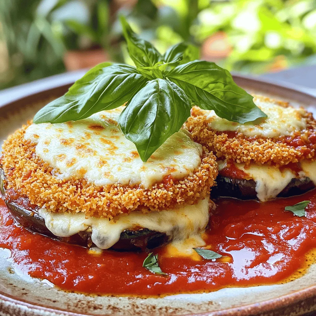 - 2 mittelgroße Auberginen - 1 Tasse Allzweckmehl - 2 große Eier - 1 Tasse Semmelbrösel - 1 Teelöffel Knoblauchpulver - 1 Teelöffel italienische Gewürzmischung - 3 Tassen Marinara-Sauce - 2 Tassen Mozzarella-Käse - 1/2 Tasse geriebenen Parmesan-Käse - Frische Basilikumblätter Ich liebe es, mit Auberginen zu arbeiten. Sie sind vielseitig und lecker. Die Hauptzutaten sind einfach zu finden. Die Auberginen geben dem Gericht Textur und Geschmack. Für eine perfekte Panade verwende ich Allzweckmehl, Eier und Semmelbrösel. Das gibt den Auberginen eine knusprige Schicht. Du kannst auch Panko verwenden, um mehr Knusprigkeit zu erreichen. Die Gewürze bringen einen tollen Geschmack. Knoblauchpulver und italienische Gewürzmischung sind meine Favoriten. Sie machen das Gericht würzig und aromatisch. Die Marinara-Sauce ist wichtig. Sie sorgt für Feuchtigkeit und Geschmack. Du kannst sie kaufen oder selbst machen. Für den Käse nehme ich Mozzarella und Parmesan. Mozzarella schmilzt gut und macht es cremig. Parmesan gibt einen tollen, salzigen Geschmack. Frische Basilikumblätter sind das i-Tüpfelchen. Sie bringen Farbe und Aroma. Das Rezept ist einfach und macht Spaß. Du wirst es lieben, es zu kochen! Für die komplette Anleitung schau dir das [Full Recipe] an. Zuerst schneide ich die Auberginen in 1/4-Zoll dicke Runden. Das sorgt für gleichmäßiges Garen. Um die Feuchtigkeit zu entziehen, streue ich etwas Salz über die Runden. Das Salz hilft, überschüssiges Wasser zu entfernen. Nach etwa 30 Minuten spüle ich die Auberginen gut ab. Dann tupfe ich sie mit einem Küchentuch trocken. Jetzt ist es Zeit für die Panierstation. Ich nehme drei Schüsseln. In die erste gebe ich 1 Tasse Allzweckmehl. In die zweite schlage ich 2 große Eier und verquirle sie gut. In die dritte Schüssel vermische ich 1 Tasse Semmelbrösel, 1 Teelöffel Knoblauchpulver, 1 Teelöffel italienische Gewürzmischung, 1/2 Teelöffel Salz und 1/4 Teelöffel schwarzen Pfeffer. Diese Mischung gibt der Panade den besonderen Geschmack. Jetzt panieren wir die Auberginen. Zuerst tauche ich jede Scheibe in das Mehl. Dann kommt die Aubergine in die verquirlten Eier. Schließlich rolle ich sie in die Semmelbrösel-Mischung. Ich drücke die Brösel leicht an, damit sie gut haften. Nun lege ich die panierten Auberginen auf zwei Backbleche. Es ist wichtig, dass sie in einer einzigen Schicht liegen. Ich sprühe sie leicht mit Kochspray oder träufle etwas Olivenöl darüber. Jetzt kommt der aufregendste Teil: das Backen! Ich backe die Auberginen für 25 bis 30 Minuten. Nach der Hälfte der Zeit wende ich sie, bis sie goldbraun und knusprig sind. Willst du das volle Rezept für die Zubereitung? Schau dir das [Full Recipe] an! - Verwendung von Panko-Semmelbröseln: Panko-Semmelbrösel sind großartig für die Textur. Sie machen das Gericht knuspriger als normale Semmelbrösel. Wenn du Panko verwendest, wird die Aubergine schön kross und bleibt knusprig, während sie im Ofen backt. - Richtiges Backen und Wenden der Auberginen: Backe die Auberginen bei 200 °C. Nach der Hälfte der Backzeit wende sie vorsichtig. So bekommst du eine gleichmäßige Bräunung. Achte darauf, die Auberginen in einer einzigen Schicht zu backen. Das sorgt dafür, dass sie nicht dämpfen und schön knusprig bleiben. - Begleitung mit Beilagen wie Knoblauchbrot oder Salat: Knoblauchbrot passt perfekt dazu. Ein frischer Salat bringt Farbe und Frische auf den Tisch. Beides ergänzt das Auberginen-Parmesan wunderbar. Du kannst auch einen grünen Salat mit leichtem Dressing wählen. - Präsentationstipps für die Anrichtung: Serviere das Gericht in einzelnen Portionen. Lege ein Basilikumblatt oben drauf. Träufle etwas Marinara-Sauce um den Rand des Tellers. So sieht es besonders schön aus. - Kalorien, Fette und Nährstoffe pro Portion: Eine Portion hat etwa 350 Kalorien. Sie enthält rund 20 g Fett und 15 g Eiweiß. Du bekommst auch wichtige Nährstoffe wie Ballaststoffe und Vitamine. Auberginen sind gesund und tragen zur Ernährung bei. Mit diesen Tipps wird dein Knuspriges Auberginen-Parmesan noch besser. Für das vollständige Rezept, schau dir die Full Recipe an! {{image_4}} Wenn du Gluten vermeiden möchtest, gibt es einfache Lösungen. Verwende glutenfreies Mehl und glutenfreie Semmelbrösel. So bleibt das Gericht knusprig und lecker. Für eine vegane Version kannst du die Eier durch pflanzliche Alternativen ersetzen. Zum Beispiel eignet sich ein Mix aus Leinsamen und Wasser gut. Nutze auch veganen Käse, um den cremigen Geschmack zu behalten. Du kannst die Auberginen durch andere Gemüsesorten ersetzen. Zucchini passt gut in dieses Gericht. Du kannst die Zucchini in Scheiben schneiden und genauso zubereiten. Auch Pilze sind eine tolle Ergänzung. Sie bringen einen herzhaften Geschmack und eine andere Textur. Eine Mischung aus Auberginen und anderen Gemüsesorten macht das Gericht bunt und interessant. Die Marinara-Sauce ist klassisch, aber du kannst auch kreativ werden. Eine hausgemachte Marinara ist einfach zu machen und schmeckt frisch. Kombiniere Tomaten mit Zwiebeln, Knoblauch und Kräutern. Wenn du etwas anderes möchtest, probiere Alfredo-Sauce. Sie ist cremig und reichhaltig. Pesto ist auch eine großartige Option. Es bringt frische Kräuter und Nüsse ins Spiel. Für das [Full Recipe] kannst du dich an die untenstehenden Zutaten halten und dich inspirieren lassen, um deine eigene Version zu kreieren. Um die Reste von knusprigem Auberginen-Parmesan aufzubewahren, können Sie sie einfach in den Kühlschrank stellen. In einem luftdichten Behälter bleibt das Gericht bis zu drei Tage frisch. Es ist wichtig, dass Sie die Reste gut abkühlen lassen, bevor Sie sie in den Kühlschrank stellen. So vermeiden Sie Kondenswasser, das die Knusprigkeit beeinträchtigen kann. Wenn Sie das Gericht länger aufbewahren möchten, können Sie es auch einfrieren. Wickeln Sie die Portionen gut in Frischhaltefolie ein und legen Sie sie in einen gefrierfesten Behälter. So bleibt das Auberginen-Parmesan bis zu drei Monate haltbar. Denken Sie daran, das Datum auf dem Behälter zu notieren. Beim Aufwärmen haben Sie zwei Optionen: die Mikrowelle oder den Ofen. Die Mikrowelle ist schnell, kann aber die Knusprigkeit der Auberginen beeinträchtigen. Wenn Sie die Knusprigkeit beibehalten möchten, empfehle ich den Ofen. Heizen Sie den Ofen auf 180 °C (350 °F) vor. Legen Sie das Auberginen-Parmesan auf ein Backblech und decken Sie es mit Aluminiumfolie ab. So bleibt es warm und die Oberseite wird nicht zu braun. Backen Sie es 15 bis 20 Minuten lang. Überprüfen Sie, ob es heiß genug ist, bevor Sie es servieren. Ein weiterer Tipp für die Knusprigkeit: Sprühen Sie etwas Kochspray auf die Oberseite, bevor Sie es aufwärmen. Das hilft, die Textur zu verbessern und das Gericht frisch schmecken zu lassen. Die Zubereitung dauert insgesamt etwa 1 Stunde. Die Vorbereitungszeit ist 30 Minuten. Beim Backen brauchen die Auberginen 25-30 Minuten und die finale Schicht 20-25 Minuten. Es ist wichtig, die Auberginen vorher zu entwässern, damit sie schön knusprig werden. Ja, du kannst Auberginen einfrieren. Schneide sie in Scheiben und blanchiere sie kurz in kochendem Wasser. Lass sie dann abkühlen und lege sie in einen luftdichten Behälter. So bleiben sie bis zu 3 Monate frisch. Achte darauf, die Auberginen gut abzutrocknen, um Eiskristalle zu vermeiden. Ja, das Rezept hat gesunde Zutaten. Auberginen sind kalorienarm und reich an Ballaststoffen. Mozzarella und Parmesan bieten Kalzium und Proteine. Marinara-Sauce enthält Antioxidantien durch die Tomaten. Du bekommst eine gute Portion Gemüse und Nährstoffe. Ja, du kannst das Rezept im Voraus zubereiten. Bereite die Auberginen bis zum Backen vor und lagere sie im Kühlschrank. Du kannst auch das ganze Gericht schichten und abdecken. Backe es einfach, wenn du bereit bist, es zu servieren. So sparst du Zeit. Statt Auberginen kannst du Zucchini oder Pilze verwenden. Zucchini hat eine ähnliche Textur und braucht nicht viel Zeit zum Kochen. Pilze geben einen herzhaften Geschmack. Schneide sie in ähnliche Dicke wie die Auberginen für gleichmäßiges Garen. Crispy Baked Eggplant Parmesan ist einfach und lecker. Die Zutaten sind klar und gesund. Wir haben die Hauptzutaten, die Zubereitung und Variationen durchgenommen. Denke an die Tipps für extra Knusprigkeit. Lagere die Reste richtig für später. Dieses Rezept ist vielseitig und anpassbar. Es passt gut zu verschiedenen Diäten und Gemüsearten. Jetzt bist du bereit, es auszuprobieren. Genieße dein Gericht und teile es mit anderen!
