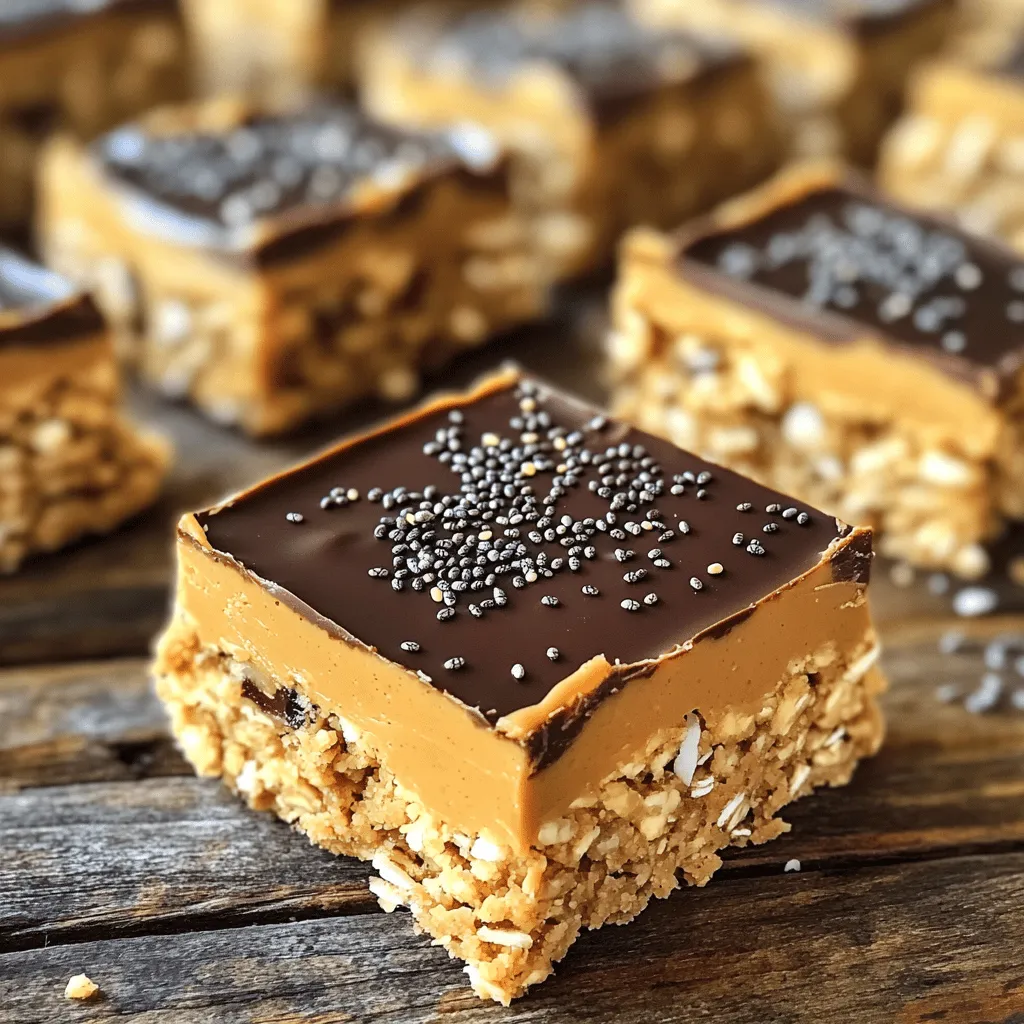 Um die besten No-Bake Peanut Butter Bars zu machen, brauchen wir einige einfache Zutaten. Diese Zutaten sind leicht zu finden und machen das Rezept schnell und einfach. Hier ist die Liste der benötigten Zutaten: - Erdnussbutter - Honig oder Ahornsirup - Haferflocken - Ungesüßte Kokosraspeln - Dunkle Schokoladenstückchen - Leinsamen oder Chiasamen - Vanilleextrakt - Salz Jede Zutat hat ihren eigenen Zweck. Erdnussbutter gibt den Bars ihren tollen Geschmack. Honig oder Ahornsirup sorgt für die Süße. Haferflocken geben eine gute Textur und machen die Bars nahrhaft. Ungesüßte Kokosraspeln fügen ein wenig Crunch hinzu. Dunkle Schokoladenstückchen sind der süße Abschluss. Leinsamen oder Chiasamen bringen gesunde Fette und Ballaststoffe. Vanilleextrakt verstärkt den Geschmack und Salz bringt alles zusammen. Wenn Sie die Zutaten zusammen haben, sind Sie bereit für den nächsten Schritt. Es ist ein einfaches Rezept, das Freude macht. Die Bars sind perfekt für Snacks oder Desserts. Sie können die Riegel auch in einem luftdichten Behälter aufbewahren. So bleiben sie frisch und lecker. Probieren Sie das Rezept aus und genießen Sie den köstlichen Geschmack! [Full Recipe] Um die Erdnussbuttermischung herzustellen, nehme ich zuerst die cremige Erdnussbutter. Ich füge dann den Honig oder Ahornsirup hinzu. Ich rühre die Mischung gut um, bis sie glatt ist. Es ist wichtig, dass sich die Zutaten gut vermengen. Danach gebe ich einen halben Teelöffel Vanilleextrakt dazu. Eine Prise Salz macht den Geschmack noch besser. Ich rühre erneut, bis alles gleichmäßig verteilt ist. Jetzt ist es Zeit, die restlichen Zutaten hinzuzufügen. Ich nehme zwei Tassen Haferflocken und gebe sie in die Schüssel. Dann kommen eine halbe Tasse ungesüßte Kokosraspeln und ein Viertel Tasse Leinsamen dazu. Ich rühre alles gut um. Es ist wichtig, dass jede Zutat gleichmäßig mit der Erdnussbutter bedeckt ist. So bleibt der Riegel stabil und lecker. Ich bereite eine Backform vor, indem ich sie mit Backpapier auslege. Das Papier sollte etwas über den Rand hängen. Somit kann ich die Riegel später leicht herausnehmen. Dann gebe ich die Erdnussbuttermischung in die Form. Ich drücke sie fest und gleichmäßig an. Das sorgt dafür, dass die Riegel nicht bröseln. Zuletzt streue ich die restlichen dunklen Schokoladenstückchen obenauf und drücke sie leicht hinein. Jetzt sind die Riegel fast fertig! Ich stelle sie für mindestens eine Stunde in den Kühlschrank. Nach dem Kühlen schneide ich sie in Quadrate oder Rechtecke. So einfach ist es, die No-Bake Peanut Butter Bars zuzubereiten! Probieren Sie auch das [Full Recipe] für weitere Details. Um die beste Konsistenz für die Riegel zu erreichen, ist es wichtig, die Zutaten gut zu mischen. Achte darauf, dass die Erdnussbutter und der Honig vollständig vermengt sind. Dadurch wird die Mischung gleichmäßig und leicht formbar. Wenn die Masse zu trocken ist, füge etwas mehr Honig oder Erdnussbutter hinzu. Ist sie zu feucht, dann können mehr Haferflocken helfen. Um die Riegel leicht herauszunehmen, lege die Backform mit Backpapier aus. Lass das Papier über den Rand hängen. So kannst du die Riegel nach dem Kühlen einfach anheben. Halte die Riegel beim Schneiden mit einem scharfen Messer fest. Das verhindert, dass sie zerbröseln. Für eine ansprechende Garnierung kannst du die Riegel mit zusätzlichen Schokoladenstückchen oder Kokosraspeln dekorieren. Dieses kleine Extra macht einen großen Unterschied. Probiere auch, die Riegel mit frischen Früchten zu servieren. Bananen oder Erdbeeren passen gut zu den Erdnussbutter-Riegeln. Die Riegel schmecken besonders gut mit einem kalten Glas Milch oder einer Tasse Kaffee. Sie sind der perfekte Snack für jede Tageszeit. Egal, ob du sie zum Frühstück oder zum Nachmittagstee genießt, sie sind immer eine gute Wahl. {{image_4}} Manchmal möchte man etwas Neues probieren. Anstatt Honig kann man auch Agavendicksaft verwenden. Dieser hat einen milden Geschmack. Für die Nussbutter sind viele Optionen möglich. Mandel- oder Cashewbutter sind tolle Alternativen. Sie bringen andere Aromen in die Riegel. Um den Riegeln mehr Textur zu geben, kann man Trockenfrüchte wie Cranberries oder Aprikosen hinzufügen. Diese geben einen fruchtigen Biss. Außerdem kann man Nüsse und Samen wie Mandeln oder Sonnenblumenkerne hineinmischen. Sie sind knackig und gesund. Die Wahl der Schokolade macht viel aus. Milchschokolade ist süß und cremig. Zartbitterschokolade hingegen hat einen intensiveren Geschmack. Wenn Sie es etwas bitterer mögen, sollten Sie die dunkle Schokolade ausprobieren. Beide Varianten können in die Riegel gegeben werden. Bewahre die Riegel im Kühlschrank auf. So bleiben sie frisch und lecker. Du kannst sie in einem luftdichten Behälter aufbewahren. Die Haltbarkeit beträgt bis zu einer Woche. Nach ein paar Tagen schmecken sie immer noch gut. Stelle sicher, dass der Behälter gut verschlossen ist. Wenn du die Riegel länger aufbewahren möchtest, kannst du sie einfrieren. Verpacke die Riegel richtig, um Gefrierbrand zu vermeiden. Du kannst sie in Frischhaltefolie einwickeln und dann in einen Gefrierbeutel legen. So bleiben sie bis zu drei Monate haltbar. Zum Auftauen nimm die Riegel einfach aus dem Gefrierfach. Lass sie bei Raumtemperatur stehen, bis sie weich sind. Dann sind sie bereit zum Servieren. Wenn du magst, kannst du sie auch leicht erwärmen. So schmelzen die Schokoladenstückchen wieder. Die Zubereitung für diese leckeren Riegel dauert nur 15 Minuten. Die Gesamtzeit, inklusive Kühlzeit, beträgt 1 Stunde und 15 Minuten. So schnell hast du einen tollen Snack. Ja, du kannst diese Riegel vegan machen. Verwende einfach Ahornsirup anstelle von Honig. Statt cremiger Erdnussbutter kannst du auch Mandelbutter oder Cashewbutter nutzen. Diese Alternativen sorgen für einen tollen Geschmack. Falls du keine Erdnüsse magst, probiere verschiedene Nussbutter. Mandelbutter oder Sonnenblumenkernbutter sind gute Optionen. Diese Varianten geben den Riegeln eine andere, aber ebenso köstliche Note. Diese Anleitung zeigt dir, wie du leckere Erdnussbutter-Riegel machst. Du hast die Zutaten und die Schritt-für-Schritt-Anleitung gesehen. Zudem gibt es Tipps zur Perfektionierung deiner Riegel und Ideen für Variationen. Probiere sie selbst aus! Du kannst sie an deine Vorlieben anpassen. Denk daran, die Riegel kühl zu lagern, damit sie frisch bleiben. Viel Spaß beim Ausprobieren!