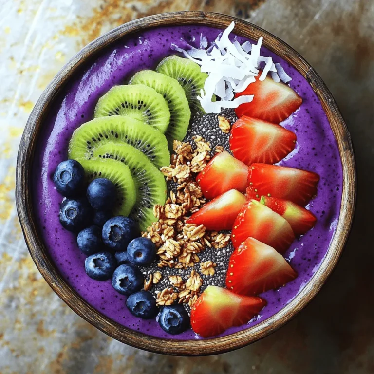 - 2 Päckchen gefrorenes Açaí-Püree - 1 reife Banane - 1 Tasse frische Ananasstücke - 1 Tasse Kokosmilch (oder eine andere pflanzliche Milch) - 1 Esslöffel Honig oder Agavensirup (optional) Die Hauptzutaten sind einfach. Gefrorenes Açaí-Püree bildet die Basis. Es sorgt für einen tollen Geschmack und eine schöne Farbe. Die Banane macht die Mischung cremig und süß. Frische Ananas bringt einen fruchtigen, saftigen Kick. Kokosmilch gibt der Schüssel eine tropische Note. Wenn du es süßer magst, füge Honig oder Agavensirup hinzu. - Geschnittene Kiwi - Kokosflocken - Granola - Chiasamen - Frische Beeren (z. B. Erdbeeren, Heidelbeeren) Die Toppings bringen Farbe und Textur. Kiwi sorgt für einen frischen Geschmack. Kokosflocken geben einen knusprigen Biss. Granola macht die Schüssel herzhaft und nahrhaft. Chiasamen sind super für die Gesundheit. Frische Beeren machen alles noch fruchtiger. Sei kreativ und arrangiere die Toppings schön. So wird deine Açaí-Smoothie-Schüssel zum echten Hingucker! Du kannst die vollständige Zubereitung im [Full Recipe] finden. Zuerst stelle ich alle Zutaten bereit. Das macht das Kochen leichter. Ich nehme: - 2 Päckchen gefrorenes Açaí-Püree - 1 reife Banane - 1 Tasse frische Ananasstücke - 1 Tasse Kokosmilch - 1 Esslöffel Honig oder Agavensirup (optional) - Toppings: geschnittene Kiwi, Kokosflocken, Granola, Chiasamen und frische Beeren Nun bereite ich den Mixer vor. Ich stelle sicher, dass er sauber ist und gut funktioniert. Jetzt mixe ich die Hauptzutaten. Ich gebe das Açaí-Püree, die Banane, die Ananas und die Kokosmilch in den Mixer. Wenn ich es süßer mag, füge ich den Honig oder Agavensirup hinzu. Ich schalte den Mixer ein und lasse die Zutaten bei hoher Geschwindigkeit mixen. Es ist wichtig, die Mischung cremig und glatt zu bekommen. Falls die Konsistenz zu dick ist, füge ich etwas mehr Kokosmilch hinzu. Nachdem das Mixen fertig ist, gieße ich die Mischung in eine Schüssel. Jetzt kommt der kreative Teil! Ich arrangiere die Toppings künstlerisch. Ich achte darauf, ein schönes Muster zu machen. Für die Präsentation nutze ich lebendige Farben. Kiwi, Beeren und Kokosflocken machen alles schön bunt. So sieht die Smoothie-Schüssel toll aus und schmeckt auch so! Du kannst die komplette Anleitung im Full Recipe nachlesen. Um die perfekte Konsistenz zu erreichen, mixe die Zutaten gut. Beginne mit gefrorenem Açaí-Püree, einer Banane und Ananas. Füge dann die Kokosmilch hinzu. Wenn es zu dick ist, gib mehr Kokosmilch dazu. Die Mischung sollte cremig, aber nicht flüssig sein. Verwende frische Zutaten, wenn möglich. Frische Ananas und Bananen geben mehr Geschmack. Sie sorgen auch für eine bessere Textur. Achte darauf, reife Früchte auszuwählen. So wird dein Smoothie noch leckerer. Ein häufiger Fehler ist, zu viel Flüssigkeit hinzuzufügen. Das kann den Smoothie wässrig machen. Mixe zuerst die festen Zutaten und füge Flüssigkeit nach Bedarf hinzu. Ein weiterer Fehler ist, die Toppings zu vergessen. Toppings machen die Schüssel bunt und interesting. Verwende Kiwi, Kokosflocken, und frische Beeren für einen tollen Look. Achte darauf, sie schön anzuordnen. Das Auge isst mit! Wenn du diese Tipps befolgst, wirst du eine tolle Açaí-Smoothie-Schüssel zaubern. Du kannst das Rezept [Full Recipe] nutzen, um alle Details zu sehen. {{image_4}} Du kannst deiner Açaí-Smoothie-Schüssel neue Geschmäcker verleihen. Probiere Mango, Papaya oder einen Beerenmix. Diese Früchte passen gut zu Açaí. Sie bringen Süße und Frische. Mixe sie einfach zusammen mit dem gefrorenen Açaí-Püree. Mango gibt einen tropischen Flair. Papaya sorgt für eine cremige Textur. Ein Beerenmix bringt tolle Farben und Vitamine. Wenn du vegan oder zuckerfrei essen möchtest, gibt es viele Optionen. Verwende einfach pflanzliche Milch, wie Mandel- oder Hafermilch. Anstelle von Honig kannst du Agavensirup oder Dattelsirup nutzen. Diese sind süß und gesund. So bleibt die Açaí-Smoothie-Schüssel lecker und nahrhaft. Achte darauf, frische Früchte zu wählen. Sie sind voller Nährstoffe und Geschmack. Möchtest du mehr Protein in deiner Smoothie-Schüssel? Füge Proteinpulver oder Joghurt hinzu. Erdnussbutter ist auch eine gute Wahl. Es macht die Mischung cremig und gibt dir einen Energiekick. Ein Löffel griechischer Joghurt verleiht eine schöne Textur. Du kannst auch pflanzliches Proteinpulver wählen. So bleibt das Rezept gesund und lecker. Für das gesamte Rezept, schau dir die [Full Recipe] an. Um Açaí-Püree frisch zu halten, lagern Sie es im Gefrierschrank. Verwenden Sie einen luftdichten Behälter. So bleibt der Geschmack und die Farbe erhalten. Achten Sie darauf, das Püree nicht lange bei Raumtemperatur stehen zu lassen. Es verliert schnell seine Qualität, wenn es aufgetaut ist. Wenn Sie Reste haben, frieren Sie diese in Portionen ein. So haben Sie immer frisches Açaí zur Hand. Wenn Sie Reste Ihrer Smoothie-Schüssel haben, lagern Sie diese im Kühlschrank. Verwenden Sie einen luftdichten Behälter. Es ist wichtig, die Schüssel innerhalb von 24 Stunden zu essen. So bleibt der Geschmack frisch. Wenn Sie die Festigkeit der Mischung verbessern wollen, können Sie sie kurz im Mixer auflockern. Vermeiden Sie es, die Toppings zu lagern, da sie schnell weich werden. Bereiten Sie sie frisch vor, wenn Sie die Schüssel servieren. Um eine Açaí-Smoothie-Schüssel zu machen, folgen Sie dieser Schritt-für-Schritt-Anleitung: 1. Geben Sie zwei Päckchen gefrorenes Açaí-Püree in den Mixer. 2. Fügen Sie eine reife Banane und eine Tasse frische Ananasstücke hinzu. 3. Gießen Sie eine Tasse Kokosmilch oder eine andere pflanzliche Milch dazu. 4. Wenn Sie es süßer mögen, fügen Sie einen Esslöffel Honig oder Agavensirup hinzu. 5. Mixen Sie alles bei hoher Geschwindigkeit. Stoppen Sie, wenn die Mischung cremig ist. 6. Sollte es zu dick sein, fügen Sie mehr Kokosmilch hinzu. 7. Gießen Sie die Mischung in eine Schüssel. 8. Arrangieren Sie Ihre Toppings schön auf der Oberfläche. 9. Servieren Sie die Schüssel sofort und genießen Sie! Ja, diese Smoothie-Schüssel ist sehr gesund. Sie enthält viele wichtige Nährstoffe: - Açaí ist reich an Antioxidantien. - Banane liefert Kalium und Ballaststoffe. - Ananas hat viele Vitamine und Enzyme. - Kokosmilch gibt gesunde Fette und einen tollen Geschmack. Diese Zutaten unterstützen das Immunsystem und geben Ihnen Energie. Ja, Sie können die Açaí-Smoothie-Schüssel im Voraus zubereiten. Hier sind einige Tipps: - Bereiten Sie die Zutaten am Abend vorher vor. - Lagern Sie das Açaí-Püree und die Früchte im Kühlschrank. - Mixen Sie die Zutaten am Morgen frisch. - Fügen Sie die Toppings erst kurz vor dem Servieren hinzu, damit sie frisch bleiben. Auf diese Weise bleibt Ihre Schüssel lecker und schön! Die Açaí-Smoothie-Schüssel ist einfach zuzubereiten und sehr gesund. Du benötigst gefrorenes Açaí-Püree, Obst, und Kokosmilch. Toppings wie Kiwi oder Granola machen sie noch besser. Achte darauf, die Zutaten gut vorzubereiten und die Mischung zu einer perfekten Konsistenz zu bringen. Mit Variationen und Tipps zur Aufbewahrung bleibt sie frisch und lecker. Nutze die häufigsten Fehler und verbessere dein Rezept. Damit kannst du leckere und nahrhafte Smoothie-Schüsseln jederzeit genießen.