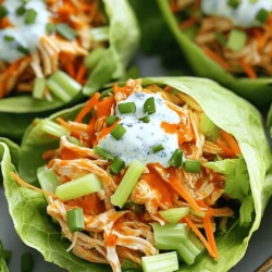 Um köstliche Buffalo Chicken Lettuce Wraps zu machen, brauchen Sie diese Zutaten: - 450 g Hühnerbrustfilets, ohne Knochen und Haut, gekocht und zerkleinert - 120 ml Buffalo Sauce (nach Geschmack anpassen) - 1 Esslöffel Olivenöl - 240 ml Sellerie, fein gehackt - 120 ml Karotten, geraspelt - 120 ml Blauschimmelkäse- oder Ranch-Dressing (optional) - 1 Kopf Römersalat oder Buttersalat, Blätter getrennt - Frische Schnittlauch, gehackt, zur Garnierung - Salz und Pfeffer nach Geschmack Sie können die Zutaten leicht anpassen. Wenn Sie kein Huhn mögen, probieren Sie Pute oder Tofu. Für einen schärferen Kick, fügen Sie mehr Buffalo Sauce hinzu. Möchten Sie mehr Gemüse? Fügen Sie Paprika oder Gurken hinzu. Diese Wraps sind flexibel. Experimentieren Sie mit verschiedenen Dressings. Wählen Sie frische Zutaten aus. Frisches Gemüse sorgt für einen besseren Geschmack. Achten Sie darauf, hochwertiges Hühnerfleisch zu wählen. Bio-Fleisch ist oft besser. Bei der Buffalo Sauce sollten Sie eine Marke verwenden, die Sie mögen. Eine gute Sauce macht einen großen Unterschied. Kaufen Sie frischen Schnittlauch für den besten Geschmack. Achten Sie darauf, dass die Salatblätter knackig und grün sind. Bevor wir mit dem Kochen der Buffalo Chicken Lettuce Wraps beginnen, sollten wir alles bereitstellen. Zuerst waschen Sie das Gemüse gut. Schneiden Sie den Sellerie fein und raspeln Sie die Karotten. Diese Schritte sind wichtig, damit die Wraps knackig und frisch werden. Außerdem sollten Sie die Hühnerbrustfilets gekocht und zerkleinert bereit haben. Dies macht die Zubereitung schneller und einfacher. Vergessen Sie nicht, auch die Buffalo Sauce und das Dressing bereitzustellen. 1. Erhitzen Sie in einem mittelgroßen Kochtopf das Olivenöl bei mittlerer Hitze. 2. Geben Sie das zerkleinerte Hähnchen in die Pfanne und gießen Sie die Buffalo Sauce darüber. 3. Rühren Sie um, bis das Hähnchen gut bedeckt ist. 4. Kochen Sie die Mischung etwa 5-7 Minuten, bis sie heiß ist. Rühren Sie gelegentlich um. 5. In einer separaten Schüssel vermengen Sie den gehackten Sellerie, die geraspelten Karotten, Salz und Pfeffer. Diese Mischung sorgt für einen tollen Crunch. 6. Nehmen Sie ein Salatblatt und fügen Sie die Hähnchenmischung in die Mitte hinzu. 7. Geben Sie die knackige Gemüse-Mischung oben auf das Hähnchen. 8. Optional: Beträufeln Sie die Wraps mit dem Blauschimmelkäse- oder Ranch-Dressing. 9. Falten Sie die Seiten des Salatblattes ein, um einen Wrap zu bilden. Sichern Sie ihn bei Bedarf mit einem Zahnstocher. 10. Garnieren Sie die Wraps mit gehacktem Schnittlauch. Um die Kochzeit zu verkürzen, nutzen Sie vorgekochtes Hähnchen. Das spart viel Zeit. Sie können auch die Gemüse-Mischung vorbereiten, während das Hähnchen kocht. Ein weiterer Tipp ist, die Buffalo Sauce direkt ins Hähnchen zu geben, während Sie es in der Pfanne erhitzen. So wird alles schnell und gleichmäßig heiß. Um deinen Buffalo Chicken Lettuce Wraps mehr Geschmack zu geben, verwende die richtigen Gewürze. Ich mag es, etwas Knoblauchpulver und Zwiebelpulver hinzuzufügen. Diese Gewürze verstärken den Geschmack des Hühners. Ein Spritzer Zitronensaft bringt Frische. Das passt gut zur Schärfe der Buffalo Sauce. Experimentiere auch mit Paprika oder Cayennepfeffer, wenn du es würziger magst. Ein häufiger Fehler ist, das Hähnchen zu lange zu kochen. Das macht das Fleisch trocken. Achte darauf, dass du die Mischung nur erhitzt, bis sie warm ist. Füge die Buffalo Sauce langsam hinzu. So kannst du die Schärfe besser kontrollieren. Auch die Wahl der Salatblätter ist wichtig. Römersalat ist großartig, aber Buttersalat ist zart und lecker. Die Präsentation macht viel aus. Lege die Wraps auf ein großes Tablett. Füge frische Kräuter wie Schnittlauch oben drauf. Das sieht nicht nur gut aus, sondern bringt auch mehr Geschmack. Du kannst auch die Gemüse-Mischung bunt anrichten. Verwende verschiedene Farben von Karotten oder Sellerie. Das macht dein Gericht einladend und frisch. Für das vollständige Rezept, schau dir die [Full Recipe] an. {{image_4}} Wenn du auf Fleisch verzichten möchtest, probiere Tofu oder Seitan. Diese Optionen nehmen die Würze gut auf. Für eine vegane Version verwende eine Pflanzen-Buffalo-Sauce. Du kannst auch Kichererbsen zerdrücken und mit Gewürzen mischen. So erhältst du eine würzige Füllung. Buffalo Chicken Lettuce Wraps sind super anpassbar. Probiere BBQ-Sauce für eine süßere Note. Thai-Chili-Sauce bringt eine scharfe Note. Du kannst auch einfach Joghurt oder Guacamole verwenden. Jede Sauce verleiht den Wraps einen neuen Twist. Füge mehr Gemüse hinzu, um die Wraps bunter zu machen. Paprika oder Gurken sorgen für Crunch. Auch Avocado passt gut zu den Wraps. Du kannst sogar geröstete Nüsse für zusätzlichen Geschmack verwenden. Probier verschiedene Kombinationen aus und finde deine Lieblingsfüllung! Um übrig gebliebene Buffalo Chicken Lettuce Wraps gut zu lagern, wickeln Sie sie in Frischhaltefolie. Legen Sie sie dann in einen luftdichten Behälter. So bleiben sie frisch. Sie können die Wraps auch in einer Schüssel mit Deckel aufbewahren. Stellen Sie sicher, dass die Wraps abgekühlt sind, bevor Sie sie lagern. So vermeiden Sie, dass sie matschig werden. Wenn Sie die Wraps aufwärmen, nehmen Sie die Füllung heraus. Erwärmen Sie die Füllung in der Mikrowelle oder in einer Pfanne. Die Salatblätter sollten frisch bleiben. Wickeln Sie die Füllung in neue Blätter, wenn Sie bereit sind zu essen. So bleibt der Crunch erhalten. Um matschige Wraps zu vermeiden, verwenden Sie frische Salatblätter. Trocknen Sie die Blätter gut, bevor Sie sie füllen. Fügen Sie die Füllung erst kurz vor dem Servieren hinzu. Wenn Sie die Wraps länger lagern, werden sie schnell weich. Halten Sie die Füllung und die Blätter getrennt, bis Sie essen. So genießen Sie die beste Textur. Buffalo Chicken Lettuce Wraps sind im Kühlschrank etwa 3 bis 4 Tage haltbar. Achte darauf, sie in einem luftdichten Behälter zu lagern. So bleiben sie frisch und lecker. Wenn du solltest, dass sie länger halten, friere die Füllung ein. Die Wraps selbst sind am besten frisch. Ja, du kannst die Wraps im Voraus zubereiten. Koche die Hähnchenfüllung und das Gemüse einen Tag vorher. Bewahre alles getrennt im Kühlschrank auf. Am Tag des Servierens kannst du die Wraps schnell zusammenstellen. Das spart Zeit und macht es einfacher. Zu Buffalo Chicken Lettuce Wraps passen viele Beilagen. Hier sind einige Ideen: - Karottensticks - Selleriestangen - Guacamole - Chips und Salsa - Ein frischer grüner Salat Diese Beilagen ergänzen die Wraps gut und bringen noch mehr Geschmack auf den Tisch. Die Zutaten sind der Schlüssel für köstliche Buffalo Chicken Lettuce Wraps. Wir haben eine Liste von Zutaten und Tipps zur Qualität gegeben. Die Schritt-für-Schritt-Anleitung macht das Kochen einfach. Mit den Tipps und Tricks vermeidest du häufige Fehler. Variationen zeigen, dass du kreativ sein kannst, auch als Vegetarier. Denk daran, wie du die Wraps lagern und aufwärmen kannst. Mit diesen Informationen hast du alles, um grandiose Wraps zu machen. Koche, genieße und teile dein Wissen!