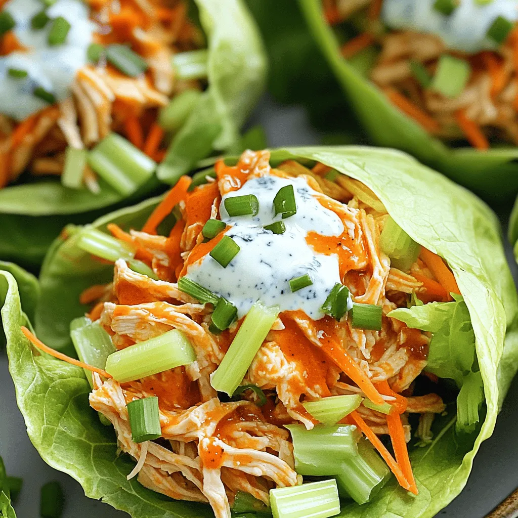 Um köstliche Buffalo Chicken Lettuce Wraps zu machen, brauchen Sie diese Zutaten: - 450 g Hühnerbrustfilets, ohne Knochen und Haut, gekocht und zerkleinert - 120 ml Buffalo Sauce (nach Geschmack anpassen) - 1 Esslöffel Olivenöl - 240 ml Sellerie, fein gehackt - 120 ml Karotten, geraspelt - 120 ml Blauschimmelkäse- oder Ranch-Dressing (optional) - 1 Kopf Römersalat oder Buttersalat, Blätter getrennt - Frische Schnittlauch, gehackt, zur Garnierung - Salz und Pfeffer nach Geschmack Sie können die Zutaten leicht anpassen. Wenn Sie kein Huhn mögen, probieren Sie Pute oder Tofu. Für einen schärferen Kick, fügen Sie mehr Buffalo Sauce hinzu. Möchten Sie mehr Gemüse? Fügen Sie Paprika oder Gurken hinzu. Diese Wraps sind flexibel. Experimentieren Sie mit verschiedenen Dressings. Wählen Sie frische Zutaten aus. Frisches Gemüse sorgt für einen besseren Geschmack. Achten Sie darauf, hochwertiges Hühnerfleisch zu wählen. Bio-Fleisch ist oft besser. Bei der Buffalo Sauce sollten Sie eine Marke verwenden, die Sie mögen. Eine gute Sauce macht einen großen Unterschied. Kaufen Sie frischen Schnittlauch für den besten Geschmack. Achten Sie darauf, dass die Salatblätter knackig und grün sind. Bevor wir mit dem Kochen der Buffalo Chicken Lettuce Wraps beginnen, sollten wir alles bereitstellen. Zuerst waschen Sie das Gemüse gut. Schneiden Sie den Sellerie fein und raspeln Sie die Karotten. Diese Schritte sind wichtig, damit die Wraps knackig und frisch werden. Außerdem sollten Sie die Hühnerbrustfilets gekocht und zerkleinert bereit haben. Dies macht die Zubereitung schneller und einfacher. Vergessen Sie nicht, auch die Buffalo Sauce und das Dressing bereitzustellen. 1. Erhitzen Sie in einem mittelgroßen Kochtopf das Olivenöl bei mittlerer Hitze. 2. Geben Sie das zerkleinerte Hähnchen in die Pfanne und gießen Sie die Buffalo Sauce darüber. 3. Rühren Sie um, bis das Hähnchen gut bedeckt ist. 4. Kochen Sie die Mischung etwa 5-7 Minuten, bis sie heiß ist. Rühren Sie gelegentlich um. 5. In einer separaten Schüssel vermengen Sie den gehackten Sellerie, die geraspelten Karotten, Salz und Pfeffer. Diese Mischung sorgt für einen tollen Crunch. 6. Nehmen Sie ein Salatblatt und fügen Sie die Hähnchenmischung in die Mitte hinzu. 7. Geben Sie die knackige Gemüse-Mischung oben auf das Hähnchen. 8. Optional: Beträufeln Sie die Wraps mit dem Blauschimmelkäse- oder Ranch-Dressing. 9. Falten Sie die Seiten des Salatblattes ein, um einen Wrap zu bilden. Sichern Sie ihn bei Bedarf mit einem Zahnstocher. 10. Garnieren Sie die Wraps mit gehacktem Schnittlauch. Um die Kochzeit zu verkürzen, nutzen Sie vorgekochtes Hähnchen. Das spart viel Zeit. Sie können auch die Gemüse-Mischung vorbereiten, während das Hähnchen kocht. Ein weiterer Tipp ist, die Buffalo Sauce direkt ins Hähnchen zu geben, während Sie es in der Pfanne erhitzen. So wird alles schnell und gleichmäßig heiß. Um deinen Buffalo Chicken Lettuce Wraps mehr Geschmack zu geben, verwende die richtigen Gewürze. Ich mag es, etwas Knoblauchpulver und Zwiebelpulver hinzuzufügen. Diese Gewürze verstärken den Geschmack des Hühners. Ein Spritzer Zitronensaft bringt Frische. Das passt gut zur Schärfe der Buffalo Sauce. Experimentiere auch mit Paprika oder Cayennepfeffer, wenn du es würziger magst. Ein häufiger Fehler ist, das Hähnchen zu lange zu kochen. Das macht das Fleisch trocken. Achte darauf, dass du die Mischung nur erhitzt, bis sie warm ist. Füge die Buffalo Sauce langsam hinzu. So kannst du die Schärfe besser kontrollieren. Auch die Wahl der Salatblätter ist wichtig. Römersalat ist großartig, aber Buttersalat ist zart und lecker. Die Präsentation macht viel aus. Lege die Wraps auf ein großes Tablett. Füge frische Kräuter wie Schnittlauch oben drauf. Das sieht nicht nur gut aus, sondern bringt auch mehr Geschmack. Du kannst auch die Gemüse-Mischung bunt anrichten. Verwende verschiedene Farben von Karotten oder Sellerie. Das macht dein Gericht einladend und frisch. Für das vollständige Rezept, schau dir die [Full Recipe] an. {{image_4}} Wenn du auf Fleisch verzichten möchtest, probiere Tofu oder Seitan. Diese Optionen nehmen die Würze gut auf. Für eine vegane Version verwende eine Pflanzen-Buffalo-Sauce. Du kannst auch Kichererbsen zerdrücken und mit Gewürzen mischen. So erhältst du eine würzige Füllung. Buffalo Chicken Lettuce Wraps sind super anpassbar. Probiere BBQ-Sauce für eine süßere Note. Thai-Chili-Sauce bringt eine scharfe Note. Du kannst auch einfach Joghurt oder Guacamole verwenden. Jede Sauce verleiht den Wraps einen neuen Twist. Füge mehr Gemüse hinzu, um die Wraps bunter zu machen. Paprika oder Gurken sorgen für Crunch. Auch Avocado passt gut zu den Wraps. Du kannst sogar geröstete Nüsse für zusätzlichen Geschmack verwenden. Probier verschiedene Kombinationen aus und finde deine Lieblingsfüllung! Um übrig gebliebene Buffalo Chicken Lettuce Wraps gut zu lagern, wickeln Sie sie in Frischhaltefolie. Legen Sie sie dann in einen luftdichten Behälter. So bleiben sie frisch. Sie können die Wraps auch in einer Schüssel mit Deckel aufbewahren. Stellen Sie sicher, dass die Wraps abgekühlt sind, bevor Sie sie lagern. So vermeiden Sie, dass sie matschig werden. Wenn Sie die Wraps aufwärmen, nehmen Sie die Füllung heraus. Erwärmen Sie die Füllung in der Mikrowelle oder in einer Pfanne. Die Salatblätter sollten frisch bleiben. Wickeln Sie die Füllung in neue Blätter, wenn Sie bereit sind zu essen. So bleibt der Crunch erhalten. Um matschige Wraps zu vermeiden, verwenden Sie frische Salatblätter. Trocknen Sie die Blätter gut, bevor Sie sie füllen. Fügen Sie die Füllung erst kurz vor dem Servieren hinzu. Wenn Sie die Wraps länger lagern, werden sie schnell weich. Halten Sie die Füllung und die Blätter getrennt, bis Sie essen. So genießen Sie die beste Textur. Buffalo Chicken Lettuce Wraps sind im Kühlschrank etwa 3 bis 4 Tage haltbar. Achte darauf, sie in einem luftdichten Behälter zu lagern. So bleiben sie frisch und lecker. Wenn du solltest, dass sie länger halten, friere die Füllung ein. Die Wraps selbst sind am besten frisch. Ja, du kannst die Wraps im Voraus zubereiten. Koche die Hähnchenfüllung und das Gemüse einen Tag vorher. Bewahre alles getrennt im Kühlschrank auf. Am Tag des Servierens kannst du die Wraps schnell zusammenstellen. Das spart Zeit und macht es einfacher. Zu Buffalo Chicken Lettuce Wraps passen viele Beilagen. Hier sind einige Ideen: - Karottensticks - Selleriestangen - Guacamole - Chips und Salsa - Ein frischer grüner Salat Diese Beilagen ergänzen die Wraps gut und bringen noch mehr Geschmack auf den Tisch. Die Zutaten sind der Schlüssel für köstliche Buffalo Chicken Lettuce Wraps. Wir haben eine Liste von Zutaten und Tipps zur Qualität gegeben. Die Schritt-für-Schritt-Anleitung macht das Kochen einfach. Mit den Tipps und Tricks vermeidest du häufige Fehler. Variationen zeigen, dass du kreativ sein kannst, auch als Vegetarier. Denk daran, wie du die Wraps lagern und aufwärmen kannst. Mit diesen Informationen hast du alles, um grandiose Wraps zu machen. Koche, genieße und teile dein Wissen!