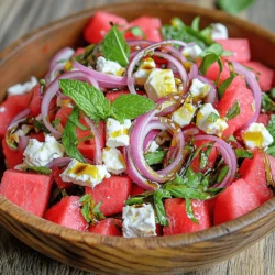 - Wassermelone - Feta-Käse - Rote Zwiebel Die Wassermelone ist das Herzstück dieses Salats. Sie bringt frische und Süße. Achte darauf, eine reife Wassermelone zu wählen. Sie sollte leicht fest, aber nicht hart sein. Der Feta-Käse fügt eine salzige Note hinzu. Er schmeckt besonders gut, wenn er krümelig ist. Die rote Zwiebel sorgt für einen leichten Biss und Farbe. - Frische Minzblätter - Frische Basilikumblätter - Salz und Pfeffer Minze und Basilikum sind die Kräuter der Wahl in diesem Rezept. Sie bringen Aromen, die den Salat lebendig machen. Ich empfehle, die Blätter frisch zu hacken. Das bringt den besten Geschmack. Salz und Pfeffer runden alles ab. Sie helfen, die Aromen zu verstärken. - Olivenöl - Balsamico-Glasur Das Dressing ist einfach, aber sehr wichtig. Olivenöl bringt gesunde Fette und einen milden Geschmack. Die Balsamico-Glasur fügt Süße und Säure hinzu. So entsteht ein tolles Gleichgewicht. Mische die beiden gut, bevor du sie über den Salat gibst. Für das komplette Rezept schaue dir die [Full Recipe] an. Zuerst schneide die Wassermelone in kleine Würfel. Du brauchst vier Tassen. In einer großen Schüssel vermenge die Wassermelonenwürfel mit einer halben dünn geschnittenen roten Zwiebel. Mische sie gut, damit die Zwiebel gleichmäßig verteilt ist. Jetzt ist es Zeit, den Feta-Käse hinzuzufügen. Du solltest eine Tasse zerbröckelten Feta-Käse verwenden. Gib ihn langsam in die Schüssel und rühre vorsichtig um. So bleibt der Feta ganz und bricht nicht. Als nächstes streue die gehackten Minz- und Basilikumblätter gleichmäßig über die Mischung. Diese Kräuter bringen viel Frische in den Salat. Für das Dressing nimm eine kleine Schüssel. Vermenge zwei Esslöffel Olivenöl mit zwei Esslöffeln Balsamico-Glasur. Benutze einen Schneebesen, um alles gut zu mixen. Das Dressing sollte gut durchmischt sein und eine glatte Konsistenz haben. Jetzt ist es bereit, über den Salat zu träufeln. Mach das gleichmäßig, damit jede Zutat einen Hauch des Dressings hat. Lass den Salat mindestens zehn Minuten ruhen. So können sich die Aromen gut verbinden. Die Ruhezeit macht den Salat noch besser. Für die Präsentation empfehle ich, den Salat in einer großen, schönen Schüssel zu servieren. Du kannst ihn mit zusätzlichen Minzblättern garnieren. Ein Spritzer Balsamico-Glasur obenauf sorgt für einen eleganten Look. Dieser einfache Trick macht den Salat noch einladender. Für die vollständige Anleitung, schau dir das Full Recipe an. Reife Wassermelone erkennen: Eine reife Wassermelone hat eine glänzende, grüne Schale. Klopfen Sie leicht darauf. Ein tiefer, hohler Klang zeigt, dass sie reif ist. Achten Sie auch auf die gelbe Stelle, die anzeigt, dass sie auf dem Boden lag und reif ist. Hochwertigen Feta-Käse auswählen: Suchen Sie nach Feta-Käse, der frisch und cremig aussieht. Er sollte in Salzlake gelagert sein. Dies sorgt für einen besseren Geschmack. Vermeiden Sie zerbröckelten Feta, da er oft weniger Geschmack hat. Salat frisch halten: Um den Salat frisch zu halten, mischen Sie die Zutaten erst kurz vor dem Servieren. Lagern Sie das Dressing separat. So bleibt der Salat knusprig und saftig. Abschmecken und anpassen: Probieren Sie den Salat vor dem Servieren. Fügen Sie mehr Salz oder Pfeffer hinzu, falls nötig. Sie können auch mehr Olivenöl oder Balsamico-Glasur geben, um den Geschmack anzupassen. Passende Beilagen: Dieser Salat passt gut zu gegrilltem Fleisch oder Fisch. Er ist leicht und erfrischend. Servieren Sie ihn mit Fladenbrot oder einer einfachen Quiche für eine vollständige Mahlzeit. Beste Zeit zum Servieren: Servieren Sie den Salat an warmen Tagen. Er ist perfekt für Picknicks oder Grillpartys. Genießen Sie ihn kalt für den besten Geschmack. Für das komplette Rezept schauen Sie sich die [Full Recipe] an. {{image_4}} Für deinen Sommer Wassermelonen Feta Salat kannst du verschiedene Zutaten nutzen. Eine erfrischende Idee ist, Gurken hinzuzufügen. Sie bringen eine knackige Textur und zusätzliche Frische. Du kannst sie einfach würfeln und unter die Mischung heben. Eine andere Möglichkeit ist, verschiedene Käsesorten zu verwenden. Anstelle von Feta kannst du Ziegenkäse oder Halloumi probieren. Diese Käsesorten haben einen anderen Geschmack, der gut zu Wassermelonen passt. Das Dressing ist der Schlüssel zu diesem Salat. Du kannst Alternativen zur Balsamico-Glasur nutzen. Ein einfaches Honig-Dressing ist süß und passt gut zu den Aromen. Für einen scharfen Kick probiere Limettensaft oder Chiliöl. Auch die Gewürze und Aromen kannst du anpassen. Frischer Zitronensaft bringt einen hellen Geschmack. Oder füge etwas geriebenen Ingwer für eine würzige Note hinzu. Wenn du für größere Gruppen kochst, kannst du die Zutaten einfach verdoppeln. So hast du genug Salat für alle. Denke daran, dass du auch die Dressing-Menge anpassen musst. Dieser Salat kann auch als Beilage oder Hauptgericht dienen. Wenn du ihn als Hauptgericht servierst, füge einige Nüsse hinzu. Mandeln oder Walnüsse bringen zusätzliche Nährstoffe und Crunch. Für die vollständige Anleitung benutze das Rezept. Reste von deinem Wassermelonen-Feta-Salat solltest du richtig aufbewahren. Verwende eine luftdichte Box. So bleibt der Salat frisch. Der Salat hält sich im Kühlschrank etwa 2 Tage. Nach dieser Zeit kann die Wassermelone matschig werden. Achte darauf, den Salat nicht länger als nötig zu lagern. Du kannst die Zutaten im Voraus vorbereiten. Lagere die Wassermelone und den Feta getrennt. So bleibt alles frisch und knackig. Mische die restlichen Zutaten erst kurz vor dem Servieren. Die Aromen verbinden sich besser, wenn der Salat frisch ist. Wenn du es eilig hast, schneide alles am Morgen des Serviertages. Wassermelone kannst du einfrieren, aber das verändert die Textur. Es wird weich und wässrig. Du kannst die Wassermelone in Würfel schneiden und in einer Tüte einfrieren. Feta-Käse hält sich im Kühlschrank etwa 1 bis 2 Wochen. Du kannst ihn auch einfrieren, aber das ist nicht ideal. Die Konsistenz wird nach dem Auftauen krümelig. Für das beste Geschmackserlebnis empfehle ich, ihn frisch zu verwenden. Für die vollständige Anleitung und alle Details, siehe die [Full Recipe]. Der Salat bleibt frisch bis zu drei Tage im Kühlschrank. Um die Frische zu bewahren, lagern Sie ihn in einem luftdichten Behälter. Dies schützt den Salat vor Gerüchen und Feuchtigkeit. Achten Sie darauf, die Zwiebeln und die Kräuter separat zu lagern. So bleibt der Salat knackig und geschmackvoll. Ja, Sie können den Salat vegan zubereiten, indem Sie den Feta-Käse durch pflanzliche Alternativen ersetzen. Es gibt viele köstliche vegane Käseoptionen, die gut passen. Cashew-Käse oder Tofu mit Gewürzen bieten einen guten Geschmack und eine ähnliche Textur. Experimentieren Sie mit den Aromen, um den perfekten veganen Salat zu kreieren. Dieser Salat schmeckt hervorragend mit gegrilltem Hähnchen oder Fisch. Auch frisches Brot oder Bruschetta sind tolle Beilagen. Für Getränke empfehle ich einen spritzigen Weißwein oder ein leichtes Bier. Wenn Sie etwas Erfrischendes möchten, probieren Sie einen Minz-Limonade. Diese Kombination bringt den Sommer auf Ihren Tisch. Die Kombination aus Wassermelone und Feta kommt ursprünglich aus Griechenland. Dort genießen die Menschen diesen Salat oft als erfrischendes Gericht im Sommer. Diese Mischung vereint süße und salzige Aromen. In vielen mediterranen Ländern ist diese Kombination sehr beliebt und wird in verschiedenen Variationen zubereitet. Dieser Blogbeitrag hat die Zubereitung eines erfrischenden Wassermelonen-Feta-Salats behandelt. Wir haben die Hauptzutaten, Kräuter, Gewürze und das Dressing erkundet. Es folgten einfache Schritte zur Zubereitung und praktische Tipps zur Lagerung und Variation. Der Salat ist leicht, lecker und ideal für verschiedene Anlässe. Denke daran, frische Zutaten zu wählen und den Salat kurz ruhen zu lassen. Mit ein paar Anpassungen kannst du deine eigene Note hinzufügen. So machst du aus einem einfachen Gericht etwas Besonderes!