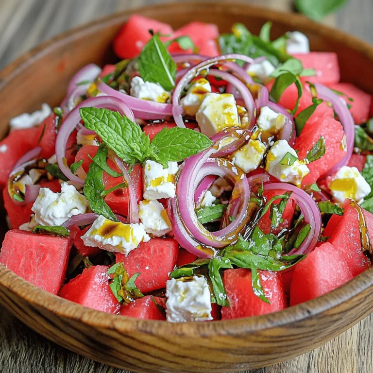 - Wassermelone - Feta-Käse - Rote Zwiebel Die Wassermelone ist das Herzstück dieses Salats. Sie bringt frische und Süße. Achte darauf, eine reife Wassermelone zu wählen. Sie sollte leicht fest, aber nicht hart sein. Der Feta-Käse fügt eine salzige Note hinzu. Er schmeckt besonders gut, wenn er krümelig ist. Die rote Zwiebel sorgt für einen leichten Biss und Farbe. - Frische Minzblätter - Frische Basilikumblätter - Salz und Pfeffer Minze und Basilikum sind die Kräuter der Wahl in diesem Rezept. Sie bringen Aromen, die den Salat lebendig machen. Ich empfehle, die Blätter frisch zu hacken. Das bringt den besten Geschmack. Salz und Pfeffer runden alles ab. Sie helfen, die Aromen zu verstärken. - Olivenöl - Balsamico-Glasur Das Dressing ist einfach, aber sehr wichtig. Olivenöl bringt gesunde Fette und einen milden Geschmack. Die Balsamico-Glasur fügt Süße und Säure hinzu. So entsteht ein tolles Gleichgewicht. Mische die beiden gut, bevor du sie über den Salat gibst. Für das komplette Rezept schaue dir die [Full Recipe] an. Zuerst schneide die Wassermelone in kleine Würfel. Du brauchst vier Tassen. In einer großen Schüssel vermenge die Wassermelonenwürfel mit einer halben dünn geschnittenen roten Zwiebel. Mische sie gut, damit die Zwiebel gleichmäßig verteilt ist. Jetzt ist es Zeit, den Feta-Käse hinzuzufügen. Du solltest eine Tasse zerbröckelten Feta-Käse verwenden. Gib ihn langsam in die Schüssel und rühre vorsichtig um. So bleibt der Feta ganz und bricht nicht. Als nächstes streue die gehackten Minz- und Basilikumblätter gleichmäßig über die Mischung. Diese Kräuter bringen viel Frische in den Salat. Für das Dressing nimm eine kleine Schüssel. Vermenge zwei Esslöffel Olivenöl mit zwei Esslöffeln Balsamico-Glasur. Benutze einen Schneebesen, um alles gut zu mixen. Das Dressing sollte gut durchmischt sein und eine glatte Konsistenz haben. Jetzt ist es bereit, über den Salat zu träufeln. Mach das gleichmäßig, damit jede Zutat einen Hauch des Dressings hat. Lass den Salat mindestens zehn Minuten ruhen. So können sich die Aromen gut verbinden. Die Ruhezeit macht den Salat noch besser. Für die Präsentation empfehle ich, den Salat in einer großen, schönen Schüssel zu servieren. Du kannst ihn mit zusätzlichen Minzblättern garnieren. Ein Spritzer Balsamico-Glasur obenauf sorgt für einen eleganten Look. Dieser einfache Trick macht den Salat noch einladender. Für die vollständige Anleitung, schau dir das Full Recipe an. Reife Wassermelone erkennen: Eine reife Wassermelone hat eine glänzende, grüne Schale. Klopfen Sie leicht darauf. Ein tiefer, hohler Klang zeigt, dass sie reif ist. Achten Sie auch auf die gelbe Stelle, die anzeigt, dass sie auf dem Boden lag und reif ist. Hochwertigen Feta-Käse auswählen: Suchen Sie nach Feta-Käse, der frisch und cremig aussieht. Er sollte in Salzlake gelagert sein. Dies sorgt für einen besseren Geschmack. Vermeiden Sie zerbröckelten Feta, da er oft weniger Geschmack hat. Salat frisch halten: Um den Salat frisch zu halten, mischen Sie die Zutaten erst kurz vor dem Servieren. Lagern Sie das Dressing separat. So bleibt der Salat knusprig und saftig. Abschmecken und anpassen: Probieren Sie den Salat vor dem Servieren. Fügen Sie mehr Salz oder Pfeffer hinzu, falls nötig. Sie können auch mehr Olivenöl oder Balsamico-Glasur geben, um den Geschmack anzupassen. Passende Beilagen: Dieser Salat passt gut zu gegrilltem Fleisch oder Fisch. Er ist leicht und erfrischend. Servieren Sie ihn mit Fladenbrot oder einer einfachen Quiche für eine vollständige Mahlzeit. Beste Zeit zum Servieren: Servieren Sie den Salat an warmen Tagen. Er ist perfekt für Picknicks oder Grillpartys. Genießen Sie ihn kalt für den besten Geschmack. Für das komplette Rezept schauen Sie sich die [Full Recipe] an. {{image_4}} Für deinen Sommer Wassermelonen Feta Salat kannst du verschiedene Zutaten nutzen. Eine erfrischende Idee ist, Gurken hinzuzufügen. Sie bringen eine knackige Textur und zusätzliche Frische. Du kannst sie einfach würfeln und unter die Mischung heben. Eine andere Möglichkeit ist, verschiedene Käsesorten zu verwenden. Anstelle von Feta kannst du Ziegenkäse oder Halloumi probieren. Diese Käsesorten haben einen anderen Geschmack, der gut zu Wassermelonen passt. Das Dressing ist der Schlüssel zu diesem Salat. Du kannst Alternativen zur Balsamico-Glasur nutzen. Ein einfaches Honig-Dressing ist süß und passt gut zu den Aromen. Für einen scharfen Kick probiere Limettensaft oder Chiliöl. Auch die Gewürze und Aromen kannst du anpassen. Frischer Zitronensaft bringt einen hellen Geschmack. Oder füge etwas geriebenen Ingwer für eine würzige Note hinzu. Wenn du für größere Gruppen kochst, kannst du die Zutaten einfach verdoppeln. So hast du genug Salat für alle. Denke daran, dass du auch die Dressing-Menge anpassen musst. Dieser Salat kann auch als Beilage oder Hauptgericht dienen. Wenn du ihn als Hauptgericht servierst, füge einige Nüsse hinzu. Mandeln oder Walnüsse bringen zusätzliche Nährstoffe und Crunch. Für die vollständige Anleitung benutze das Rezept. Reste von deinem Wassermelonen-Feta-Salat solltest du richtig aufbewahren. Verwende eine luftdichte Box. So bleibt der Salat frisch. Der Salat hält sich im Kühlschrank etwa 2 Tage. Nach dieser Zeit kann die Wassermelone matschig werden. Achte darauf, den Salat nicht länger als nötig zu lagern. Du kannst die Zutaten im Voraus vorbereiten. Lagere die Wassermelone und den Feta getrennt. So bleibt alles frisch und knackig. Mische die restlichen Zutaten erst kurz vor dem Servieren. Die Aromen verbinden sich besser, wenn der Salat frisch ist. Wenn du es eilig hast, schneide alles am Morgen des Serviertages. Wassermelone kannst du einfrieren, aber das verändert die Textur. Es wird weich und wässrig. Du kannst die Wassermelone in Würfel schneiden und in einer Tüte einfrieren. Feta-Käse hält sich im Kühlschrank etwa 1 bis 2 Wochen. Du kannst ihn auch einfrieren, aber das ist nicht ideal. Die Konsistenz wird nach dem Auftauen krümelig. Für das beste Geschmackserlebnis empfehle ich, ihn frisch zu verwenden. Für die vollständige Anleitung und alle Details, siehe die [Full Recipe]. Der Salat bleibt frisch bis zu drei Tage im Kühlschrank. Um die Frische zu bewahren, lagern Sie ihn in einem luftdichten Behälter. Dies schützt den Salat vor Gerüchen und Feuchtigkeit. Achten Sie darauf, die Zwiebeln und die Kräuter separat zu lagern. So bleibt der Salat knackig und geschmackvoll. Ja, Sie können den Salat vegan zubereiten, indem Sie den Feta-Käse durch pflanzliche Alternativen ersetzen. Es gibt viele köstliche vegane Käseoptionen, die gut passen. Cashew-Käse oder Tofu mit Gewürzen bieten einen guten Geschmack und eine ähnliche Textur. Experimentieren Sie mit den Aromen, um den perfekten veganen Salat zu kreieren. Dieser Salat schmeckt hervorragend mit gegrilltem Hähnchen oder Fisch. Auch frisches Brot oder Bruschetta sind tolle Beilagen. Für Getränke empfehle ich einen spritzigen Weißwein oder ein leichtes Bier. Wenn Sie etwas Erfrischendes möchten, probieren Sie einen Minz-Limonade. Diese Kombination bringt den Sommer auf Ihren Tisch. Die Kombination aus Wassermelone und Feta kommt ursprünglich aus Griechenland. Dort genießen die Menschen diesen Salat oft als erfrischendes Gericht im Sommer. Diese Mischung vereint süße und salzige Aromen. In vielen mediterranen Ländern ist diese Kombination sehr beliebt und wird in verschiedenen Variationen zubereitet. Dieser Blogbeitrag hat die Zubereitung eines erfrischenden Wassermelonen-Feta-Salats behandelt. Wir haben die Hauptzutaten, Kräuter, Gewürze und das Dressing erkundet. Es folgten einfache Schritte zur Zubereitung und praktische Tipps zur Lagerung und Variation. Der Salat ist leicht, lecker und ideal für verschiedene Anlässe. Denke daran, frische Zutaten zu wählen und den Salat kurz ruhen zu lassen. Mit ein paar Anpassungen kannst du deine eigene Note hinzufügen. So machst du aus einem einfachen Gericht etwas Besonderes!