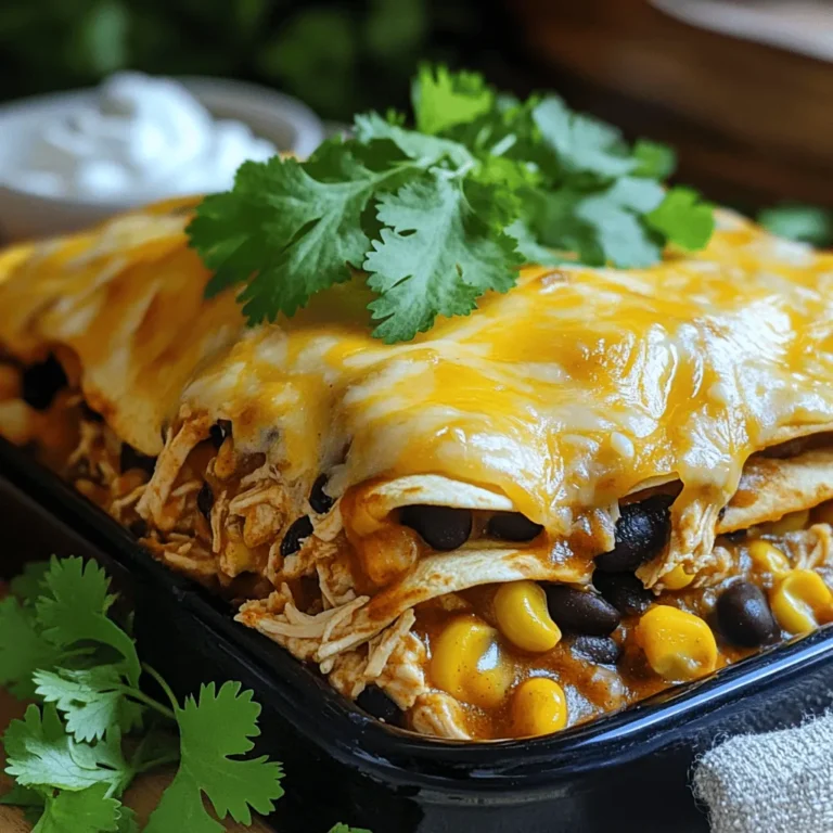 - 2 Tassen gekochtes Hühnchen, zerrupft - Enchilada-Sauce (rot oder grün) - schwarze Bohnen Die Hauptzutaten sind der Schlüssel zu einem tollen Auflauf. Du brauchst zerrupftes Hühnchen, das dir eine gute Proteinbasis gibt. Die Enchilada-Sauce bringt den Geschmack. Du kannst rot oder grün wählen, je nach Vorliebe. Die schwarzen Bohnen fügen eine herzliche Textur hinzu und sind nahrhaft. - Mais, Paprika und Zwiebel - Käse und Tortillas - Gewürze und Garnituren Für den Auflauf sind die weiteren Zutaten wichtig. Mais gibt Süße und Farbe. Paprika und Zwiebel sorgen für einen frischen Geschmack. Käse ist für die Cremigkeit und den tollen Schmelz zuständig. Tortillas bilden die Schichten und halten alles zusammen. Gewürze wie Kreuzkümmel und Chilipulver fügen Tiefe hinzu. Als Garnitur kannst du frischen Koriander und Sauerrahm verwenden, um den Auflauf abzurunden. Wenn du mehr Details möchtest, schaue dir das [Full Recipe] an. - Ofen vorheizen auf 175 °C. - Gemüse anbraten: In einer großen Pfanne das Olivenöl bei mittlerer Hitze erhitzen. Fügen Sie die gehackte Zwiebel und die Paprika hinzu und braten Sie sie an, bis sie weich sind, etwa 5 Minuten. Dies gibt dem Auflauf einen tollen Geschmack. - Hühnchen und Bohnen kombinieren: In einer großen Rührschüssel das zerrupfte Hühnchen, die schwarzen Bohnen und den Mais vermischen. Fügen Sie die angebratenen Zwiebeln und Paprika, die Hälfte der Enchilada-Sauce, gemahlenen Kreuzkümmel, Chilipulver, Salz und Pfeffer hinzu. Gut vermischen, damit die Aromen sich verbinden. - Auflaufform vorbereiten: Gib eine dünne Schicht (etwa ein Drittel) der restlichen Enchilada-Sauce auf den Boden einer 23x33 cm großen Auflaufform. - Zutaten schichten und backen: Schichte die erste Hälfte der zerrissenen Tortillas über die Sauce. Löffeln Sie die Hälfte der Hühnchenmischung über die Tortillas und streuen Sie ein Drittel des geriebenen Käses darüber. Wiederholen Sie die Schichten. Für die letzte Schicht die restlichen Tortillas darauflegen, die restliche Enchilada-Sauce darüber gießen und den verbleibenden Käse gleichmäßig verteilen. Decken Sie den Auflauf mit Aluminiumfolie ab und backen Sie ihn 25 Minuten. Entfernen Sie dann die Folie und backen Sie ihn weitere 15-20 Minuten, bis der Käse schön goldbraun ist. Um den besten Geschmack für deinen Chicken Enchilada Casserole zu erreichen, sind Gewürze wichtig. Ich empfehle, Kreuzkümmel und Chilipulver zu verwenden. Diese Gewürze geben dem Gericht Tiefe und Wärme. Für den Käse solltest du Monterey Jack oder Cheddar wählen. Diese Käsesorten schmelzen gut und bringen viel Geschmack. Eine Mischung aus beiden Käsearten sorgt für ein tolles Aroma. Ein häufiger Fehler ist das Überbacken der Tortillas. Wenn sie zu lange gebacken werden, können sie hart und trocken werden. Achte darauf, die Tortillas nur leicht zu backen, damit sie weich bleiben. Ungleichmäßiges Schichten kann auch ein Problem sein. Stelle sicher, dass du die Zutaten gleichmäßig verteilst. So bekommst du einen gut strukturierten Auflauf, der überall gleich gut schmeckt. Wenn du andere Proteine verwenden möchtest, probiere Rinderhack oder Bohnen. Diese Alternativen geben dem Auflauf eine neue Note. Du kannst auch Tofu für eine vegane Version verwenden. So bleibt das Gericht lecker und abwechslungsreich. {{image_4}} Eine einfache Möglichkeit, deinen Chicken Enchilada Casserole gesünder zu machen, ist die Verwendung von Vollkorn-Tortillas. Diese Tortillas enthalten mehr Ballaststoffe und Nährstoffe. Du wirst den Unterschied nicht nur im Geschmack, sondern auch in der Nährstoffaufnahme merken. Ein weiterer Tipp ist der Austausch von Käse. Statt des üblichen Monterey Jack Käse kannst du fettarmen Käse oder sogar Hüttenkäse verwenden. So sparst du Kalorien, ohne auf den cremigen Geschmack zu verzichten. Wenn du eine vegane Variante möchtest, kannst du das Hühnchen durch Gemüse oder Tofu ersetzen. Brokkoli, Zucchini oder Paprika passen gut und bringen Farbe ins Gericht. Tofu ist eine tolle Proteinquelle und nimmt den Geschmack der Gewürze gut an. Für den Käse gibt es viele vegane Alternativen. Bezugsquellen bieten oft Käse auf Nuss- oder Sojabasis an. Diese sind geschmacklich vielfältig und schmelzen gut. Du kannst dein Rezept auch regional anpassen. Experimentiere mit zusätzlichem Gemüse wie Spinat oder Pilzen. Diese Zutaten bringen neue Texturen und Aromen in deinen Auflauf. Eine andere Möglichkeit ist, die Sauce anzupassen. Probiere grüne Salsa oder eine hausgemachte Tomatensauce. Solche Varianten verleihen deinem Auflauf einen besonderen Charakter. Lagern Sie die Reste in luftdichten Behältern. So bleibt der Auflauf frisch. Der Käse kann schnell austrocknen. Ideal ist eine Temperatur von 4 °C oder kälter. Der Auflauf hält sich bis zu 3 Tage im Kühlschrank. Vor dem Servieren einfach aufwärmen. Um den Auflauf einzufrieren, lassen Sie ihn zuerst abkühlen. Teilen Sie ihn in Portionen auf. Nutzen Sie gefriergeeignete Behälter oder Beutel. Achten Sie darauf, die Luft gut zu entfernen. So bleibt der Geschmack erhalten. Der Auflauf kann bis zu 3 Monate eingefroren werden. Um ihn aufzuwärmen, nehmen Sie ihn aus dem Gefrierschrank. Lassen Sie ihn über Nacht im Kühlschrank auftauen. Backen Sie ihn dann im Ofen bei 175 °C für etwa 30 Minuten. So wird er gleichmäßig warm und der Käse schmilzt gut. Verwenden Sie Reste für neue Gerichte. Machen Sie zum Beispiel Tacos mit den Überresten. Fügen Sie frisches Gemüse und Salsa hinzu. Eine andere Idee ist ein Burrito, den Sie mit Tortillas füllen. Für eine Auffrischung können Sie auch einen Salat machen. Kombinieren Sie das Hühnchen mit frischem Gemüse und einer leckeren Sauce. So bleibt das Essen spannend und lecker. Der Auflauf sollte insgesamt etwa 40 bis 45 Minuten backen. Du beginnst mit 25 Minuten, während der Auflauf mit Folie abgedeckt ist. Nach dieser Zeit entfernst du die Folie. Dann backst du ihn weitere 15 bis 20 Minuten. Der Käse sollte sprudelnd und goldbraun sein. Ja, du kannst den Auflauf im Voraus machen. Bereite ihn bis zur Schicht mit den Tortillas vor. Decke die Form dann ab und stelle sie in den Kühlschrank. Du kannst ihn bis zu zwei Tage im Voraus zubereiten. Wenn du bereit bist zu backen, heize den Ofen vor und backe ihn wie gewohnt. Serviere den Auflauf heiß, direkt aus dem Ofen. Ein Klecks Sauerrahm darüber macht ihn noch besser. Frischer Koriander passt auch gut dazu. Du kannst dazu einen einfachen grünen Salat oder Tortilla-Chips anbieten. Das gibt dir eine schöne Abwechslung. Um einen glutenfreien Auflauf zu machen, wähle glutenfreie Tortillas. Achte auch darauf, dass die Enchilada-Sauce glutenfrei ist. Viele Marken bieten solche Saucen an. Du kannst auch frische Zutaten wie Gemüse oder Hühnchen verwenden. So bleibt dein Auflauf lecker und gesund. Ihr Enchilada-Auflauf wird nicht nur lecker, sondern auch einfach zuzubereiten. Wir haben die Hauptzutaten, die Schritt-für-Schritt-Anleitung und nützliche Tipps behandelt. Viele Variationen lassen sich leicht anpassen, egal ob Sie gesunde, vegane oder regionale Alternativen ausprobieren. Den Auflauf richtig aufzubewahren, hilft Ihnen, Reste kreativ zu nutzen. Mit diesen Informationen sind Sie bereit, einen großartigen Auflauf zu kreieren. Genießen Sie jede Biss und teilen Sie Ihr Ergebnis!
