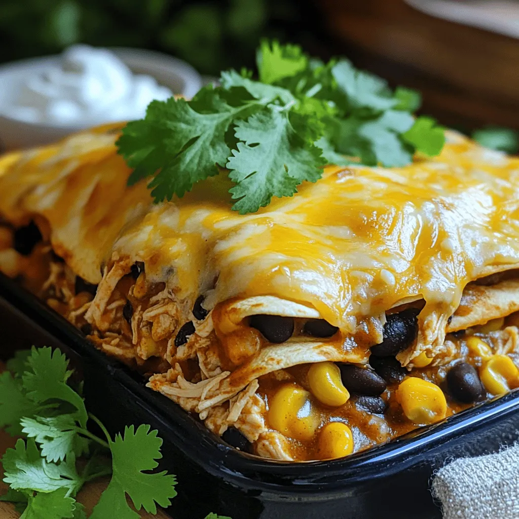 - 2 Tassen gekochtes Hühnchen, zerrupft - Enchilada-Sauce (rot oder grün) - schwarze Bohnen Die Hauptzutaten sind der Schlüssel zu einem tollen Auflauf. Du brauchst zerrupftes Hühnchen, das dir eine gute Proteinbasis gibt. Die Enchilada-Sauce bringt den Geschmack. Du kannst rot oder grün wählen, je nach Vorliebe. Die schwarzen Bohnen fügen eine herzliche Textur hinzu und sind nahrhaft. - Mais, Paprika und Zwiebel - Käse und Tortillas - Gewürze und Garnituren Für den Auflauf sind die weiteren Zutaten wichtig. Mais gibt Süße und Farbe. Paprika und Zwiebel sorgen für einen frischen Geschmack. Käse ist für die Cremigkeit und den tollen Schmelz zuständig. Tortillas bilden die Schichten und halten alles zusammen. Gewürze wie Kreuzkümmel und Chilipulver fügen Tiefe hinzu. Als Garnitur kannst du frischen Koriander und Sauerrahm verwenden, um den Auflauf abzurunden. Wenn du mehr Details möchtest, schaue dir das [Full Recipe] an. - Ofen vorheizen auf 175 °C. - Gemüse anbraten: In einer großen Pfanne das Olivenöl bei mittlerer Hitze erhitzen. Fügen Sie die gehackte Zwiebel und die Paprika hinzu und braten Sie sie an, bis sie weich sind, etwa 5 Minuten. Dies gibt dem Auflauf einen tollen Geschmack. - Hühnchen und Bohnen kombinieren: In einer großen Rührschüssel das zerrupfte Hühnchen, die schwarzen Bohnen und den Mais vermischen. Fügen Sie die angebratenen Zwiebeln und Paprika, die Hälfte der Enchilada-Sauce, gemahlenen Kreuzkümmel, Chilipulver, Salz und Pfeffer hinzu. Gut vermischen, damit die Aromen sich verbinden. - Auflaufform vorbereiten: Gib eine dünne Schicht (etwa ein Drittel) der restlichen Enchilada-Sauce auf den Boden einer 23x33 cm großen Auflaufform. - Zutaten schichten und backen: Schichte die erste Hälfte der zerrissenen Tortillas über die Sauce. Löffeln Sie die Hälfte der Hühnchenmischung über die Tortillas und streuen Sie ein Drittel des geriebenen Käses darüber. Wiederholen Sie die Schichten. Für die letzte Schicht die restlichen Tortillas darauflegen, die restliche Enchilada-Sauce darüber gießen und den verbleibenden Käse gleichmäßig verteilen. Decken Sie den Auflauf mit Aluminiumfolie ab und backen Sie ihn 25 Minuten. Entfernen Sie dann die Folie und backen Sie ihn weitere 15-20 Minuten, bis der Käse schön goldbraun ist. Um den besten Geschmack für deinen Chicken Enchilada Casserole zu erreichen, sind Gewürze wichtig. Ich empfehle, Kreuzkümmel und Chilipulver zu verwenden. Diese Gewürze geben dem Gericht Tiefe und Wärme. Für den Käse solltest du Monterey Jack oder Cheddar wählen. Diese Käsesorten schmelzen gut und bringen viel Geschmack. Eine Mischung aus beiden Käsearten sorgt für ein tolles Aroma. Ein häufiger Fehler ist das Überbacken der Tortillas. Wenn sie zu lange gebacken werden, können sie hart und trocken werden. Achte darauf, die Tortillas nur leicht zu backen, damit sie weich bleiben. Ungleichmäßiges Schichten kann auch ein Problem sein. Stelle sicher, dass du die Zutaten gleichmäßig verteilst. So bekommst du einen gut strukturierten Auflauf, der überall gleich gut schmeckt. Wenn du andere Proteine verwenden möchtest, probiere Rinderhack oder Bohnen. Diese Alternativen geben dem Auflauf eine neue Note. Du kannst auch Tofu für eine vegane Version verwenden. So bleibt das Gericht lecker und abwechslungsreich. {{image_4}} Eine einfache Möglichkeit, deinen Chicken Enchilada Casserole gesünder zu machen, ist die Verwendung von Vollkorn-Tortillas. Diese Tortillas enthalten mehr Ballaststoffe und Nährstoffe. Du wirst den Unterschied nicht nur im Geschmack, sondern auch in der Nährstoffaufnahme merken. Ein weiterer Tipp ist der Austausch von Käse. Statt des üblichen Monterey Jack Käse kannst du fettarmen Käse oder sogar Hüttenkäse verwenden. So sparst du Kalorien, ohne auf den cremigen Geschmack zu verzichten. Wenn du eine vegane Variante möchtest, kannst du das Hühnchen durch Gemüse oder Tofu ersetzen. Brokkoli, Zucchini oder Paprika passen gut und bringen Farbe ins Gericht. Tofu ist eine tolle Proteinquelle und nimmt den Geschmack der Gewürze gut an. Für den Käse gibt es viele vegane Alternativen. Bezugsquellen bieten oft Käse auf Nuss- oder Sojabasis an. Diese sind geschmacklich vielfältig und schmelzen gut. Du kannst dein Rezept auch regional anpassen. Experimentiere mit zusätzlichem Gemüse wie Spinat oder Pilzen. Diese Zutaten bringen neue Texturen und Aromen in deinen Auflauf. Eine andere Möglichkeit ist, die Sauce anzupassen. Probiere grüne Salsa oder eine hausgemachte Tomatensauce. Solche Varianten verleihen deinem Auflauf einen besonderen Charakter. Lagern Sie die Reste in luftdichten Behältern. So bleibt der Auflauf frisch. Der Käse kann schnell austrocknen. Ideal ist eine Temperatur von 4 °C oder kälter. Der Auflauf hält sich bis zu 3 Tage im Kühlschrank. Vor dem Servieren einfach aufwärmen. Um den Auflauf einzufrieren, lassen Sie ihn zuerst abkühlen. Teilen Sie ihn in Portionen auf. Nutzen Sie gefriergeeignete Behälter oder Beutel. Achten Sie darauf, die Luft gut zu entfernen. So bleibt der Geschmack erhalten. Der Auflauf kann bis zu 3 Monate eingefroren werden. Um ihn aufzuwärmen, nehmen Sie ihn aus dem Gefrierschrank. Lassen Sie ihn über Nacht im Kühlschrank auftauen. Backen Sie ihn dann im Ofen bei 175 °C für etwa 30 Minuten. So wird er gleichmäßig warm und der Käse schmilzt gut. Verwenden Sie Reste für neue Gerichte. Machen Sie zum Beispiel Tacos mit den Überresten. Fügen Sie frisches Gemüse und Salsa hinzu. Eine andere Idee ist ein Burrito, den Sie mit Tortillas füllen. Für eine Auffrischung können Sie auch einen Salat machen. Kombinieren Sie das Hühnchen mit frischem Gemüse und einer leckeren Sauce. So bleibt das Essen spannend und lecker. Der Auflauf sollte insgesamt etwa 40 bis 45 Minuten backen. Du beginnst mit 25 Minuten, während der Auflauf mit Folie abgedeckt ist. Nach dieser Zeit entfernst du die Folie. Dann backst du ihn weitere 15 bis 20 Minuten. Der Käse sollte sprudelnd und goldbraun sein. Ja, du kannst den Auflauf im Voraus machen. Bereite ihn bis zur Schicht mit den Tortillas vor. Decke die Form dann ab und stelle sie in den Kühlschrank. Du kannst ihn bis zu zwei Tage im Voraus zubereiten. Wenn du bereit bist zu backen, heize den Ofen vor und backe ihn wie gewohnt. Serviere den Auflauf heiß, direkt aus dem Ofen. Ein Klecks Sauerrahm darüber macht ihn noch besser. Frischer Koriander passt auch gut dazu. Du kannst dazu einen einfachen grünen Salat oder Tortilla-Chips anbieten. Das gibt dir eine schöne Abwechslung. Um einen glutenfreien Auflauf zu machen, wähle glutenfreie Tortillas. Achte auch darauf, dass die Enchilada-Sauce glutenfrei ist. Viele Marken bieten solche Saucen an. Du kannst auch frische Zutaten wie Gemüse oder Hühnchen verwenden. So bleibt dein Auflauf lecker und gesund. Ihr Enchilada-Auflauf wird nicht nur lecker, sondern auch einfach zuzubereiten. Wir haben die Hauptzutaten, die Schritt-für-Schritt-Anleitung und nützliche Tipps behandelt. Viele Variationen lassen sich leicht anpassen, egal ob Sie gesunde, vegane oder regionale Alternativen ausprobieren. Den Auflauf richtig aufzubewahren, hilft Ihnen, Reste kreativ zu nutzen. Mit diesen Informationen sind Sie bereit, einen großartigen Auflauf zu kreieren. Genießen Sie jede Biss und teilen Sie Ihr Ergebnis!