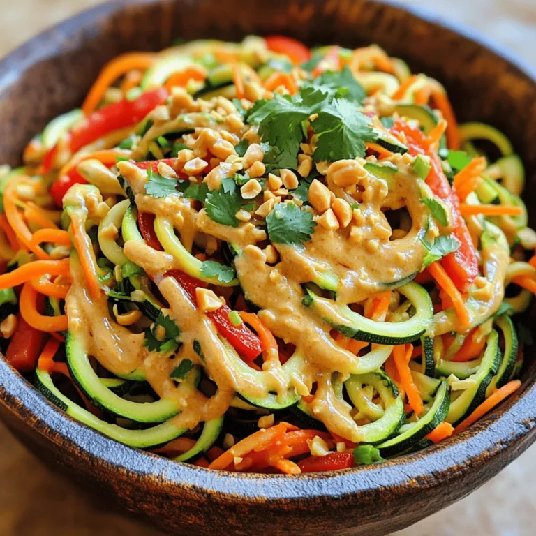 - 4 mittelgroße Zucchini - 1 rote Paprika, dünn geschnitten - 1 Tasse geraspelte Karotten Die Zucchini sind die Basis für dieses Gericht. Sie sind knackig und gesund. Die rote Paprika bringt Farbe und Süße. Die geraspelten Karotten fügen eine schöne Textur hinzu. Diese Zutaten sind frisch und leicht zu finden. - 1/2 Tasse cremige Erdnussbutter - 2 Esslöffel Sojasauce - 1 Esslöffel Limettensaft Die Erdnussbutter macht die Sauce cremig und reichhaltig. Sojasauce bringt Umami und Tiefe. Limettensaft fügt einen spritzigen Geschmack hinzu. Diese Mischung ist einfach und voller Geschmack. - 1/4 Tasse gehackte Erdnüsse - 1/4 Tasse frischer Koriander, gehackt - 1 Frühlingszwiebel, gehackt Garnituren machen das Gericht lebendig. Gehackte Erdnüsse fügen einen schönen Crunch hinzu. Frischer Koriander bringt Aroma und Farbe. Frühlingszwiebeln geben einen milden Zwiebelgeschmack. Diese Garnierungen machen das Essen noch besser. Für das komplette Rezept besuche [Full Recipe]. Um Zucchini-Nudeln herzustellen, benutze ich einen Spiralschneider. Dieser Schneidet die Zucchini in lange, dünne Streifen. Das macht die Nudeln interessant. Ich wähle reife, feste Zucchini für den besten Geschmack. Nach dem Schneiden lasse ich die Nudeln in einem Sieb abtropfen. So entferne ich die überschüssige Flüssigkeit. Dies ist wichtig, damit die Nudeln nicht matschig werden. Für die Erdnusssauce vermenge ich alle Zutaten in einer Schüssel. Ich benutze cremige Erdnussbutter, Sojasauce, Limettensaft, und Ahornsirup. Dann füge ich Sesamöl, Ingwer und Knoblauch hinzu. Mit einem Schneebesen rühre ich alles gut durch, bis die Mischung glatt ist. Manchmal ist die Sauce zu dick. Dann füge ich esslöffelweise Wasser hinzu, bis die gewünschte Konsistenz erreicht ist. Jetzt ist es Zeit, alles zusammenzubringen. In einer großen Schüssel mische ich die Zucchini-Nudeln mit der geschnittenen Paprika und den Karotten. Ich gieße die Erdnusssauce über die Gemüsemischung. Dann vermenge ich alles vorsichtig, bis die Nudeln gleichmäßig bedeckt sind. Ich lasse die Mischung fünf Minuten stehen. So können die Aromen gut ziehen. Vor dem Servieren mische ich nochmals alles und garniere mit Frühlingszwiebeln, Erdnüssen und Koriander. Wenn du die komplette Anleitung möchtest, schau dir das [Full Recipe] an. - Auswahl der richtigen Zucchini: Wählen Sie feste Zucchini ohne Druckstellen. Achten Sie auf die Farbe; sie sollte leuchtend grün sein. Größere Zucchini haben oft mehr Samen und sind wässriger. Kleinere Zucchini sind ideal für Nudeln. - Vermeidung von überschüssiger Flüssigkeit: Nach dem Schneiden, legen Sie die Zucchini-Nudeln in ein Sieb. Lassen Sie sie mindestens 10 Minuten abtropfen. Dies hilft, die Nudeln knusprig zu halten und verhindert eine matschige Konsistenz. - Alternative Süßungsmittel: Wenn Sie einen anderen Geschmack wünschen, verwenden Sie Kokosblütenzucker oder Honig anstelle von Ahornsirup. Diese Süßungsmittel bringen eigene Aromen in die Sauce. - Fügen Sie mehr Gewürze hinzu: Experimentieren Sie mit Chili oder Erdnussöl, um mehr Schärfe zu erreichen. Ein Schuss Limettensaft bringt frische Noten in die Erdnusssauce. - Ansprechende Serviermöglichkeiten: Servieren Sie die Nudeln in großen, flachen Schalen. Dies sieht nicht nur gut aus, sondern ermöglicht auch eine einfache Portionierung. - Verwendung von frischen Kräutern als Garnitur: Frischer Koriander oder Minze verleihen Farbe und Aroma. Streuen Sie die Kräuter großzügig über das Gericht für einen lebendigen Look. Für das vollständige Rezept besuchen Sie [Full Recipe]. {{image_4}} Du kannst dein Gericht mit mehr Gemüse aufpeppen. Brokkoli passt gut zu den Zucchini-Nudeln. Er gibt dir einen knackigen Biss und viele Nährstoffe. Zuckerschoten sind auch eine tolle Wahl. Sie bringen etwas Süße und Farbe in dein Essen. Einfach dünn schneiden und mit den Zucchini vermengen. Wenn du etwas Protein hinzufügen willst, probiere Tofu oder Hähnchen. Tofu ist eine gute Option für Veganer. Schneide ihn in Würfel und brate ihn leicht an. Das gibt ein tolles Aroma. Hähnchen kann auch gut schmecken. Brate es in Stücke und mische es unter die Nudeln. Wenn du Meeresfrüchte magst, sind Garnelen eine leckere Wahl. Brate sie kurz an, bis sie rosa sind, und mische sie dann unter die Zucchini-Nudeln. Für glutenfreie Optionen benutze glutenfreie Sojasauce. Diese Sauce hat den gleichen tollen Geschmack, aber ohne Gluten. Wenn du nach anderen Nudelalternativen suchst, kannst du auch Reisnudeln verwenden. Sie sind eine leckere Wahl und passen gut zur Erdnusssauce. Probiere verschiedene Varianten aus, um dein Gericht nach deinem Geschmack zu gestalten. Lagern Sie die Zucchini-Nudeln in einem luftdichten Behälter im Kühlschrank. Diese Nudeln halten bis zu drei Tage frisch. Achten Sie darauf, dass die Nudeln nicht zu lange stehen, um ihre Konsistenz zu bewahren. Sie sollten sie vor dem Servieren abtropfen, um überschüssige Flüssigkeit zu entfernen. Einige Zutaten in diesem Rezept eignen sich gut zum Einfrieren. Die Zucchini-Nudeln selbst können jedoch matschig werden. Ich empfehle, die Erdnusssauce einzufrieren. Verwenden Sie dafür einen luftdichten Behälter. Zum Auftauen lassen Sie die Sauce einfach über Nacht im Kühlschrank. Erwärmen Sie sie dann in einem kleinen Topf. Haben Sie Reste? Sie können die Zucchini-Nudeln in einem Salat verwenden oder in einem Wrap einwickeln. Eine tolle Idee für Lunchboxen sind gefüllte Tortillas mit den Nudeln und frischem Gemüse. So genießen Sie die Reste auf eine neue Art und Weise. Um Zucchini-Nudeln zu machen, brauchen Sie einen Spiralschneider. 1. Nehmen Sie 4 mittelgroße Zucchini. 2. Schneiden Sie die Enden ab. 3. Verwenden Sie den Spiralschneider, um lange Nudeln zu formen. 4. Lassen Sie die Zucchini-Nudeln in einem Sieb abtropfen. 5. Drücken Sie leicht, um überschüssige Flüssigkeit zu entfernen. Diese Zucchini-Nudeln sind leicht und gesund. Ja, Sie können erdnussfreie Sauce verwenden. Einige leckere Alternativen sind: - Mandelbutter - Cashewbutter - Sonnenblumenbutter Diese Zutaten geben einen ähnlichen Geschmack. Ja, dieses Rezept ist vegan. Überprüfen Sie jedoch die Zutaten: - Erdnussbutter ist vegan. - Verwenden Sie Ahornsirup anstelle von Honig. So bleibt das Rezept rein pflanzlich. Zucchini-Nudeln sind im Kühlschrank 2 bis 3 Tage haltbar. Lagern Sie sie in einem luftdichten Behälter. Die Konsistenz kann sich ändern, also essen Sie sie frisch. Für die Erdnusssauce empfehle ich: - Eine Prise Chili für Schärfe - Ein wenig Kreuzkümmel für Tiefe - Frischer Ingwer für einen tollen Geschmack Diese Gewürze bringen mehr Leben in die Sauce. Für das gesamte Rezept schauen Sie bitte in die [Full Recipe]. Zucchini-Nudeln sind eine schmackhafte und gesunde Wahl. Wir haben die Hauptzutaten, die Erdnusssauce und die Garnierungen durchlebt. Auch wie man alles miteinander vermischt, zeigte ich Schritt für Schritt. Variationen bieten viele Möglichkeiten, um das Gericht anzupassen. Denken Sie daran, wie Sie Reste verwenden können. Dieses Gericht ist einfach zu machen und bringt Freude auf den Tisch. Probieren Sie es aus!