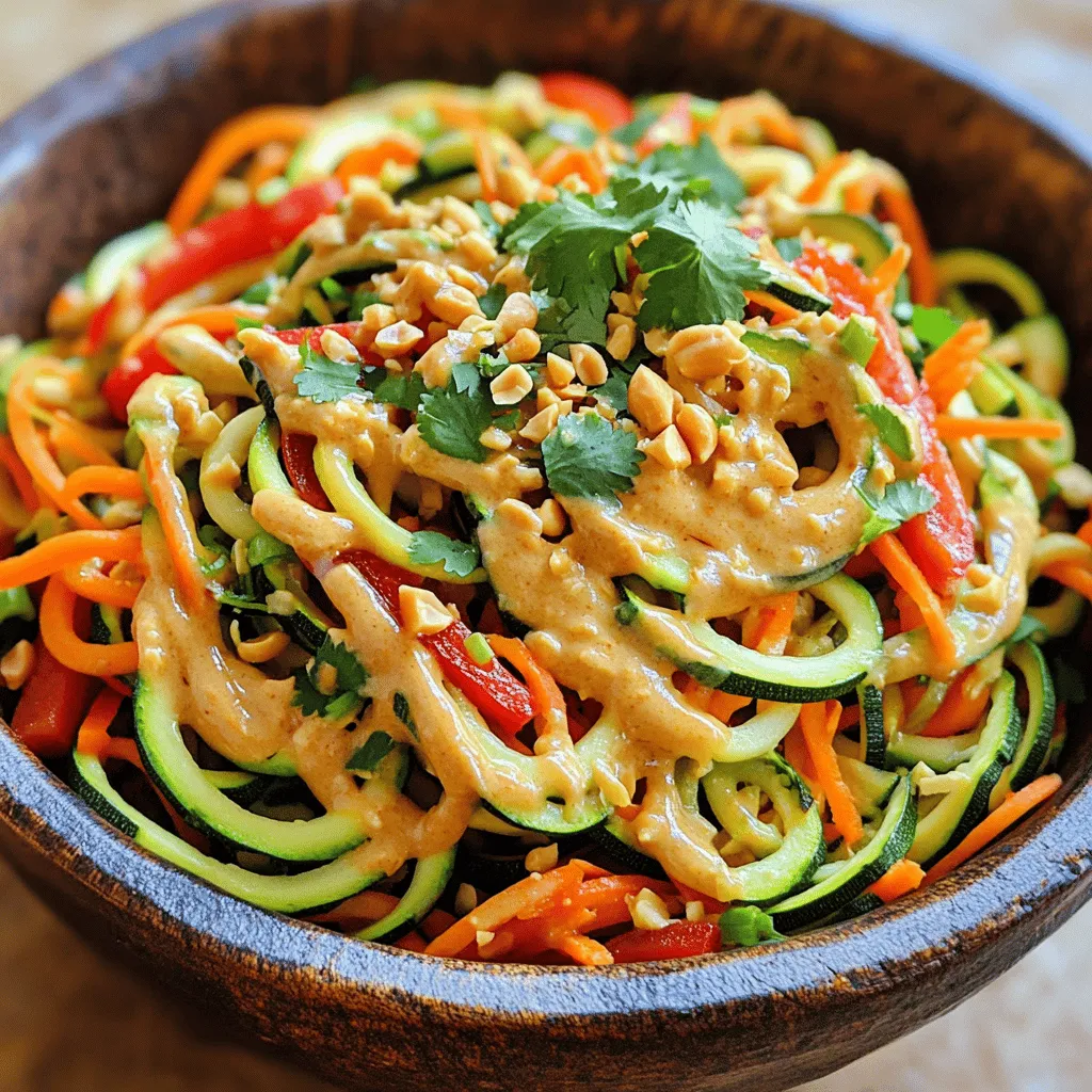 - 4 mittelgroße Zucchini - 1 rote Paprika, dünn geschnitten - 1 Tasse geraspelte Karotten Die Zucchini sind die Basis für dieses Gericht. Sie sind knackig und gesund. Die rote Paprika bringt Farbe und Süße. Die geraspelten Karotten fügen eine schöne Textur hinzu. Diese Zutaten sind frisch und leicht zu finden. - 1/2 Tasse cremige Erdnussbutter - 2 Esslöffel Sojasauce - 1 Esslöffel Limettensaft Die Erdnussbutter macht die Sauce cremig und reichhaltig. Sojasauce bringt Umami und Tiefe. Limettensaft fügt einen spritzigen Geschmack hinzu. Diese Mischung ist einfach und voller Geschmack. - 1/4 Tasse gehackte Erdnüsse - 1/4 Tasse frischer Koriander, gehackt - 1 Frühlingszwiebel, gehackt Garnituren machen das Gericht lebendig. Gehackte Erdnüsse fügen einen schönen Crunch hinzu. Frischer Koriander bringt Aroma und Farbe. Frühlingszwiebeln geben einen milden Zwiebelgeschmack. Diese Garnierungen machen das Essen noch besser. Für das komplette Rezept besuche [Full Recipe]. Um Zucchini-Nudeln herzustellen, benutze ich einen Spiralschneider. Dieser Schneidet die Zucchini in lange, dünne Streifen. Das macht die Nudeln interessant. Ich wähle reife, feste Zucchini für den besten Geschmack. Nach dem Schneiden lasse ich die Nudeln in einem Sieb abtropfen. So entferne ich die überschüssige Flüssigkeit. Dies ist wichtig, damit die Nudeln nicht matschig werden. Für die Erdnusssauce vermenge ich alle Zutaten in einer Schüssel. Ich benutze cremige Erdnussbutter, Sojasauce, Limettensaft, und Ahornsirup. Dann füge ich Sesamöl, Ingwer und Knoblauch hinzu. Mit einem Schneebesen rühre ich alles gut durch, bis die Mischung glatt ist. Manchmal ist die Sauce zu dick. Dann füge ich esslöffelweise Wasser hinzu, bis die gewünschte Konsistenz erreicht ist. Jetzt ist es Zeit, alles zusammenzubringen. In einer großen Schüssel mische ich die Zucchini-Nudeln mit der geschnittenen Paprika und den Karotten. Ich gieße die Erdnusssauce über die Gemüsemischung. Dann vermenge ich alles vorsichtig, bis die Nudeln gleichmäßig bedeckt sind. Ich lasse die Mischung fünf Minuten stehen. So können die Aromen gut ziehen. Vor dem Servieren mische ich nochmals alles und garniere mit Frühlingszwiebeln, Erdnüssen und Koriander. Wenn du die komplette Anleitung möchtest, schau dir das [Full Recipe] an. - Auswahl der richtigen Zucchini: Wählen Sie feste Zucchini ohne Druckstellen. Achten Sie auf die Farbe; sie sollte leuchtend grün sein. Größere Zucchini haben oft mehr Samen und sind wässriger. Kleinere Zucchini sind ideal für Nudeln. - Vermeidung von überschüssiger Flüssigkeit: Nach dem Schneiden, legen Sie die Zucchini-Nudeln in ein Sieb. Lassen Sie sie mindestens 10 Minuten abtropfen. Dies hilft, die Nudeln knusprig zu halten und verhindert eine matschige Konsistenz. - Alternative Süßungsmittel: Wenn Sie einen anderen Geschmack wünschen, verwenden Sie Kokosblütenzucker oder Honig anstelle von Ahornsirup. Diese Süßungsmittel bringen eigene Aromen in die Sauce. - Fügen Sie mehr Gewürze hinzu: Experimentieren Sie mit Chili oder Erdnussöl, um mehr Schärfe zu erreichen. Ein Schuss Limettensaft bringt frische Noten in die Erdnusssauce. - Ansprechende Serviermöglichkeiten: Servieren Sie die Nudeln in großen, flachen Schalen. Dies sieht nicht nur gut aus, sondern ermöglicht auch eine einfache Portionierung. - Verwendung von frischen Kräutern als Garnitur: Frischer Koriander oder Minze verleihen Farbe und Aroma. Streuen Sie die Kräuter großzügig über das Gericht für einen lebendigen Look. Für das vollständige Rezept besuchen Sie [Full Recipe]. {{image_4}} Du kannst dein Gericht mit mehr Gemüse aufpeppen. Brokkoli passt gut zu den Zucchini-Nudeln. Er gibt dir einen knackigen Biss und viele Nährstoffe. Zuckerschoten sind auch eine tolle Wahl. Sie bringen etwas Süße und Farbe in dein Essen. Einfach dünn schneiden und mit den Zucchini vermengen. Wenn du etwas Protein hinzufügen willst, probiere Tofu oder Hähnchen. Tofu ist eine gute Option für Veganer. Schneide ihn in Würfel und brate ihn leicht an. Das gibt ein tolles Aroma. Hähnchen kann auch gut schmecken. Brate es in Stücke und mische es unter die Nudeln. Wenn du Meeresfrüchte magst, sind Garnelen eine leckere Wahl. Brate sie kurz an, bis sie rosa sind, und mische sie dann unter die Zucchini-Nudeln. Für glutenfreie Optionen benutze glutenfreie Sojasauce. Diese Sauce hat den gleichen tollen Geschmack, aber ohne Gluten. Wenn du nach anderen Nudelalternativen suchst, kannst du auch Reisnudeln verwenden. Sie sind eine leckere Wahl und passen gut zur Erdnusssauce. Probiere verschiedene Varianten aus, um dein Gericht nach deinem Geschmack zu gestalten. Lagern Sie die Zucchini-Nudeln in einem luftdichten Behälter im Kühlschrank. Diese Nudeln halten bis zu drei Tage frisch. Achten Sie darauf, dass die Nudeln nicht zu lange stehen, um ihre Konsistenz zu bewahren. Sie sollten sie vor dem Servieren abtropfen, um überschüssige Flüssigkeit zu entfernen. Einige Zutaten in diesem Rezept eignen sich gut zum Einfrieren. Die Zucchini-Nudeln selbst können jedoch matschig werden. Ich empfehle, die Erdnusssauce einzufrieren. Verwenden Sie dafür einen luftdichten Behälter. Zum Auftauen lassen Sie die Sauce einfach über Nacht im Kühlschrank. Erwärmen Sie sie dann in einem kleinen Topf. Haben Sie Reste? Sie können die Zucchini-Nudeln in einem Salat verwenden oder in einem Wrap einwickeln. Eine tolle Idee für Lunchboxen sind gefüllte Tortillas mit den Nudeln und frischem Gemüse. So genießen Sie die Reste auf eine neue Art und Weise. Um Zucchini-Nudeln zu machen, brauchen Sie einen Spiralschneider. 1. Nehmen Sie 4 mittelgroße Zucchini. 2. Schneiden Sie die Enden ab. 3. Verwenden Sie den Spiralschneider, um lange Nudeln zu formen. 4. Lassen Sie die Zucchini-Nudeln in einem Sieb abtropfen. 5. Drücken Sie leicht, um überschüssige Flüssigkeit zu entfernen. Diese Zucchini-Nudeln sind leicht und gesund. Ja, Sie können erdnussfreie Sauce verwenden. Einige leckere Alternativen sind: - Mandelbutter - Cashewbutter - Sonnenblumenbutter Diese Zutaten geben einen ähnlichen Geschmack. Ja, dieses Rezept ist vegan. Überprüfen Sie jedoch die Zutaten: - Erdnussbutter ist vegan. - Verwenden Sie Ahornsirup anstelle von Honig. So bleibt das Rezept rein pflanzlich. Zucchini-Nudeln sind im Kühlschrank 2 bis 3 Tage haltbar. Lagern Sie sie in einem luftdichten Behälter. Die Konsistenz kann sich ändern, also essen Sie sie frisch. Für die Erdnusssauce empfehle ich: - Eine Prise Chili für Schärfe - Ein wenig Kreuzkümmel für Tiefe - Frischer Ingwer für einen tollen Geschmack Diese Gewürze bringen mehr Leben in die Sauce. Für das gesamte Rezept schauen Sie bitte in die [Full Recipe]. Zucchini-Nudeln sind eine schmackhafte und gesunde Wahl. Wir haben die Hauptzutaten, die Erdnusssauce und die Garnierungen durchlebt. Auch wie man alles miteinander vermischt, zeigte ich Schritt für Schritt. Variationen bieten viele Möglichkeiten, um das Gericht anzupassen. Denken Sie daran, wie Sie Reste verwenden können. Dieses Gericht ist einfach zu machen und bringt Freude auf den Tisch. Probieren Sie es aus!