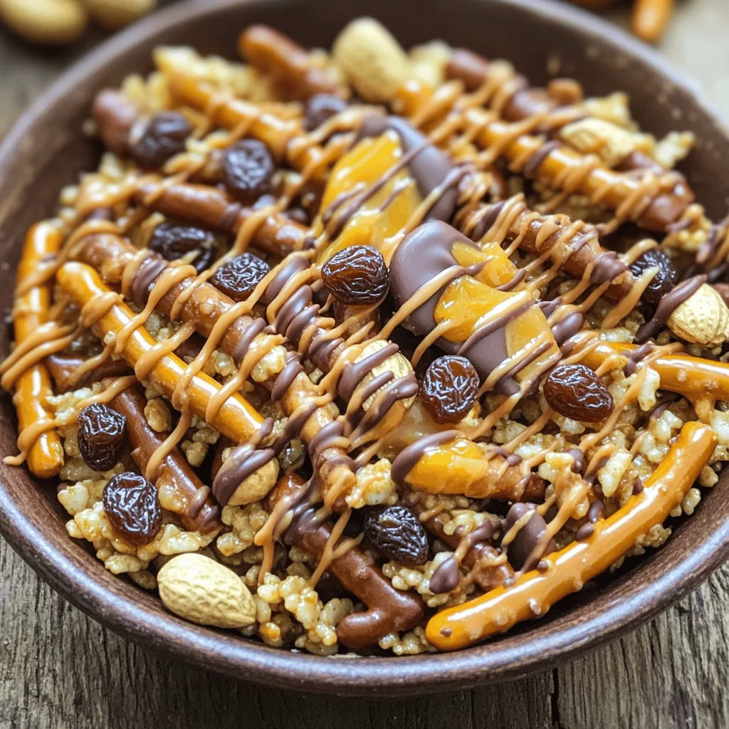 - Reisflocken: Welche Sorten verwenden? Ich empfehle, Reisflocken wie Crispix zu nutzen. Sie bieten einen tollen Crunch. Diese Flocken sind leicht und sehr knusprig. Sie halten die Mischung locker und luftig. - Nüsse: Beste Optionen für Geschmack und Textur Für den besten Snackmix wähle eine Mischung aus Mandeln, Cashews und Walnüssen. Diese Nüsse bringen viel Geschmack und eine schöne Textur. Mandeln sind knackig, Cashews sind cremig, und Walnüsse haben einen tollen Biss. - Süße Zutaten: Erdnussbutter, Honig und Vanilleextrakt Erdnussbutter ist der Star in diesem Rezept. Sie gibt eine cremige Basis. Honig bringt Süße und macht alles zusammenkleben. Ein Hauch Vanilleextrakt rundet den Geschmack ab. Die Mischung ist einfach und lecker. Um die vollständige Anleitung zu erhalten, schau dir das [Full Recipe] an. Zuerst mischen wir die trockenen Zutaten. Nimm eine große Rührschüssel. Füge die Reisflocken, die gemischten Nüsse, die Brezelstangen und die schokoladenüberzogenen Rosinen oder M&M's hinzu. Rühre sanft um, bis sich alles gut vermischt. Dies gibt der Mischung eine schöne Textur. Jetzt bereiten wir die Erdnussbuttermischung vor. Nimm einen kleinen Topf und stelle ihn auf niedrige Hitze. Gib die Erdnussbutter, den Honig, den Vanilleextrakt und eine Prise Salz in den Topf. Rühre die Mischung 2 bis 3 Minuten lang, bis sie glatt und gut vermischt ist. Achte darauf, dass sie nicht anbrennt. Gieße die warme Erdnussbuttermischung über die trockenen Zutaten in der Schüssel. Nimm einen Spatel und falte die Mischung vorsichtig zusammen. So wird jede Zutat gut mit der Erdnussbutter überzogen. Jetzt verteile die Mischung gleichmäßig auf ein mit Backpapier ausgelegtes Backblech. Achte darauf, dass alles gut verteilt ist. So kann der Snackmix gleichmäßig abkühlen. Lass den Snackmix bei Raumtemperatur etwa 30 Minuten abkühlen. Wenn er kalt ist, kannst du ihn leicht in Klumpen brechen. Der Snackmix schmeckt am besten, wenn du ihn in einem luftdichten Behälter aufbewahrst. So bleibt er bis zu einer Woche frisch. Um den perfekten Snackmix zu machen, sollten wir einige Dinge beachten. - Vermeidung von klebrigen Zutaten: Verwenden Sie keine zu feuchten oder klebrigen Zutaten. Das macht die Mischung schwer. Halten Sie sich an die angegebenen Mengen. Zu viel Erdnussbutter oder Honig macht alles schwer. - Optimale Mischmethode für gleichmäßige Bekleidung: Mischen Sie die trockenen Zutaten zuerst. Rühren Sie sie gut um. Gießen Sie dann die Erdnussbuttermischung langsam hinzu. Benutzen Sie einen großen Spatel, um alles gut zu vermengen. Seien Sie vorsichtig, nicht zu stark zu drücken, damit die Mischung luftig bleibt. Es gibt viele Möglichkeiten, den Snackmix zu verändern und anzupassen. - Ergänzungen und Anpassungen des Rezepts: Fügen Sie getrocknete Früchte hinzu. Cranberries oder Aprikosen geben einen tollen Geschmack. Sie können auch andere Nüsse verwenden, wie Pistazien oder Haselnüsse. - Rezept für schokoladenfreie Alternativen: Wenn Sie keine Schokolade mögen, lassen Sie sie weg. Stattdessen können Sie Zimt oder Kokosraspeln hinzufügen. Das bringt neue Aromen in den Snackmix ohne Schokolade. Für das vollständige Rezept schauen Sie sich die Anleitung an. {{image_4}} Um den Peanut Butter Chocolate Snack Mix frisch zu halten, ist die Lagerung wichtig. Ich empfehle, den Snackmix in einem luftdichten Behälter aufzubewahren. Dadurch bleibt die Mischung knusprig und lecker. Wenn du ihn in einem normalen Behälter lagerst, kann Luft eindringen. Das macht die Nüsse und Reisflocken weich. Die Haltbarkeit beträgt etwa eine Woche. Nach dieser Zeit kann der Snackmix an Frische verlieren. Du wirst merken, dass die Textur nicht mehr so gut ist. Wenn du länger aufbewahren möchtest, friere die Mischung ein. So bleibt sie bis zu drei Monate frisch. Feuchtigkeit ist der Feind von knusprigen Snacks. Um dies zu vermeiden, halte den Behälter stets gut verschlossen. Vermeide, den Mix in der Nähe von Wärmequellen oder in der Nähe von nassen Orten aufzubewahren. Ein guter Tipp ist, ein kleines Päckchen Silikagel in den Behälter zu legen. Das hilft, die Feuchtigkeit zu absorbieren. So bleibt der Snackmix knackig. Wenn du die Mischung nach dem Öffnen nicht sofort isst, schau regelmäßig nach, ob sie noch frisch aussieht und riecht. Eine Portion von diesem Erdnussbutter-Schokoladen Snackmix hat etwa 200 Kalorien. Diese Kalorien setzen sich aus verschiedenen Makronährstoffen zusammen: - Kohlenhydrate: 24 g - Fette: 10 g - Proteine: 6 g Die Kohlenhydrate stammen hauptsächlich von den Reisflocken und dem Honig. Die Fette kommen vor allem aus den Nüssen und der Erdnussbutter. Diese Mischung sorgt für einen guten Energieschub und hält dich bis zur nächsten Mahlzeit satt. Die Zutaten in diesem Snackmix bieten viele Nährstoffe. Nüsse sind reich an gesunden Fetten, Vitaminen und Mineralien. Hier sind einige Vorteile der Nüsse und der Erdnussbutter: - Erdnussbutter: Sie ist eine großartige Proteinquelle. Sie enthält auch Ballaststoffe, die gut für die Verdauung sind. - Nüsse: Mandeln und Cashews sind reich an Antioxidantien. Sie helfen, das Herz gesund zu halten. - Honig: Er hat natürliche antibakterielle Eigenschaften und liefert schnelle Energie. Diese Zutaten machen deinen Snack lecker und gesund. Wenn du mehr über die Vorteile der einzelnen Zutaten erfahren möchtest, schau dir die [Full Recipe] an. Du kannst den Snackmix ganz einfach anpassen. Wenn du Allergien hast, wähle Nüsse, die du verträgst. Statt gemischter Nüsse kannst du auch Sonnenblumenkerne verwenden. Das ist eine tolle Option für Nussallergiker. Magst du keine Rosinen? Tausche sie gegen getrocknete Cranberries oder Schokoladenstückchen aus. Du kannst sogar verschiedene Erdnussbutter-Sorten ausprobieren. Crunchy oder cremig? Die Wahl liegt bei dir! Ja, du kannst diesen Snackmix gut vorbereiten. Die Zubereitung dauert nur etwa 15 Minuten. Nach dem Abkühlen kannst du ihn in einem luftdichten Behälter lagern. So bleibt er frisch und knusprig. Lagere ihn bei Raumtemperatur. Er hält sich bis zu einer Woche. Wenn du es eilig hast, bereite eine große Menge vor und genieße sie die ganze Woche über. Fertige Snackmischungen findest du in vielen Supermärkten. Achte auf die Snacks in der Süßwarenabteilung. Marken wie Nature Valley oder Trader Joe's bieten leckere Optionen. Du kannst auch online nachsehen. Viele Shops bieten die Mischung an. Wenn du Zeit hast, probiere unser Rezept für einen frischen Snackmix. So weißt du genau, was drin ist! Dieser Snackmix ist einfach zu machen und lecker. Wir haben gesunde Zutaten wie Reisflocken, Nüsse und süße Extras verwendet. Die Schritt-für-Schritt-Anleitung zeigt dir, wie du die perfekte Mischung zubereitest. Du lernst auch, wie du sie richtig lagerst, um die Frische zu erhalten. Experimentiere mit Variationen, um den Mix ganz nach deinem Geschmack zu gestalten. Denk daran, die Nährwertinformationen zu beachten, um gesunde Entscheidungen zu treffen. Viel Spaß beim Snacken!