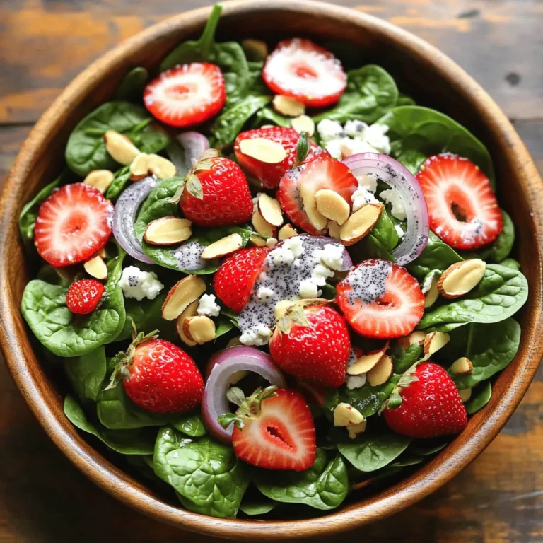 Für deinen Erdbeer-Bliss Spinat-Salat benötigst du frische, gesunde Zutaten. Hier sind die Hauptbestandteile, die du brauchst: - 4 Tassen frische Baby-Spinatblätter - 1 Tasse frische Erdbeeren, entstielt und in Scheiben geschnitten - 1/2 Tasse Ziegenkäse, zerbröselt - 1/4 Tasse geschnittene Mandeln, geröstet - 1/4 rote Zwiebel, dünn geschnitten - 1/4 Tasse Mohnsamen Dieser Salat bringt sowohl Farben als auch Geschmack auf deinen Tisch. Baby-Spinat ist zart und nährstoffreich. Erdbeeren sorgen für eine süße Note. Ziegenkäse gibt eine cremige Textur. Geröstete Mandeln verleihen Crunch und Geschmack. Das Dressing ist einfach und schnell zuzubereiten. Hier sind die Zutaten, die du brauchst: - 1/3 Tasse Olivenöl - 1/4 Tasse Honig - 2 Esslöffel Apfelessig - 1 Teelöffel Dijon-Senf - Salz und Pfeffer nach Geschmack Dieses Dressing ist süß und leicht sauer. Es passt perfekt zum Salat. Olivenöl ist gesund und gibt einen guten Geschmack. Honig bringt Süße, während Apfelessig Frische hinzufügt. Du kannst den Salat nach deinem Geschmack anpassen. Hier sind einige Vorschläge für Toppings und Beilagen: - Avocado-Scheiben für mehr Cremigkeit - Gehackte Walnüsse für einen anderen Crunch - Frische Kräuter wie Minze oder Basilikum - Hähnchenbrust für eine proteinreiche Option Experimentiere mit diesen Toppings. So machst du den Salat noch interessanter. Du kannst auch das Full Recipe ausprobieren, um alle Schritte zu sehen. Um das Mohn-Dressing herzustellen, nimm eine kleine Schüssel oder ein Einmachglas. Füge 1/3 Tasse Olivenöl hinzu. Dann gib 1/4 Tasse Honig, 2 Esslöffel Apfelessig und 1 Teelöffel Dijon-Senf dazu. Würze mit Salz und Pfeffer nach Geschmack. Verquirle alles gut oder schüttle das Glas kräftig, bis die Zutaten schön vermischt sind. Das Dressing ist nun bereit und du kannst es beiseite stellen. Beginne mit 4 Tassen frischen Baby-Spinatblättern. Lege sie in eine große Salatschüssel. Jetzt füge 1 Tasse geschnittene Erdbeeren hinzu. Streue 1/2 Tasse zerbröselten Ziegenkäse darüber. Dann kommen 1/4 Tasse geröstete Mandeln und 1/4 dünn geschnittene rote Zwiebel. Diese Mischung sieht nicht nur toll aus, sondern schmeckt auch köstlich. Vor dem Servieren träufle das Mohn-Dressing über den Salat. Vermenge alles vorsichtig, damit die Zutaten gut verteilt sind. Um den Salat zu vollenden, bestreue ihn mit den gerösteten Mandeln. Du kannst den Salat auf einer großen Platte oder in individuellen Schalen anrichten. Eine ganze Erdbeere und ein Hauch von Mohnsamen auf jeder Portion sorgen für den letzten Schliff. Guten Appetit! Um den Erdbeer-Spinat-Salat perfekt zu machen, achte auf frische Zutaten. Wähle Babyspinatblätter, die knackig und grün sind. Die Erdbeeren sollten leuchtend rot und süß sein. Je frischer, desto besser der Geschmack. Hier sind einige Tipps, um frische Zutaten zu finden: - Spinat: Kaufe Bio-Babyspinat, wenn möglich. Dieser hat mehr Geschmack und Nährstoffe. - Erdbeeren: Suche nach lokalen Erdbeeren in der Saison. Diese sind oft süßer. - Ziegenkäse: Verwende frischen Ziegenkäse. Er gibt dem Salat eine cremige Textur. - Mandeln: Röste die Mandeln selbst. So sind sie frisch und lecker. Ein paar häufige Fehler können den Geschmack ruinieren: - Zutaten mischen: Mische das Dressing nicht zu früh. Es kann den Salat weich machen. - Zwiebeln: Verwende nicht zu viele Zwiebeln. Sie können den Geschmack überdecken. - Dressing: Gieße das Dressing erst kurz vor dem Servieren über den Salat. So bleibt alles frisch. Mit diesen Tipps wird dein Erdbeer-Spinat-Salat einfach köstlich. Probiere das Rezept für den Erdbeer-Bliss Spinat-Salat aus. {{image_4}} Wenn du eine vegane Option suchst, kannst du den Ziegenkäse ersetzen. Nutze stattdessen zerdrückte Avocado oder eine hausgemachte Cashew-Creme. Beide geben eine cremige Textur. Für zusätzlichen Geschmack füge geröstete Sonnenblumenkerne hinzu. Sie bieten einen tollen Crunch. Du kannst den Salat leicht anpassen, indem du andere Früchte oder Gemüse hinzufügst. Probiere Kiwi, Mango oder sogar Blaubeeren. Sie bringen mehr Farbe und Geschmack. Füge auch einige Gurkenscheiben für Frische hinzu. Diese Kombinationen machen den Salat noch spannender. Das Mohn-Dressing ist köstlich, aber du kannst auch andere Dressings ausprobieren. Ein einfaches Balsamico-Dressing passt gut dazu. Mische Balsamico-Essig mit Olivenöl und Honig. Für eine würzigere Variante füge etwas Chili-Pulver hinzu. Experimentiere und finde deine Lieblingskombination. Vertraue mir, es wird lecker! Für das komplette Rezept schaue dir den [Full Recipe] an. Um deinen Erdbeer-Bliss Spinat-Salat frisch zu halten, lagere ihn in einem luftdichten Behälter. Achte darauf, die Zutaten getrennt aufzubewahren. So bleibt der Salat knackig. Du kannst den Salat bis zu zwei Tage im Kühlschrank aufbewahren. Frische Zutaten sind der Schlüssel zu jedem guten Salat. Babyspinat hält sich etwa drei bis fünf Tage im Kühlschrank. Erdbeeren sollten innerhalb von zwei bis drei Tagen verzehrt werden, da sie schnell verderben. Ziegenkäse bleibt etwa eine Woche frisch, wenn er gut verpackt ist. Die Mandeln kannst du bis zu einem Monat lagern, wenn sie kühl und trocken sind. Das Mohn-Dressing kannst du in einem separaten Behälter aufbewahren. Es bleibt bis zu einer Woche frisch im Kühlschrank. Schüttle es vor dem Servieren gut, damit es wieder gleichmäßig wird. Wenn du das Dressing länger aufbewahren möchtest, kannst du die Zutaten auch getrennt lagern und frisch zubereiten, wenn du es brauchst. Die Kombination aus frischen Zutaten und dem Dressing sorgt für den besten Geschmack. Für das komplette Rezept, schau dir die [Full Recipe] an. Ja, du kannst den Salat im Voraus zubereiten. Es ist am besten, die Zutaten getrennt zu lagern. So bleibt der Spinat frisch und knusprig. Mische das Dressing erst kurz vor dem Servieren. So vermeidest du, dass der Salat matschig wird. Bereite die Erdbeeren und den Ziegenkäse vorher vor. Die Mandeln kannst du ebenfalls rösten und aufbewahren. Wenn du keinen Ziegenkäse magst, gibt es tolle Alternativen. Feta-Käse ist eine gute Wahl. Er hat einen ähnlichen Geschmack und eine ähnliche Textur. Auch Hüttenkäse kann passen, wenn du es leichter magst. Veganer Käse ist eine Option, wenn du pflanzlich bleiben willst. Frischkäse oder Ricotta sind ebenfalls lecker. Probiere es aus und finde deinen Favoriten. Ja, das Mohn-Dressing passt zu vielen anderen Salaten. Es ergänzt frische Blattsalate, Obstsalate und sogar Nudelsalate. Du kannst es auch für einen einfachen grünen Salat verwenden. Die süße Note des Dressings hebt die Aromen hervor. Experimentiere mit verschiedenen Zutaten, um neue Geschmackskombinationen zu entdecken. Das Dressing ist vielseitig und lecker. Du findest viele Möglichkeiten, es zu nutzen. Schau dir die [Full Recipe] an, um mehr zu lernen. Der Erdbeer-Bliss Spinat-Salat bietet eine frische und köstliche Kombination. Wir haben die Hauptzutaten, das leckere Mohn-Dressing und coole Toppings besprochen. Die Schritt-für-Schritt-Anleitung hilft dir, schnell loszulegen. Mit unseren Tipps und Tricks wird dein Salat perfekt. Denke an Variationen und die besten Lagerungshinweise für die Haltbarkeit. Dieser Salat ist einfach toll und vielseitig. Probiere es aus und entdecke neue Geschmäcker!