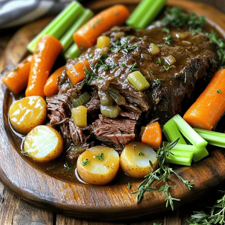 Für einen perfekten zartschmelzenden Rinderbraten benötigen Sie folgende Hauptzutaten: - 1,5-1,8 kg Rinderbraten (Braschkerl) - 2 Esslöffel Olivenöl - 1 große Zwiebel, gehackt - 4 Knoblauchzehen, fein gehackt - 4 große Karotten, in Scheiben geschnitten - 3 Stangen Sellerie, gehackt - 500 ml Rinderbrühe - 1 Esslöffel Worcestershire-Sauce - 1 Esslöffel Sojasauce - 2 Teelöffel getrockneter Thymian - 1 Teelöffel getrockneter Rosmarin - Salz und Pfeffer nach Geschmack - 2 Lorbeerblätter - 500 g Babykartoffeln, halbiert Diese Zutaten bilden die Basis für einen saftigen Rinderbraten. Das Fleisch bringt viel Geschmack mit. Das Gemüse sorgt für eine aromatische Ergänzung. Gewürze und Marinade sind wichtig, um den Braten zu würzen. Ich verwende eine Mischung aus Thymian und Rosmarin. Diese Kräuter geben einen tollen Geschmack. Die Worcestershire- und Sojasauce sorgen für zusätzliche Tiefe. Sie können auch andere Gewürze hinzufügen, wenn Sie möchten. Paprika oder Kreuzkümmel können spannende Aromen hinzufügen. Marinieren Sie das Fleisch am besten über Nacht. Das macht es noch zarter. Zu einem zartschmelzenden Rinderbraten passen viele Beilagen. Klassisch sind Kartoffeln und Gemüse ideal. Babykartoffeln sind einfach zu machen und passen gut. Sie nehmen die Aromen der Brühe auf. Sie können auch ein frisches Brot dazu servieren. Das Brot kann die köstliche Sauce aufnehmen. Wenn Sie mehr Textur wollen, nutzen Sie grüne Bohnen oder Rosenkohl als Beilage. Für das vollständige Rezept schauen Sie sich die [Full Recipe] an. Zuerst heize deinen Ofen auf 150°C vor. Diese niedrige Hitze hilft dem Braten, zart zu werden. Nimm dann dein Rinderbratenstück und würze es gut mit Salz und Pfeffer. So schmeckt das Fleisch besser. Du brauchst auch frisches Gemüse. Hacke eine große Zwiebel und vier Knoblauchzehen. Schneide vier große Karotten in Scheiben. Hacke drei Stangen Sellerie. Bereite auch 500 g Babykartoffeln vor. Halbiere sie, damit sie gleichmäßig garen. Erhitze zwei Esslöffel Olivenöl in einem großen Bräter. Wenn das Öl heiß ist, lege den Rinderbraten hinein. Brate das Fleisch von allen Seiten an, bis es schön braun ist. Das dauert etwa 4-5 Minuten. Nimm den Braten heraus und lege ihn beiseite. Gib nun die gehackte Zwiebel und den Knoblauch in den Bräter. Brate sie an, bis sie duften. Das dauert etwa 3-4 Minuten. Dann füge die Karotten und den Sellerie hinzu. Rühre alles für zwei Minuten um. Jetzt ist es Zeit für die Brühe! Gieße 500 ml Rinderbrühe in den Bräter. Füge einen Esslöffel Worcestershire-Sauce und einen Esslöffel Sojasauce hinzu. Streue zwei Teelöffel getrockneten Thymian und einen Teelöffel Rosmarin hinein. Lege zwei Lorbeerblätter dazu. Rühre alles um und bringe es zum Simmern. Lege den angebratenen Rinderbraten wieder in den Bräter. Achte darauf, dass das Fleisch in der Flüssigkeit liegt. Platziere die halbierten Babykartoffeln rund um den Braten. Decke den Bräter ab und stelle ihn in den Ofen. Lass das Gericht 3-4 Stunden garen, bis das Fleisch zart ist. Nach dem Garen entferne den Bräter vorsichtig aus dem Ofen. Lass den Braten 15 Minuten ruhen, bevor du ihn aufschneidest. Du kannst das Rezept genauer nachlesen im Full Recipe. Um den Rinderbraten zart und saftig zu halten, ist die Vorbereitung entscheidend. Achten Sie darauf, das Fleisch vor dem Braten gut zu würzen. Salz zieht die Feuchtigkeit an und sorgt für Geschmack. Hier sind einige weitere Tipps: - Niedrige Temperatur: Kochen Sie bei niedriger Temperatur, etwa 150°C. So bleibt das Fleisch zart. - Lange Garzeit: Lassen Sie den Braten 3 bis 4 Stunden garen. Geduld zahlt sich aus. - Deckel verwenden: Decken Sie den Bräter ab. Dadurch bleibt die Feuchtigkeit im Topf. Einige Fehler können den perfekten Braten ruinieren. Hier sind häufige Fehler und Tipps, sie zu vermeiden: - Zu hohe Hitze: Hohe Hitze kann das Fleisch austrocknen. Nutzen Sie mittlere bis niedrige Hitze. - Fleisch zu früh schneiden: Lassen Sie den Braten nach dem Garen ruhen. So verteilt sich der Saft besser. - Nicht genug Flüssigkeit: Achten Sie darauf, genug Brühe zu verwenden. Das Fleisch braucht Feuchtigkeit. Die richtigen Küchengeräte machen das Kochen einfacher. Hier sind einige, die ich empfehle: - Großer Bräter: Ein schwerer Bräter hilft, die Wärme gleichmäßig zu verteilen. - Kochlöffel: Ein stabiler Kochlöffel ist wichtig zum Rühren. - Fleischthermometer: Damit können Sie die Kerntemperatur des Fleisches überprüfen. Für das vollständige Rezept und weitere Details, schauen Sie sich bitte das Full Recipe an. {{image_4}} Wenn Sie den Geschmack vertiefen wollen, probieren Sie Rotwein. Er gibt dem Braten eine reiche Tiefe. Ersetzen Sie einfach einen Teil der Rinderbrühe durch Rotwein. Ein trockener Rotwein wie Merlot oder Cabernet Sauvignon funktioniert gut. Kochen Sie den Wein zusammen mit dem Gemüse, um die Aromen zu verbinden. Das Ergebnis ist ein Rinderbraten, der noch mehr Geschmack hat. Das schöne an einem Rinderbraten ist die Vielseitigkeit. Sie können viele Gemüsesorten hinzufügen. Pastinaken, Zucchini oder sogar Pilze passen gut. Diese Gemüse geben dem Gericht neue Aromen und Texturen. Schneiden Sie sie in Stücke und fügen Sie sie zum Braten hinzu. So wird Ihr Braten bunter und nährstoffreicher. Experimentieren Sie mit verschiedenen Kombinationen und finden Sie Ihre Lieblingsmischung. Obwohl Rinderbraten klassisch ist, können Sie auch andere Fleischsorten verwenden. Schweinebraten oder Lamm sind gute Alternativen. Diese Fleischsorten benötigen vielleicht andere Garzeiten, also seien Sie vorsichtig. Achten Sie darauf, dass Sie das Fleisch gut würzen. Die Zubereitungsmethode bleibt gleich, und Sie erhalten ein ebenso zartes Gericht. Lassen Sie Ihrer Kreativität freien Lauf und entdecken Sie neue Geschmäcker. Das Rezept für den zartschmelzenden Rinderbraten finden Sie in der [Full Recipe]. Um deinen Rinderbraten frisch zu halten, lege ihn in einen luftdichten Behälter. Achte darauf, dass der Braten vollständig abgekühlt ist, bevor du ihn verpackst. So vermeidest du, dass Feuchtigkeit entsteht. Du kannst auch Folie verwenden, um den Braten einzuwickeln. Stelle sicher, dass du ihn innerhalb von drei Tagen verzehrst. Um den Rinderbraten wieder warm zu machen, lege ihn in eine Auflaufform. Gieße etwas von der Kochbrühe darüber, um ihn saftig zu halten. Decke die Form mit Alufolie ab, damit der Braten nicht austrocknet. Erhitze ihn im Ofen bei 150°C für etwa 20 bis 30 Minuten. Prüfe die Temperatur, um sicherzustellen, dass er gut durchwärmt ist. Rinderbraten hält sich im Kühlschrank bis zu drei Tage. Du kannst ihn auch einfrieren, wenn du ihn länger aufbewahren möchtest. Schneide den Braten in Portionen, um die Aufbewahrung zu erleichtern. Wickel jede Portion gut ein und lege sie in einen Gefrierbeutel. So hält er sich bis zu drei Monate im Gefrierfach. Vermeide es, den Braten mehrmals aufzutauen und wieder einzufrieren. Ein Rinderbraten braucht in der Regel 3 bis 4 Stunden. Die Garzeit hängt von der Größe des Bratens ab. Ein kleiner Braten kann schneller fertig sein. Ein größerer Braten braucht mehr Zeit. Du solltest den Braten bis zur Zartheit garen. Die richtige Temperatur ist wichtig. Ich empfehle 150°C im Ofen. So bleibt das Fleisch zart und saftig. Für einen zartschmelzenden Rinderbraten ist ein Braschkerl ideal. Es hat genug Fett und Bindegewebe. Das sorgt für den guten Geschmack. Du kannst auch Rinderbrust oder Schulter nehmen. Diese Stücke sind ebenfalls sehr gut. Sie machen den Braten zart und saftig. Achte darauf, frisches Fleisch zu kaufen. So wird dein Braten noch besser. Ja, du kannst den Rinderbraten im Slow Cooker machen. Das ist eine tolle Methode. Sie hilft, das Fleisch zart zu halten. Stelle die Temperatur auf niedrig für 8 bis 10 Stunden. So kannst du den Braten einfach zubereiten. Du kannst die gleiche Marinade verwenden. Achte darauf, genug Flüssigkeit hinzuzufügen. Das macht den Braten saftig und lecker. Wenn du mehr Details willst, schaue dir das Full Recipe an. Ein Zartschmelzender Rinderbraten ist ein großartiges Gericht, das jeder lieben wird. Wir haben die Hauptzutaten, die Zubereitung und viele Tipps zur perfekten Garung besprochen. Auch Variationen und Lagermethoden wurden behandelt. Mit diesen Informationen sind Sie bereit, einen fantastischen Braten zuzubereiten. Denken Sie daran, auf die Details zu achten, um zarten Geschmack zu garantieren. Viel Spaß beim Kochen und Genießen dieses leckeren Gerichts!