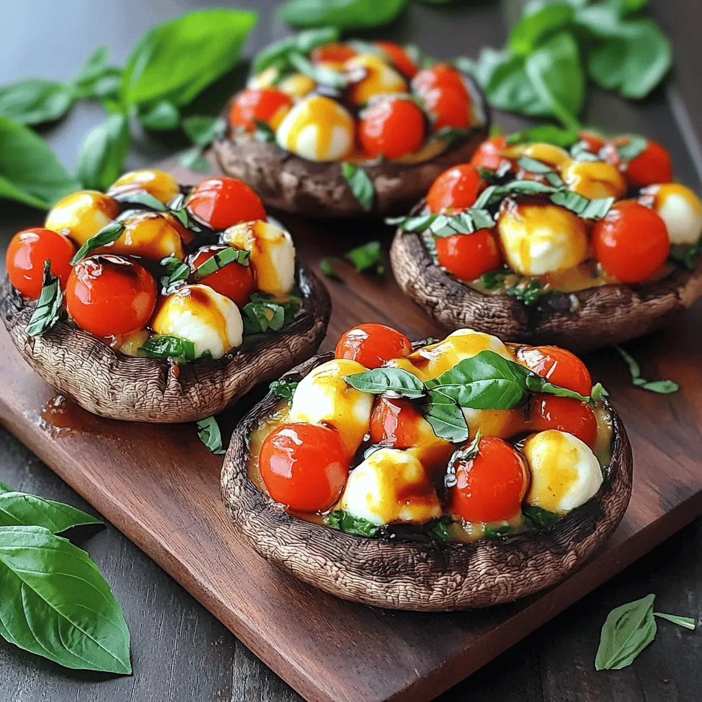 Um köstliche Caprese Stuffed Portobellos zuzubereiten, brauchst du folgende Zutaten: - 4 große Portobello-Pilze, Stiele entfernt - 2 Tassen Cherry-Tomaten, halbiert - 1 Tasse frische Mozzarella-Bällchen, halbiert - 1 Tasse frische Basilikumblätter, grob gehackt - 3 Esslöffel Balsamico-Glasur - 2 Esslöffel Olivenöl - 1 Teelöffel Knoblauchpulver - Salz und Pfeffer nach Geschmack - Optional: 1/4 Tasse geriebener Parmesan für das Topping Die Qualität der Zutaten macht einen großen Unterschied. Verwende frische, reife Tomaten. Diese bringen mehr Geschmack. Achte beim Mozzarella auf die Qualität. Frischer Mozzarella hat eine bessere Textur und einen volleren Geschmack. Auch die Portobello-Pilze sollten groß und fest sein. So bleibt die Füllung gut in den Pilzen. Du kannst die Füllung leicht verändern. Füge ein wenig rote Zwiebel für mehr Schärfe hinzu. Ein paar Oliven geben einen salzigen Geschmack. Du magst es scharf? Probiere etwas rote Paprika oder Chili. Füge auch Nüsse wie Pinienkerne hinzu. Das gibt einen tollen Crunch. Mit diesen Ergänzungen machst du dein Gericht noch spannender. Zuerst heize deinen Ofen auf 190 °C (375 °F) vor. Dies sorgt für eine gleichmäßige Hitze. Dann reinige die Portobello-Pilze. Nutze ein feuchtes Tuch, um Schmutz zu entfernen. Lege die Pilze mit der Kappeninnenseite nach oben auf ein Backblech. So können sie gut gefüllt werden. Nimm eine große Rührschüssel für die Füllung. Füge die halbierten Cherry-Tomaten hinzu. Dann kommen die Mozzarella-Bällchen dazu. Gib die grob gehackten Basilikumblätter in die Schüssel. Jetzt kommt das Olivenöl und die Gewürze: Knoblauchpulver, Salz und Pfeffer. Mische alles gut. Diese Füllung wird frisch und lecker. Löffle die Füllung in jede Portobello-Kappe. Sei großzügig, damit jeder Bissen voll ist. Träufle die Balsamico-Glasur über die gefüllten Pilze. Das gibt einen tollen Geschmack. Wenn du magst, bestreue die Pilze mit geriebenem Parmesan. Jetzt sind sie bereit für den Ofen. Backe die Pilze für 20-25 Minuten. Sie sind fertig, wenn sie zart sind und der Käse geschmolzen ist. Lass die Pilze nach dem Backen kurz abkühlen. So servierst du sie besser. Für das Full Recipe findest du weitere Details zur Zubereitung und den Mengenangaben. Ein häufiger Fehler ist, die Portobello-Pilze nicht richtig zu reinigen. Verwende ein feuchtes Tuch, um Schmutz zu entfernen. Vermeide es, sie unter Wasser zu halten, da sie Feuchtigkeit aufnehmen. Dies macht die Pilze matschig. Achte darauf, die Pilze gleichmäßig zu füllen. Zu wenig Füllung macht sie trocken, während zu viel dazu führt, dass sie überlaufen. Um den Geschmack deiner gefüllten Pilze zu verstärken, kannst du frischen Knoblauch anstelle von Knoblauchpulver verwenden. Das gibt einen kräftigen und frischen Kick. Ein Spritzer Zitronensaft in die Füllung sorgt für eine angenehme Säure. Du kannst auch geröstete Pinienkerne oder Walnüsse hinzufügen. Diese geben einen nussigen Geschmack und tollen Crunch. Die Präsentation ist wichtig. Garniere deine gefüllten Portobellos mit frischen Basilikumblättern. Ein Spritzer Balsamico-Glasur auf dem Teller sieht ansprechend aus. Stelle die Pilze auf ein schönes, farbenfrohes Servierbrett. Das macht das Gericht noch einladender. Wenn du Parmesan verwendest, streue ihn kurz vor dem Servieren darüber, damit er schön schmilzt. Für das vollständige Rezept schaue dir die Anleitung in der Hauptsektion an. {{image_4}} Die Caprese gefüllten Portobellos sind von Natur aus vegetarisch. Du kannst sie leicht anpassen. Füge mehr Gemüse hinzu, wie Zucchini oder Paprika. Diese Gemüsesorten bringen frische Aromen. Du kannst auch eine Schicht Pesto unter die Füllung legen. Das gibt der Mischung einen besonderen Kick. So wird dein Gericht noch interessanter. Für Käseliebhaber gibt es viele Möglichkeiten. Statt Mozzarella kannst du Ziegenkäse oder Feta verwenden. Diese Käsesorten geben dem Gericht einen anderen Geschmack. Du könntest auch eine Mischung aus verschiedenen Käsesorten ausprobieren. Das sorgt für neue Geschmackserlebnisse. Vergiss nicht, Parmesan oben drauf zu streuen. So wird die Kruste schön knusprig. Nutze saisonale Zutaten für mehr Geschmack. Im Sommer sind frische Tomaten und Basilikum perfekt. Im Herbst kannst du Kürbis oder Spinat hinzufügen. Diese Zutaten geben deinem Gericht Farbe und Nährstoffe. Achte darauf, die Aromen auszubalancieren. So bleibt der Geschmack der Portobellos im Vordergrund. Experimentiere mit Kräutern wie Thymian oder Oregano. Sie bringen eine zusätzliche Frische in die Füllung. Für das vollständige Rezept, schau dir die [Full Recipe] an. Wenn du Reste von den Caprese gefüllten Portobellos hast, bewahre sie in einem luftdichten Behälter auf. Stelle sicher, dass die Pilze komplett abgekühlt sind, bevor du sie in den Behälter legst. So bleiben sie frisch. Du kannst die Reste bis zu drei Tage im Kühlschrank aufbewahren. Achte darauf, sie nicht einfach in den Kühlschrank zu legen. Das kann die Textur beeinträchtigen. Du kannst die gefüllten Pilze auch einfrieren, wenn du mehr als du benötigst gemacht hast. Lasse sie zuerst ganz abkühlen. Lege die Portobellos dann in einen gefrierfesten Behälter oder einen Zip-Lock-Beutel. Achte darauf, die Luft so gut wie möglich herauszudrücken. So verhindern wir Gefrierbrand. Die gefüllten Pilze halten sich bis zu drei Monate im Gefrierfach. Um die Reste aufzuheizen, lege die gefüllten Pilze auf ein Backblech. Heize deinen Ofen auf 180 °C (350 °F) vor. Backe die Pilze etwa 10 bis 15 Minuten lang. So werden sie gleichmäßig warm. Du kannst auch die Mikrowelle nutzen, aber achte darauf, sie nicht zu überhitzen. So bleibt der Käse schön schmelzend. Wenn du möchtest, kannst du frische Basilikumblätter darüber streuen, bevor du sie servierst. Gefüllte Portobellos halten sich im Kühlschrank etwa 3 bis 5 Tage. Bewahre sie in einem luftdichten Behälter auf. So bleiben sie frisch und lecker. Wenn du sie länger aufbewahren möchtest, friere sie ein. Achte darauf, dass sie gut verpackt sind, um Gefrierbrand zu vermeiden. Ja, du kannst die Füllung nach deinem Geschmack anpassen. Füge zum Beispiel Spinat oder Artischocken hinzu. Du kannst auch andere Käsesorten verwenden, wie Feta oder Gouda. Experimentiere mit Gewürzen, um neue Aromen zu entdecken. Lass deiner Kreativität freien Lauf! Ja, Caprese Stuffed Portobellos sind glutenfrei. Die Hauptzutaten wie Pilze, Tomaten und Mozzarella enthalten kein Gluten. Achte jedoch darauf, dass die Balsamico-Glasur und andere Zutaten ebenfalls glutenfrei sind. So kannst du sicher genießen, ohne dir Sorgen um Allergene zu machen. Zusammenfassend habe ich die Zutaten, die Zubereitung und die besten Tipps für gefüllte Pilze vorgestellt. Die Auswahl hochwertiger Zutaten macht einen großen Unterschied. Ich teile die besten Tricks, um häufige Fehler zu vermeiden. Variationen machen das Gericht spannend und passend für alle. Denke daran, Reste richtig zu lagern, um den Geschmack zu bewahren. Experimentiere mit verschiedenen Füllungen und genieße dein leckeres Gericht!