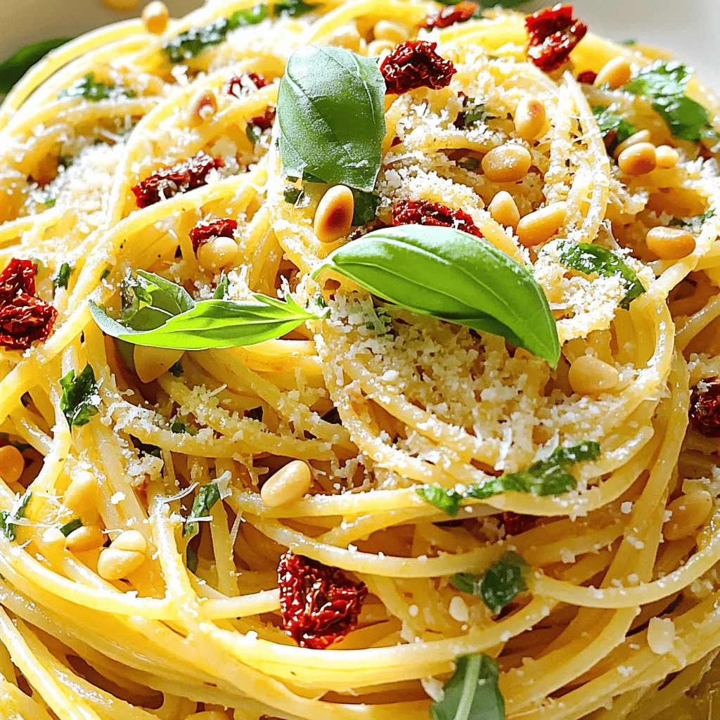 Um eine leckere Sonnengetrocknete Tomaten-Pasta zu machen, benötigst du einige Hauptzutaten. Diese Zutaten bringen viel Geschmack und Farbe in dein Gericht. Hier ist die Liste: - 225 g Spaghetti oder deine Lieblingsnudeln - 240 ml sonngetrocknete Tomaten (in Öl, abgetropft und gehackt) - 3 Knoblauchzehen, fein gehackt - 1/2 Tasse frische Basilikumblätter, grob gehackt - 1/4 Tasse frisch geriebener Parmesan (plus extra zum Servieren) - 1/4 Tasse Pinienkerne, geröstet - 60 ml Olivenöl - Salz und Pfeffer nach Geschmack - 1 TL zerstoßene rote Pfefferflocken (optional für Schärfe) - Frische Basilikumblätter zur Garnitur Die sonngetrockneten Tomaten geben der Pasta einen intensiven Geschmack. Der frische Basilikum bringt eine aromatische Note. Parmesan fügt eine cremige Textur hinzu, die das Gericht perfekt macht. Um die Aromen zu verstärken, kannst du zusätzliche Gewürze verwenden. Diese helfen, die Geschmäcker zu heben. Hier sind einige Vorschläge: - Zitronensaft für Frische - Oregano oder Thymian für mehr Tiefe - Ein Hauch von Balsamico für Süße Diese zusätzlichen Aromen passen gut zu den sonngetrockneten Tomaten. Du kannst sie nach Belieben hinzufügen. Wenn du nach gesünderen Optionen suchst, gibt es viele Möglichkeiten, die Zutaten zu ersetzen: - Verwende Vollkornnudeln statt herkömmlicher Nudeln für mehr Ballaststoffe. - Ersetze die Pinienkerne durch geröstete Sonnenblumenkerne für mehr Nährstoffe. - Nutze einen veganen Parmesan oder Hefeflocken, um das Gericht milchfrei zu machen. Mit diesen Alternativen bleibt der Geschmack toll und du erhältst einen gesunden Genuss. Du kannst die Zutaten nach deinem Geschmack anpassen. Die Ideen helfen dir, kreativ zu sein und die beste Sonnengetrocknete Tomaten-Pasta zu kreieren. Du findest die vollständige Rezeptanleitung in der [Full Recipe]. Um perfekte Nudeln zu kochen, fülle einen großen Topf mit Wasser. Füge etwas Salz hinzu. Das hilft, den Geschmack zu verbessern. Bring das Wasser zum Kochen. Gib die Spaghetti hinein und koche sie. Halte dich an die Zeit auf der Packung. Die Nudeln sollten al dente sein. Das bedeutet, sie sind weich, aber noch bissfest. Bevor du sie abgießt, bewahre 120 ml des Kochwassers auf. Dieses Wasser hilft später, die Soße zu binden. Erhitze in einer großen Pfanne das Olivenöl bei mittlerer Hitze. Füge den gehackten Knoblauch hinzu, wenn das Öl heiß ist. Sauté den Knoblauch für 30 Sekunden. Er sollte aromatisch sein, aber nicht verbrennen. Danach kommen die sonngetrockneten Tomaten in die Pfanne. Rühre die zerstoßenen roten Pfefferflocken unter, wenn du etwas Schärfe magst. Lass die Mischung 2-3 Minuten köcheln. So können sich die Aromen gut vermischen. Jetzt ist es Zeit, die Nudeln mit der Soße zu verbinden. Gib die abgetropften Spaghetti in die Pfanne. Mische alles gut durch. Füge nach und nach das aufbewahrte Nudelwasser hinzu. So wird die Soße cremiger und umhüllt die Nudeln perfekt. Nimm die Pfanne vom Herd und füge frische Basilikumblätter und geriebenen Parmesan hinzu. Mische alles gut. Schmecke die Mischung mit Salz und Pfeffer ab. Diese Schritte sorgen dafür, dass deine Sonnengetrocknete Tomaten-Pasta wirklich köstlich wird. Für das vollständige Rezept schaue dir die Anleitung im Full Recipe an. Beim Kochen von Pasta gibt es einige häufige Fehler. Ein großer Fehler ist, zu wenig Wasser zu verwenden. Das führt zu klebrigen Nudeln. Ein weiterer Fehler ist, die Pasta nicht salzig genug zu kochen. Salz im Wasser macht die Nudeln geschmackvoller. Die richtige Kochzeit ist auch wichtig. Koche die Nudeln bis sie al dente sind, also bissfest. So bleiben sie gut im Geschmack und in der Textur. Um die Aromen der Soße zu verstärken, nutze frische Kräuter. Basilikum passt gut zu sonngetrockneten Tomaten. Füge auch etwas Zitronensaft hinzu. Das gibt der Soße eine frische Note. Wenn du die Soße kochst, lass sie leicht köcheln. So verbinden sich die Aromen besser. Röstet die Pinienkerne vorher, um ihren Geschmack zu intensivieren. Das gibt deiner Pasta einen tollen Crunch. Serviere die Sonnengetrocknete Tomaten-Pasta sofort nach dem Kochen. Die Nudeln schmecken frisch und die Soße bleibt warm. Wenn du sie zu lange stehen lässt, wird die Pasta matschig. Du kannst die Pasta aber auch im Voraus zubereiten. Erwärme sie dann sanft in einer Pfanne. Füge etwas Nudelwasser hinzu, um die Soße wieder geschmeidig zu machen. So bleibt der Geschmack frisch. Für mehr Details schau dir das Full Recipe an. {{image_4}} Um die Sonnengetrocknete Tomaten-Pasta vegetarisch zu machen, kannst du einige einfache Änderungen vornehmen. Ersetze das Fleisch durch mehr Gemüse. Hier sind einige tolle Ideen: - Gegrillte Zucchini - Paprika, gewürfelt - Spinat oder Mangold Diese Zutaten bringen frische Farben und Aromen. Du kannst auch Käse wie Feta oder Mozzarella hinzufügen. Diese Käsesorten geben der Pasta eine cremige Note. Wenn du mehr Protein willst, füge Hühnchen oder Garnelen hinzu. Das ist einfach und lecker. - Für Hühnchen: Brate es in Stücke geschnitten in der Pfanne an. Füge es dann zur Pasta hinzu. - Für Garnelen: Brate sie ebenfalls in der Pfanne an, bis sie rosa sind. Beide Optionen passen gut zu den Sonnengetrockneten Tomaten. Sie machen das Gericht noch sättigender. Wenn du glutenfrei kochen möchtest, wähle glutenfreie Nudeln. Es gibt viele gute Optionen, die du im Supermarkt finden kannst. Achte darauf, dass du auch glutenfreie Zutaten verwendest. - Verwende frisches Gemüse - Achte auf die Gewürze So bleibt dein Gericht lecker und glutenfrei. Wenn du mehr über das Rezept erfahren möchtest, schau dir die Full Recipe an. Um deine übrig gebliebene Sonnengetrocknete Tomaten-Pasta frisch zu halten, lege sie in einen luftdichten Behälter. Das verhindert das Austrocknen und sorgt dafür, dass die Aromen erhalten bleiben. Wenn du die Pasta in Portionen teilst, kannst du einfach nur die Menge aufwärmen, die du benötigst. Beim Aufwärmen der Pasta gibt es zwei einfache Methoden. Du kannst sie in einer Pfanne mit etwas Olivenöl auf mittlerer Hitze erwärmen. Füge bei Bedarf ein wenig Wasser hinzu, um die Soße zu reaktivieren. Alternativ kannst du die Pasta auch in der Mikrowelle erwärmen. Decke sie mit einem feuchten Papiertuch ab, um ein Austrocknen zu verhindern. Im Kühlschrank hält sich die übrig gebliebene Pasta etwa 3 bis 5 Tage. Stelle sicher, dass der Behälter gut verschlossen ist. Wenn du die Pasta länger aufbewahren möchtest, friere sie in einem gefriergeeigneten Behälter ein. So bleibt sie bis zu 3 Monate frisch. Achte darauf, dass du die Pasta in Portionen einfrierst, damit du nur die Menge auftauen kannst, die du benötigst. Sonnengetrocknete Tomaten in Öl halten sich etwa eine Woche im Kühlschrank. Stelle sicher, dass sie immer gut bedeckt sind. Wenn du sie trocken lagerst, sind sie bis zu einem Jahr haltbar, solange du sie kühl und dunkel aufbewahrst. Ja, du kannst frische Tomaten verwenden! Die Textur wird anders sein, und der Geschmack wird frischer. Für ein ähnliches Aroma, röste die frischen Tomaten zuerst. So intensivierst du den Geschmack und schaffst eine köstliche Soße. Eine Portion Sonnengetrocknete Tomaten-Pasta hat etwa 400 bis 500 Kalorien. Kalorien variieren je nach Zutaten und Portionsgröße. Wenn du die Kalorien reduzieren möchtest, nutze weniger Öl oder Parmesan. Für genauere Werte schaue dir die [Full Recipe] an. Sonnengetrocknete Tomaten-Pasta ist ein einfaches und leckeres Gericht. Wir haben die Zutaten, Zubereitung und Variationen besprochen. Außerdem hast du gelernt, mögliche Fehler zu vermeiden und die Pasta optimal aufzubewahren. Denke daran, deine Aromen zu verstärken und gesunde Alternativen auszuprobieren. Mit diesen Tipps kannst du jedem ein köstliches Essen servieren. Koche mit Freude und teile deine Kreationen!