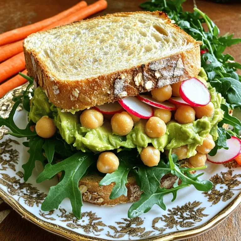 Für ein leckeres Smashed Avocado Chickpea Sandwich benötigst du folgende Zutaten: - 1 reife Avocado - 1 Tasse Kichererbsen aus der Dose, abgetropft und abgespült - 1 Esslöffel Zitronensaft - 1 kleine Knoblauchzehe, fein gehackt - 2 Esslöffel Tahini - Salz und Pfeffer nach Geschmack - 1/4 Teelöffel geräuchertes Paprikapulver - 4 Scheiben Vollkornbrot - Eine Handvoll Rucola oder Spinat Diese Zutaten sind einfach zu finden und bringen frische Aromen auf deinen Teller. Die Gewürze machen das Sandwich besonders. Hier sind die wichtigsten: - Salz: Es verstärkt den Geschmack der Zutaten. - Pfeffer: Fügt eine leichte Schärfe hinzu. - Geräuchertes Paprikapulver: Gibt dem Sandwich einen rauchigen, tiefen Geschmack. - Zitronensaft: Frischt die Aromen auf und bietet eine schöne Säure. Diese Gewürze sind einfach und sorgen für einen tollen Geschmack. Möchtest du dein Sandwich aufpeppen? Hier sind einige tolle Optionen: - In Scheiben geschnittene Radieschen: Sie bringen einen knackigen Biss. - Kirschtomaten: Sie fügen Süße und Saftigkeit hinzu. - Eingelegte rote Zwiebeln: Sie geben einen würzigen Kick und Farbe. Du kannst diese Toppings nach Belieben hinzufügen, um mehr Textur und Geschmack zu bekommen. Probiere verschiedene Kombinationen aus, um dein perfektes Sandwich zu finden. Zuerst benötigst du einige frische Zutaten. Nimm eine reife Avocado und eine Tasse Kichererbsen. Achte darauf, dass die Kichererbsen gut abgetropft und abgespült sind. Du brauchst auch einen Esslöffel Zitronensaft, eine kleine Knoblauchzehe, die du fein hackst, und zwei Esslöffel Tahini. Vergiss das Salz und den Pfeffer nicht. Das geräucherte Paprikapulver gibt dem Ganzen den besonderen Kick. Schließlich solltest du vier Scheiben Vollkornbrot und etwas frischen Rucola oder Spinat bereitstellen. Wenn du magst, kannst du auch Radieschen oder Kirschtomaten für das Topping nutzen. In einer großen Schüssel zerdrücke die reife Avocado mit einer Gabel. Du kannst sie ganz glatt oder stückig machen, je nach deinem Geschmack. Füge dann die Kichererbsen hinzu und zerdrücke sie vorsichtig mit der Avocado. Einige Kichererbsen dürfen ganz bleiben. Das gibt mehr Biss. Jetzt kommen der Zitronensaft, der Knoblauch, das Tahini, das geräucherte Paprikapulver, Salz und Pfeffer dazu. Mische alles gut, bis eine schöne, einheitliche Masse entsteht. Röste nun die Scheiben Vollkornbrot in einem Toaster oder in einer Pfanne. Sie sollten goldbraun und knusprig sein. Auf jede Scheibe verteile eine großzügige Portion der Avocado-Kichererbsen-Mischung. Garniere das Ganze mit einer Handvoll frischem Rucola oder Spinat. Wenn du magst, füge noch die optionalen Toppings wie Radieschen oder Kirschtomaten hinzu. Lege eine weitere Scheibe Brot darauf, wenn du ein ganzes Sandwich möchtest, oder serviere es offen. Für die Präsentation empfehle ich, das Sandwich auf einem schönen Teller zu servieren, vielleicht mit etwas frischer Petersilie und Karottensticks als Beilage. Du findest das gesamte Rezept in der Sektion „Full Recipe“. Für die perfekte Konsistenz zerdrücke ich die Avocado und Kichererbsen sanft. Ich mag es, wenn die Kichererbsen leicht stückig bleiben. So hat die Mischung mehr Textur. Wenn du eine glatte Paste willst, kannst du alles kräftig zerdrücken. Aber denke daran, etwas Struktur macht das Sandwich spannender. Ich wähle oft Vollkornbrot für meinen Smashed Avocado Chickpea Sandwich. Es hat einen tollen Geschmack und ist nahrhaft. Du kannst auch Roggenbrot oder glutenfreies Brot verwenden. Das Brot sollte gut toasten. So bleibt es knusprig und hält die Füllung zusammen. Um mehr Aroma hinzuzufügen, probiere frische Kräuter wie Petersilie oder Koriander. Diese Kräuter bringen Frische in dein Sandwich. Für zusätzliche Nährstoffe kannst du auch etwas Spinat oder Rucola einmischen. Das gibt nicht nur Geschmack, sondern auch wichtige Vitamine. Du kannst auch etwas Feta-Käse oder Avocado-Scheiben für mehr Cremigkeit und Geschmack hinzufügen. {{image_4}} Wenn du ein schnelles und gesundes Sandwich möchtest, kannst du viele Alternativen nutzen. Für eine vegetarische Option kannst du Feta-Käse hinzufügen. Das gibt deinem Sandwich einen reichen, salzigen Geschmack. Wenn du es vegan halten willst, lasse den Käse einfach weg. Du kannst stattdessen mehr Gewürze verwenden, um den Geschmack zu verbessern. Kichererbsen sind toll, aber andere Hülsenfrüchte passen auch gut. Du kannst schwarze Bohnen oder Linsen verwenden. Sie bieten einen anderen Geschmack und eine andere Textur. Achte darauf, die Bohnen gut abzuspülen. Das macht dein Sandwich frischer und gesünder. Experimentiere mit verschiedenen Hülsenfrüchten, um deinen Favoriten zu finden. Die Gewürze machen den Unterschied. Du kannst mit verschiedenen Aromen spielen. Zum Beispiel passt Kreuzkümmel gut zu Kichererbsen. Füge etwas Cayennepfeffer hinzu, wenn du es scharf magst. Auch frische Kräuter wie Koriander oder Petersilie geben deinem Sandwich Frische. So kannst du deinen eigenen Stil kreieren und jedes Mal ein neues Erlebnis schaffen. Wenn du Reste hast, bewahre sie in einem luftdichten Behälter auf. So bleiben die Aromen frisch. Stelle sicher, dass die Mischung nicht mit Luft in Kontakt kommt. Du kannst die Reste im Kühlschrank für bis zu drei Tage lagern. Wenn du den Geschmack und die Textur magst, ist es auch gut, das Brot separat zu lagern. So wird es nicht weich. Avocados neigen dazu, schnell braun zu werden. Um dies zu verhindern, füge etwas Zitronensaft hinzu. Der Saft hält die Avocado frisch und grün. Auch das Abdecken mit Frischhaltefolie kann helfen. Drücke die Folie direkt auf die Oberfläche der Mischung. So bleibt weniger Luft dran und die Farbe bleibt länger schön. Die Haltbarkeit der Zutaten ist wichtig für den Genuss deines Sandwiches. Avocados sind frisch am besten, wenn sie reif sind. Lagere sie bei Raumtemperatur, bis sie weich sind. Kichererbsen aus der Dose halten sich im Kühlschrank nach dem Öffnen etwa drei bis vier Tage. Tahini hat eine lange Haltbarkeit. Es bleibt bis zu einem Jahr haltbar, wenn du es geschlossen lagerst. Ein Smashed Avocado Chickpea Sandwich bleibt im Kühlschrank etwa 1 bis 2 Tage frisch. Avocado kann schnell braun werden, also isst es besser direkt. Wenn du das Sandwich länger aufbewahren willst, lagere die Füllung separat. So bleibt die Avocado frisch. Ja, du kannst die Füllung im Voraus machen! Bereite die Avocado und Kichererbsen-Mischung eine Stunde vorher zu. Bewahre sie in einem luftdichten Behälter im Kühlschrank auf. Das Brot solltest du erst kurz vor dem Servieren toasten. So bleibt alles frisch und lecker. Ein Avocado-Kichererbsen-Sandwich ist sehr nahrhaft. Es enthält gesunde Fette aus der Avocado, die gut für das Herz sind. Kichererbsen sind reich an Proteinen und Ballaststoffen. Gemeinsam bieten sie viele Vitamine und Mineralstoffe. Außerdem sind sie lecker und sättigend! Das Avocado-Kichererbsen-Sandwich bietet viele leckere Möglichkeiten. Wir haben die besten Zutaten, Gewürze und Toppings besprochen. Dann haben wir die Zubereitung und das Toasten Schritt für Schritt erklärt. Tipps helfen dir, die perfekte Mischung zu erhalten und Variationen auszuprobieren. Schließe Reste richtig ein, damit sie frisch bleiben. Vermeide Braunwerden der Avocado mit einfachen Tricks. Jetzt kannst du kreativ werden und deinen eigenen Genuss kreieren!